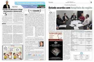 Prefeito de Sombrio, Zênio Cardoso (MDB),
conseguiu arrancar do candidato do MDB ao Go-
verno do Estado, Mauro Mariani, compromisso
de indicar alguém de nossa região para ocupar
uma Secretaria de Estado, ainda a ser definida,
caso seja eleito. De acordo com Zênio, com a
saída do governador Eduardo Moreira (MDB)
do comando do Estado no final do ano, o Sul
catarinense ficará órfão de representatividade.
“O deputado Manoel Mota (MDB), que era
nossa voz em Florianópolis, também não será
mais parlamentar. Uma Secretaria de Estado será
nossa tábua de salvação junto a um governo do
Mariani”, comenta Zênio.
Deputado federal Jorge Boeira (PP) parece
não ter digerido, ainda, decisão de seu partido
de ter se aliado ao PSD, apoiando a candidatura
a governador de Gelson Merisio. Vale lembrar
que se o Progressistas lançasse Esperidião Amin
ao governo, Boeira fatalmente seria candidato
ao Senado. A fora isto, o deputado também tem
restrições ao ex-governador Raimundo Colombo
(PSD), que teria prometido a ele investimentos
na educação de terceiro grau em Criciúma e não
cumprido. Este teria sido o principal motivo que
levou Boeira a deixar o PSD e ir para o PP, em
2013, depois de um ano e meio na sigla.Agora, o
parlamentar temdito que aindanão tem candidato
ao governo definido, e que só irá definir seu voto
depois de conhecer as propostas destes.
‘S
istema’continua falhando,
e feio, em sua tentativa
de barrar a eleição de
Jair Bolsonaro (PSL) à
Presidência da República.
Dia desses
o TSE impediu, de forma muito prematura,
o registro da candidatura de Lula da Silva (PT)
ao Palácio de Planalto, o que só serviu para que
Bolsonaro se consolidasse definitivamente como
um dos nomes dentro do segundo turno da eleição
presidencial. Agora, seguranças
pagos pelo governo não impediram que Bol-
sonaro sofresse um atentado, aumentando ainda
mais sua popularidade.
Aliadas a estas, foram tantas as outras falhas
cometidas pelos ‘sistema’, permitindo que Bolso-
naro chegasse aonde chegou, que, se não
estivéssemos no Brasil, daria até para descon-
fiar que os donos do poder estariam trabalhando
em favor do candidato do PSL, e não contra ele.
Por conta de tantas trapalhadas, a solução será
costurar uma grande aliança com vistas ao segundo
turno, numa espécie ‘um por todos,
e todos contra Bolsonaro’, independente de
quem vá com ele para a segunda etapa da eleição,
mesmo porque, para o ‘sistema’, não faz a menor
diferença ser representado por Ciro Gomes (PDT),
Marina Silva (Rede), Geraldo Alckmin (PSDB),
Fernando Haddad (PT),
ou quem quer que seja. O negócio é manter
a maracutaia, já institucionalizada em Brasilia.
Em passagem por nossa região no sábado, can-
didato ao Governo do Estado pelo MDB, Mauro
Mariani, preferiu se apegar em promessas gené-
ricas, falando da necessidade de investimentos
em infraestrutura, desenvolvimento econômico,
saúde, etc e tal. Nitidamente, foi bem orientado
a não enfatizar velhas e inconclusivas promes-
sas do MDB em nossa região, como é o caso
da pavimentação da Serra do Faxinal e a cons-
trução da Interpraias. Aliás, por ora, somente
Gelson Merisio (PSD) se comprometeu com
estas obras. Agora é rezar para que Raimundo
Colombo não seja seu secretário de Obras, em
caso de eleição.
Levantamento feito pelo Instituto Mapa mostra
algunsnúmerosbastanteinteressantes.Emrelação
àdisputapelaPresidênciadaRepública, porexem-
plo,49%doscatarinensesdizemquejátêmseucan-
didato. Por outro lado, só 14,3% já decidiram em
quem votar para deputado estadual. Neste sentido,
15,2% dizem que só decidirão em que votar para
governador no dia da eleição. Pela média, 16,2%
dos eleitores dizem que decidirão em quem votar
para presidente, governador, senador, deputado
federaleestadual,somenteantesdaúltimasemana
daeleição.Nadamenosdoque40,2%dizemquesó
irão decidir em quem votará para deputado federal
nos últimos dias antes da eleição, percentual que
é de 40,4% no caso de escolha dos candidatos a
deputado estadual. Haja indecisão.
Rolando Christian CoelhoRolando Christian Coelho
Jornal Correio do Sul
Segunda-feira, 10 de Setembro de 2018
rolando_coelho@hotmail.com (48) 99945.6787
POLÍTICA
NOTAS
Facada em Bolsonaro atinge
diretamente a democracia
Presidenciáveis em SC
O
final de semana prolongado em função do feriado da Independên-
cia trouxe visitantes ilustres para o estado. No sábado (8), o can-
didato à presidência do país pelo PSDB, Geraldo Alckmin, teve
agendas de campanha em Criciúma, Içara, Forquilhinha e Florianópo-
lis. Sempre seguido por um grande número de tucanos, ele mostrou um
perfil totalmente diferente daquele das propagandas eleitorais de rádio e
TV. Lá, o ataque é frontal ao candidato do PSL, Jair Bolsonaro, clara-
mente apontado por incitar a violência. Aqui, o tom foi de pacificador,
na linha “precisamos reunificar o país”. O primeiro comportamento tem
motivação clara: as pesquisas mostram que Bolsonaro está tirando vo-
tos que antes iam naturalmente para Alckmin, especialmente aqui, em
Santa Catarina, onde o tucano sempre teve vantagem. A mudança de
discurso foi motivada pelo atentado sofrido por Bolsonaro em Minas
Gerais e que deve mantê-lo longe das atividades de campanha pelo me-
nos até o próximo final de semana. Outro presidenciável que esteve por
aqui foi José Maria Eymael (PDC). Desceu no aeroporto de Navegantes
e seguiu para Brusque, onde circulou pelo Centro. Aproveitou para uma
reunião com a Executiva estadual do partido. A próxima agenda já con-
firmada de um candidato à presidência por aqui é de João Amoêdo, do
Novo. A programação prevê atividades em Criciúma e em Florianópolis.
ENTREVISTA Décio Lima - Candidato ao governo do Estado - PT
Nos três primeiros dias de cada semana, a Coluna Pelo Estado vai publicar breves
entrevistas com os candidatos ao governo do Estado, seguindo ordem alfabética.
Entre os temas apresentados, o candidato pelo Partido dos Trabalhadores (PT), Dé-
cio Lima, escolheu falar sobre “Proteção à mulher e aumento de casos de feminicídio”.
[PeloEstado] - O seu programa de governo prevê ações de
proteção à mulher e combate ao feminicídio?
Décio Lima – Nós vamos ter uma política, sim, de for-
ma contundente, para proteger as mulheres catari-
nenses. É grave o diagnóstico de Santa Catarina com
relação às agressões praticadas contra as mulheres.
Um caso de feminicídio por semana. Mulheres sen-
do mortas por serem mulheres. É o mal banalizado!
[PE] - O que está sendo previsto?
DL – Como governador, vou abrir delegacias especializadas
na proteção às mulheres nas 21 regiões, conforma a organização dos municípios em
associações. Portanto, todas as regiões estarão cobertas. Também vamos ter uma
política de mudança de paradigma, com a sociedade debatendo o tema nos espaços
públicos e em todas as oportunidades possíveis, especialmente nas escolas. Mas pre-
tendo também trabalhar pelo exemplo.
[PE] - De que forma?
DL – O meu governo vai ser paritário. Os cargos governamentais de protagonismo
terão a presença de igualdade entre homens e mulheres. O governador deve acolher
o debate e já formatar o governo para ter autoridade biográfica de mexer em um as-
sunto tão perturbador. Será um instrumento de empoderamento das mulheres para
que elas estabeleçam o seu próprio marco regulatório no campo da igualdade de
gênero. No ambiente da política, ainda se expressa um machismo absurdo.
Por Andréa Leonora
redacao@peloestado.com.br
10/Set/2018
A Coluna Pelo Estado, como ferramenta de integração editorial dos diários associados e parceiros
da Associação de Diários do Interior (ADI-SC), é parte do projeto Cobertura Eleições SC
2018 – Jornais Impressos e Digitais, realizado em parceria com a Associação dos Jornais do
Interior (Adjori-SC) e com a participação do SCPortais de Notícias (scportais.com.br) e da Rede
Catarinense de Notícias (rcnonline.com.br).
MuriciBalbinot/Adjori-SC
Tendências Uma comitiva de em-
presários catarinenses da construção
voltou ontem do Panamá. A missão,
pela Câmara de Desenvolvimento da
Indústria da Construção da Federação
das Indústrias (Fiesc) participou da
Expo Hábitat, feira focada nas ten-
dências do setor. Os empresários co-
nheceram o projeto Panamá Pacífico,
área planejada e inspirada em urbani-
zação sustentável, baseada em parece-
ria público-privada. Contempla esta-
belecimentos industriais, comerciais
e residenciais. Dos 1.400 hectares, 800
são para desenvolvimento urbano e
600 para área verde e de preservação
ambiental.
Digital A partir desta segunda-feira (10)
e até a sexta (14) o Sebrae/SC realiza a
Semana da Transformação Digital.
O evento vai abordar assuntos como fer-
ramentas e estratégias para aumentar o
volume de vendas e atrair clientes no am-
biente online. Durante a semana do even-
to serão disponibilizados materiais com
conteúdos relevantes e webinars (semi-
nários ao vivo) a partir das 19 horas com
grandes players do mercado. O evento será
realizado em parceria com as empresas
Resultados Digitais, Huggy, HostGator,
Exact Sales, SumOne, Conta Azul, Asaas
e TransformaçãoDigital.com. Para mais
informações e inscrições, acesse sebrae.
sc/semanatd.
3Saúde Jornal Correio do Sul
Segunda-feira, 10 de Setembro de 2018
G.C.S LTDA - ME CNPJ 17.467.695/0001-19
Comercial:
l48l 3533.0870
comercial@grupocorreiodosul.com.br
ali@grupocorreiodosul.com.br
Diretor Geral
diretor@grupocorreiodosul.com.br
Redação:
Gislaine Fontoura
editor@grupocorreiodosul.com.br
Publicações legais:
tomaz@grupocorreiodosul.com.br
Financeiro
financeiro@grupocorreiodosul.com.br
Diagramação/Arte:
Cristian Mello
cristian@grupocorreiodosul.com.br
Sul Gráfica
sulgrafica@grupocorreiodosul.com.br
Circulação/Assinatura
l48l 3533.0870
assinaturas@grupocorreiodosul.com.br
Estado acorda com hospitais da região
Contratualização
O
s e c r e t á r i o
de Estado da
Saúde, Acélio
Casagrande, assina nesta
segunda-feira, dia 10, con-
tratualização do Governo
do Estado com os hospitais
Nossa Senhora de Fátima,
de Praia Grande; Dom Joa-
quim, de Sombrio; e Santo
Antônio, de Timbé do Sul;
no Extremo Sul do Estado.
O ato será no hospital de
Sombrio, às 11 horas.
As instituições filan-
trópicas terão incremento
na quantidade de aten-
dimentos de urgência e
emergência, ambulatorial
(exames), hospitalar e pas-
sarão a realizar cirurgias
eletivas de proctologia,
ginecologia, urologia,
cirurgia geral, vascular,
ortopedia e otorrino. O
hospital de Praia Grande
também passará a fazer
100 cirurgias mensais de
Região
catarata, o que não era
contemplado no contrato
anterior. “Coloquei a equi-
pe da Secretaria de Estado
da Saúde (SES/SC) à dis-
posição do Instituto Maria
Schmitt e dos prefeitos,
quando estiveram na SES
em julho, para definirem
os serviços e os valores.
Deixamos claro na época
a intenção da Secretaria
de apoiar os hospitais de
menor porte possibilitando
que ofereçam serviços em
diferentes especialidades
médicas, para que possa-
mos cumprir a Regiona-
lização da Saúde, preco-
nizada pelo governador
Eduardo Pinho Moreira”,
salientou o secretário Acé-
lio Casagrande.
Dos três hospitais, o de
Timbé do Sul era apenas
credenciado pelo Estado,
ou seja, recebia valor pela
produção. Agora, ao ser
regularizado nos atuais
critérios do Ministério
da Saúde, que é a contra-
tualização, a instituição,
administrada por uma Or-
ganização Social (OS), o
Instituto Maria Schmitt,
vai receber por produção
e Incentivo Hospitalar
Estadual fixo (valores na
tabela).
Já os hospitais de Praia
Grande e Sombrio estão
renovando suas contratu-
alizações com incremento
de serviços e valores.
Antes A partir de agosto/2018
Urgência e emergência 3.605 atendimentos no valor de R$ 24.561,85 5.502 atendimentos no valor de R$ 31.140,21
Hospitalar 157 internações no valor de R$ 72.643,00 184 internações no valor de R$ 80.652,29
Cataratas Não tinha 100 cirurgias
Cirurgias eletivas 60 cirurgias
60 cirurgias (proctologia, ginecologia, urologia
e cirurgia geral)
Incentivo Estadual R$7.264,30 R$8.065,22
Valor total da Média Complexidade (pré-
fixado):
R$100.174,15 R$114.183,72
FAEC (conforme produção): R$98.580,00 R$137.160,00
Antes A partir de agosto/2018
Urgência e emergência 2.311 atendimentos no valor de R$ 23.939,27 5.550 atendimentos no valor de R$ 30.286,00
Ambulatorial 530 Raio X eletivos no valor de R$ 4.258,59 700 Raio X eletivos no valor de R$ 5.621,00
Hospitalar 132 internações no valor de R$ 62.633,00 183 internações no valor de R$ 87.430,36
Cirurgias eletivas Não tinha
260 cirurgias (Cirurgia geral, vascular,
ortopedia e urológica)
Incentivo Estadual R$ 6,263.30 R$ 8,743.03
Valor total da Média Complexidade
(conforme produção):
R$90.830,86 R$122.826,86
FAEC (conforme produção): R$200.000,00 R$260.000,00
A partir de agosto/2018
Urgência e emergência 1.448 atendimentos no valor de R$ 8.848,40
Ambulatorial R$3.403,00
Hospitalar 180 internações no valor de R$ 80.250,00
Cirurgias eletivas
220 cirurgias (Cirurgia geral, ortopédica,
vascular, otorrino e urológica)
Incentivo Estadual R$8.025,00
Valor total da Média Complexidade
(conforme produção):
R$92.501,40
FAEC (conforme produção): R$220.000,00
Associação Hospitalar Nossa Senhora de Fátima, de Praia Grande:
Hospital Dom Joaquim, de Sombrio:
Hospital Santo Antônio, de Timbé do Sul:
 