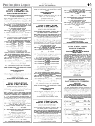 19Publicações Legais Jornal Correio do Sul
Terça-Feira, 10 de Outubro de 2017
ESTADO DE SANTA CATRINA
MUNICÍPIO DE SÃO JOÃO DO SUL
DECRETO Nº 082 DE 09 DE OUTUBRO DE 2017.
Abre Crédito Suplementar ao Orçamento Vigente do Fundo Municipal
de Saúde e dá outras providências.
MOACIR FRANCISCO TEIXEIRA, Prefeito Municipal de São João
do Sul, Estado de Santa Catarina, no uso de suas atribuições legais
e de acordo com a Lei Municipal nº 1814, de 09 de outubro de 2017;
Art. 1º - Fica determinado a abertura de crédito suplementar ao
orçamento vigente do Fundo Municipal de Saúde de São João do
Sul, no valor de R$ 147.088,00 (cento e quarenta e sete mil e oitenta
e oito reais), com a seguinte classificação:
07 – SECRETARIA MUNICIPAL DE SAÚDE
01 – FUNDO MUNICIPAL DE SAÚDE
10.301.0127.2024 – Manutenção das Ações Básicas de Saúde e
Equipes de Programas de Saúde Básica
3.1.90.00.00.00.00.00.0085 – Aplicações Diretas.....R$ 147.088,00
TOTAL..................................................R$ 147.088,00
Art. 2º - Para cobertura da dotação do artigo primeiro serão anuladas
parcialmente as seguintes dotações orçamentárias:
0301 – SECRETARIA MUNICIPAL DE ADMINISTRAÇÃO
04.122.0123.2004 – Manutenção da Secretaria de Administração
3.1.71.00.00.00.00.00.0080 – Transferência a Consórcios
Públicos............R$ 1.000,00
3.3.71.00.00.00.00.00.0080 – Transferência a Consórcios
Públicos............R$ 20.088,00
4.4.71.00.00.00.00.00.0080 – Transferência a Consórcios
Públicos............R$ 1.000,00
0401 – SECRETARIA MUNICIPAL DE FINANÇAS
28.843.0000.0061 – Serviços da Dívida Interna
3.3.90.00.00.00.00.00.0080 – Aplicações Diretas.....R$ 50.000,00
0901 – SECRETARIA MUNICIPAL DE OBRAS E SERVIÇOS
26.782.0135.1055 – Aquisição de Veículos e Equip. Rodoviários para
Secretaria Municipal de Obras e Serviços
4.4.90.00.00.00.00.00.0080 –Aplicações Diretas..............R$ 45.000,00
26.782.0135.1062 – Construção e/ou Ampliação de Garagem
Municipal
4.4.90.00.00.00.00.00.0080 –Aplicações Diretas.............R$ 30.000,00
TOTAL..........................R$ 147.088,00
Art. 3º - Este Decreto entra em vigor na data de sua publicação.
Gabinete do Prefeito Municipal de São João do Sul, 09 de outubro
de 2017.
MOACIR FRANCISCO TEIXEIRA
Prefeito Municipal
Publicada e Registrada nesta Secretaria aos nove dias do mês de
outubro do ano de dois mil e dezessete.
TAISE DOS SANTOS ALVES
Secretária Municipal de Administração e Finanças
ESTADO DE SANTA CATRINA
MUNICÍPIO DE SÃO JOÃO DO SUL
DECRETO Nº 082 DE 09 DE OUTUBRO DE 2017.
Abre Crédito Suplementar ao Orçamento Vigente do Fundo Municipal
de Saúde e dá outras providências.
MOACIR FRANCISCO TEIXEIRA, Prefeito Municipal de São João
do Sul, Estado de Santa Catarina, no uso de suas atribuições legais
e de acordo com a Lei Municipal nº 1815, de 09 de outubro de 2017;
Art. 1º - Fica determinado a abertura de crédito suplementar ao
orçamento vigente do Fundo Municipal de Saúde de São João do Sul,
no valor de R$ 10.000,00 (dez mil reais), com a seguinte classificação:
07 – SECRETARIA MUNICIPAL DE SAÚDE
01 – FUNDO MUNICIPAL DE SAÚDE
10.301.0127.2024 – Manutenção das Ações Básicas de Saúde e
Equipes de Programas de Saúde Básica
3.1.90.00.00.00.00.00.0085 – Aplicações Diretas.......R$ 10.000,00
TOTAL................................R$ 10.000,00
Art. 2º - Para cobertura da dotação do artigo primeiro será anulada a
seguinte dotação orçamentária:
07 – SECRETARIA MUNICIPAL DE SAÚDE
01 – FUNDO MUNICIPAL DE SAÚDE
10.301.0127.1027 – Construção,Ampliação e Reforma da Rede Física
de Saúde – Unid. Básicas e Academias
4.4.90.00.00.00.00.00.0085 – Aplicações Diretas.........R$ 10.000,00
TOTAL..................................R$ 10.000,00
Art. 3º - Este Decreto entra em vigor na data de sua publicação.
ESTADO DE SANTA CATRINA
MUNICÍPIO DE SÃO JOÃO DO SUL
LEI Nº 1.814 DE 09 DE OUTUBRO DE 2017
Autoriza abertura de crédito suplementar ao orçamento vigente do
Fundo Municipal de Saúde e dá outras providências.
MOACIR FRANCISCO TEIXEIRA, Prefeito Municipal de São João do
Sul, Estado de Santa Catarina, no uso de suas atribuições legais, faz
saber a todos os habitantes deste Município, que a Câmara Municipal
de Vereadores aprovou e Ele sanciona a seguinte Lei:
Art. 1º - Fica o Chefe do Poder Executivo Municipal autorizado a
abrir crédito suplementar ao orçamento vigente do Fundo Municipal
de Saúde de São João do Sul, no valor de R$ 147.088,00 (cento e
quarenta e sete mil e oitenta e oito reais), com a seguinte classificação:
07 – SECRETARIA MUNICIPAL DE SAÚDE
01 – FUNDO MUNICIPAL DE SAÚDE
10.301.0127.2024 – Manutenção das Ações Básicas de Saúde e
Equipes de Programas de Saúde Básica
3.1.90.00.00.00.00.00.0085 –Aplicações Diretas............R$ 147.088,00
TOTAL...................R$ 147.088,00
Art. 2º - Para cobertura da dotação do artigo primeiro serão anuladas
parcialmente as seguintes dotações orçamentárias:
0301 – SECRETARIA MUNICIPAL DE ADMINISTRAÇÃO
04.122.0123.2004 – Manutenção da Secretaria de Administração
3.1.71.00.00.00.00.00.0080 –Transferência a Consórcios Públicos.......
R$ 1.000,00
3.3.71.00.00.00.00.00.0080–TransferênciaaConsórciosPúblicos........
R$ 20.088,00
4.4.71.00.00.00.00.00.0080–TransferênciaaConsórciosPúblicos........
R$ 1.000,00
0401 – SECRETARIA MUNICIPAL DE FINANÇAS
28.843.0000.0061 – Serviços da Dívida Interna
3.3.90.00.00.00.00.00.0080 – Aplicações Diretas...............R$
50.000,00
0901 – SECRETARIA MUNICIPAL DE OBRAS E SERVIÇOS
26.782.0135.1055 –Aquisição de Veículos e Equip. Rodoviários para
Secretaria Municipal de Obras e Serviços
4.4.90.00.00.00.00.00.0080 –Aplicações Diretas..............R$ 45.000,00
26.782.0135.1062 – Construção e/ou Ampliação de Garagem
Municipal
4.4.90.00.00.00.00.00.0080 –Aplicações Diretas..............R$ 30.000,00
TOTAL........................................R$ 147.088,00
Art. 3º - Esta Lei entra em vigor na data de sua publicação.
Gabinete do Prefeito Municipal de São João do Sul, 09 de outubro
de 2017.
MOACIR FRANCISCO TEIXEIRA
Prefeito Municipal
Publicada e Registrada nesta Secretaria aos nove dias do mês de
outubro do ano de dois mil e dezessete.
TAISE DOS SANTOS ALVES
Secretária Municipal de Administração e Finanças
ESTADO DE SANTA CATRINA
MUNICÍPIO DE SÃO JOÃO DO SUL
LEI Nº 1.815 DE 09 DE OUTUBRO DE 2017
Autoriza abertura de crédito suplementar ao orçamento vigente do
Fundo Municipal de Saúde e dá outras providências.
MOACIR FRANCISCO TEIXEIRA, Prefeito Municipal de São João do
Sul, Estado de Santa Catarina, no uso de suas atribuições legais, faz
saber a todos os habitantes deste Município, que a Câmara Municipal
de Vereadores aprovou e Ele sanciona a seguinte Lei:
Art. 1º - Fica o Chefe do Poder Executivo Municipal autorizado a abrir
crédito suplementar ao orçamento vigente do Fundo Municipal de
Saúde de São João do Sul, no valor de R$ 10.000,00 (dez mil reais),
com a seguinte classificação:
07 – SECRETARIA MUNICIPAL DE SAÚDE
ESTADO DE SANTA CATRINA
MUNICÍPIO DE MELEIRO
AVISO DE LICITAÇÃO
PREGÃO PRESENCIAL PARA REGISTRO DE PREÇOS
PREGÃO N.º 080/2017
A PREFEITURA MUNICIPAL DE MELEIRO torna público para
conhecimento dos interessados que no dia 31/10/2017, às 14:00
horas estará realizando a reunião de recebimento das propostas
do PREGÃO PRESENCIAL N.º 080/2017, tem por objetivo o
REGISTRO DE PREÇOS para a possível e futura AQUISIÇÃO DE
EQUIPAMENTOS ELETRONICOS PARA MANTER ATIVIDADES
DA ADMINISTRAÇÃO MUNICIPAL, SECRETARIAS E FUNDOS,
conforme especificações constantes descritas no “Anexo I – Termo
de Referência” do presente edital.
A integra do Edital e maiores informações poderão ser obtidas na
Prefeitura Municipal de Meleiro, sito a Rua Sete de Setembro, nº
371 – Meleiro/SC, no horário das 7:30 às 11:30 horas e das 13:00
horas as 17:00 horas, de Segunda a Sexta-Feira ou pelo fone 048-
3537-8400. A retirada do Edital poderá ser feita no endereço acima
citado ou através do site HYPERLINK “http://www.meleiro.sc.gov.br”
www.meleiro.sc.gov.br
Meleiro/SC, 09 de outubro de 2017.
EDER MATTOS
Prefeito Municipal
ESTADO DE SANTA CATRINA
MUNICÍPIO DE BANEÁRIO ARROIO DO SILVA
ERRATA 01/2017
PROCESSO LICITATÓRIO Nº 57/2017
EDITAL DO PREGÃO PRESENCIAL Nº 35/2017
1 – Do Objeto: Seleção e contratação de empresa especializada em
serviços de arbitragem, assessoria técnica, desportiva e operacional,
resoluções, sumulas e regulamentos para a realização do Campeonato
de Futebol “Sete Society Sintético”, Município de Balneário Arroio do
Silva, no período de outubro a novembro de 2017.
2 – DasAlterações:Trazemos ao conhecimento dos interessados, que
o Edital do Processo Licitatório supracitado, sofreu alterações no seu
Termo de Referência. Em atendimento a solicitação do Departamento
de Esportes deste Município, conforme documento em anexo. Segue
as alterações da presente errata:
3 – Fica mantido o prazo de entrega dos envelopes e a data de
abertura da sessão.
Balneário Arroio do Silva, 09 de outubro de 2017.
Altemir Daros Fontanela
Pregoeiro
Gabinete do Prefeito Municipal de São João do Sul, 09 de outubro
de 2017.
MOACIR FRANCISCO TEIXEIRA
Prefeito Municipal
Publicada e Registrada nesta Secretaria aos nove dias do mês de
outubro do ano de dois mil e dezessete.
TAISE DOS SANTOS ALVES
Secretária Municipal de Administração e Finanças
01 – FUNDO MUNICIPAL DE SAÚDE
10.301.0127.2024 – Manutenção das Ações Básicas de Saúde e
Equipes de Programas de Saúde Básica
3.1.90.00.00.00.00.00.0085 – Aplicações Diretas................R$
10.000,00
TOTAL............................R$ 10.000,00
Art. 2º - Para cobertura da dotação do artigo primeiro será anulada a
seguinte dotação orçamentária:
07 – SECRETARIA MUNICIPAL DE SAÚDE
01 – FUNDO MUNICIPAL DE SAÚDE
10.301.0127.1027 – Construção,Ampliação e Reforma da Rede Física
de Saúde – Unid. Básicas e Academias
4.4.90.00.00.00.00.00.0085 – Aplicações Diretas......................R$
10.000,00
TOTAL...........................R$ 10.000,00
Art. 3º - Esta Lei entra em vigor na data de sua publicação.
Gabinete do Prefeito Municipal de São João do Sul, em 09 de outubro
de 2017.
MOACIR FRANCISCO TEIXEIRA
Prefeito Municipal
Publicada e Registrada nesta Secretaria aos nove dias do mês de
outubro do ano de dois mil e dezessete.
TAISE DOS SANTOS ALVES
Secretária Municipal de Administração e Finanças
 