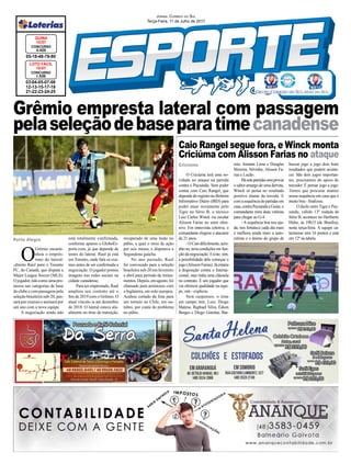 Jornal Correio do Sul
Terça-Feira, 11 de Julho de 2017
Caio Rangel segue fora, e Winck monta
Criciúma com Alisson Farias no ataque
Criciúma
Porto Alegre
O
Grêmio encami-
nhou o emprés-
timo do lateral-
-direito Raul para o Toronto
FC, do Canadá, que disputa a
Major League Soccer (MLS).
Ojogador,tidocomoumapro-
messa nas categorias de base
do clube e com passagens pela
seleção brasileira sub-20, pas-
sará por exames e assinará por
um ano com a nova equipe.
A negociação ainda não
03-04-05-07-08
12-13-15-17-18
21-22-23-24-25
CONCURSO
1.535
LOTO FÁCIL
10/07
05-18-48-78-80
CONCURSO
4.425
QUINA
10/07
está totalmente confirmada,
conforme apurou o GloboEs-
porte.com, já que depende de
testes do lateral. Raul já está
em Toronto, onde fará os exa-
mes antes de ser confirmada a
negociação. O jogador postou
imagens nas redes sociais na
cidade canadense.
Paraseremprestado,Raul
ampliou seu contrato até o
fim de 2019 com o Grêmio. O
atual vínculo ia até dezembro
de 2018. O lateral estava atu-
almente no time de transição,
Grêmio empresta lateral com passagem
pelaseleçãodebaseparatimecanadense
O Criciúma terá uma no-
vidade no ataque na partida
contra o Paysandu. Sem poder
contar com Caio Rangel, que
dependedoregistronoBoletim
Informativo Diário (BID) para
poder atuar novamente pelo
Tigre na Série B, o técnico
Luiz Carlos Winck vai escalar
Alisson Farias no setor ofen-
sivo. Em entrevista coletiva, o
comandante elogiou o atacante
de 21 anos.
-OCaiodificilmente,acre-
dito eu, teria condições em fun-
ção da negociação. Existe, sim,
a possibilidade dele começar o
jogo (Alisson Farias). Já estaria
à disposição contra o Interna-
cional, mas tinha uma cláusula
no contrato. É um jogador que
vai oferecer qualidade na equi-
pe, sim - explicou.
Sem suspensos, o time
em campo terá: Luiz; Diogo
Mateus, Raphael Silva, Édson
Borges e Diego Giaretta; Bar-
recuperado de uma lesão no
púbis, a qual o tirou de ação
por seis meses, e disputava a
Segundona gaúcha.
No ano passado, Raul
foi convocado para a seleção
brasileira sub-20 em fevereiro
e abril para período de treina-
mentos.Depois,emagosto,foi
chamado para amistosos com
a Inglaterra, em solo europeu.
Acabou cortado da lista para
um torneio no Chile, em ou-
tubro, por conta do problema
no púbis.
reto, Jonatan Lima e Douglas
Moreira; Silvinho, Alisson Fa-
rias e Lucão.
Hásetepartidassemprovar
o sabor amargo de uma derrota,
Winck só pensa no resultado
positivo diante da torcida. E
com a sequência de partidas em
casa,contraPaysandueGoiás,o
comandante mira duas vitórias
para chegar ao G-4.
- A sequência boa nos aju-
da, nos fortalece cada dia mais
e melhora ainda mais a auto-
estima e o ânimo do grupo de
buscar jogo a jogo dois bons
resultados que podem aconte-
cer. São dois jogos importan-
tes, precisamos do apoio do
torcedor. É pensar jogo a jogo.
Temos que procurar manter
nossa sequência em casa que é
muito boa - finalizou.
O duelo entre Tigre e Pay-
sandu, válido 13º rodada da
Série B, acontece no Heriberto
Hülse, às 19h15 (de Brasília),
nesta terça-feira. A equipe ca-
tarinense tem 16 pontos e está
em 12ª na tabela.
 