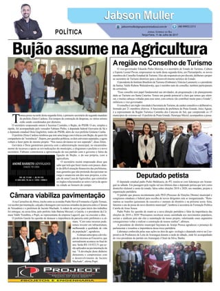 O deputado estadual padre Pedro Baldissera, do PT, reuniu-se com lideranças em Araran-
guá no sábado. Em passagem pela região sul nos últimos dias o deputado petista que tem como
domicilio eleitoral o oeste do estado, falou sobre eleições 2018 e 2020, seu mandato, projeto e
organização partidária.
O partido que passou recentemente pelo PED (Processo de Eleições Diretas) municipal e
congressos estaduais e federal para escolha de novos dirigentes está se reorganizando. “Reto-
mamos as reuniões quinzenais da executiva e mensais do diretório e na próxima sexta- feira,
faremos o ato de posse do novo diretório municipal”, lembrou a secretária de Formação Política
Camila de Jesus Souza.
Padre Pedro fez questão de reunir-se a nova direção partidária e falar da importância das
eleições de 2018 e 2020.“Precisamos recolocar nossa caminhada nos movimentos populares,
sociais e sindicais pois são eles a sustentação do nosso projeto, valorizando esses segmentos
conseguiremos voltar a realizar a construção de nossos sonhos”, afirmou.
A presidente do diretório municipal Sayonara de Araújo Pessoa agradeceu a presença do
parlamentar e ressaltou a importância dessa troca partidária.
Liderança conhecida pelas suas ações na área da agro- ecologia o deputado esteve na Coo-
perativa de Produtores de Leite deAraranguá durante a tarde de sábado, onde foi acompanhado
do vice-presidente do partido em Araranguá e Ozair da Silva, Banha.
O vice-governador Eduardo Pinho Moreira, e o secretário de Estado de Turismo, Cultura
e Esporte Leonel Pavan, empossaram na tarde desta segunda-feira, em Florianópolis, os novos
membros do Conselho Estadual deTurismo. Eles são responsáveis por discutir, deliberar e propor
ao secretário de Turismo diretrizes para o desenvolvimento turístico do Estado.
OpresidentedoInstitutoBrasileirodeTurismo(Embratur),ViniciusLummertz;eopresidente
da Santur, Valdir Rubens Walendowsky, que é membro nato do conselho, também participaram
da cerimônia.
“Esse conselho tem papel fundamental nas atividades, da programação e do planejamento
dado ao Turismo em Santa Catarina. Temos um grande potencial e claro que temos que otimi-
zar, e muitas cabeças voltadas para esse setor, com certeza vão contribuir muito para o Estado”,
enfatizou o vice-governador.
OconselhoéumórgãovinculadoàSecretariadeTurismo,decaráterconsultivoedeliberativo,
formado por 21 membros efetivos. A funcionária da prefeitura de Praia Grande, Joice Aguiar,
é a representante da Região Turística Caminho dos Canyons do Sul, que compreende os 15
municípios do extremo-sul. O prefeito de Praia Grande, Henrique Maciel, acompanhou a posse.
Arua Carmelino deAbreu, trecho entre as avenidas Padre Herval Fontanela e EgídioTomasi,
vai receber pavimentação, calçada e drenagem com recursos oriundos da parceria entre a Câmara
de Vereadores e a prefeitura de Jacinto Machado. A ordem de serviço para início dos trabalhos
foi entregue, na sexta-feira, pelo prefeito João Batista Mezzari, o Gaiola, e o presidente da Câ-
mara Valdir Trombim, o Popô, ao representante da empresa Lagecril, que vai executar a obra.
O prefeito Gaiola fez questão de destacar a importância da parceria entre prefeitura e a câ-
mara. “Com estes recursos pode-
remos investir em infraestrutura,
melhorando a qualidade de vida
da população”, agradeceu.
Acâmara antecipou a devolu-
ção de recursos ao Executivo, que
normalmente acontece no final do
ano. Serão R$ 110.923,51 que se-
rão aplicados na pavimentação da
rua. “A devolução deste dinheiro
demonstra o compromisso com
o desenvolvimento de Jacinto
Machado”, afirma Popô.
Deputado petista
AregiãonoConselhodeTurismo
Câmara viabiliza pavimentação
T
omou posse na tarde desta segunda-feira, o primeiro secretário do segundo mandato
do prefeito Zênio Cardoso. Em tempos de contenção de despesas, os vários setores
estão sendo coordenados por diretores.
O secretário empossado ontem é Jucemar Custódio, o Bujão, do PSDB. O ato, simples e
rápido, foi acompanhado pelo vereador Fabiano Pinho, a deputada federal Geovania de Sá e
o deputado estadual Doia Guglielmi, todos do PSDB, além da vice-prefeita Gislaine Cunha.
O prefeito Zênio Cardoso lembrou que tem uma longa convivência com Bujão, de quem foi
companheirode“resistência”.Depois,porquestõespolíticas,osdoisestiveramseparados,eagora
voltam a fazer parte do mesmo projeto. “Nós nunca devíamos ter nos separado”, disse Zênio.
Geivânia e Doia garantiram parceria com a administração municipal, no encaminha-
mento de recursos e apoio as reivindicações do município, e elogiaram o prefeito e o novo
secretário. Fabiano comemorou a aproximação do seu partido com o governo e falou da
ligação de Bujão, e da sua própria, com a
agricultura.
O secretário recém empossado disse que
sabe que terá que fazer muito com pouco, dian-
te da difícil situação financeira das prefeituras,
mas garantiu que não pretende decepcionar no
cargo e anunciou um dos seus projetos, a cria-
ção de uma Casa do Agricultor, que centralize
os órgãos relacionados ao setor e sirva de apoio
na cidade ao homem do campo.
Jabson MullerJabson Muller
Jornal Correio do Sul
Terça-Feira, 11 de Julho de 2017
(48) 99955.5313
POLÍTICA
jabsonmuller@grupocorreiodosul.com.br
BujãoassumenaAgricultura
 