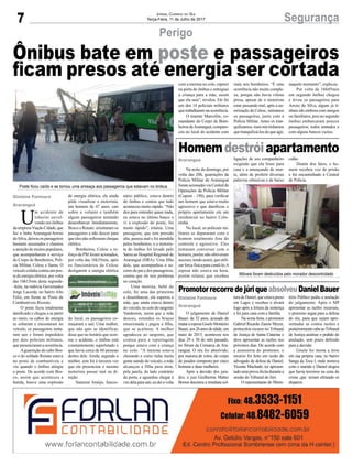 7 SegurançaJornal Correio do Sul
Terça-Feira, 11 de Julho de 2017
U
m acidente de
trânsito envol-
vendo um ônibus
daempresaViaçãoCidade,que
faz a linha Araranguá/Arroio
doSilva,deixouospassageiros
bastante assustados e chamou
a atenção de muitos populares,
que acompanharam o serviço
do Corpo de Bombeiros, Polí-
cia Militar, Celesc e Samu. O
veículo colidiu contra um pos-
te de energia elétrica, por volta
das 16h15min desta segunda-
-feira, na rodovia Governador
Jorge Lacerda, no bairro Alto
Feliz, em frente ao Posto de
Combustíveis Rizzoto.
O poste ficou totalmente
danificado e chegou a se partir
ao meio, os cabos de energia
se soltaram e encostaram no
veículo, os passageiros tenta-
ram sair e foram impedidos
por dois policiais militares,
quepresenciaramaocorrência.
Aguarnição do cabo Bos-
co e do soldado Renato estava
no posto de combustíveis e
viu quando o ônibus atingiu
o poste. De acordo com Bos-
co, assim que aconteceu a
batida, houve uma explosão
de energia elétrica, ele ainda
pôde visualizar o motorista,
um homem de 47 anos, cair
sobre o volante e também
alguns passageiros tentando
desembarcar. Imediatamente,
Bosco e Renato orientaram os
passageiros a não descer para
que eles não sofressem choque
elétrico.
Bombeiros, Celesc e re-
forço da PM foram acionados,
por volta das 16h35min, após
os funcionários da Celesc
desligarem a energia elétrica
do local, os passageiros co-
meçaram a sair. Uma mulher,
que não quis se identificar,
disse que no horário que ocor-
reu o acidente, o ônibus está
constantemente superlotado e
que havia cerca de 60 pessoas
dentro dele. Ainda, segundo a
mulher, esta foi à terceira vez
que ela presenciou o mesmo
motorista passar mal na di-
reção.
Samurai Araújo, funcio-
Perigo
Ônibus bate em poste e passageiros
ficam presos até energia ser cortada
nário público, estava dentro
do ônibus e contou que tudo
aconteceu muito rápido. “Não
deu para entender quase nada,
eu estava no último banco e
vi a explosão do poste, foi
muito rápido”, relatou. Uma
passageira, que tem pressão
alta, passou mal e foi atendida
pelos bombeiros, e o motoris-
ta do ônibus foi levado pelo
Samu ao Hospital Regional de
Araranguá (HRA). Uma filha
dele, que acompanhou o so-
corro do pai e dos passageiros,
contou que ele tem problema
no coração.
Uma menina, bebê de
colo, foi uma das primeiras
a desembarcar, ela esperou a
mãe, que ainda estava dentro
doveículo,nocolodosargento
Vanderson, assim que a mãe
desceu, estendeu os braços
emocionada e pegou a filha,
que se acalmou. A mulher
agradeceu ao sargento, que
contou para a reportagem
porque estava com a criança
no colo. “A menina estava
chorando e como tinha muita
gente saindo do veículo, a mãe
alcançou a filha para mim,
pela janela, do lado contrário
da porta, e aguardou chegar à
vezdelaparasair,eudeiavolta
Na noite de domingo, por
volta das 20h, guarnições da
Polícia Militar de Araranguá
foramacionadasviaCentralde
Operações da Polícia Militar
(Copom - 190), para verificar
um homem que estava muito
agressivo e que danificou o
próprio apartamento em um
residencial no bairro Colo-
ninha.
No local, os policiais mi-
litares se depararam com o
homem totalmente fora do
controle e agressivo. Eles
tentaram conversar com o
homem, porém não obtiveram
sucesso,tendoassim,queutili-
zarforcafísicaparacontê-lo.A
esposa não estava na hora,
porém relatou que recebeu
O julgamento de Daniel
Bauer, de 32 anos, acusado de
mataraesposaGiseleMonteiro
Bauer,aos26anosdeidade,em
maio de 2015, aconteceu nos
dias 29 e 30 do mês passado,
no fórum da Comarca de Ara-
ranguá. O réu foi absolvido,
por maioria de votos, do corpo
de jurados composto por cinco
homens e duas mulheres.
Após a decisão dos jura-
dos, o juiz Guilherme Mattei
Borsoi decretou a imediata sol-
Araranguá
Gislaine Fontoura
Araranguá
ligações de seu companheiro
exigindo que ela fosse para
casa e a ameaçando de mor-
te, além de proferir diversas
palavras ofensivas e de baixo
turadeDaniel,queestavapreso
em Lages e recebeu o alvará
logo após a leitura da sentença
e foi para casa com a família.
Na sexta-feira, o promotor
Gabriel Ricardo Zanon Meyer,
protocolou recurso no Tribunal
de Justiça de Santa Catarina e
deve apresentar as razões nos
próximos dias. De acordo com
a assessoria do promotor, o
recurso foi feito em razão do
advogado de defesa de Daniel,
Vicente Machado, ter apresen-
tado uma prova ilícita durante a
sessão do Tribunal do Júri.
O representante do Minis-
calão.
Diante dos fatos, o ho-
mem recebeu voz de prisão
e foi encaminhado à Central
de Polícia.
Gislaine Fontoura
Araranguá
Poste ficou caído e se tornou uma ameaça aos passageiros que estavam no ônibus
Móveis foram destruídos pelo morador descontrolado
Homemdestróiapartamento
PromotorrecorredejúriqueabsolveuDanielBauer
com a menina no colo, esperei
na porta do ônibus e entreguei
a criança para a mãe, assim
que ela saiu”, revelou. Ele foi
um dos 14 policiais militares
quetrabalharamnaocorrência.
O tenente Marcolim, co-
mandante do Corpo de Bom-
beirosdeAraranguá,compare-
ceu no local do acidente com
mais seis bombeiros. “É uma
ocorrência não muito comple-
xa, porque não havia vítima
presa, apesar de o motorista
estar passando mal, após a au-
torização da Celesc, retiramos
os passageiros, junto com a
Polícia Militar. Antes os tran-
quilizamos,maisnóstínhamos
quetranquilizá-losdoqueagir,
naquele momento”, explicou.
Por volta de 16h45min
um segundo ônibus chegou
e levou os passageiros para
Arroio do Silva, alguns já ti-
nham ido embora com amigos
ou familiares, pois no segundo
ônibus embarcaram poucos
passageiros, todos sentados e
com alguns bancos vazios.
tério Público pediu a anulação
do julgamento. Após o MP
apresentar as razões recursais,
o processo segue para a defesa
do réu, para que sejam apre-
sentadas as contra razões e
posteriormentecabeaoTribunal
de Justiça analisar o pedido de
anulação, sem prazo definido
para a decisão.
Gisele foi morta a tiros
em sua própria casa, no bairro
Sanga da Toca I, onde morava
com o marido e Daniel alegou
que havia terceiros na cena do
crime ,que teriam efetuado os
disparos.
 