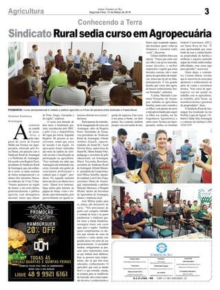 3Agricultura Jornal Correio do Sul
Segunda-Feira, 12 de Março de 2018
Conhecendo a Terra
A
conteceu
na manhã
de sexta-
-feira, a
aula inau-
gural do curso de Ensino
Médio em Técnico em Agro-
pecuária, oferecido pelo Fa-
esc/Senar, em parceria com o
Sindicato Rural de Araranguá
e a Prefeitura de Araranguá.
De acordo com Rogério Pessi,
presidente do Sindicato Rural
deAraranguá, que está sedian-
do o curso, as aulas ocorrem
de forma semipresencial e os
alunos têm encontros físicos,
no sindicato, de 15 em 15 dias.
“Somos pioneiros na região
da Amesc, é um curso aberto,
preferencialmente o público
agrícola, com abrangência
nacional, temos aqui alunos
Gislaine Fontoura
Araranguá
SindicatoRuralsediacursoemAgropecuária
G.C.S LTDA - ME CNPJ 17.467.695/0001-19
Comercial:
l48l 3533.0870
comercial@grupocorreiodosul.com.br
ali@grupocorreiodosul.com.br
Diretor Geral
diretor@grupocorreiodosul.com.br
Redação:
Aline Bauer
editor@grupocorreiodosul.com.br
Publicações legais:
tomaz@grupocorreiodosul.com.br
Financeiro
financeiro@grupocorreiodosul.com.br
Diagramação/Arte:
Erivaldo Ferreira (Aldo)
cristian@grupocorreiodosul.com.br
Sul Gráfica
sulgrafica@grupocorreiodosul.com.br
Circulação/Assinatura
l48l 3533.0870
assinaturas@grupocorreiodosul.com.br
PIONEIROS: Curso semipresencial é voltado a público agricultor e é fruto de parceria entre sindicado e Faesc/Senar
de Porto Alegre, Garopaba e
da região”, explicou.
O curso tem duração de
dois anos, é totalmente gra-
tuito, reconhecido pelo MEC
e pelo Crea e disponibiliza
40 vagas por turma. Segundo
Rogério, 86 pessoas se ins-
creveram, sendo que cerca
de metade é da região. As
aprovações foram realizadas
por meio de análise de currí-
culo escolar e classificação na
participação na agricultura.
“Fico realizado em saber que
Araranguá está realizando este
curso, trazendo este ganho de
crescimento profissional e
cultural para a região”, pon-
derou. No segundo semestre
deste ano deve ser aberto novo
curso. “Quem tiver interesse,
fique atento pela internet, na
página do Senar, visite o sin-
dicato, para informações, pois
provavelmente em agosto es-
taremos abrindo nova turma”,
declarou.
Participaram da solenida-
dedeinauguraçãodocursoem
Araranguá, além de Rogério
Pessi; Alessandro de Souza,
vice-presidente do Sindicato
Rural de Araranguá; Gilmar
Antônio Zanuck, superin-
tendente do Senar/SC; Sueli
Silveira Rosa, supervisora do
Senar/SC;MariaJulianaVitto,
pedagoga e secretária do pólo
educacional, em Araranguá;
Maria Terezinha Bortolato,
secretária do Sindicato Rural
deAraranguá;ArlindoManen-
ti - presidente da Coopersulca;
José Milton Scheffer, deputa-
do estadual; Luiz Celso Frigo,
secretário Obras de Araran-
guá, representando o prefeito
Mariano Mazzuco; e Douglas
Michel, diretor da Secretaria
de Agricultura de Araranguá,
alunos e imprensa local.
José Milton pediu para
os alunos não desistirem do
curso. “Nós precisamos de
gente com coragem, trabalho
e vontade de fazer e eu quero
parabenizar o sindicato que,
em meio a tantas bandeiras,
conseguiu trazer este curso
aqui para a região. Também
quero cumprimentar os alu-
nos que saíram da zona de
conforto e estão dando este
grande passo em rumo de seu
aprimoramento. A sociedade
mudou, antigamente as pes-
soas mais importantes eram
as que tinham mais dinheiro,
hoje as pessoas mais impor-
tantes, são as que têm mais
educação, conhecimento. O
agricultor que está se dando
bem é o que entende, estuda,
se prepara para as tendências
domercado,nãoémaisexpan-
são de terra, é conhecimento e
gestão de negócios. Este curso
é um passo a frente, vai abrir
portas, fico contente também
porque vejo um monte de mu-
lheres aqui ocupando espaço,
não desistam, quero voltar na
formatura e encontrar todos
vocês”, discursou.
Gilmar também falou aos
alunos. “Temos que estar com
um olho e um pé no mercado,
tomar decisões, o melhor
empresário é aquele que toma
decisões corretas, não é mais
épocadeagriculturadetentati-
vas, temos que ter pé no chão,
planejamento. É um grande
desafio que vocês têm agora,
de buscar conhecimento, bus-
car formação”, salientou.
A aluna, Maristela Lum-
mertz Possamai, de Araran-
guá, trabalha na agricultura
familiar, junto com o marido e
os filhos, com plantio de arroz
eestáaproveitandoparaseguir
os filhos nos estudos, um faz
Engenharia Agronômica e
outro curso Técnico emAgro-
pecuária, ambos no Instituto
Federal Catarinense (IFC),
em Santa Rosa do Sul. “É
uma oportunidade que estou
tendo de usar o conhecimento
na propriedade da família e
melhorar o negócio, pretendo
seguiratéofinal,tenhominhas
dificuldades, mas estou aqui
para aprender”, asseverou.
Outro aluno, o veteriná-
rio, Leomar Dalcin, revelou
que se inscreveu no curso para
aprimorar o conhecimento na
parte de venda e assistência
técnica. “Este curso de agro-
negócio vai me ajudar no
trabalho com os agricultores,
já trabalho, pelo Senar, na
assistência técnica e gerencial
de propriedades”, disse.
O Sindicato Rural deAra-
ranguá fica localizado na rua
Porfílio Lopes deAguiar, 141,
bairro CidadeAlta,Araranguá
e o número do telefone é (48)
3524-5197.
 