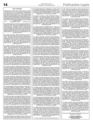 14 Publicações LegaisJornal Correio do Sul
Terça-Feira, 12 de Junho de 2018
EDITAL DE INTIMAÇÃO
ARLINDO EDÍLIO DA ROSA, Titular do TABELIONATO DE NOTAS
E PROTESTOS DE TÍTULOS desta Comarca de Sombrio, situado
na Av. Nereu Ramos, 1300 - Fone (48) 3533-0318 - CEP 88960-000,
atendimento das 08:00h - 12:00h e 14:00h - 18:00h, faz saber na forma
da Lei aos que o presente EDITAL virem, que se encontram nesse
tabelionato para serem protestados, decorrido o prazo legal de 03 (três)
dias úteis, por não terem sido encontrados nos endereços fornecidos, ou
por se recusarem a tomar conhecimento, os títulos cujos responsáveis
estão abaixo discriminados. Ficam esclarecidos, também, de que nesse
mesmo prazo poderão apresentar resposta escrita, que não impedirá
a lavratura do protesto.
PROT. APRESENTANTE / CNPJ DEVEDOR / CNPJ
Prot: 168369; Devedor(es): ESTEFANI CAROLINE FRANCISCO
PERUCCHIN-030.525.170-82,End:RuaTelegrafistaAdolfoCoelho,01,
Sombrio; Tip: Normal; Mot: Falta de pagamento; Ced: DB S.A COM
DE MOVEIS E ELET. BERLANDA; Sac: DB S.A COM DE MOVEIS
E ELET. BERLANDA; Tit: 273523/09 ; Apr: DB S.A COMERCIO DE
MOVEIS E ELETRODOMEST; VEN: 08/02/2017; Esp: Duplicata Venda
Mercantil por Indicação; Val: R$ 539,10 + Juros Legais (1% a.m.); Emol.:
R$ 58,08.Apontamento R$ 17,00 - Selo R$ 1,90 - Distribuição R$ 0,00 -
Diligência R$ 34,00 - Condução R$ 7,08 - Digitalização R$ 0,00- Total
Emolumentos R$ 58,08.
Prot: 168403; Devedor(es): GESSICA CRISTINA DE SOUZA -
099.857.069-94, End: Rua Pref. Pedro JoséAmorim, 328, Sombrio; Tip:
Normal; Mot: Falta de pagamento; Ced: DB S.A COM DE MOVEIS
E ELET. BERLANDA; Sac: DB S.A COM DE MOVEIS E ELET.
BERLANDA; Tit: 187061/01 ; Apr: DB S.A COMERCIO DE MOVEIS E
ELETRODOMEST; VEN: 10/07/2016; Esp: Duplicata Venda Mercantil
por Indicação; Val: R$ 108,00 + Juros Legais (1% a.m.); Emol.: R$
58,08. Apontamento R$ 17,00 - Selo R$ 1,90 - Distribuição R$ 0,00 -
Diligência R$ 34,00 - Condução R$ 7,08 - Digitalização R$ 0,00- Total
Emolumentos R$ 58,08.
Prot: 168402; Devedor(es): GESSICA CRISTINA DE SOUZA -
099.857.069-94, End: Rua Pref. Pedro JoséAmorim, 328, Sombrio; Tip:
Normal; Mot: Falta de pagamento; Ced: DB S.A COM DE MOVEIS
E ELET. BERLANDA; Sac: DB S.A COM DE MOVEIS E ELET.
BERLANDA; Tit: 177098/04 ; Apr: DB S.A COMERCIO DE MOVEIS E
ELETRODOMEST; VEN: 13/09/2016; Esp: Duplicata Venda Mercantil
por Indicação; Val: R$ 433,86 + Juros Legais (1% a.m.); Emol.: R$
58,08. Apontamento R$ 17,00 - Selo R$ 1,90 - Distribuição R$ 0,00 -
Diligência R$ 34,00 - Condução R$ 7,08 - Digitalização R$ 0,00- Total
Emolumentos R$ 58,08.
Prot: 168411; Devedor(es): IANARA MARCELINO MACHADO -
022.972.760-36,End:RuaJosinoJoséPereira,02,Sombrio;Tip:Normal;
Mot: Falta de pagamento; Ced: DB S.A COM DE MOVEIS E ELET.
BERLANDA; Sac: DB S.ACOM DE MOVEIS E ELET. BERLANDA; Tit:
281229/08;Apr:DBS.ACOMERCIODEMOVEISEELETRODOMEST;
VEN: 10/05/2017; Esp: Duplicata Venda Mercantil por Indicação; Val:
R$ 248,00 + Juros Legais (1% a.m.); Emol.: R$ 58,08. Apontamento
R$ 17,00 - Selo R$ 1,90 - Distribuição R$ 0,00 - Diligência R$ 34,00 -
ConduçãoR$7,08-DigitalizaçãoR$0,00- TotalEmolumentosR$58,08.
Prot: 168190; Devedor(es): IANARA MARCELINO MACHADO -
022.972.760-36,End:RuaJosinoJoséPereira,02,Sombrio;Tip:Normal;
Mot: Falta de pagamento; Ced: DB S.A COM DE MOVEIS E ELET.
BERLANDA; Sac: DB S.ACOM DE MOVEIS E ELET. BERLANDA; Tit:
201036/08;Apr:DBS.ACOMERCIODEMOVEISEELETRODOMEST;
VEN: 10/05/2017; Esp: Duplicata Venda Mercantil por Indicação; Val:
R$ 392,80 + Juros Legais (1% a.m.); Emol.: R$ 58,08. Apontamento
R$ 17,00 - Selo R$ 1,90 - Distribuição R$ 0,00 - Diligência R$ 34,00 -
ConduçãoR$7,08-DigitalizaçãoR$0,00- TotalEmolumentosR$58,08.
Prot: 168292; Devedor(es): IANARA MARCELINO MACHADO -
022.972.760-36,End:RuaJosinoJoséPereira,02,Sombrio;Tip:Normal;
Mot: Falta de pagamento; Ced: DB S.A COM DE MOVEIS E ELET.
BERLANDA; Sac: DB S.ACOM DE MOVEIS E ELET. BERLANDA; Tit:
200897/8 ;Apr: DB S.ACOMERCIO DE MOVEIS E ELETRODOMEST;
VEN: 10/05/2017; Esp: Duplicata Venda Mercantil por Indicação; Val:
R$ 540,00 + Juros Legais (1% a.m.); Emol.: R$ 58,08. Apontamento
R$ 17,00 - Selo R$ 1,90 - Distribuição R$ 0,00 - Diligência R$ 34,00 -
ConduçãoR$7,08-DigitalizaçãoR$0,00- TotalEmolumentosR$58,08.
Prot: 168188; Devedor(es): JAIR DE SOUZAACORDI - 078.850.399-51,
End: Rua João Quartieiro, 01, Sombrio; Tip: Normal; Mot: Falta de
pagamento; Ced: DB S.ACOM DE MOVEIS E ELET. BERLANDA; Sac:
DB S.ACOM DE MOVEIS E ELET. BERLANDA; Tit: 23036/09 ;Apr: DB
S.A COMERCIO DE MOVEIS E ELETRODOMEST; VEN: 10/07/2017;
Esp: Duplicata Venda Mercantil por Indicação; Val: R$ 945,00 + Juros
Legais (1% a.m.); Emol.: R$ 58,08. Apontamento R$ 17,00 - Selo R$
1,90 - Distribuição R$ 0,00 - Diligência R$ 34,00 - Condução R$ 7,08
- Digitalização R$ 0,00- Total Emolumentos R$ 58,08.
Prot:168267;Devedor(es):JOSEADEVANDIOPEREIRA-636.377.409-
82, End: Rua Pref. João Jose Scheffer, 87, Sombrio; Tip: Normal;
Mot: Falta de pagamento; Ced: DB S.A COM DE MOVEIS E ELET.
BERLANDA; Sac: DB S.ACOM DE MOVEIS E ELET. BERLANDA; Tit:
19249/2 ; Apr: DB S.A COMERCIO DE MOVEIS E ELETRODOMEST;
VEN: 05/11/2016; Esp: Duplicata Venda Mercantil por Indicação; Val:
R$ 164,60 + Juros Legais (1% a.m.); Emol.: R$ 58,08. Apontamento
R$ 17,00 - Selo R$ 1,90 - Distribuição R$ 0,00 - Diligência R$ 34,00 -
ConduçãoR$7,08-DigitalizaçãoR$0,00- TotalEmolumentosR$58,08.
Prot:168271;Devedor(es):JOSELUIZMARCOS-826.879.949-87,End:
Rua Caetano Lummertz, 1034, Sombrio; Tip: Normal; Mot: Falta de
pagamento; Ced: DB S.ACOM DE MOVEIS E ELET. BERLANDA; Sac:
DB S.ACOM DE MOVEIS E ELET. BERLANDA; Tit: 23002/9 ;Apr: DB
S.A COMERCIO DE MOVEIS E ELETRODOMEST; VEN: 09/06/2017;
Esp: Duplicata Venda Mercantil por Indicação; Val: R$ 2.461,50 + Juros
Legais (1% a.m.); Emol.: R$ 58,08. Apontamento R$ 17,00 - Selo R$
1,90 - Distribuição R$ 0,00 - Diligência R$ 34,00 - Condução R$ 7,08
- Digitalização R$ 0,00- Total Emolumentos R$ 58,08.
Prot: 168276; Devedor(es): JOSIEL MEIRA - 085.272.159-50, End: Av.
Pref. Francisco Lummertz Jr, 571, Sombrio; Tip: Normal; Mot: Falta de
pagamento; Ced: DB S.ACOM DE MOVEIS E ELET. BERLANDA; Sac:
DB S.A COM DE MOVEIS E ELET. BERLANDA; Tit: 21103/9 ; Apr: DB
S.A COMERCIO DE MOVEIS E ELETRODOMEST; VEN: 28/07/2017;
Esp: Duplicata Venda Mercantil por Indicação; Val: R$ 399,28 + Juros
Legais (1% a.m.); Emol.: R$ 58,08. Apontamento R$ 17,00 - Selo R$
1,90 - Distribuição R$ 0,00 - Diligência R$ 34,00 - Condução R$ 7,08
- Digitalização R$ 0,00- Total Emolumentos R$ 58,08.
Prot: 168279; Devedor(es): JUAREZ FERNANDES PAGANI -
453.482.600-10, End: Rua Maximo Rodrigues da Silva, 87, Sombrio;
Tip: Normal; Mot: Falta de pagamento; Ced: DB S.A COM DE
MOVEIS E ELET. BERLANDA; Sac: DB S.ACOM DE MOVEIS E ELET.
BERLANDA; Tit: 24600/8 ; Apr: DB S.A COMERCIO DE MOVEIS E
ELETRODOMEST; VEN: 11/09/2017; Esp: Duplicata Venda Mercantil
por Indicação; Val: R$ 412,00 + Juros Legais (1% a.m.); Emol.: R$
58,08. Apontamento R$ 17,00 - Selo R$ 1,90 - Distribuição R$ 0,00 -
Diligência R$ 34,00 - Condução R$ 7,08 - Digitalização R$ 0,00- Total
Emolumentos R$ 58,08.
Prot: 168285; Devedor(es): JUSSIMARA ALVES - 008.953.430-10,
End: Rua Santos Coelho, 100, Sombrio; Tip: Normal; Mot: Falta de
pagamento; Ced: DB S.ACOM DE MOVEIS E ELET. BERLANDA; Sac:
DB S.ACOM DE MOVEIS E ELET. BERLANDA; Tit: 175188/2 ;Apr: DB
S.A COMERCIO DE MOVEIS E ELETRODOMEST; VEN: 15/11/2015;
Esp: Duplicata Venda Mercantil por Indicação; Val: R$ 79,00 + Juros
Legais (1% a.m.); Emol.: R$ 58,08. Apontamento R$ 17,00 - Selo R$
1,90 - Distribuição R$ 0,00 - Diligência R$ 34,00 - Condução R$ 7,08
- Digitalização R$ 0,00- Total Emolumentos R$ 58,08.
Prot: 168110; Devedor(es): LUCAS DE FRAGA CARDOSO -
103.445.409-95, End: Rua Vivil Kozuchovski, 618, Sombrio;Tip: Normal;
Mot: Falta de pagamento; Ced: DB S.A COM DE MOVEIS E ELET.
BERLANDA; Sac: DB S.ACOM DE MOVEIS E ELET. BERLANDA; Tit:
321576/09;Apr:DBS.ACOMERCIODEMOVEISEELETRODOMEST;
VEN: 12/04/2018; Esp: Duplicata Venda Mercantil por Indicação; Val:
R$ 2.263,50 + Juros Legais (1% a.m.); Emol.: R$ 58,08. Apontamento
R$ 17,00 - Selo R$ 1,90 - Distribuição R$ 0,00 - Diligência R$ 34,00 -
ConduçãoR$7,08-DigitalizaçãoR$0,00- TotalEmolumentosR$58,08.
Prot: 168109; Devedor(es): LUCAS DE FRAGA CARDOSO -
103.445.409-95, End: Rua Vivil Kozuchovski, 618, Sombrio;Tip: Normal;
Mot: Falta de pagamento; Ced: DB S.A COM DE MOVEIS E ELET.
BERLANDA; Sac: DB S.ACOM DE MOVEIS E ELET. BERLANDA; Tit:
233936/09;Apr:DBS.ACOMERCIODEMOVEISEELETRODOMEST;
VEN: 12/04/2018; Esp: Duplicata Venda Mercantil por Indicação; Val:
R$ 495,00 + Juros Legais (1% a.m.); Emol.: R$ 58,08. Apontamento
R$ 17,00 - Selo R$ 1,90 - Distribuição R$ 0,00 - Diligência R$ 34,00 -
ConduçãoR$7,08-DigitalizaçãoR$0,00- TotalEmolumentosR$58,08.
Prot: 168098; Devedor(es): MARIA IZABEL DE SOUZAAMERICO DA
CUNHA - 634.757.660-00, End: Rua Emanuel Wurffell, 30, Sombrio;
Tip: Normal; Mot: Falta de pagamento; Ced: DB S.A COM DE
MOVEIS E ELET. BERLANDA; Sac: DB S.ACOM DE MOVEIS E ELET.
BERLANDA; Tit: 210577/10 ; Apr: DB S.A COMERCIO DE MOVEIS E
ELETRODOMEST; VEN: 04/09/2017; Esp: Duplicata Venda Mercantil
por Indicação; Val: R$ 539,00 + Juros Legais (1% a.m.); Emol.: R$
58,08. Apontamento R$ 17,00 - Selo R$ 1,90 - Distribuição R$ 0,00 -
Diligência R$ 34,00 - Condução R$ 7,08 - Digitalização R$ 0,00- Total
Emolumentos R$ 58,08.
Prot: 168099; Devedor(es): MARIA JULIA SANT ANA - 694.344.769-
68, End: Rua Maximo Rodrigues da Silva, 21, Sombrio; Tip: Normal;
Mot: Falta de pagamento; Ced: DB S.A COM DE MOVEIS E ELET.
BERLANDA; Sac: DB S.ACOM DE MOVEIS E ELET. BERLANDA; Tit:
21292/08 ;Apr: DB S.ACOMERCIO DE MOVEIS E ELETRODOMEST;
VEN: 15/04/2017; Esp: Duplicata Venda Mercantil por Indicação; Val:
R$ 1.004,00 + Juros Legais (1% a.m.); Emol.: R$ 58,08. Apontamento
R$ 17,00 - Selo R$ 1,90 - Distribuição R$ 0,00 - Diligência R$ 34,00 -
ConduçãoR$7,08-DigitalizaçãoR$0,00- TotalEmolumentosR$58,08.
Prot: 168294; Devedor(es): MILENA DOS SANTOS DA CUNHA -
117.433.229-84, End: Rua Anita Garibaldi, 59, Sombrio; Tip: Normal;
Mot: Falta de pagamento; Ced: DB S.A COM DE MOVEIS E ELET.
BERLANDA; Sac: DB S.ACOM DE MOVEIS E ELET. BERLANDA; Tit:
28599/9 ; Apr: DB S.A COMERCIO DE MOVEIS E ELETRODOMEST;
VEN: 24/02/2018; Esp: Duplicata Venda Mercantil por Indicação; Val:
R$ 630,00 + Juros Legais (1% a.m.); Emol.: R$ 58,08. Apontamento
R$ 17,00 - Selo R$ 1,90 - Distribuição R$ 0,00 - Diligência R$ 34,00 -
ConduçãoR$7,08-DigitalizaçãoR$0,00- TotalEmolumentosR$58,08.
Prot: 168298; Devedor(es): ORAIDE EVA DA ROSA - 007.798.609-18,
End: Rua José Quartieiro, 1060, Sombrio; Tip: Normal; Mot: Falta de
pagamento; Ced: DB S.ACOM DE MOVEIS E ELET. BERLANDA; Sac:
DB S.A COM DE MOVEIS E ELET. BERLANDA; Tit: 1307/9 ; Apr: DB
S.A COMERCIO DE MOVEIS E ELETRODOMEST; VEN: 21/05/2016;
Esp: Duplicata Venda Mercantil por Indicação; Val: R$ 521,28 + Juros
Legais (1% a.m.); Emol.: R$ 58,08. Apontamento R$ 17,00 - Selo R$
1,90 - Distribuição R$ 0,00 - Diligência R$ 34,00 - Condução R$ 7,08
- Digitalização R$ 0,00- Total Emolumentos R$ 58,08.
Prot:168305;Devedor(es):PALOMADASILVADAROSA-094.795.399-
00, End: Rua ZefferinoAlves, 65, Sombrio; Tip: Normal; Mot: Falta de
pagamento; Ced: DB S.ACOM DE MOVEIS E ELET. BERLANDA; Sac:
DB S.A COM DE MOVEIS E ELET. BERLANDA; Tit: 1424/11 ; Apr: DB
S.A COMERCIO DE MOVEIS E ELETRODOMEST; VEN: 17/10/2016;
Esp: Duplicata Venda Mercantil por Indicação; Val: R$ 553,19 + Juros
Legais (1% a.m.); Emol.: R$ 58,08. Apontamento R$ 17,00 - Selo R$
1,90 - Distribuição R$ 0,00 - Diligência R$ 34,00 - Condução R$ 7,08
- Digitalização R$ 0,00- Total Emolumentos R$ 58,08.
Prot: 168306; Devedor(es): PAULA CRISTINI PEREIRA DA SILVA -
111.234.769-00, End: Rua Antonio Inacio da Rosa, 209, Sombrio; Tip:
Normal; Mot: Falta de pagamento; Ced: DB S.A COM DE MOVEIS
E ELET. BERLANDA; Sac: DB S.A COM DE MOVEIS E ELET.
BERLANDA; Tit: 315337/4 ; Apr: DB S.A COMERCIO DE MOVEIS E
ELETRODOMEST; VEN: 23/09/2017; Esp: Duplicata Venda Mercantil
por Indicação; Val: R$ 116,00 + Juros Legais (1% a.m.); Emol.: R$
58,08. Apontamento R$ 17,00 - Selo R$ 1,90 - Distribuição R$ 0,00 -
Diligência R$ 34,00 - Condução R$ 7,08 - Digitalização R$ 0,00- Total
Emolumentos R$ 58,08.
Prot: 168307; Devedor(es): PAULA CRISTINI PEREIRA DA SILVA -
111.234.769-00, End: Rua Antonio Inacio da Rosa, 209, Sombrio; Tip:
Normal; Mot: Falta de pagamento; Ced: DB S.A COM DE MOVEIS
E ELET. BERLANDA; Sac: DB S.A COM DE MOVEIS E ELET.
BERLANDA; Tit: 217656/3 ; Apr: DB S.A COMERCIO DE MOVEIS E
ELETRODOMEST; VEN: 10/11/2017; Esp: Duplicata Venda Mercantil
por Indicação; Val: R$ 80,70 + Juros Legais (1% a.m.); Emol.: R$
58,08. Apontamento R$ 17,00 - Selo R$ 1,90 - Distribuição R$ 0,00 -
Diligência R$ 34,00 - Condução R$ 7,08 - Digitalização R$ 0,00- Total
Emolumentos R$ 58,08.
Prot: 168346; Devedor(es): REGINALDO MAIA SEBERINO -
011.965.979-44, End: Av. Quintino Manoel Domingos, 310, Sombrio;
Tip: Normal; Mot: Falta de pagamento; Ced: DB S.A COM DE
MOVEIS E ELET. BERLANDA; Sac: DB S.ACOM DE MOVEIS E ELET.
BERLANDA; Tit: 21097/7 ; Apr: DB S.A COMERCIO DE MOVEIS E
ELETRODOMEST; VEN: 10/04/2017; Esp: Duplicata Venda Mercantil
por Indicação; Val: R$ 500,50 + Juros Legais (1% a.m.); Emol.: R$
58,08. Apontamento R$ 17,00 - Selo R$ 1,90 - Distribuição R$ 0,00 -
Diligência R$ 34,00 - Condução R$ 7,08 - Digitalização R$ 0,00- Total
Emolumentos R$ 58,08.
Prot: 168350; Devedor(es): RENAN RAMOS PORTO - 078.793.129-27,
End: Rua Caetano Lummertz, 447, Sombrio;Tip: Normal; Mot: Falta de
pagamento; Ced: DB S.ACOM DE MOVEIS E ELET. BERLANDA; Sac:
DB S.ACOM DE MOVEIS E ELET. BERLANDA; Tit: 200293/7 ;Apr: DB
S.A COMERCIO DE MOVEIS E ELETRODOMEST; VEN: 07/05/2017;
Esp: Duplicata Venda Mercantil por Indicação; Val: R$ 419,30 + Juros
Legais (1% a.m.); Emol.: R$ 58,08. Apontamento R$ 17,00 - Selo R$
1,90 - Distribuição R$ 0,00 - Diligência R$ 34,00 - Condução R$ 7,08
- Digitalização R$ 0,00- Total Emolumentos R$ 58,08.
Prot: 168359; Devedor(es): RONALDO DA SILVA DO NASCIMENTO -
074.083.149-62, End: Rua Pref. Fioravante Minatto, 519, Sombrio; Tip:
Normal; Mot: Falta de pagamento; Ced: DB S.A COM DE MOVEIS
E ELET. BERLANDA; Sac: DB S.A COM DE MOVEIS E ELET.
BERLANDA; Tit: 15100/2 ; Apr: DB S.A COMERCIO DE MOVEIS E
ELETRODOMEST; VEN: 10/09/2016; Esp: Duplicata Venda Mercantil
por Indicação; Val: R$ 276,00 + Juros Legais (1% a.m.); Emol.: R$
58,08. Apontamento R$ 17,00 - Selo R$ 1,90 - Distribuição R$ 0,00 -
Diligência R$ 34,00 - Condução R$ 7,08 - Digitalização R$ 0,00- Total
Emolumentos R$ 58,08.
Prot: 168153; Devedor(es): SALEZIO PIVA- 657.528.999-15, End: Rua
Tel.Adolfo Coelho, 01, Sombrio;Tip: Normal; Mot: Falta de pagamento;
Ced: DB S.A COM DE MOVEIS E ELET. BERLANDA; Sac: DB S.A
COM DE MOVEIS E ELET. BERLANDA; Tit: 1689/12 ; Apr: DB S.A
COMERCIO DE MOVEIS E ELETRODOMEST; VEN: 14/03/2017; Esp:
Duplicata Venda Mercantil por Indicação; Val: R$ 2.323,08 + Juros
Legais (1% a.m.); Emol.: R$ 58,08. Apontamento R$ 17,00 - Selo R$
1,90 - Distribuição R$ 0,00 - Diligência R$ 34,00 - Condução R$ 7,08
- Digitalização R$ 0,00- Total Emolumentos R$ 58,08.
Prot: 168154; Devedor(es): SANDRA BEATRIZ LUMMERTZ -
051.144.199-19, End: Rua TelegrafistaAdolfo Coelho, 12, Sombrio; Tip:
Normal; Mot: Falta de pagamento; Ced: DB S.A COM DE MOVEIS
E ELET. BERLANDA; Sac: DB S.A COM DE MOVEIS E ELET.
BERLANDA; Tit: 27024/09 ; Apr: DB S.A COMERCIO DE MOVEIS E
ELETRODOMEST; VEN: 03/12/2017; Esp: Duplicata Venda Mercantil
por Indicação; Val: R$ 1.377,00 + Juros Legais (1% a.m.); Emol.: R$
58,08. Apontamento R$ 17,00 - Selo R$ 1,90 - Distribuição R$ 0,00 -
Diligência R$ 34,00 - Condução R$ 7,08 - Digitalização R$ 0,00- Total
Emolumentos R$ 58,08.
Prot: 168802; Devedor(es): SILAS DE SOUZA - 815.237.697-34,
End: Rua João Quartieiro, 162, Sombrio; Tip: Normal; Mot: Falta de
pagamento; Ced:AV COM DE REFRIGERACAO EIRELI; Sac:AV COM
DE REFRIGERACAO EIRELI; Tit: 6605/03 ; Apr: COOPERATIVA DE
CREDITO, POUPANCA E INVES; VEN: 27/05/2018; Esp: Duplicata
Venda Mercantil por Indicação; Val: R$ 227,50 + Juros Legais (1% a.m.);
Emol.: R$ 58,08. Apontamento R$ 17,00 - Selo R$ 1,90 - Distribuição
R$ 0,00 - Diligência R$ 34,00 - Condução R$ 7,08 - Digitalização R$
0,00- Total Emolumentos R$ 58,08.
Prot: 168343; Devedor(es): THAINARA MAZARA DE ARAUJO -
065.757.409-01, End: Rua Altair Teixeira da Rosa, 730, Sombrio; Tip:
Normal; Mot: Falta de pagamento; Ced: DB S.A COM DE MOVEIS E
ELET.BERLANDA; Sac:DBS.ACOMDEMOVEISEELET.BERLANDA;
Tit:24809/9;Apr:DBS.ACOMERCIODEMOVEISEELETRODOMEST;
VEN: 21/09/2017; Esp: Duplicata Venda Mercantil por Indicação; Val: R$
466,20+JurosLegais(1%a.m.);Emol.:R$58,08.ApontamentoR$17,00
- Selo R$ 1,90 - Distribuição R$ 0,00 - Diligência R$ 34,00 - Condução
R$ 7,08 - Digitalização R$ 0,00- Total Emolumentos R$ 58,08.
Prot: 168207; Devedor(es): VANDERLEI DE MELO PEREIRA -
007.961.550-38, End: Av. Pref. José João Scheffer, 1339, Sombrio; Tip:
Normal; Mot: Falta de pagamento; Ced: DB S.A COM DE MOVEIS
E ELET. BERLANDA; Sac: DB S.A COM DE MOVEIS E ELET.
BERLANDA; Tit: 20582/10 ; Apr: DB S.A COMERCIO DE MOVEIS E
ELETRODOMEST; VEN: 07/05/2017; Esp: Duplicata Venda Mercantil
por Indicação; Val: R$ 1.460,00 + Juros Legais (1% a.m.); Emol.: R$
58,08. Apontamento R$ 17,00 - Selo R$ 1,90 - Distribuição R$ 0,00 -
Diligência R$ 34,00 - Condução R$ 7,08 - Digitalização R$ 0,00- Total
Emolumentos R$ 58,08.
Prot: 168212; Devedor(es): VERA LUCIA FERNANDO DE OLIVEIRA
- 376.647.860-53, End: Rua Telegrafista Adolfo Coelho, 179, Sombrio;
Tip: Normal; Mot: Falta de pagamento; Ced: DB S.A COM DE
MOVEIS E ELET. BERLANDA; Sac: DB S.ACOM DE MOVEIS E ELET.
BERLANDA; Tit: 28399/10 ; Apr: DB S.A COMERCIO DE MOVEIS E
ELETRODOMEST; VEN: 15/03/2018; Esp: Duplicata Venda Mercantil
por Indicação; Val: R$ 1.030,00 + Juros Legais (1% a.m.); Emol.: R$
58,08. Apontamento R$ 17,00 - Selo R$ 1,90 - Distribuição R$ 0,00 -
Diligência R$ 34,00 - Condução R$ 7,08 - Digitalização R$ 0,00- Total
Emolumentos R$ 58,08.
Certifico, para os devidos fins, que o presente edital foi afixado no mural
da serventia em: 12/06/2018.
Sombrio - SC, 12/06/2018
ARLI ANTONIO SOUZA DA ROSA
Escrevente Substituto
 