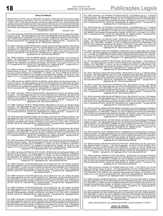 18 Publicações LegaisJornal Correio do Sul
Quarta-Feira, 12 de Julho de 2017
EDITAL DE INTIMAÇÃO
ARLINDO EDÍLIO DA ROSA, Titular do TABELIONATO DE NOTAS E PROTESTOS DE TÍTULOS desta Comarca
de Sombrio, situado na Av. Nereu Ramos, 1300 - Fone (48) 3533-0318 - CEP 88960-000, atendimento das 08:00h
- 12:00h e 14:00h - 18:00h, faz saber na forma da Lei aos que o presente EDITAL virem, que se encontram nesse
tabelionato para serem protestados, decorrido o prazo legal de 03 (três) dias úteis, por não terem sido encontrados
nos endereços fornecidos, ou por se recusarem a tomar conhecimento, os títulos cujos responsáveis estão abaixo
discriminados. Ficam esclarecidos, também, de que nesse mesmo prazo poderão apresentar resposta escrita, que
não impedirá a lavratura do protesto.
PROT. ....................................................................APRESENTANTE / CNPJ DEVEDOR / CNPJ
Prot: 159704; Devedor(es):ANASIMONE DEALMEIDAPEROZZO - 982.583.380-72, End:Av. Paraná, 388, Balneario
Gaivota; Tip: Normal; Mot: Falta de pagamento; Ced: DB S.ACOM DE MOVEIS E ELET. BERLANDA; Sac: DB S.A
COM DE MOVEIS E ELET. BERLANDA; Tit: 112132/3 ;Apr: DB S.ACOMERCIO DE MOVEIS E ELETRODOMEST;
VEN: 11/12/2014; Esp: Duplicata de Venda Mercantil por Indicação; Val: R$ 273,00 + Juros Legais (1% a.m.); Emol.:
R$ 84,68. Apontamento R$ 16,50 - Selo R$ 1,85 - Distribuição R$ 0,00 - Diligência R$ 50,65 - Condução R$ 17,53
- Digitalização R$ 0,00- Total Emolumentos R$ 84,68.
Prot: 160018; Devedor(es): DAIANE PEREIRAROXO - 044.592.119-63, End: Rua Padre João Reitz, 1639, Sombrio;
Tip: Normal; Mot: Falta de pagamento; Ced: DB S.A COM DE MOVEIS E ELET. BERLANDA; Sac: DB S.A COM
DE MOVEIS E ELET. BERLANDA; Tit: 15958/11 ;Apr: DB S.ACOMERCIO DE MOVEIS E ELETRODOMEST; VEN:
05/10/2016; Esp: Duplicata de Venda Mercantil por Indicação; Val: R$ 1.199,00 + Juros Legais (1% a.m.); Emol.:
R$ 56,58. Apontamento R$ 16,50 - Selo R$ 1,85 - Distribuição R$ 0,00 - Diligência R$ 33,00 - Condução R$ 7,08 -
Digitalização R$ 0,00- Total Emolumentos R$ 56,58.
Prot: 159988; Devedor(es): DOUGLAS MOREIRA ALMEIDA - 103.329.719-45, End: Rua 14, 012, Sombrio; Tip:
Normal; Mot: Falta de pagamento; Ced: DB S.A COM DE MOVEIS E ELET. BERLANDA; Sac: DB S.A COM DE
MOVEIS E ELET. BERLANDA; Tit: 133219/7 ; Apr: DB S.A COMERCIO DE MOVEIS E ELETRODOMEST; VEN:
22/08/2015; Esp: Duplicata de Venda Mercantil por Indicação; Val: R$ 436,80 + Juros Legais (1% a.m.); Emol.: R$
91,10. Apontamento R$ 16,50 - Selo R$ 1,85 - Distribuição R$ 0,00 - Diligência R$ 50,65 - Condução R$ 23,95 -
Digitalização R$ 0,00- Total Emolumentos R$ 91,10.
Prot: 159954; Devedor(es): FRANCISCO ELBERTO DE OLIVEIRA - 019.437.410-69, End: Rua dos Pinhos, 90,
Balneario Gaivota; Tip: Normal; Mot: Falta de pagamento; Ced: DB S.A COM DE MOVEIS E ELET. BERLANDA;
Sac: DB S.A COM DE MOVEIS E ELET. BERLANDA; Tit: 144972/3 ; Apr: DB S.A COMERCIO DE MOVEIS E
ELETRODOMEST; VEN: 05/04/2015; Esp: Duplicata de Venda Mercantil por Indicação; Val: R$ 325,50 + Juros
Legais (1% a.m.); Emol.: R$ 78,41.Apontamento R$ 16,50 - Selo R$ 1,85 - Distribuição R$ 0,00 - Diligência R$ 50,65
- Condução R$ 11,26 - Digitalização R$ 0,00- Total Emolumentos R$ 78,41.
Prot: 159963; Devedor(es): GABRIEL MARIANO DE SANTANA - 099.681.289-02, End: Rua das Samambaias, 15,
Sombrio; Tip: Normal; Mot: Falta de pagamento; Ced: DB S.ACOM DE MOVEIS E ELET. BERLANDA; Sac: DB S.A
COM DE MOVEIS E ELET. BERLANDA; Tit: 260894/3 ;Apr: DB S.ACOMERCIO DE MOVEIS E ELETRODOMEST;
VEN: 29/05/2016; Esp: Duplicata de Venda Mercantil por Indicação; Val: R$ 110,40 + Juros Legais (1% a.m.); Emol.:
R$ 78,41. Apontamento R$ 16,50 - Selo R$ 1,85 - Distribuição R$ 0,00 - Diligência R$ 50,65 - Condução R$ 11,26
- Digitalização R$ 0,00- Total Emolumentos R$ 78,41.
Prot: 159967; Devedor(es): GEDIR DE VARGAS PEREIRA - 686.834.480-53, End: Rua G, 65, Balneario Gaivota;
Tip: Normal; Mot: Falta de pagamento; Ced: DB S.A COM DE MOVEIS E ELET. BERLANDA; Sac: DB S.A COM
DE MOVEIS E ELET. BERLANDA; Tit: 78235/3 ; Apr: DB S.A COMERCIO DE MOVEIS E ELETRODOMEST; VEN:
13/09/2014; Esp: Duplicata de Venda Mercantil por Indicação; Val: R$ 347,70 + Juros Legais (1% a.m.); Emol.: R$
78,41. Apontamento R$ 16,50 - Selo R$ 1,85 - Distribuição R$ 0,00 - Diligência R$ 50,65 - Condução R$ 11,26 -
Digitalização R$ 0,00- Total Emolumentos R$ 78,41.
Prot: 159968; Devedor(es): GEDIR DE VARGAS PEREIRA - 686.834.480-53, End: Rua G, 65, Balneario Gaivota;
Tip: Normal; Mot: Falta de pagamento; Ced: DB S.A COM DE MOVEIS E ELET. BERLANDA; Sac: DB S.A COM
DE MOVEIS E ELET. BERLANDA; Tit: 78231/3 ; Apr: DB S.A COMERCIO DE MOVEIS E ELETRODOMEST; VEN:
15/06/2014; Esp: Duplicata de Venda Mercantil por Indicação; Val: R$ 509,70 + Juros Legais (1% a.m.); Emol.: R$
78,41. Apontamento R$ 16,50 - Selo R$ 1,85 - Distribuição R$ 0,00 - Diligência R$ 50,65 - Condução R$ 11,26 -
Digitalização R$ 0,00- Total Emolumentos R$ 78,41.
Prot: 160239; Devedor(es): GIOVANE TEIXEIRA- 951.941.859-87, End: Rua W4, 1097, Sombrio; Tip: Normal; Mot:
Falta de pagamento; Ced: DB S.ACOM DE MOVEIS E ELET. BERLANDA; Sac: DB S.ACOM DE MOVEIS E ELET.
BERLANDA; Tit: 14756/7 ; Apr: DB S.A COMERCIO DE MOVEIS E ELETRODOMEST; VEN: 22/08/2016; Esp:
Duplicata de Venda Mercantil por Indicação; Val: R$ 560,00 + Juros Legais (1% a.m.); Emol.: R$ 91,10.Apontamento
R$ 16,50 - Selo R$ 1,85 - Distribuição R$ 0,00 - Diligência R$ 50,65 - Condução R$ 23,95 - Digitalização R$ 0,00-
Total Emolumentos R$ 91,10.
Prot: 160245; Devedor(es): GREYCE FIGUEIRA BONOTO - 010.977.020-06, End: Terceira Avenida, 640, Sombrio;
Tip: Normal; Mot: Falta de pagamento; Ced: DB S.A COM DE MOVEIS E ELET. BERLANDA; Sac: DB S.A COM
DE MOVEIS E ELET. BERLANDA; Tit: 148717/6 ;Apr: DB S.ACOMERCIO DE MOVEIS E ELETRODOMEST; VEN:
26/07/2015; Esp: Duplicata de Venda Mercantil por Indicação; Val: R$ 276,00 + Juros Legais (1% a.m.); Emol.: R$
91,10. Apontamento R$ 16,50 - Selo R$ 1,85 - Distribuição R$ 0,00 - Diligência R$ 50,65 - Condução R$ 23,95 -
Digitalização R$ 0,00- Total Emolumentos R$ 91,10.
Prot: 160240; Devedor(es): IASSANA NATALINA DREY DA SILVA - 873.067.000-49, End: Rua das Hortencias, 162,
Balneario Gaivota; Tip: Normal; Mot: Falta de pagamento; Ced: DB S.A COM DE MOVEIS E ELET. BERLANDA;
Sac: DB S.A COM DE MOVEIS E ELET. BERLANDA; Tit: 12997/3 ; Apr: DB S.A COMERCIO DE MOVEIS E
ELETRODOMEST; VEN: 10/12/2015; Esp: Duplicata de Venda Mercantil por Indicação; Val: R$ 297,00 + Juros
Legais (1% a.m.); Emol.: R$ 78,41.Apontamento R$ 16,50 - Selo R$ 1,85 - Distribuição R$ 0,00 - Diligência R$ 50,65
- Condução R$ 11,26 - Digitalização R$ 0,00- Total Emolumentos R$ 78,41.
Prot: 159991; Devedor(es): KARINA DA SILVA DE OLIVEIRA - 098.666.339-50, End: Rua Borges de Medeiros, 100,
Balneario Gaivota; Tip: Normal; Mot: Falta de pagamento; Ced: DB S.A COM DE MOVEIS E ELET. BERLANDA;
Sac: DB S.A COM DE MOVEIS E ELET. BERLANDA; Tit: 270235/2 ; Apr: DB S.A COMERCIO DE MOVEIS E
ELETRODOMEST; VEN: 29/04/2016; Esp: Duplicata de Venda Mercantil por Indicação; Val: R$ 237,00 + Juros
Legais (1% a.m.); Emol.: R$ 84,68.Apontamento R$ 16,50 - Selo R$ 1,85 - Distribuição R$ 0,00 - Diligência R$ 50,65
- Condução R$ 17,53 - Digitalização R$ 0,00- Total Emolumentos R$ 84,68.
Prot: 159984; Devedor(es): LETICIA BALTAZAR ALVES - 061.313.349-86, End: Rua I, 781, Sombrio; Tip: Normal;
Mot: Falta de pagamento; Ced: DB S.A COM DE MOVEIS E ELET. BERLANDA; Sac: DB S.A COM DE MOVEIS E
ELET. BERLANDA; Tit: 15325/5 ;Apr: DB S.ACOMERCIO DE MOVEIS E ELETRODOMEST; VEN: 12/06/2016; Esp:
Duplicata de Venda Mercantil por Indicação; Val: R$ 174,50 + Juros Legais (1% a.m.); Emol.: R$ 91,10.Apontamento
R$ 16,50 - Selo R$ 1,85 - Distribuição R$ 0,00 - Diligência R$ 50,65 - Condução R$ 23,95 - Digitalização R$ 0,00-
Total Emolumentos R$ 91,10.
Prot: 159985; Devedor(es): LETICIA BALTAZAR ALVES - 061.313.349-86, End: Rua I, 781, Sombrio; Tip: Normal;
Mot: Falta de pagamento; Ced: DB S.A COM DE MOVEIS E ELET. BERLANDA; Sac: DB S.A COM DE MOVEIS E
ELET. BERLANDA; Tit: 14462/5 ;Apr: DB S.ACOMERCIO DE MOVEIS E ELETRODOMEST; VEN: 15/06/2016; Esp:
Duplicata de Venda Mercantil por Indicação; Val: R$ 197,50 + Juros Legais (1% a.m.); Emol.: R$ 91,10.Apontamento
R$ 16,50 - Selo R$ 1,85 - Distribuição R$ 0,00 - Diligência R$ 50,65 - Condução R$ 23,95 - Digitalização R$ 0,00-
Total Emolumentos R$ 91,10.
Prot: 159983; Devedor(es): LETICIA BALTAZAR ALVES - 061.313.349-86, End: Rua I, 781, Sombrio; Tip: Normal;
Mot: Falta de pagamento; Ced: DB S.A COM DE MOVEIS E ELET. BERLANDA; Sac: DB S.A COM DE MOVEIS E
ELET. BERLANDA; Tit: 17610/11 ;Apr: DB S.ACOMERCIO DE MOVEIS E ELETRODOMEST; VEN: 12/12/2016; Esp:
Duplicata de Venda Mercantil por Indicação; Val: R$ 352,00 + Juros Legais (1% a.m.); Emol.: R$ 91,10.Apontamento
R$ 16,50 - Selo R$ 1,85 - Distribuição R$ 0,00 - Diligência R$ 50,65 - Condução R$ 23,95 - Digitalização R$ 0,00-
Total Emolumentos R$ 91,10.
Prot: 159981; Devedor(es): LETICIA BALTAZAR ALVES - 061.313.349-86, End: Rua I, 781, Sombrio; Tip: Normal;
Mot: Falta de pagamento; Ced: DB S.A COM DE MOVEIS E ELET. BERLANDA; Sac: DB S.A COM DE MOVEIS E
ELET. BERLANDA; Tit: 173189/8 ;Apr: DB S.ACOMERCIO DE MOVEIS E ELETRODOMEST; VEN: 10/09/2016; Esp:
Duplicata de Venda Mercantil por Indicação; Val: R$ 612,00 + Juros Legais (1% a.m.); Emol.: R$ 91,10.Apontamento
R$ 16,50 - Selo R$ 1,85 - Distribuição R$ 0,00 - Diligência R$ 50,65 - Condução R$ 23,95 - Digitalização R$ 0,00-
Total Emolumentos R$ 91,10.
Prot: 159787; Devedor(es): LUIS FERNANDO OLIVEIRA DE MATTOS - 010.038.890-69, End: Av. A, 17, Balneario
Gaivota; Tip: Normal; Mot: Falta de pagamento; Ced: DB S.ACOM DE MOVEIS E ELET. BERLANDA; Sac: DB S.A
COM DE MOVEIS E ELET. BERLANDA; Tit: 9260/8 ; Apr: DB S.A COMERCIO DE MOVEIS E ELETRODOMEST;
VEN: 20/09/2015; Esp: Duplicata de Venda Mercantil por Indicação; Val: R$ 584,00 + Juros Legais (1% a.m.); Emol.:
R$ 91,10. Apontamento R$ 16,50 - Selo R$ 1,85 - Distribuição R$ 0,00 - Diligência R$ 50,65 - Condução R$ 23,95
- Digitalização R$ 0,00- Total Emolumentos R$ 91,10.
Prot: 159785; Devedor(es): LUIS FERNANDO OLIVEIRA DE MATTOS - 010.038.890-69, End: Av. A, 17, Balneario
Gaivota; Tip: Normal; Mot: Falta de pagamento; Ced: DB S.ACOM DE MOVEIS E ELET. BERLANDA; Sac: DB S.A
COM DE MOVEIS E ELET. BERLANDA; Tit: 137766/9 ;Apr: DB S.ACOMERCIO DE MOVEIS E ELETRODOMEST;
VEN: 26/09/2015; Esp: Duplicata de Venda Mercantil por Indicação; Val: R$ 724,50 + Juros Legais (1% a.m.); Emol.:
R$ 91,10. Apontamento R$ 16,50 - Selo R$ 1,85 - Distribuição R$ 0,00 - Diligência R$ 50,65 - Condução R$ 23,95
- Digitalização R$ 0,00- Total Emolumentos R$ 91,10.
Prot: 159757; Devedor(es): LUIZ AUGUSTO TOMAZ - 296.340.910-91, End: Rua Um, 59, Balneario Gaivota; Tip:
Normal; Mot: Falta de pagamento; Ced: DB S.A COM DE MOVEIS E ELET. BERLANDA; Sac: DB S.A COM DE
MOVEIS E ELET. BERLANDA; Tit: 84849/5 ; Apr: DB S.A COMERCIO DE MOVEIS E ELETRODOMEST; VEN:
06/11/2014; Esp: Duplicata de Venda Mercantil por Indicação; Val: R$ 230,00 + Juros Legais (1% a.m.); Emol.: R$
91,10. Apontamento R$ 16,50 - Selo R$ 1,85 - Distribuição R$ 0,00 - Diligência R$ 50,65 - Condução R$ 23,95 -
Digitalização R$ 0,00- Total Emolumentos R$ 91,10.
Prot: 160344; Devedor(es): MARIA LUIZA SARAMENTO - 998.941.659-15, End: Av. Santa Catarina, S/N, Sombrio;
Tip: Normal; Mot: Falta de pagamento; Ced: EMPREITEIRADE MÃO DE OBRAEATERROS RUANOVALTDAME;
Sac: ; Tit: 000026 ; Apr: EMPREITEIRA DE MÃO DE OBRA E ATERROS RUA NOVA LTDA ME; VEN: 10/06/2017;
Esp: Cheque; Val: R$ 4.285,00 + Juros Legais (1% a.m.); Emol.: R$ 84,68. Apontamento R$ 16,50 - Selo R$ 1,85 -
Distribuição R$ 0,00 - Diligência R$ 50,65 - Condução R$ 17,53 - Digitalização R$ 0,00- Total Emolumentos R$ 84,68.
Prot: 160132; Devedor(es): MAURICIO TOMAZ DA ROSA - 095.273.489-35, End: Terceira Av., 1304, Sombrio; Tip:
Normal; Mot: Falta de pagamento; Ced: DB S.A COM DE MOVEIS E ELET. BERLANDA; Sac: DB S.A COM DE
MOVEIS E ELET. BERLANDA; Tit: 14573/5 ; Apr: DB S.A COMERCIO DE MOVEIS E ELETRODOMEST; VEN:
17/04/2016; Esp: Duplicata de Venda Mercantil por Indicação; Val: R$ 417,50 + Juros Legais (1% a.m.); Emol.: R$
87,89. Apontamento R$ 16,50 - Selo R$ 1,85 - Distribuição R$ 0,00 - Diligência R$ 50,65 - Condução R$ 20,74 -
Digitalização R$ 0,00- Total Emolumentos R$ 87,89.
Prot: 160122; Devedor(es): MIGUEL MACHADO NAZARIO - 095.053.879-54, End: Rua 13, 12, Balneario Gaivota;
Tip: Normal; Mot: Falta de pagamento; Ced: DB S.A COM DE MOVEIS E ELET. BERLANDA; Sac: DB S.A COM
DE MOVEIS E ELET. BERLANDA; Tit: 92479/6 ; Apr: DB S.A COMERCIO DE MOVEIS E ELETRODOMEST; VEN:
16/12/2014; Esp: Duplicata de Venda Mercantil por Indicação; Val: R$ 378,00 + Juros Legais (1% a.m.); Emol.: R$
87,89. Apontamento R$ 16,50 - Selo R$ 1,85 - Distribuição R$ 0,00 - Diligência R$ 50,65 - Condução R$ 20,74 -
Digitalização R$ 0,00- Total Emolumentos R$ 87,89.
Prot: 160147; Devedor(es): NARA REGINA HOFFMANN DA SILVA - 690.470.300-87, End: Rua L, 269, Balneario
Gaivota; Tip: Normal; Mot: Falta de pagamento; Ced: DB S.A COM DE MOVEIS E ELET. BERLANDA; Sac: DB
S.ACOM DE MOVEIS E ELET. BERLANDA; Tit: 218/8 ;Apr: DB S.ACOMERCIO DE MOVEIS E ELETRODOMEST;
VEN: 15/02/2015; Esp: Duplicata de Venda Mercantil por Indicação; Val: R$ 340,00 + Juros Legais (1% a.m.); Emol.:
R$ 91,10. Apontamento R$ 16,50 - Selo R$ 1,85 - Distribuição R$ 0,00 - Diligência R$ 50,65 - Condução R$ 23,95
- Digitalização R$ 0,00- Total Emolumentos R$ 91,10.
Prot: 160146; Devedor(es): NARA REGINA HOFFMANN DA SILVA - 690.470.300-87, End: Rua L, 269, Balneario
Gaivota; Tip: Normal; Mot: Falta de pagamento; Ced: DB S.ACOM DE MOVEIS E ELET. BERLANDA; Sac: DB S.A
COM DE MOVEIS E ELET. BERLANDA; Tit: 169613/7 ;Apr: DB S.ACOMERCIO DE MOVEIS E ELETRODOMEST;
VEN: 15/01/2015; Esp: Duplicata de Venda Mercantil por Indicação; Val: R$ 1.127,00 + Juros Legais (1% a.m.); Emol.:
R$ 91,10. Apontamento R$ 16,50 - Selo R$ 1,85 - Distribuição R$ 0,00 - Diligência R$ 50,65 - Condução R$ 23,95
- Digitalização R$ 0,00- Total Emolumentos R$ 91,10.
Prot:160136;Devedor(es):NATANAELZEFERINORAMOS-020.198.829-14,End:RuadasOrquideas,206,Balneario
Gaivota; Tip: Normal; Mot: Falta de pagamento; Ced: DB S.ACOM DE MOVEIS E ELET. BERLANDA; Sac: DB S.A
COM DE MOVEIS E ELET. BERLANDA; Tit: 86271/6 ; Apr: DB S.A COMERCIO DE MOVEIS E ELETRODOMEST;
VEN: 10/12/2014; Esp: Duplicata de Venda Mercantil por Indicação; Val: R$ 396,00 + Juros Legais (1% a.m.); Emol.:
R$ 78,41. Apontamento R$ 16,50 - Selo R$ 1,85 - Distribuição R$ 0,00 - Diligência R$ 50,65 - Condução R$ 11,26
- Digitalização R$ 0,00- Total Emolumentos R$ 78,41.
Prot:160137;Devedor(es):NATANAELZEFERINORAMOS-020.198.829-14,End:RuadasOrquideas,206,Balneario
Gaivota; Tip: Normal; Mot: Falta de pagamento; Ced: DB S.ACOM DE MOVEIS E ELET. BERLANDA; Sac: DB S.A
COM DE MOVEIS E ELET. BERLANDA; Tit: 86968/6 ; Apr: DB S.A COMERCIO DE MOVEIS E ELETRODOMEST;
VEN: 15/12/2014; Esp: Duplicata de Venda Mercantil por Indicação; Val: R$ 297,00 + Juros Legais (1% a.m.); Emol.:
R$ 78,41. Apontamento R$ 16,50 - Selo R$ 1,85 - Distribuição R$ 0,00 - Diligência R$ 50,65 - Condução R$ 11,26
- Digitalização R$ 0,00- Total Emolumentos R$ 78,41.
Prot: 160109; Devedor(es): ROSELI OSMARINA BATISTA - 645.692.689-00, End: Rua Mato Grosso, 410, Balneario
Gaivota; Tip: Normal; Mot: Falta de pagamento; Ced: DB S.ACOM DE MOVEIS E ELET. BERLANDA; Sac: DB S.A
COM DE MOVEIS E ELET. BERLANDA; Tit: 209860/8 ;Apr: DB S.ACOMERCIO DE MOVEIS E ELETRODOMEST;
VEN: 10/08/2015; Esp: Duplicata de Venda Mercantil por Indicação; Val: R$ 200,00 + Juros Legais (1% a.m.); Emol.:
R$ 84,68. Apontamento R$ 16,50 - Selo R$ 1,85 - Distribuição R$ 0,00 - Diligência R$ 50,65 - Condução R$ 17,53
- Digitalização R$ 0,00- Total Emolumentos R$ 84,68.
Prot: 160098; Devedor(es): SARA REGINA HOBS DA SILVA GOULART - 080.090.059-67, End: Rod. José Tiscoski,
4010, Balneario Gaivota; Tip: Normal; Mot: Falta de pagamento; Ced: DB S.A COM DE MOVEIS E ELET.
BERLANDA; Sac: DB S.A COM DE MOVEIS E ELET. BERLANDA; Tit: 9356/2 ; Apr: DB S.A COMERCIO DE
MOVEIS E ELETRODOMEST; VEN: 22/10/2015; Esp: Duplicata de Venda Mercantil por Indicação; Val: R$ 139,80
+ Juros Legais (1% a.m.); Emol.: R$ 78,41. Apontamento R$ 16,50 - Selo R$ 1,85 - Distribuição R$ 0,00 - Diligência
R$ 50,65 - Condução R$ 11,26 - Digitalização R$ 0,00- Total Emolumentos R$ 78,41.
Prot: 160090; Devedor(es): TAMARA DE SOUZA DOS SANTOS - 082.205.479-52, End: Rua Dez, 99, Balneario
Gaivota; Tip: Normal; Mot: Falta de pagamento; Ced: DB S.ACOM DE MOVEIS E ELET. BERLANDA; Sac: DB S.A
COM DE MOVEIS E ELET. BERLANDA; Tit: 158506/6 ;Apr: DB S.ACOMERCIO DE MOVEIS E ELETRODOMEST;
VEN: 15/12/2014; Esp: Duplicata de Venda Mercantil por Indicação; Val: R$ 408,00 + Juros Legais (1% a.m.); Emol.:
R$ 84,68. Apontamento R$ 16,50 - Selo R$ 1,85 - Distribuição R$ 0,00 - Diligência R$ 50,65 - Condução R$ 17,53
- Digitalização R$ 0,00- Total Emolumentos R$ 84,68.
Prot: 160042; Devedor(es): WAGNER CATTERMANN BUENO DE SOUZA - 017.227.520-25, End: Rua dos
Butiás, 5278, Balneario Gaivota; Tip: Normal; Mot: Falta de pagamento; Ced: DB S.A COM DE MOVEIS E ELET.
BERLANDA; Sac: DB S.ACOM DE MOVEIS E ELET. BERLANDA; Tit: 787/10 ;Apr: DB S.ACOMERCIO DE MOVEIS
E ELETRODOMEST; VEN: 10/06/2015; Esp: Duplicata de Venda Mercantil por Indicação; Val: R$ 798,90 + Juros
Legais (1% a.m.); Emol.: R$ 78,41.Apontamento R$ 16,50 - Selo R$ 1,85 - Distribuição R$ 0,00 - Diligência R$ 50,65
- Condução R$ 11,26 - Digitalização R$ 0,00- Total Emolumentos R$ 78,41.
Prot: 160048; Devedor(es): WILMADIAS MAZZUCCO - 064.752.069-97, End: Rua Doze, 580, Sombrio; Tip: Normal;
Mot: Falta de pagamento; Ced: DB S.A COM DE MOVEIS E ELET. BERLANDA; Sac: DB S.A COM DE MOVEIS E
ELET. BERLANDA; Tit: 152426/4 ;Apr: DB S.ACOMERCIO DE MOVEIS E ELETRODOMEST; VEN: 10/10/2014; Esp:
Duplicata de Venda Mercantil por Indicação; Val: R$ 208,00 + Juros Legais (1% a.m.); Emol.: R$ 84,68.Apontamento
R$ 16,50 - Selo R$ 1,85 - Distribuição R$ 0,00 - Diligência R$ 50,65 - Condução R$ 17,53 - Digitalização R$ 0,00-
Total Emolumentos R$ 84,68.
Prot: 160047; Devedor(es): WILMADIAS MAZZUCCO - 064.752.069-97, End: Rua Doze, 580, Sombrio; Tip: Normal;
Mot: Falta de pagamento; Ced: DB S.A COM DE MOVEIS E ELET. BERLANDA; Sac: DB S.A COM DE MOVEIS E
ELET. BERLANDA; Tit: 148107/3 ;Apr: DB S.ACOMERCIO DE MOVEIS E ELETRODOMEST; VEN: 07/09/2014; Esp:
Duplicata de Venda Mercantil por Indicação; Val: R$ 102,00 + Juros Legais (1% a.m.); Emol.: R$ 84,68.Apontamento
R$ 16,50 - Selo R$ 1,85 - Distribuição R$ 0,00 - Diligência R$ 50,65 - Condução R$ 17,53 - Digitalização R$ 0,00-
Total Emolumentos R$ 84,68.
Certifico, para os devidos fins, que o presente edital foi afixado no mural da serventia em: 13/07/2017.
Sombrio - SC, 12/07/2017
ARLINDO EDÍLIO DA ROSA
 