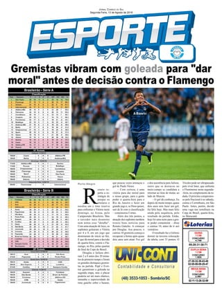 Gremistas vibram com goleada para "dar
moral" antes de decisão contra o Flamengo
27-30-32-36-43-48
02-05-06-09-28-47
CONCURSO
1.825
DUPLA SENA
11/08
09-28-31-36-71
CONCURSO
4.748
QUINA
11/08
02-11-13-26-32-59
CONCURSO
2.067
MEGA SENA
11/08
Jornal Correio do Sul
Segunda-Feira, 13 de Agosto de 2018
Brasileirão - Série A
Brasileirão - Série B
Porto Alegre
R
enato re-
petiu a es-
tratágia de
poupar os
titulares e
escalou um o time reserva
para enfrentar o Vitória neste
domingo, na Arena, pelo
Campeonato Brasileiro. Mas
o torcedor mais desatento
nem notou esse "detalhe".
Com uma atuação de luxo, os
suplentes golearam o Vitória
por 4 a 0, em um jogo que
dominaram do início ao fim.
E que dá moral para a decisão
de quarta-feira, contra o Fla-
mengo, no Rio, pelas quartas
de final da Copa do Brasil.
Douglas e Jailson abri-
ram 2 a 0 antes dos 20 minu-
tos do primeiro tempo e foram
os grandes destaques gremis-
tas na partida. Pepê e Ever-
ton garantiram a goleada na
segunda etapa, mas o placar
poderia ser até mais elástico,
tamanha a superioridade do
time gaúcho sobre o baiano,
que poucas vezes ameaçou o
gol de Paulo Victor.
– Com certeza, é uma
vitória para dar moral para
o nosso grupo, para a gente
poder ir quarta-feira para o
Rio de Janeiro e fazer um
grande jogo e, se Deus quiser,
sair de lá com a classificação
– comemorou Cortez.
Além dos três pontos, a
atuação dos suplentes também
trouxe boas notícias para
Renato Gaúcho. A começar
por Douglas. Aos poucos, o
camisa 10 gremista começa a
recuperar a forma após quase
dois anos sem atuar. Fez gol
e deu assistência para Jailson,
outro que se destacou no
meio-campo se candidata a
retornar ao time de titular, ao
lado de Maicon.
– O gol dá confiança. Eu
depois de muito tempo, quase
dois anos sem fazer um gol,
fui feliz hoje. Mas mais feliz
ainda pela sequência, pelo
resultado da partida. Então,
hoje foi uma noite para a gen-
te poder comemorar – disse
o camisa 10, antes de ir aos
vestiários.
O resultado faz o Grêmio
dormir na terceira colocação
da tabela, com 33 pontos. O
Tricolor pode ser ultrapassado
pelo rival Inter, que enfrenta
o Fluminense nesta segunda-
-feira, no complemento da ro-
dada. O próximo compromis-
so pelo Nacional é no sábado,
contra o Corinthians, em São
Paulo. Antes, porém, decide
uma vaga nas semifinais na
Copa do Brasil, quarta-feira,
no Maracanã.
 