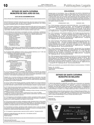 10 Publicações LegaisJornal Correio do Sul
Quinta-feira, 13 de Dezembro de 2018
LEI Nº 1.847 DE 12 DE DEZEMBRO DE 2018.
Estima a Receita e fixa a Despesa do Município de São João do Sul para o exercício financeiro de 2019.
MOACIR FRANCISCO TEIXEIRA, Prefeito Municipal de São João do Sul, Estado de Santa Catarina,
no uso de suas atribuições legais, faz saber a todos os habitantes deste Município, que a Câmara
Municipal de Vereadores aprovou e Ele sanciona a seguinte Lei:
Art. 1º Esta Lei estima a Receita e fixa a Despesa do Município de São João do Sul para o exercício
financeiro de 2019, compreendendo o Orçamento Fiscal e da Seguridade Social, abrangendo os
Poderes Executivo, Legislativo e Fundo Municipal de Saúde, no montante de R$ 37.663.274,00 (trinta
e sete milhões, seiscentos e sessenta e três mil e duzentos e setenta e quatro reais).
Art. 2º As Receitas são decorrentes da arrecadação de tributos, contribuições, transferências
constitucionais e outras receitas correntes e de capital, previstas na legislação vigente e discriminadas
nos demonstrativos da Lei 4.320/64, de forma consolidada, com o seguinte desdobramento:
1 – RECEITAS CORRENTES..................... 22.123.274,00
- Receita Tributária.................................. 1.353.539,00
- Receitas de Contribuições....................... 270.224,00
- Receita Patrimonial.................................. 144.534,00
- Receita de Serviços..................................... 8.756,00
- Transferências Correntes ................... 20.134.713,00
- Outras Receitas Correntes ...................... 211.508,00
2 – RECEITAS DE CAPITAL...................... 15.540.000,00
- Operações de Crédito........................... 5.000.000,00
- Transferências de Capital................... 10.540.000,00
TOTAL.................................................................... 37.663.274,00
Parágrafo único. Integrará esta Lei a estimativa da Receita Orçamentária de cada Unidade Gestora
da Administração Direta, individualizada, na forma dos demonstrativos da Lei Federal nº 4.320 de
17 de março de 1964.
Art. 3º A despesa fixada, detalhada em anexos a esta Lei conforme determina a Lei nº. 4.320, esta
assim distribuída por Unidade Gestora e por Grupos de Natureza:
I – DESPESAS POR UNIDADE GESTORA
1 – CÂMARA MUNICIPAL VEREADORES1.200.000,00
2 – PREFEITURA MUNICIPAL.............. 31.329.293,00
3 – FUNDO MUNICIPAL DE SAÚDE....... 5.133.981,00
TOTAL....................... 37.663.274,00
II – DESPESAS POR GRUPOS DE NATUREZA..............
DESPESAS CORRENTES............................ 20.563.309,00
Pessoal e Encargos Sociais ........... 12.198.314,00
Juros e Encargos da Dívida................... 52.000,00
Outras Despesas Correntes ............. 8.312.995,00
DESPESAS DE CAPITAL.................. 17.074.965,00
Investimentos.................................. 16.419.265,00
Amortização da Dívida......................... 655.700,00
RESERVA DE CONTINGÊNCIA.............. 25.000,00
TOTAL.................... 37.663.274,00
Art. 4º Os recursos da Reserva de Contingência são destinados ao atendimento dos passivos
contingentes, intempéries e outros riscos e eventos fiscais imprevistos, por ato do Chefe do Poder
Executivo Municipal, observado o limite para cada evento de riscos fiscais especificados no Anexo
VII da LDO - Lei de Diretrizes Orçamentárias para o exercício de 2019.
Parágrafo único. Os recursos da Reserva de Contingência destinados a riscos fiscais, caso estes
não se concretizem até o dia 10 de dezembro de 2019, poderão, excepcionalmente, ser utilizados
por ato do Chefe do Poder Executivo Municipal para abertura de créditos adicionais suplementares
de dotações que se tornarem insuficientes.
Art. 5º Fica o Chefe do Poder Executivo autorizado a remanejar dotações de um Grupo de Natureza
de Despesa para outro, de uma Modalidade de Aplicação para outra e de uma fonte de recursos
para outra, observado o equilíbrio financeiro, dentro de cada projeto, atividade ou operação especial.
Art. 6º O Poder Executivo está autorizado, nos termos do Art. 7° da Lei Federal n° 4.320/64, a abrir
créditos adicionais suplementares, até o limite de 30% da Receita estimada para o orçamento total
do Município, utilizando como fontes de recursos:
I - o excesso ou provável excesso de arrecadação, verificado por fonte de recursos, na forma dos
parágrafos 3º e 4º do art. 43 da Lei 4.320/64;
II – o superávit financeiro do exercício anterior na forma do § 2º do art. 43 da Lei 4.320/64.
Parágrafo único. Excluem-se desse limite os créditos adicionais suplementares, decorrentes de leis
municipais específicas aprovadas no exercício.
Art. 7º As despesas por conta de dotações vinculadas a convênios, operações de créditos, alienação
de bens e outras receitas de realização extraordinária somente serão executadas ou utilizadas de
alguma forma, se estiver assegurado o seu ingresso no fluxo de caixa.
Art. 8º Os recursos oriundos de convênios, operações de crédito, alienação de bens e outras receitas
de realização extraordinária, não previstos no orçamento da Receita, ou o seu excesso, poderão ser
utilizados como fontes de recursos para abertura de créditos adicionais suplementares de projetos,
atividades ou operações especiais, por ato do Chefe do Poder Executivo Municipal.
Art. 9º As Receitas de convênios, operações de crédito, alienação de bens e outras de realização
extraordinária, não serão consideradas para efeito de apuração do excesso de arrecadação para fins
de abertura de créditos adicionais suplementares e especiais.
Art. 10. A presente Lei vigorará durante o exercício de 2019, a partir de 1° de janeiro de 2019.
Gabinete do Prefeito Municipal de São João do Sul, 12 de dezembro de 2018.
MOACIR FRANCISCO TEIXEIRA
Prefeito Municipal
Publicada e registrada nesta Secretaria aos doze dias do mês de dezembro do ano de dois mil e dezoito.
TAISE DOS SANTOS ALVES
Secretária Municipal de Administração e Finanças
EDITAL DE INTIMAÇÃO
Claudete Araújo da Cunha Medeiros, Titular do TABELIONATO DE NOTAS E PROTESTOS DE
TÍTULOS desta Comarca de Sombrio, situado na Av. Nereu Ramos, 458 - Fone (48) 3533-0318 - CEP
88960-000, atendimento das 08:00h - 12:00h e 14:00h - 18:00h, faz saber na forma da Lei aos que
o presente EDITAL virem, que se encontram nesse tabelionato para serem protestados, decorrido
o prazo legal de 03 (três) dias úteis, por não terem sido encontrados nos endereços fornecidos, ou
por se recusarem a tomar conhecimento, os títulos cujos responsáveis estão abaixo discriminados.
Ficam esclarecidos, também, de que nesse mesmo prazo poderão apresentar resposta escrita, que
não impedirá a lavratura do protesto.
PROT. APRESENTANTE / CNPJ DEVEDOR / CNPJ
Prot: 173749; Devedor(es): ASSOCIACAO HOSPITALAR DOM JOAQ - 07.051.643/0001-03, End:
Rua Doutor Antonio Bottini, 46, Sombrio; Tip: Normal; Mot: Falta de pagamento; Ced: SOMA/SC
PROD HOSPIT LTDA; Sac: SOMA/SC PROD HOSPIT LTDA; Tit: 142758-C ; Apr: ITAU UNIBANCO
SA ; VEN: 06/12/2018; Esp: Duplicata Venda Mercantil por Indicação; Val: R$ 1.687,67
+ Juros Legais (1% a.m.); Emol.: R$ 58,08. Apontamento R$ 17,00 - Selo R$ 1,90 - Distribuição R$
0,00 - Diligência R$ 34,00 - Condução R$ 7,08 - Digitalização R$ 0,00- Total Emolumentos R$ 58,08.
Prot: 173741; Devedor(es): JOEL PACHECO CARDOSO - 636.375.299-04, End: Rua Santo Antonio,
377, Sombrio; Tip: Normal; Mot: Falta de pagamento; Ced: ALPHA COMERCIAL LTDA; Sac:
ALPHA COMERCIAL LTDA; Tit: 76042/3 ; Apr: ALPHA COMERCIAL 167; VEN: 17/09/2017; Esp:
Duplicata Venda Mercantil por Indicação; Val: R$ 470,00 + Juros Legais (1% a.m.); Emol.: R$ 58,08.
Apontamento R$ 17,00 - Selo R$ 1,90 - Distribuição R$ 0,00 - Diligência R$ 34,00 - Condução R$
7,08 - Digitalização R$ 0,00- Total Emolumentos R$ 58,08.
Prot: 173742; Devedor(es): JOEL PACHECO CARDOSO - 636.375.299-04, End: Rua Santo Antonio,
377, Sombrio; Tip: Normal; Mot: Falta de pagamento; Ced: ALPHA COMERCIAL LTDA; Sac:
ALPHA COMERCIAL LTDA; Tit: 75350/3 ; Apr: ALPHA COMERCIAL 167; VEN: 30/09/2017; Esp:
Duplicata Venda Mercantil por Indicação; Val: R$ 330,00 + Juros Legais (1% a.m.); Emol.: R$ 58,08.
Apontamento R$ 17,00 - Selo R$ 1,90 - Distribuição R$ 0,00 - Diligência R$ 34,00 - Condução R$
7,08 - Digitalização R$ 0,00- Total Emolumentos R$ 58,08.
Prot: 173732; Devedor(es): VALMIR COELHO DA ROSA - 269.395.330-87, End: Rua Manoel
Augusto da Rosa, 192, Sombrio; Tip: Normal; Mot: Falta de pagamento; Ced: PREMEL MATERIAIS
ELETRICOS LTDA; Sac: PREMEL MATERIAIS ELETRICOS LTDA; Tit: 13 ; Apr: FCDL; VEN:
20/05/2018; Esp: Nota Promissória; Val: R$ 500,00 + Juros Legais (1% a.m.); Emol.: R$ 58,08.
Apontamento R$ 17,00 - Selo R$ 1,90 - Distribuição R$ 0,00 - Diligência R$ 34,00 - Condução R$
7,08 - Digitalização R$ 0,00- Total Emolumentos R$ 58,08.
Prot: 173761; Devedor(es): ZULMACADORIN DALLAVECCHIA- 674.277.079-15 e ZULMACADORIN
DELLA VECHIA - 80.476.021/0001-17, End: Rua Padre João Reitz, sn, Sombrio; Tip: Normal; Mot:
Falta de pagamento; Ced: FAZENDA NACIONAL - DIV.ATIVA-MULTA ATR. DECL.; Sac: FAZENDA
NACIONAL - DIV.ATIVA-MULTAATR. DECL.; Tit: 91618009085 ;Apr: Procuradoria-Geral da Fazenda
Nacional; VEN: À VISTA; Esp: Certidão de Dívida Ativa; Val: R$ 2.114,11 + Juros Legais (1% a.m.);
Emol.: R$ 58,08. Apontamento R$ 17,00 - Selo R$ 1,90 - Distribuição R$ 0,00 - Diligência R$ 34,00
- Condução R$ 7,08 - Digitalização R$ 0,00- Total Emolumentos R$ 58,08.
Certifico, para os devidos fins, que o presente edital foi afixado no mural da serventia em: 13/12/2018.
Sombrio - SC, 13/12/2018
Claudete Araújo da Cunha Medeiros
Tabeliã Interina
AVISO DE LICITAÇÃO
PREGÃO PRESENCIAL N.º 088/2018
A PREFEITURA MUNICIPAL DE MELEIRO torna público para conhecimento dos interessados
que no dia 08/01/2019 às 08h30min estará realizando a reunião de recebimento das
propostas do PREGÃO PRESENCIAL N.º 088/2018, objetivando a AQUISIÇÃO DE
MATERIAL ESCOLAR PARA A REDE MUNICIPAL DE ENSINO INFANTIL E FUNDAMENTAL
E MATERIAL DE EXPEDIENTE PARA AS DEMAIS SECRETARIAS DO MUNICÍPIO,
COM ENTREGAS FUTURAS E DE FORMA PARCELADA PARA O EXERCÍCIO DE 2019.
A integra do Edital e maiores informações poderá ser obtido na Prefeitura Municipal de Meleiro, sito a
Rua Sete de Setembro, nº 371, Centro – Meleiro/SC, no horário das 07:00 às 13:00 horas, de Segunda
a Sexta-Feira ou pelo fone 048-3537-8400. A retirada do Edital poderá ser feita no endereço acima
citado ou através da disponibilização no site do município www.meleiro.sc.gov.br.
Meleiro/SC, 12 de dezembro de 2018.
EDER MATTOS
Prefeito Municipal
ESTADO DE SANTA CATARINA
MUNICÍPIO DE MALEIRO
ESTADO DE SANTA CATARINA
MUNICÍPIO DE SÃO JOÃO DO SUL
 