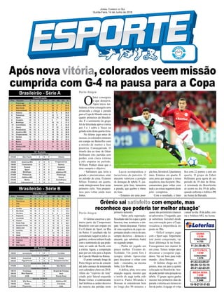 Grêmio sai satisfeito com empate, mas
reconhece que poderia ter melhor atuação'
Após nova vitória, colorados veem missão
cumprida com G-4 na pausa para a Copa
Porto Alegre
Porto Alegre
01-02-03-05-07
08-09-12-14-19
20-21-22-23-25
CONCURSO
1.675
LOTO FÁCIL
13/06
11-34-39-46-75
CONCURSO
4.703
QUINA
13/06
10-19-27-31-51-53
CONCURSO
2.049
MEGA SENA
13/06
Jornal Correio do Sul
Quinta-Feira, 14 de Junho de 2018
O
Inter conseguiu
o que desejava.
Após início tur-
bulento, o time conseguiu uma
arrancada e chega à parada
paraaCopadoMundoentreos
quatro primeiros do Brasilei-
rão. E o sentimento do grupo
foi de felicidade após a vitória
por 3 a 1 sobre o Vasco na
geladanoitedestaquarta-feira.
No último jogo antes do
recesso,oscoloradosentraram
em campo no Beira-Rio com
a missão de manter a fase
positiva. Conseguiram. O
triunfo deu ao time de Odair
Hellmann oito partidas sem
perder, com cinco vitórias
e três empates no período.
William Pottker disse que o
time cumpriu o objetivo:
- Sabíamos que teria a
parada e precisávamos estar
no pelotão de cima. Ficamos
felizes. Estamos em quarto,
onde almejávamos ficar neste
primeiro ciclo. Nos prepare-
mos para voltar ainda mais
fortes.
O Grêmio encerrou a pri-
meira parte do Campeonato
Brasileiro com um empate em
0 a 0 diante do Sport, na Ilha
do Retiro. O resultado não foi
considerado negativo pelos jo-
gadores, embora tenham ficado
com o sentimento de que pode-
riam ter saído de Recife com
a vitória. Agora, a competição
para por um mês para a disputa
da Copa do Mundo na Rússia.
O ponto somado longe de
Porto Alegre serviu de consolo
até pelo cansaço da temporada
com calendário cheio em 2018.
Além do "espírito de luta"
citado pelo lateral-esquerdo
Bruno Cortez, o centroavante
Jael lembrou o caráter decisivo
da maioria das partidas neste
Lucca acompanhou o
raciocíonio do parceiro. O
atacante valorizou a posição
de destaque da tabela. E, jus-
tamente pela fase, lamentou
a parada, que quebra o ritmo
do time.
- Estamos em uma posi-
primeiro semestre.
– Valeu pela superação.
Resultado não foi o que a gente
buscava, mas aconteceu o em-
pate.Vamos descansar.Viemos
de uma sequência de jogos im-
portantes desde o início do ano,
sempre decisivos – destacou o
atacante, que substituiu André
no segundo tempo.
– Podia ter jogado um
pouco melhor. Tivemos di-
ficuldade. Um ponto fora é
sempre válido. Aproveitar
para descansar e voltar com
tudo – emendou, na mesma
linha, Léo Moura.
A defesa, aliás, teve uma
atuação segura, mesmo que
o miolo de zaga tenha sido
reserva. Paulo Miranda e
Bressan se entenderam bem
ao longo dos 90 minutos e
Brasileirão - Série A
Brasileirão - Série B
ção boa, favorável. Queríamos
mais. Estamos em quarto. É
uma pena que segura a nossa
sequência, mas faz parte. Des-
cansaremos para voltar com
tudoeascoisasseguiremdeste
jeito - completou.
Com o resultado, o Inter
quase não permitiram chances
ao adversário. O segundo, que
já substituía Geromel desde
sua convocação para a Copa,
ressaltou a importância do
ponto na Ilha.
– Difícil sempre jogar
com o Sport aqui. Importante
este ponto conquistado, vai
fazer diferença lá na frente.
Conseguimos nos manter lá
em cima. Temos tempo para
descansar e recuperar joga-
dores. Vai ser bom para todo
mundo – disse Bressan.
O Grêmio chega aos 20
pontos, mas cai para a quinta
colocação no Brasileirão.Ain-
da pode perder uma posição na
tabela. O grupo agora ganha
recesso nos primeiros dias de
parada e retorna aos treinos no
fim de junho.Aequipe só volta
a atuar no dia 18 de julho, con-
tra o Atlético-MG, na Arena.
fica com 22 pontos e está em
quarto. O grupo de Odair
Hellmann goza agora de um
período de 10 dias de férias.
A retomada do Brasileirão
só ocorre no dia 19 de julho,
quando enfrenta oAtlético-PR
na Arena da Baixada.
 