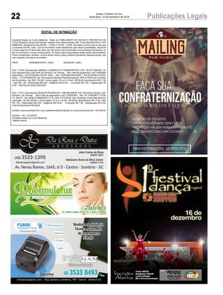 22 Publicações LegaisJornal Correio do Sul
Sexta-feira, 14 de Dezembro de 2018
EDITAL DE INTIMAÇÃO
Claudete Araújo da Cunha Medeiros, Titular do TABELIONATO DE NOTAS E PROTESTOS DE
TÍTULOS desta Comarca de Sombrio, situado naAv. Nereu Ramos, 458 - Fone (48) 3533-0318 - CEP
88960-000, atendimento das 08:00h - 12:00h e 14:00h - 18:00h, faz saber na forma da Lei aos que
o presente EDITAL virem, que se encontram nesse tabelionato para serem protestados, decorrido
o prazo legal de 03 (três) dias úteis, por não terem sido encontrados nos endereços fornecidos, ou
por se recusarem a tomar conhecimento, os títulos cujos responsáveis estão abaixo discriminados.
Ficam esclarecidos, também, de que nesse mesmo prazo poderão apresentar resposta escrita, que
não impedirá a lavratura do protesto.
PROT. APRESENTANTE / CNPJ DEVEDOR / CNPJ
Prot: 173765; Devedor(es): MARSUL COMERCIO E TRANSPORTES LTDA - 95.877.098/0001-76,
End:Avenida Papa João XXIII, 50, Sombrio; Tip: Normal; Mot: Falta de pagamento; Ced: FAZENDA
NACIONAL - DIV.ATIVA-MULTAATR. DECL.; Sac: FAZENDA NACIONAL - DIV.ATIVA-MULTAATR.
DECL.; Tit: 91618009106 ;Apr: Procuradoria-Geral da Fazenda Nacional; VEN: À VISTA; Esp: Certidão
de Dívida Ativa; Val: R$ 2.143,98 + Juros Legais (1% a.m.); Emol.: R$ 58,08. Apontamento R$ 17,00
- Selo R$ 1,90 - Distribuição R$ 0,00 - Diligência R$ 34,00 - Condução R$ 7,08 - Digitalização R$
0,00- Total Emolumentos R$ 58,08.
Prot: 173713; Devedor(es): MOACIR RODRIGUES - 398.588.209-68, End: Rua Alvaro Silveira, 240,
Sombrio; Tip: Normal; Mot: Falta de pagamento; Ced: CONFESOL; Sac: ZF CONCRETT LTDA;
Tit: 226-03 ; Apr: BANCO BRADESCO S A; VEN: 03/12/2018; Esp: Duplicata Venda Mercantil por
Indicação; Val: R$ 260,00 + Juros Legais (1% a.m.); Emol.: R$ 58,08. Apontamento R$ 17,00 - Selo
R$ 1,90 - Distribuição R$ 0,00 - Diligência R$ 34,00 - Condução R$ 7,08 - Digitalização R$ 0,00-
Total Emolumentos R$ 58,08.
Certifico, para os devidos fins, que o presente edital foi afixado no mural da serventia em: 14/12/2018.
Sombrio - SC, 14/12/2018
Claudete Araújo da Cunha Medeiros
Tabeliã Interina
 