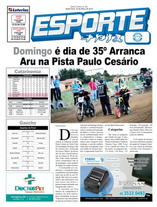 Domingo é dia de 35º Arranca
Aru na Pista Paulo Cesário
Araranguá
11-12-14-27-31-44
02-12-25-27-31-40
CONCURSO
1.768
DUPLA SENA
15/03
15-35-58-72-80
CONCURSO
4.630
QUINA
15/03
JORNAL CORREIO DO SUL
Sexta-Feira, 16 de Março de 2018
D
o m i n g o
é dia dos
motores
roncarem,
é dia de
colocar as máquinas na pista
Paulo Cesário na Volta Curta
emAraranguá, domingo é dia
de Arranca Aru, Arrancada
de Carros e Motos. As provas
são da fase classificatória,
que já começa às 9h da ma-
nhã. Estão sendo esperados
vários competidores não só
de Araranguá, como também
da região, do estado e de fora.
O Arrancadão já é tra-
dicional e consagrado pelos
competidores que participam,
tanto que já está na sua 35º
edição. São vários os compe-
tidores que participam com
seus carros suas motos, e
passam tempos ajeitando suas
máquinas para a prova.
É esperado um bom
número de competidores e
também um bom público
para acompanhar as provas.
"Esperamos um bom público
na pista do seu Paulo Cesário,
serámaisumdomingodepura
emoção e confraternização
entreos amantes daArrancada
de Motos e Carros, será um
dia de confraternização entre
os competidores e amigos.
Convido a todos os compe-
tidores para competir neste
domingo e convido também
todos para acompanhar mais
esta edição do Arranca Aru",
disz o organizador Erlon Pet-
Gaúcho
Catarinense
ter da Elpin Sonorização.
Categorias
São várias as categorias
que estarão em jogo. A cate-
goria Carro é subdividida em:
TraçãonaDianteira,Traçãona
Traseira, Fusca 1600, Força
Livre e desaﬁo de Carros. Já
nas motos, as categorias são:
125 4mm, 150 4mm, 125
montada, 150 montada, 150
livre, Fórmula RD, 200 2tem-
pos, Desaﬁo 240cc, 500 Livre
e Força Livre. As premiações
serão em dinheiro.
A 35º edição do Arranca
Aru terá a cobertura completa
da equipe do Tempero Espor-
tivo que estará no domingo
cobrindo com filmagens e
entrevistas.
 