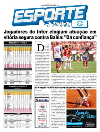 Araranguá reunirá atletas em etapa de competição de tênis
Jogadores do Inter elogiam atuação em
vitóriaseguracontraBahia:"Dáconfiança"
Araranguá
Porto Alegre
06 08 23 24 28 49
04 06 21 35 36 47
CONCURSO
1.777
DUPLA SENA
14/04
30 56 60 75 76
CONCURSO
4.655
QUINA
14/04
18 23 37 39 50 55
CONCURSO
2.031
MEGA SENA
14/04
Jornal Correio do Sul
Segunda-Feira, 16 de Abril de 2018
Está marcado para a
noite desta segunda-feira,
dia 16, na quadra coberta
D
e volta
à elite do
Brasilei-
rão, nada
m e l h o r
do que estrear com vitória
e em casa. Neste domingo,
o Inter fez o dever caseiro
e venceu o Bahia por 1 a 0,
no Beira-Rio, pela primeira
rodada do Brasileirão.
Após a partida, os joga-
dores deixaram clara a satis-
fação pela estreia com vitória
madura, sem sustos ante ao
rival baiano. Marcelo Lom-
ba, por exemplo, disse que
o triunfo serve de confiança
para as próximas partidas.
– Conseguimos o resulta-
do, fizemos um jogo seguro.
A equipe fez uma das gran-
des partidas no ano. Nos dá
confiança para o Brasileirão
e também para o jogo contra
o Vitória – afirma Lomba.
Substituído na segunda
etapa, William destacou que
o Inter criou o suficiente para
fazer um placar mais elásti-
co. Mas ficou satisfeito com
o resultado.
– Criamos até mais opor-
tunidades, poderíamos ter
Brasileirão - Série A
Brasileirão - Série B
ampliado o placar. O mais
importante foi a vitória.
Mostramos força na nossa
casa – afirma.
A partir de então, o Inter
se preparar para encarar o
Vitória, quinta-feira, no Bar-
radão, pela Copa do Brasil.
Conta com a vantagem por
ter vencido o jogo da ida
por 2 a 1. Pelo Brasileirão,
o próximo compromisso é
domingo contra o Palmeiras,
no Pacaembu.
do Grêmio Fronteira, o
início da 4ª Etapa de Tê-
nis do Grêmio Fronteira.
Com jogos todas as noites,
a competição vai reunir
os melhores tenistas do
clube, em partidas de tirar
o fôlego.
De acordo com o ge-
rente de Esportes, Filipe
Bertoncini, a competição
vai reunir jogos nas cate-
gorias de 1ª, 2ª e 3ª classe.
"E os competidores terão
direito a água, bolinhas
e a uma confraternização
especial ao fim da etapa",
revelou.
A expectativa, ainda se-
gundo a gerência de Espor-
tes, é alta. "Recebemos um
bom número de inscritos,
o que garantirá uma etapa
com ótimos jogos aqui no
Grêmio Fronteira", salien-
tou Bertoncini.
 