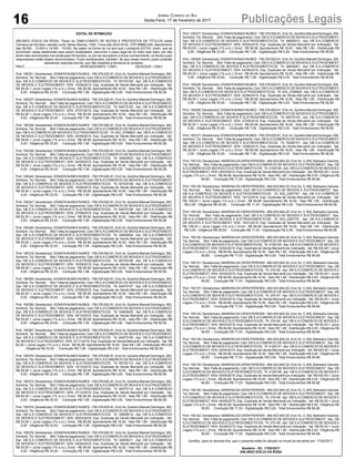 16 Publicações LegaisJornal Correio do Sul
Sexta-Feira, 17 de Fevereiro de 2017
EDITAL DE INTIMAÇÃO
ARLINDO EDÍLIO DA ROSA, Titular do TABELIONATO DE NOTAS E PROTESTOS DE TÍTULOS desta
Comarca de Sombrio, situado na Av. Nereu Ramos, 1300 - Fone (48) 3533-0318 - CEP 88960-000, atendimento
das 08:00h - 12:00h e 14:00h - 18:00h, faz saber na forma da Lei aos que o presente EDITAL virem, que se
encontram nesse tabelionato para serem protestados, decorrido o prazo legal de 03 (três) dias úteis, por não
terem sido encontrados nos endereços fornecidos, ou por se recusarem a tomar conhecimento, os títulos cujos
responsáveis estão abaixo discriminados. Ficam esclarecidos, também, de que nesse mesmo prazo poderão
apresentar resposta escrita, que não impedirá a lavratura do protesto.
PROT. .............................................................APRESENTANTE / CNPJ DEVEDOR / CNPJ
Prot: 155351; Devedor(es): DONATANUNES NUNES - 759.376.620-91, End:Av. Quintino Manoel Domingos, 300,
Sombrio; Tip: Normal; Mot: Falta de pagamento; Ced: DB S.A COMERCIO DE MOVEIS E ELETRODOMEST;
Sac: DB S.A COMERCIO DE MOVEIS E ELETRODOMESTICOS; Tit: 50725109 ; Apr: DB S.A COMERCIO
DE MOVEIS E ELETRODOMEST; VEN: 15/09/2015; Esp: Duplicata de Venda Mercantil por Indicação; Val:
R$ 95,00 + Juros Legais (1% a.m.); Emol.: R$ 56,58. Apontamento R$ 16,50 - Selo R$ 1,85 - Distribuição R$
0,00 - Diligência R$ 33,00 - Condução R$ 7,08 - Digitalização R$ 0,00- Total Emolumentos R$ 56,58.
Prot: 155337; Devedor(es): DONATANUNES NUNES - 759.376.620-91, End:Av. Quintino Manoel Domingos, 300,
Sombrio; Tip: Normal; Mot: Falta de pagamento; Ced: DB S.A COMERCIO DE MOVEIS E ELETRODOMEST;
Sac: DB S.A COMERCIO DE MOVEIS E ELETRODOMESTICOS; Tit: 64075105 ; Apr: DB S.A COMERCIO
DE MOVEIS E ELETRODOMEST; VEN: 27/07/2015; Esp: Duplicata de Venda Mercantil por Indicação; Val:
R$ 82,00 + Juros Legais (1% a.m.); Emol.: R$ 56,58. Apontamento R$ 16,50 - Selo R$ 1,85 - Distribuição R$
0,00 - Diligência R$ 33,00 - Condução R$ 7,08 - Digitalização R$ 0,00- Total Emolumentos R$ 56,58.
Prot: 155338; Devedor(es): DONATANUNES NUNES - 759.376.620-91, End:Av. Quintino Manoel Domingos, 300,
Sombrio; Tip: Normal; Mot: Falta de pagamento; Ced: DB S.A COMERCIO DE MOVEIS E ELETRODOMEST;
Sac: DB S.A COMERCIO DE MOVEIS E ELETRODOMESTICOS; Tit: SGI_2706820 ; Apr: DB S.A COMERCIO
DE MOVEIS E ELETRODOMEST; VEN: 02/08/2015; Esp: Duplicata de Venda Mercantil por Indicação; Val:
R$ 59,00 + Juros Legais (1% a.m.); Emol.: R$ 56,58. Apontamento R$ 16,50 - Selo R$ 1,85 - Distribuição R$
0,00 - Diligência R$ 33,00 - Condução R$ 7,08 - Digitalização R$ 0,00- Total Emolumentos R$ 56,58.
Prot: 155339; Devedor(es): DONATANUNES NUNES - 759.376.620-91, End:Av. Quintino Manoel Domingos, 300,
Sombrio; Tip: Normal; Mot: Falta de pagamento; Ced: DB S.A COMERCIO DE MOVEIS E ELETRODOMEST;
Sac: DB S.A COMERCIO DE MOVEIS E ELETRODOMESTICOS; Tit: 34605003 ; Apr: DB S.A COMERCIO
DE MOVEIS E ELETRODOMEST; VEN: 04/08/2015; Esp: Duplicata de Venda Mercantil por Indicação; Val:
R$ 93,00 + Juros Legais (1% a.m.); Emol.: R$ 56,58. Apontamento R$ 16,50 - Selo R$ 1,85 - Distribuição R$
0,00 - Diligência R$ 33,00 - Condução R$ 7,08 - Digitalização R$ 0,00- Total Emolumentos R$ 56,58.
Prot: 155345; Devedor(es): DONATANUNES NUNES - 759.376.620-91, End:Av. Quintino Manoel Domingos, 300,
Sombrio; Tip: Normal; Mot: Falta de pagamento; Ced: DB S.A COMERCIO DE MOVEIS E ELETRODOMEST;
Sac: DB S.A COMERCIO DE MOVEIS E ELETRODOMESTICOS; Tit: 50725108 ; Apr: DB S.A COMERCIO
DE MOVEIS E ELETRODOMEST; VEN: 15/08/2015; Esp: Duplicata de Venda Mercantil por Indicação; Val:
R$ 95,00 + Juros Legais (1% a.m.); Emol.: R$ 56,58. Apontamento R$ 16,50 - Selo R$ 1,85 - Distribuição R$
0,00 - Diligência R$ 33,00 - Condução R$ 7,08 - Digitalização R$ 0,00- Total Emolumentos R$ 56,58.
Prot: 155347; Devedor(es): DONATANUNES NUNES - 759.376.620-91, End:Av. Quintino Manoel Domingos, 300,
Sombrio; Tip: Normal; Mot: Falta de pagamento; Ced: DB S.A COMERCIO DE MOVEIS E ELETRODOMEST;
Sac: DB S.A COMERCIO DE MOVEIS E ELETRODOMESTICOS; Tit: 64075106 ; Apr: DB S.A COMERCIO
DE MOVEIS E ELETRODOMEST; VEN: 27/08/2015; Esp: Duplicata de Venda Mercantil por Indicação; Val:
R$ 82,00 + Juros Legais (1% a.m.); Emol.: R$ 56,58. Apontamento R$ 16,50 - Selo R$ 1,85 - Distribuição R$
0,00 - Diligência R$ 33,00 - Condução R$ 7,08 - Digitalização R$ 0,00- Total Emolumentos R$ 56,58.
Prot: 155349; Devedor(es): DONATANUNES NUNES - 759.376.620-91, End:Av. Quintino Manoel Domingos, 300,
Sombrio; Tip: Normal; Mot: Falta de pagamento; Ced: DB S.A COMERCIO DE MOVEIS E ELETRODOMEST;
Sac: DB S.A COMERCIO DE MOVEIS E ELETRODOMESTICOS; Tit: 34605004 ; Apr: DB S.A COMERCIO
DE MOVEIS E ELETRODOMEST; VEN: 04/09/2015; Esp: Duplicata de Venda Mercantil por Indicação; Val:
R$ 93,00 + Juros Legais (1% a.m.); Emol.: R$ 56,58. Apontamento R$ 16,50 - Selo R$ 1,85 - Distribuição R$
0,00 - Diligência R$ 33,00 - Condução R$ 7,08 - Digitalização R$ 0,00- Total Emolumentos R$ 56,58.
Prot: 155318; Devedor(es): DONATANUNES NUNES - 759.376.620-91, End:Av. Quintino Manoel Domingos, 300,
Sombrio; Tip: Normal; Mot: Falta de pagamento; Ced: DB S.A COMERCIO DE MOVEIS E ELETRODOMEST;
Sac: DB S.A COMERCIO DE MOVEIS E ELETRODOMESTICOS; Tit: 50725106 ; Apr: DB S.A COMERCIO
DE MOVEIS E ELETRODOMEST; VEN: 15/06/2015; Esp: Duplicata de Venda Mercantil por Indicação; Val:
R$ 95,00 + Juros Legais (1% a.m.); Emol.: R$ 56,58. Apontamento R$ 16,50 - Selo R$ 1,85 - Distribuição R$
0,00 - Diligência R$ 33,00 - Condução R$ 7,08 - Digitalização R$ 0,00- Total Emolumentos R$ 56,58.
Prot: 155355; Devedor(es): DONATANUNES NUNES - 759.376.620-91, End:Av. Quintino Manoel Domingos, 300,
Sombrio; Tip: Normal; Mot: Falta de pagamento; Ced: DB S.A COMERCIO DE MOVEIS E ELETRODOMEST;
Sac: DB S.A COMERCIO DE MOVEIS E ELETRODOMESTICOS; Tit: 64075107 ; Apr: DB S.A COMERCIO
DE MOVEIS E ELETRODOMEST; VEN: 27/09/2015; Esp: Duplicata de Venda Mercantil por Indicação; Val:
R$ 82,00 + Juros Legais (1% a.m.); Emol.: R$ 56,58. Apontamento R$ 16,50 - Selo R$ 1,85 - Distribuição R$
0,00 - Diligência R$ 33,00 - Condução R$ 7,08 - Digitalização R$ 0,00- Total Emolumentos R$ 56,58.
Prot: 155356; Devedor(es): DONATANUNES NUNES - 759.376.620-91, End:Av. Quintino Manoel Domingos, 300,
Sombrio; Tip: Normal; Mot: Falta de pagamento; Ced: DB S.A COMERCIO DE MOVEIS E ELETRODOMEST;
Sac: DB S.A COMERCIO DE MOVEIS E ELETRODOMESTICOS; Tit: 34605005 ; Apr: DB S.A COMERCIO
DE MOVEIS E ELETRODOMEST; VEN: 05/10/2015; Esp: Duplicata de Venda Mercantil por Indicação; Val:
R$ 93,00 + Juros Legais (1% a.m.); Emol.: R$ 56,58. Apontamento R$ 16,50 - Selo R$ 1,85 - Distribuição R$
0,00 - Diligência R$ 33,00 - Condução R$ 7,08 - Digitalização R$ 0,00- Total Emolumentos R$ 56,58.
Prot: 155367; Devedor(es): DONATANUNES NUNES - 759.376.620-91, End:Av. Quintino Manoel Domingos, 300,
Sombrio; Tip: Normal; Mot: Falta de pagamento; Ced: DB S.A COMERCIO DE MOVEIS E ELETRODOMEST;
Sac: DB S.A COMERCIO DE MOVEIS E ELETRODOMESTICOS; Tit: 64075109 ; Apr: DB S.A COMERCIO
DE MOVEIS E ELETRODOMEST; VEN: 27/11/2015; Esp: Duplicata de Venda Mercantil por Indicação; Val: R$
82,00 + Juros Legais (1% a.m.); Emol.: R$ 56,58. Apontamento R$ 16,50 - Selo R$ 1,85 - Distribuição R$ 0,00
- Diligência R$ 33,00 - Condução R$ 7,08 - Digitalização R$ 0,00- Total Emolumentos R$ 56,58.
Prot: 155370; Devedor(es): DONATANUNES NUNES - 759.376.620-91, End:Av. Quintino Manoel Domingos, 300,
Sombrio; Tip: Normal; Mot: Falta de pagamento; Ced: DB S.A COMERCIO DE MOVEIS E ELETRODOMEST;
Sac: DB S.A COMERCIO DE MOVEIS E ELETRODOMESTICOS; Tit: 50725112 ; Apr: DB S.A COMERCIO
DE MOVEIS E ELETRODOMEST; VEN: 15/12/2015; Esp: Duplicata de Venda Mercantil por Indicação; Val:
R$ 95,00 + Juros Legais (1% a.m.); Emol.: R$ 56,58. Apontamento R$ 16,50 - Selo R$ 1,85 - Distribuição R$
0,00 - Diligência R$ 33,00 - Condução R$ 7,08 - Digitalização R$ 0,00- Total Emolumentos R$ 56,58.
Prot: 155372; Devedor(es): DONATANUNES NUNES - 759.376.620-91, End:Av. Quintino Manoel Domingos, 300,
Sombrio; Tip: Normal; Mot: Falta de pagamento; Ced: DB S.A COMERCIO DE MOVEIS E ELETRODOMEST;
Sac: DB S.A COMERCIO DE MOVEIS E ELETRODOMESTICOS; Tit: 64075110 ; Apr: DB S.A COMERCIO
DE MOVEIS E ELETRODOMEST; VEN: 27/12/2015; Esp: Duplicata de Venda Mercantil por Indicação; Val:
R$ 82,00 + Juros Legais (1% a.m.); Emol.: R$ 56,58. Apontamento R$ 16,50 - Selo R$ 1,85 - Distribuição R$
0,00 - Diligência R$ 33,00 - Condução R$ 7,08 - Digitalização R$ 0,00- Total Emolumentos R$ 56,58.
Prot: 155375; Devedor(es): DONATANUNES NUNES - 759.376.620-91, End:Av. Quintino Manoel Domingos, 300,
Sombrio; Tip: Normal; Mot: Falta de pagamento; Ced: DB S.A COMERCIO DE MOVEIS E ELETRODOMEST;
Sac: DB S.A COMERCIO DE MOVEIS E ELETRODOMESTICOS; Tit: 34605010 ; Apr: DB S.A COMERCIO
DE MOVEIS E ELETRODOMEST; VEN: 06/03/2016; Esp: Duplicata de Venda Mercantil por Indicação; Val:
R$ 93,00 + Juros Legais (1% a.m.); Emol.: R$ 56,58. Apontamento R$ 16,50 - Selo R$ 1,85 - Distribuição R$
0,00 - Diligência R$ 33,00 - Condução R$ 7,08 - Digitalização R$ 0,00- Total Emolumentos R$ 56,58.
Prot: 155376; Devedor(es): DONATANUNES NUNES - 759.376.620-91, End:Av. Quintino Manoel Domingos, 300,
Sombrio; Tip: Normal; Mot: Falta de pagamento; Ced: DB S.A COMERCIO DE MOVEIS E ELETRODOMEST;
Sac: DB S.A COMERCIO DE MOVEIS E ELETRODOMESTICOS; Tit: 34605011 ; Apr: DB S.A COMERCIO
DE MOVEIS E ELETRODOMEST; VEN: 04/04/2016; Esp: Duplicata de Venda Mercantil por Indicação; Val:
R$ 93,00 + Juros Legais (1% a.m.); Emol.: R$ 56,58. Apontamento R$ 16,50 - Selo R$ 1,85 - Distribuição R$
0,00 - Diligência R$ 33,00 - Condução R$ 7,08 - Digitalização R$ 0,00- Total Emolumentos R$ 56,58.
Prot: 155377; Devedor(es): DONATANUNES NUNES - 759.376.620-91, End:Av. Quintino Manoel Domingos, 300,
Sombrio; Tip: Normal; Mot: Falta de pagamento; Ced: DB S.A COMERCIO DE MOVEIS E ELETRODOMEST;
Sac: DB S.A COMERCIO DE MOVEIS E ELETRODOMESTICOS; Tit: 34605012 ; Apr: DB S.A COMERCIO
DE MOVEIS E ELETRODOMEST; VEN: 05/05/2016; Esp: Duplicata de Venda Mercantil por Indicação; Val:
R$ 93,00 + Juros Legais (1% a.m.); Emol.: R$ 56,58. Apontamento R$ 16,50 - Selo R$ 1,85 - Distribuição R$
0,00 - Diligência R$ 33,00 - Condução R$ 7,08 - Digitalização R$ 0,00- Total Emolumentos R$ 56,58.
Prot: 155309; Devedor(es): DONATANUNES NUNES - 759.376.620-91, End:Av. Quintino Manoel Domingos, 300,
Sombrio; Tip: Normal; Mot: Falta de pagamento; Ced: DB S.A COMERCIO DE MOVEIS E ELETRODOMEST;
Sac: DB S.A COMERCIO DE MOVEIS E ELETRODOMESTICOS; Tit: 34605001 ; Apr: DB S.A COMERCIO
DE MOVEIS E ELETRODOMEST; VEN: 04/06/2015; Esp: Duplicata de Venda Mercantil por Indicação; Val:
R$ 93,00 + Juros Legais (1% a.m.); Emol.: R$ 56,58. Apontamento R$ 16,50 - Selo R$ 1,85 - Distribuição R$
0,00 - Diligência R$ 33,00 - Condução R$ 7,08 - Digitalização R$ 0,00- Total Emolumentos R$ 56,58.
Prot: 155308; Devedor(es): DONATANUNES NUNES - 759.376.620-91, End:Av. Quintino Manoel Domingos, 300,
Sombrio; Tip: Normal; Mot: Falta de pagamento; Ced: DB S.A COMERCIO DE MOVEIS E ELETRODOMEST;
Sac: DB S.A COMERCIO DE MOVEIS E ELETRODOMESTICOS; Tit: SGI_2706820 ; Apr: DB S.A COMERCIO
DE MOVEIS E ELETRODOMEST; VEN: 02/06/2015; Esp: Duplicata de Venda Mercantil por Indicação; Val:
R$ 59,00 + Juros Legais (1% a.m.); Emol.: R$ 56,58. Apontamento R$ 16,50 - Selo R$ 1,85 - Distribuição R$
0,00 - Diligência R$ 33,00 - Condução R$ 7,08 - Digitalização R$ 0,00- Total Emolumentos R$ 56,58.
Prot: 155306; Devedor(es): DONATANUNES NUNES - 759.376.620-91, End:Av. Quintino Manoel Domingos, 300,
Sombrio; Tip: Normal; Mot: Falta de pagamento; Ced: DB S.A COMERCIO DE MOVEIS E ELETRODOMEST;
Sac: DB S.A COMERCIO DE MOVEIS E ELETRODOMESTICOS; Tit: 64075103 ; Apr: DB S.A COMERCIO
DE MOVEIS E ELETRODOMEST; VEN: 27/05/2015; Esp: Duplicata de Venda Mercantil por Indicação; Val:
R$ 82,00 + Juros Legais (1% a.m.); Emol.: R$ 56,58. Apontamento R$ 16,50 - Selo R$ 1,85 - Distribuição R$
0,00 - Diligência R$ 33,00 - Condução R$ 7,08 - Digitalização R$ 0,00- Total Emolumentos R$ 56,58.
Prot: 155317; Devedor(es): DONATANUNES NUNES - 759.376.620-91, End:Av. Quintino Manoel Domingos, 300,
Sombrio; Tip: Normal; Mot: Falta de pagamento; Ced: DB S.A COMERCIO DE MOVEIS E ELETRODOMEST;
Sac: DB S.A COMERCIO DE MOVEIS E ELETRODOMESTICOS; Tit: 70295101 ; Apr: DB S.A COMERCIO
DE MOVEIS E ELETRODOMEST; VEN: 10/06/2015; Esp: Duplicata de Venda Mercantil por Indicação; Val:
R$ 20,00 + Juros Legais (1% a.m.); Emol.: R$ 56,58. Apontamento R$ 16,50 - Selo R$ 1,85 - Distribuição R$
0,00 - Diligência R$ 33,00 - Condução R$ 7,08 - Digitalização R$ 0,00- Total Emolumentos R$ 56,58.
Prot: 155133; Devedor(es): MARENILDAVIERAPEREIRA- 484.933.840-20, End:Av. 3, 400, Balneario Gaivota;
Tip: Normal; Mot: Falta de pagamento; Ced: DB S.A COMERCIO DE MOVEIS E ELETRODOMEST; Sac: DB
S.ACOMERCIO DE MOVEIS E ELETRODOMESTICOS; Tit: 4105106 ;Apr: DB S.ACOMERCIO DE MOVEIS E
ELETRODOMEST; VEN: 05/03/2015; Esp: Duplicata de Venda Mercantil por Indicação; Val: R$ 400,00 + Juros
Legais (1% a.m.); Emol.: R$ 84,68. Apontamento R$ 16,50 - Selo R$ 1,85 - Distribuição R$ 0,00 - Diligência R$
50,65 - Condução R$ 17,53 - Digitalização R$ 0,00- Total Emolumentos R$ 84,68.
Prot: 155126; Devedor(es): MARENILDAVIERAPEREIRA- 484.933.840-20, End:Av. 3, 400, Balneario Gaivota;
Tip: Normal; Mot: Falta de pagamento; Ced: DB S.A COMERCIO DE MOVEIS E ELETRODOMEST; Sac:
DB S.A COMERCIO DE MOVEIS E ELETRODOMESTICOS; Tit: SGI_2397757 ; Apr: DB S.A COMERCIO
DE MOVEIS E ELETRODOMEST; VEN: 15/12/2014; Esp: Duplicata de Venda Mercantil por Indicação; Val:
R$ 159,00 + Juros Legais (1% a.m.); Emol.: R$ 84,68. Apontamento R$ 16,50 - Selo R$ 1,85 - Distribuição
R$ 0,00 - Diligência R$ 50,65 - Condução R$ 17,53 - Digitalização R$ 0,00- Total Emolumentos R$ 84,68.
Prot: 155129; Devedor(es): MARENILDAVIERAPEREIRA- 484.933.840-20, End:Av. 3, 400, Balneario Gaivota;
Tip: Normal; Mot: Falta de pagamento; Ced: DB S.A COMERCIO DE MOVEIS E ELETRODOMEST; Sac:
DB S.A COMERCIO DE MOVEIS E ELETRODOMESTICOS; Tit: SGI_2397757 ; Apr: DB S.A COMERCIO
DE MOVEIS E ELETRODOMEST; VEN: 15/01/2015; Esp: Duplicata de Venda Mercantil por Indicação; Val:
R$ 159,00 + Juros Legais (1% a.m.); Emol.: R$ 84,68. Apontamento R$ 16,50 - Selo R$ 1,85 - Distribuição
R$ 0,00 - Diligência R$ 50,65 - Condução R$ 17,53 - Digitalização R$ 0,00- Total Emolumentos R$ 84,68.
Prot: 155130; Devedor(es): MARENILDAVIERAPEREIRA- 484.933.840-20, End:Av. 3, 400, Balneario Gaivota;
Tip: Normal; Mot: Falta de pagamento; Ced: DB S.A COMERCIO DE MOVEIS E ELETRODOMEST; Sac: DB
S.ACOMERCIO DE MOVEIS E ELETRODOMESTICOS; Tit: 4105105 ;Apr: DB S.ACOMERCIO DE MOVEIS E
ELETRODOMEST; VEN: 03/02/2015; Esp: Duplicata de Venda Mercantil por Indicação; Val: R$ 400,00 + Juros
Legais (1% a.m.); Emol.: R$ 84,68. Apontamento R$ 16,50 - Selo R$ 1,85 - Distribuição R$ 0,00 - Diligência R$
50,65 - Condução R$ 17,53 - Digitalização R$ 0,00- Total Emolumentos R$ 84,68.
Prot: 155131; Devedor(es): MARENILDAVIERAPEREIRA- 484.933.840-20, End:Av. 3, 400, Balneario Gaivota;
Tip: Normal; Mot: Falta de pagamento; Ced: DB S.A COMERCIO DE MOVEIS E ELETRODOMEST; Sac: DB
S.A COMERCIO DE MOVEIS E ELETRODOMESTICOS; Tit: 274-05 ; Apr: DB S.A COMERCIO DE MOVEIS E
ELETRODOMEST; VEN: 04/02/2015; Esp: Duplicata de Venda Mercantil por Indicação; Val: R$ 50,00 + Juros
Legais (1% a.m.); Emol.: R$ 84,68. Apontamento R$ 16,50 - Selo R$ 1,85 - Distribuição R$ 0,00 - Diligência R$
50,65 - Condução R$ 17,53 - Digitalização R$ 0,00- Total Emolumentos R$ 84,68.
Prot: 155137; Devedor(es): MARENILDAVIERAPEREIRA- 484.933.840-20, End:Av. 3, 400, Balneario Gaivota;
Tip: Normal; Mot: Falta de pagamento; Ced: DB S.A COMERCIO DE MOVEIS E ELETRODOMEST; Sac: DB
S.A COMERCIO DE MOVEIS E ELETRODOMESTICOS; Tit: 274-07 ; Apr: DB S.A COMERCIO DE MOVEIS E
ELETRODOMEST; VEN: 03/04/2015; Esp: Duplicata de Venda Mercantil por Indicação; Val: R$ 50,00 + Juros
Legais (1% a.m.); Emol.: R$ 84,68. Apontamento R$ 16,50 - Selo R$ 1,85 - Distribuição R$ 0,00 - Diligência R$
50,65 - Condução R$ 17,53 - Digitalização R$ 0,00- Total Emolumentos R$ 84,68.
Prot: 155134; Devedor(es): MARENILDAVIERAPEREIRA- 484.933.840-20, End:Av. 3, 400, Balneario Gaivota;
Tip: Normal; Mot: Falta de pagamento; Ced: DB S.A COMERCIO DE MOVEIS E ELETRODOMEST; Sac: DB
S.A COMERCIO DE MOVEIS E ELETRODOMESTICOS; Tit: 274-06 ; Apr: DB S.A COMERCIO DE MOVEIS E
ELETRODOMEST; VEN: 06/03/2015; Esp: Duplicata de Venda Mercantil por Indicação; Val: R$ 50,00 + Juros
Legais (1% a.m.); Emol.: R$ 84,68. Apontamento R$ 16,50 - Selo R$ 1,85 - Distribuição R$ 0,00 - Diligência R$
50,65 - Condução R$ 17,53 - Digitalização R$ 0,00- Total Emolumentos R$ 84,68.
Prot: 155136; Devedor(es): MARENILDAVIERAPEREIRA- 484.933.840-20, End:Av. 3, 400, Balneario Gaivota;
Tip: Normal; Mot: Falta de pagamento; Ced: DB S.A COMERCIO DE MOVEIS E ELETRODOMEST; Sac: DB
S.ACOMERCIO DE MOVEIS E ELETRODOMESTICOS; Tit: 4105107 ;Apr: DB S.ACOMERCIO DE MOVEIS E
ELETRODOMEST; VEN: 02/04/2015; Esp: Duplicata de Venda Mercantil por Indicação; Val: R$ 400,00 + Juros
Legais (1% a.m.); Emol.: R$ 84,68. Apontamento R$ 16,50 - Selo R$ 1,85 - Distribuição R$ 0,00 - Diligência R$
50,65 - Condução R$ 17,53 - Digitalização R$ 0,00- Total Emolumentos R$ 84,68.
Prot: 155139; Devedor(es): MARENILDAVIERAPEREIRA- 484.933.840-20, End:Av. 3, 400, Balneario Gaivota;
Tip: Normal; Mot: Falta de pagamento; Ced: DB S.A COMERCIO DE MOVEIS E ELETRODOMEST; Sac: DB
S.ACOMERCIO DE MOVEIS E ELETRODOMESTICOS; Tit: 4105108 ;Apr: DB S.ACOMERCIO DE MOVEIS E
ELETRODOMEST; VEN: 03/05/2015; Esp: Duplicata de Venda Mercantil por Indicação; Val: R$ 400,00 + Juros
Legais (1% a.m.); Emol.: R$ 84,68. Apontamento R$ 16,50 - Selo R$ 1,85 - Distribuição R$ 0,00 - Diligência R$
50,65 - Condução R$ 17,53 - Digitalização R$ 0,00- Total Emolumentos R$ 84,68.
Prot: 155140; Devedor(es): MARENILDAVIERAPEREIRA- 484.933.840-20, End:Av. 3, 400, Balneario Gaivota;
Tip: Normal; Mot: Falta de pagamento; Ced: DB S.A COMERCIO DE MOVEIS E ELETRODOMEST; Sac: DB
S.A COMERCIO DE MOVEIS E ELETRODOMESTICOS; Tit: 274-08 ; Apr: DB S.A COMERCIO DE MOVEIS E
ELETRODOMEST; VEN: 04/05/2015; Esp: Duplicata de Venda Mercantil por Indicação; Val: R$ 50,00 + Juros
Legais (1% a.m.); Emol.: R$ 84,68. Apontamento R$ 16,50 - Selo R$ 1,85 - Distribuição R$ 0,00 - Diligência R$
50,65 - Condução R$ 17,53 - Digitalização R$ 0,00- Total Emolumentos R$ 84,68.
Prot: 155142; Devedor(es): MARENILDAVIERAPEREIRA- 484.933.840-20, End:Av. 3, 400, Balneario Gaivota;
Tip: Normal; Mot: Falta de pagamento; Ced: DB S.A COMERCIO DE MOVEIS E ELETRODOMEST; Sac: DB
S.A COMERCIO DE MOVEIS E ELETRODOMESTICOS; Tit: 274-09 ; Apr: DB S.A COMERCIO DE MOVEIS E
ELETRODOMEST; VEN: 03/06/2015; Esp: Duplicata de Venda Mercantil por Indicação; Val: R$ 50,00 + Juros
Legais (1% a.m.); Emol.: R$ 84,68. Apontamento R$ 16,50 - Selo R$ 1,85 - Distribuição R$ 0,00 - Diligência R$
50,65 - Condução R$ 17,53 - Digitalização R$ 0,00- Total Emolumentos R$ 84,68.
Certifico, para os devidos fins, que o presente edital foi afixado no mural da serventia em: 17/02/2017.
Sombrio - SC, 17/02/2017
ARLINDO EDÍLIO DA ROSA
 