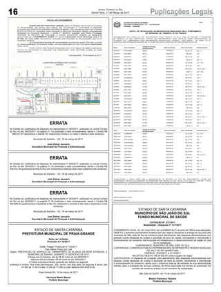 16 Puplicações LegaisJornal Correio do Sul
Sexta-Feira, 17 de Março de 2017
FUNDAMENTADO NOS TERMOS DO ART. 281 PARÁGRAFO ÚNICO, INCISO II, DA LEI N. 9.503, DE 23/09/1997, A AUTORIDADE
DE TRÂNSITO, AO FINAL IDENTIFICADA, NOTIFICA O(S) PROPRIETÁRIO(S) DO(S) VEÍCULO(S) ABAIXO ESPECIFICADO(S), DA
AUTUAÇÃO PELO COMETIMENTO DA(S) INFRAÇÃO(ÕES) RESPECTIVA(S), PODENDO, CASO QUEIRA , NO PRAZO DE 60
(SESSENTA) DIAS, APRESENTAR RECURSO EM 1a E 2a INSTÂNCIAS NA FORMA DOS ART. 285 E SEGUINTES DO CTB.
ESTADO DE SANTA CATARINA
SISTEMA DE INFRAÇÕES / SC - DETRAN.NET
DETRAN - DEINFRA
EDITAL DE NOTIFICAÇÃO DE IMPOSIÇÃO DE PENALIDADE PELO COMETIMENTO
DE INFRAÇÃO DE TRÂNSITO Nº 226 756/2016
Página : 1 / 2
EnquadramentoAuto de InfraçãoPlaca Data da Infração Valor da Infração
Código da Infração /
Desdobramento
AKH7343 P01BI00009 230 * V6599/2 18/06/2016 R$ 191,54
CAC0737 54971966F 2326912/0 24/04/2016 R$ 53,20
DAK5234 54972051F 1675185/1 31/05/2016 R$ 127,69
DAK5234 54972052F 252 * VI7366/2 31/05/2016 R$ 85,13
EWR8899 54971984F 181 * VIII5452/2 30/05/2016 R$ 127,69
IFH3348 54971967F 162 * I5010/0 02/05/2016 R$ 574,61
IFH3348 54971968F 164 c/c 162 * I5118/0 02/05/2016 R$ 574,61
IFH3348 54971969F 230 * XXII6769/0 02/05/2016 R$ 85,13
IGC2626 54971840F 230 * V6599/2 25/04/2016 R$ 191,54
IGL3762 P01BI0000U 162 * I5010/0 30/06/2016 R$ 574,61
IGZ8834 54971901F 230 * V6599/2 25/04/2016 R$ 191,54
IGZ8834 55058549E 162 * I5010/0 25/04/2016 R$ 574,61
IGZ8834 55058550E 164 c/c 162 * I5118/0 25/04/2016 R$ 574,61
IKL0405 54971978F 162 * I5010/0 12/05/2016 R$ 574,61
IKL0405 54971980F 230 * V6599/2 12/05/2016 R$ 191,54
IKL0405 54971981F 164 c/c 162 * I5118/0 12/05/2016 R$ 574,61
IKT3559 P01BI0000O 230 * V6599/2 25/06/2016 R$ 191,54
INM0494 54971841F 244 * I7030/1 11/05/2016 R$ 191,54
IPE7967 54971868F 230 * XI6653/2 15/04/2016 R$ 127,69
LXH8128 54971965F 2326912/0 24/04/2016 R$ 53,20
MAQ9639 P01BI0000S 230 * X6645/0 30/06/2016 R$ 127,69
MCJ0252 54972004F 162 * I5010/0 14/05/2016 R$ 574,61
MCJ0252 54972005F 164 c/c 162 * I5118/0 14/05/2016 R$ 574,61
MCX0078 54971985F 162 * I5010/0 31/05/2016 R$ 574,61
MCX0078 54971986F 164 c/c 162 * I5118/0 31/05/2016 R$ 574,61
MCX0078 54971987F 2216408/0 31/05/2016 R$ 85,13
1 / 2
FUNDAMENTADO NOS TERMOS DO ART. 281 PARÁGRAFO ÚNICO, INCISO II, DA LEI N. 9.503, DE 23/09/1997, A AUTORIDADE
DE TRÂNSITO, AO FINAL IDENTIFICADA, NOTIFICA O(S) PROPRIETÁRIO(S) DO(S) VEÍCULO(S) ABAIXO ESPECIFICADO(S), DA
AUTUAÇÃO PELO COMETIMENTO DA(S) INFRAÇÃO(ÕES) RESPECTIVA(S), PODENDO, CASO QUEIRA , NO PRAZO DE 60
(SESSENTA) DIAS, APRESENTAR RECURSO EM 1a E 2a INSTÂNCIAS NA FORMA DOS ART. 285 E SEGUINTES DO CTB.
ESTADO DE SANTA CATARINA
SISTEMA DE INFRAÇÕES / SC - DETRAN.NET
DETRAN - DEINFRA
EDITAL DE NOTIFICAÇÃO DE IMPOSIÇÃO DE PENALIDADE PELO COMETIMENTO
DE INFRAÇÃO DE TRÂNSITO Nº 226 756/2016
Página : 1 / 2
EnquadramentoAuto de InfraçãoPlaca Data da Infração Valor da Infração
Código da Infração /
Desdobramento
AKH7343 P01BI00009 230 * V6599/2 18/06/2016 R$ 191,54
CAC0737 54971966F 2326912/0 24/04/2016 R$ 53,20
DAK5234 54972051F 1675185/1 31/05/2016 R$ 127,69
DAK5234 54972052F 252 * VI7366/2 31/05/2016 R$ 85,13
EWR8899 54971984F 181 * VIII5452/2 30/05/2016 R$ 127,69
IFH3348 54971967F 162 * I5010/0 02/05/2016 R$ 574,61
IFH3348 54971968F 164 c/c 162 * I5118/0 02/05/2016 R$ 574,61
IFH3348 54971969F 230 * XXII6769/0 02/05/2016 R$ 85,13
IGC2626 54971840F 230 * V6599/2 25/04/2016 R$ 191,54
IGL3762 P01BI0000U 162 * I5010/0 30/06/2016 R$ 574,61
IGZ8834 54971901F 230 * V6599/2 25/04/2016 R$ 191,54
IGZ8834 55058549E 162 * I5010/0 25/04/2016 R$ 574,61
IGZ8834 55058550E 164 c/c 162 * I5118/0 25/04/2016 R$ 574,61
IKL0405 54971978F 162 * I5010/0 12/05/2016 R$ 574,61
IKL0405 54971980F 230 * V6599/2 12/05/2016 R$ 191,54
IKL0405 54971981F 164 c/c 162 * I5118/0 12/05/2016 R$ 574,61
IKT3559 P01BI0000O 230 * V6599/2 25/06/2016 R$ 191,54
INM0494 54971841F 244 * I7030/1 11/05/2016 R$ 191,54
IPE7967 54971868F 230 * XI6653/2 15/04/2016 R$ 127,69
LXH8128 54971965F 2326912/0 24/04/2016 R$ 53,20
MAQ9639 P01BI0000S 230 * X6645/0 30/06/2016 R$ 127,69
MCJ0252 54972004F 162 * I5010/0 14/05/2016 R$ 574,61
MCJ0252 54972005F 164 c/c 162 * I5118/0 14/05/2016 R$ 574,61
MCX0078 54971985F 162 * I5010/0 31/05/2016 R$ 574,61
MCX0078 54971986F 164 c/c 162 * I5118/0 31/05/2016 R$ 574,61
MCX0078 54971987F 2216408/0 31/05/2016 R$ 85,13
1 / 2
ERRATA
.No.Extrato.da.Justificativa.de.dispensa.de.chamamento.nº.004/2017,.publicado.no.Jornal.Correio.
do.Sul,.no.dia.16/03/2017,.na.pagina.21,.foi.publicado.o.valor.erroneamente,.sendo.o.Correto.R$.
680.631,87.(seiscentos.e.oitenta.mil,.seiscentos.e.trinta.e.um.reais.e.oitenta.e.sete.centavos).
Município.de.Sombrio.–.SC,.16.de.março.de.2017.
José Sidnei Januário
Secretário Municipal de Finanças e Administração
ERRATA
No.Extrato.da.Justificativa.de.dispensa.de.chamamento.nº.002/2017,.publicado.no.Jornal.Correio.
do.Sul,.no.dia.16/03/2017,.na.pagina.21,.foi.publicado.o.valor.erroneamente,.sendo.o.Correto.R$.
535.972,78.(quinhentos.e.trinta.e.cinco.mil,.novecentos.e.setenta.e.dois.reais.e.setenta.e.oito.centavos).
Município.de.Sombrio.–.SC,.16.de.março.de.2017.
José Sidnei Januário
Secretário Municipal de Finanças e Administração
ERRATA
No.Extrato.da.Justificativa.de.dispensa.de.chamamento.nº.003/2017,.publicado.no.Jornal.Correio.
do.Sul,.no.dia.16/03/2017,.na.pagina.21,.foi.publicado.o.valor.erroneamente,.sendo.o.Correto.R$.
463.898,45.(quatrocentos.e.sessenta.e.três.mil,.oitocentos.e.noventa.e.oito.reais.e.quarenta.e.cinco.
centavos).
Município.de.Sombrio.–.SC,.16.de.março.de.2017.
José Sidnei Januário
Secretário Municipal de Finanças e Administração
ESTADO.DE.SANTA.CATARINA
PREFEITURA MUNICIPAL DE PRAIA GRANDE
Aviso de Licitação
Processo N.º 32/2017
Edital:.Pregão.Presencial.N.º.03/2017
Tipo:.Menor.Preço.por.Lote
Objeto:.PRESTAÇÃO.DE.SERVIÇO.DE.TRANSPORTE.DE.ALUNOS.DA.REDE.ESTADUAL.E.
MUNICIPAL.DE.ENSINO,.DURANTE.O.EXERCÍCIO.DE.2017
Entrega.dos.Envelopes:.até.às.08:30.horas.do.dia.29/03/2017.
Abertura.dos.Envelopes:.08:45.horas.do.dia.29/03/2017.
O.Edital.e.esclarecimentos.poderão.ser.obtidos.no.seguinte.
endereço.e.horário:.Rua.Irineu.Bornhausen,.320,.centro,.nos.dias.úteis,.de.segunda.à.sexta,.das.
07:30h.às.11:30.h.e.das.13:30h.às.17:30h.ou.pelo.telefone.048.3532-0132.
Praia.Grande-SC,.16.de.março.de.2017.
Henrique Matos Maciel
Prefeito Municipal
ESTADO.DE.SANTA.CATARINA
MUNICÍPIO DE SÃO JOÃO DO SUL
FUNDO MUNICIPAL DE SAÚDE
LICITAÇÃO Nº. 017/2017
Modalidade – Dispensa nº. 017/2017
FUNDAMENTO.LEGAL:.Art..24,.inciso.XXVI,.da.Lei.8.666/93.de.21.de.junho.de.1993.e.suas.alterações.
OBJETO:.o.presente.procedimento.licitatório.tem.por.objetivo.disciplinar.a.entrega.de.recursos.pelo.
município.de.São.João.do.Sul.ao.consórcio.para.atendimento.das.despesas.administrativas.com.
pessoal,.outras.despesas.de.custeio.e.aquisição.de.bens.de.capital,.necessárias.à.manutenção.e.
funcionamento.do.consórcio.intermunicipal.de.infraestrutura.e.desenvolvimento.da.região.do.vale.
do.rio.mampituba.
CONTRATANTE:.MUNICÍPIO.DE.SÃO.JOÃO.DO.SUL
CONTRATADA:.CONSORCIO.PUBLICO.INTERMUNICIPAL.DE.INFRAESTR.E.DESENV.DA.REGIAO.
DO.VALE.DO.RIO.MAMPITUBA
VIGÊNCIA:.16/03/2017.a.31/12/2017.
VALOR.DO.OBJETO:.R$.24.000,00.(vinte.e.quatro.mil.reais).
JUSTIFICATIVA:.A.Dispensa.de.Licitação.para.atendimento.das.despesas.administrativas.com.
pessoal,.outras.despesas.de.custeio.e.aquisição.de.bens.de.capital,.necessárias.à.manutenção.
e.funcionamento.do.consórcio,.sendo.que.o.consórcio.trata-se.de.entidade.de.sua.administração.
indireta,.para.a.prestação.de.serviços.públicos.de.forma.associada.nos.termos.do.autorizado.em.
contrato.de.consórcio.público.ou.em.convênio.de.cooperação.
São.João.do.Sul/SC,.em.16.de.março.de.2017.
Moacir Francisco Teixeira
Prefeito Municipal
 