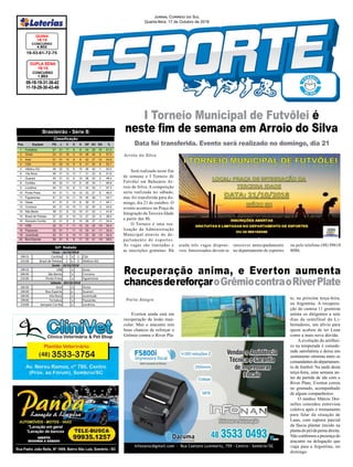 19h15 Coritiba 1 x 1 CSA
21h30 Brasil de Pelotas 1 x 2 Atlético-GO
19h15 CRB x Goias
20h30 São Bento x Criciúma
21h30 Ponte Preta x Figueirense
16h30 Avaí x Oeste
16h30 Boa Esporte x Guarani
16h30 Vila Nova x Juventude
19h00 Fortaleza x Paysandu
21h00 Sampaio Corrêa x Londrina
32ª Rodada
Terça - 16/10/2018
Sexta - 19/10/2018
Sábado - 20/10/2018
09-18-19-31-36-42
11-19-29-30-43-49
CONCURSO
1.853
DUPLA SENA
16/10
19-53-61-72-75
CONCURSO
4.802
QUINA
16/10
Jornal Correio do Sul
Quarta-feira, 17 de Outubro de 2018
Arroio do Silva
Brasileirão - Série B
Pos. Equipes PG J V E D GP GC SG %
1 Fortaleza 57 31 17 6 8 44 28 16 61.3
2 Goiás 53 31 16 5 10 48 40 8 57.0
3 Avaí 51 31 14 9 8 42 27 15 54.8
4 CSA 51 32 14 9 9 41 33 8 53.1
5 Atlético-GO 48 32 13 9 10 46 45 1 50.0
6 Vila Nova 48 31 12 12 7 31 23 8 51.6
7 Guarani 45 31 12 9 10 38 33 5 48.4
8 Coritiba 45 32 11 12 9 35 34 1 46.9
9 Londrina 44 31 12 8 11 34 33 1 47.3
10 Ponte Preta 43 31 11 10 10 33 27 6 46.2
11 Figueirense 41 31 10 11 10 40 39 1 44.1
12 Oeste 41 31 9 14 8 30 31 -1 44.1
13 Criciúma 40 31 10 10 11 32 35 -3 43.0
14 São Bento 39 31 9 12 10 31 32 -1 41.9
15 Brasil de Pelotas 37 32 9 10 13 27 32 -5 38.5
16 Sampaio Corrêa 32 31 8 8 15 26 37 -11 34.4
17 CRB 32 31 7 11 13 22 32 -10 34.4
18 Paysandu 32 31 7 11 13 30 41 -11 34.4
19 Juventude 32 31 6 14 11 25 35 -10 34.4
20 Boa Esporte 26 31 6 8 17 23 41 -18 28.0
Classificação
Data foi transferida. Evento será realizado no domingo, dia 21
I Torneio Municipal de Futvôlei é
neste fim de semana em Arroio do Silva
Será realizado neste fim
de semana o I Torneio de
Futvôlei em Balneário Ar-
roio do Silva. A competição
seria realizada no sábado,
mas foi transferida para do-
mingo, dia 21 de outubro. O
evento acontece na Praça de
Integração da Terceira Idade
a partir das 8h.
O Torneio é uma rea-
lização da Administração
Municipal através do de-
partamento de esportes.
As vagas são limitadas e
as inscrições gratuitas. Há
inscrever antecipadamente
no departamento de esportes
ainda três vagas disponí-
veis. Interessados devem se
ou pelo telefone (48) 99618
8086.
Recuperação anima, e Everton aumenta
chancesdereforçaroGrêmiocontraoRiverPlate
Porto Alegre
Everton ainda está em
recuperação de lesão mus-
cular. Mas o atacante tem
boas chances de reforçar o
Grêmio contra o River Pla-
te, na próxima terça-feira,
na Argentina. A recupera-
ção do camisa 11 gremista
anima os dirigentes a sete
dias da semifinal da Li-
bertadores, um alívio para
quem acabou de ter Luan
como a mais nova dúvida.
A evolução do artilhei-
ro na temporada é conside-
rada satisfatória e deixa um
sentimento otimista entre os
comandantesdodepartamen-
to de futebol. Na tarde desta
terça-feira, uma semana an-
tes da partida de ida com o
River Plate, Everton correu
no gramado, acompanhado
de alguns companheiros.
O médico Márcio Dor-
nelles concedeu entrevista
coletiva após o treinamento
para falar da situação de
Luan, com ruptura parcial
da fáscia plantar (tecido na
planta do pé) da perna direita.
Não confirmou a presença do
atacante na delegação que
viaja para a Argentina, no
domingo.
 