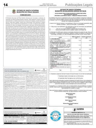 14 Publicações LegaisJornal Correio do Sul
Quarta-Feira, 18 de Julho de 2018
ESTADO DE SANTA CATARINA
MUNICÍPIO DE BALNEÁRIO ARROIO DO SILVA
ATA DA SESSÃO PÚBLICA PARA APURAÇÃO DO RESULTADO GERAL
DAS PROPOSTAS TÉCNICAS
PROCESSO LICITATÓRIO Nº 48/2018 – TOMADA DE PREÇOS Nº 06/2018
Às 14h00min horas do dia 17 (dezessete) de julho de 2018, na Prefeitura do Município de Balneário
Arroio do Silva - Sala de Licitações reuniu-se a Comissão Permanente de Licitação, em cumprimento
ao disposto no item 10.9 do edital supramencionado, para a apuração geral das notas das propostas
técnicas, com os seguintes procedimentos:
I) Abertura dos invólucros contendo a via identificada do Plano de Comunicação apresentado pelas
licitantes (“Envelope II – Plano de Comunicação - Via Identificada”);
II – Cotejo entre as vias identificadas e não identificadas do Plano de Comunicação, para identificação
de sua autoria, a saber:
a)....................... Plano de Comunicação contendo 13 páginas: Mídia Free Agência Ltda.
b).....................Plano de Comunicação contendo 20 páginas: Aspekto Comunicação Ltda.
III) Elaboração de planilha geral contendo as pontuações atribuídas aos quesitos de cada “Plano de
Comunicação” e “Capacidade de Atendimento, Repertório e Relatos de Soluções de Problemas de
Comunicação” (Envelopes I e III), após reavaliação pela Subcomissão Técnica, conforme segue:
IV – Resultado do Julgamento Geral das PropostasTécnicas (Envelopes I e III), em ordem de classificação:
1ª Classificada: Aspekto Comunicação Ltda, com 99,33 pontos;
2ª Classificada: Mídia Free Agência Ltda, com 80,00 pontos.
Assim, determina-se a publicação do resultado do julgamento da Proposta Técnica, com a indicação dos
proponentes em ordem de classificação pelo nome dos licitantes, abrindo-se prazo para interposição de
recurso, conforme disposto na alínea “b” do inciso I, do art. 109, da Lei nº 8.666/93, ou seja, no prazo
de 05 (cinco) dias úteis a contar da intimação do ato ou da lavratura da ata.
Na sequência o Sr. Presidente solicitou que os licitantes fossem intimados/notificados do presente
resultado, determinando ainda que permaneçam fechados os “Envelopes IV” e sob a guarda e
responsabilidade da Comissão de Licitação.
Nada mais havendo a registrar, foi encerrada a presente reunião às 15:10 (quinze horas e dez minutos)
da qual foi lavrada a presente ata, que segue assinada por todos os presentes.
Michel Pereira Alves
Presidente
Lucas Borges Fernandes
Secretário
Altemir Daros Fontanela
Membro
Rosinéa Daniel Spader Prudêncio
Membro
 