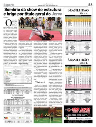 Sombrio dá show de estrutura
e briga por título geral do Jerva
Sombrio
O
maior Jer-
va de todos
os tempos,
c o m 1 4
municípios
participando de 17 moda-
lidades, tem demonstrado
aos desportistas da região
que Sombrio tem a melhor
estrutura esportiva para a dis-
puta dos jogos, desde a última
quinta-feira, até a próxima
sexta-feira, quando no encer-
ramento deve se definir se
Sombrio desbanca Araranguá
pela segunda vez na história
no quadro de pontuação geral.
Denominada de Vila do
Jerva, a estrutra do Complexo
EsportivoAntônioSant'Helena
é um show à parte.As chuvas,
por exemplo, não impediram
que os jogos de vôlei de praia
e as apresentações de Judô,Ta-
ekwondô e Jiu-jítsu, estreantes
nestaedição,fossemrealizadas
no sábado, já que foram dis-
paradas no Centro Multiuso
Deldi Garcia, inaugurado em
2016 e que comporta quadras
de areia e de concreto para
basquete de rua.
Brasileirão
Série A
Brasileirão
Série B
23Esporte Jornal Correio do Sul
Segunda-Feira, 20 de Novembro de 2017
Ao mesmo tempo, no gi-
násio Rogério Valerim acon-
teciam os jogos de futsal e no
Ênio Borges Costa as partidas
de basquete.
"Eu estive a tarde assistin-
doaosjogoseanossaestrutura
está realmente um espetáculo.
Não à toa fomos elogiados na
noite de abertura pelos prefei-
tos que aqui estiveram e pelo
secretário de estado de Turis-
mo Cultura e Esporte, Leonel
Pavan", comentou o prefeito
Zênio Cardoso, que andou por
todas as modalidades.
Nesta segunda-feira come-
çam as disputas de futebol no
estádio Antônio Sant'Helena,
enquanto o ginásio Ênio Bor-
ges Costa recebe as finais de
handebol, competição iniciada
no domingo. Na terça-feira,
no mesmo ginásio acontecem
os jogos de vôlei de quadra e
a pista de atletismo recebe as
finais do atletismo. Na cancha
de Bocha da Casa de Pedra,
local que aconteceram dispu-
tas de Xadrez, a modalidade
de Bocha volta aos jogos. Na
Avenida Nereu Ramos, em
frente ao ginásio, atletas da
corrida rústica e do ciclismo
prova Contra Relógio fazem
suas disputas.
"Até sexta-feira esse espa-
ço é a Vila do Jerva, com essa
estrutura a disposição de todos
os participantes e com essa
nossa recepção que tem sido
muito boa pela população com
todos os visitantes", salientou
Zênio.
Título geral
Desde 2013, o esporte de
Sombrio iniciou um projeto de
fazer com que o maior número
de crianças e adolescentes pra-
tiquemamodalidadequedese-
jarem, com escolinhas, treinos
de rendimento e competições.
Hoje são 43 programas espor-
tivos em andamento, o que
permite que essa meta esteja
sendo atingida com louvor.
"Nossa meta sempre foi
essa. O Prefeito Zênio, a vice
Gislaine Cunha nos apoiam
paraisso,paraquetenhamosas
crianças,adolescentesejovens
no caminho certo, nunca foi
conquista de medalhas e tro-
féus,esseprecisaseroobjetivo
do aluno, quando assim for
seu desejo", explica Fernando
Ferreira, Gerente Municipal
de Esportes.
Aquestão é que uma coisa
leva a outra. Sombrio, em
2017, está muito próximo de
desbancar Araranguá na con-
quista de campeão geral. Esse
feito repetiria o que aconteceu
em 2012, ano que metade dos
municípios participantes que
estão hoje disputaram e que
não deixou legado para o ano
anterior.
"É o que tenho dito, pre-
cisamos fazer pelo esporte, o
título é consequência. Não sei
se chegaremos esse ano, como
ano passado não chegamos,
nem no ano anterior, mas a
cada disputa deixamos um
legado interessante aos atletas
que continuam ano a ano se
dedicando a prática esportiva
e, além do sucesso de nossos
projetos, podemos afirmar que
todos os anos estaremos junto
de Araranguá disputando o
título geral", explica Fernan-
do, que completa: "Sombrio
mudou de patamar no esporte.
Tem a melhor estrutura do
Vale e estará sempre entre os
melhores nas competições".
Hoje Sombrio e Araran-
guá estão empatadas com 72
pontos, mas Sombrio lidera
no critério de desempate por
ter maior número de medalhas
de ouro.
 