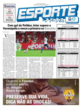 Com gol de Pottker, Inter supera o
VeranópolisevenceaprimeiranoGauchão
Porto Alegre
02-20-27-34-38-41
07-27-28-43-44-50
CONCURSO
1.745
DUPLA SENA
18/01
27-41-62-77-80
CONCURSO
4.5184
QUINA
18/01
JORNAL CORREIO DO SUL
Sexta-Feira, 19 de Janeiro de 2018
V
aleu pelos três
pontos, pela ar-
rancada com o pé
direito e pelo triunfo no Beira-
-Rio. Na noite desta quinta-
-feira, o Inter superou o Vera-
nópolis por um magro 1 a 0,
pela estreia no Campeonato
Gaúcho, mas deixou claro que
ainda tem um caminho longo
para engrenar na temporada.
Após um primeiro tempo pra-
ticamentenulo,otimedeOdair
Hellmann cresceu na segunda
etapa e balançou as redes com
William Pottker. A equipe ain-
da desperdiçou chances claras
com Leandro Damião e sofreu
grandes riscos na defesa.
Com a vitória, o Inter ﬁca
em quarto na tabela do Gau-
chão, com o mesmo número de
pontos dos líderes, mas menor
quantidade de gols. Na próxi-
ma rodada, enfrenta o Novo
Hamburgo no Estádio do Vale.
O VEC ﬁca em nono, somente
a frente de Novo Hamburgo
e Juventude, pelo saldo qua-
liﬁcado. No domingo, o time
recebe o São José.
O primeiro jogo oficial
da temporada de Inter e Ve-
ranópolis teve os primeiros
45 minutos sem muita emo-
ção. Os colorados tiveram
diﬁculdade para ultrapassar o
bloqueio do meio de campo
que o VEC montou. Assim,
poucas chances de gol apare-
ceram. A mais perigosa delas
veio somente aos 38, em boa
jogada de Cláudio Winck pela
direita que Camilo ﬁnalizou
por cima. O zagueiro Rafael
Bonﬁmtambémcabeceoupara
fora na área do Inter.
Na primeira amostragem
do time de Odair Hellmann,
uma curiosidade. Danilo Fer-
nandes passou a atuar quase
como líbero, com os pés, para
ajudar na saída de bola. Em um
Campeonato Gaúcho
Catarinense
desses lances, não só evitou
uma jogada de ataque doVEC,
como matou a bola no peito e
saiu jogando.
Apartir do instante em que
a bola rolou para o segundo
tempo, foi como se o jogo
tivesse realmente iniciado. A
partida ganhou em energia e
entrega, o que fez o gol deixar
a timidez de lado. Logo aos 3
minutos, Dourado roubou bola
no círculo central e Pottker
ganhou passe esticado para
disparar em direção ao gol. O
centroavante ganhou na velo-
cidade e deslocou Reynaldo
na saída do goleiro!Aresposta
dos visitantes veio com uma
cabeçada de Dagostini, rente a
trave de Danilo.
Melhor em campo, o Inter
mordia no ataque e criava
chances a profusão. Por outro
lado, não era a noite de Lean-
dro Damião. O centroavante
colorado perderia ao menos
três chances claras, na cara do
gol, mas não conseguiu ba-
lançar as redes. Fabrício, num
chute de fora da área, e Gabriel
Silva, para defesa de Danilo
Fernandes, desperdiçaram a
chance de deixar tudo igual.
 