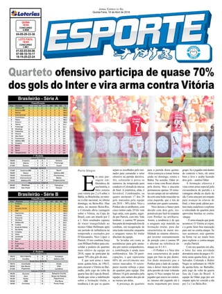 Quarteto ofensivo participa de quase 70%
dos gols do Inter e vira arma contra Vitória
Porto Alegre
01-02-03-04-06
07-08-10-16-17
18-19-20-22-24
CONCURSO
1.651
LOTO FÁCIL
18/04
04-09-29-33-36
CONCURSO
4.658
QUINA
18/04
Jornal Correio do Sul
Quinta-Feira, 19 de Abril de 2018
E
m uma pas-
sagem em-
blemática de
suahistória,o
Inter estreou
com vitória por 2 a 0 sobre o
Bahia,noBrasileirão,noretor-
no à elite nacional, no último
domingo, no Beira-Rio. Dias
antes, no mesmo Beira-Rio,
o Colorado abriu vantagem
sobre o Vitória, na Copa do
Brasil, com um triunfo por 2
a 1. Dois resultados capazes
de trazer tranquilidade ao
técnico Odair Hellmann após
um período de turbulência na
temporada e assinados por
D'Alessandro, Nico López e
Patrick. O trio combina força
comWilliamPottkerparacon-
solidar o poderio do quarteto
mais efetivo da equipe em
2018, capaz de participar de
quase 70% dos gols do ano.
E que será arma e tanto
nesta quinta-feira, às 19h15,
para encarar o Vitória no Bar-
radão, pelo jogo da volta da
quarta fase da Copa do Brasil.
Ainda que reine a indefinição
sobre a formação titular, a
tendência é de que os quatro
sejam os escolhidos pelo trei-
nador para comandar o setor
ofensivo na partida decisiva.
Ali, colocarão à prova os
números da temporada para
conduziroColoradoàsoitavas
de final. A estatística, aliás, é
favorável. Combinados, os
quatro anotaram 17 dos 29
gols marcados pela equipe
em 2018 – 58% deles. Nico e
Pottker são os artilheiros, com
cinco tentos cada. D'Ale vem
logo atrás, com quatro, segui-
do por Patrick, com três. Vale
lembrar: o camisa 99 passou
boapartedatemporadaforade
combate, em recuperação de
uma lesão muscular, enquanto
o uruguaio nunca foi titular
absoluto da equipe.
Se levadas em conta as
assistências para gols anota-
dos por outros companheiros,
a contribuição é ainda mais
emblemática. São 20 parti-
cipações, o que representa
68% de envolvimento nos
tentos marcados. O retros-
pecto recente reforça o peso
do quarteto para equipe. Dos
últimos 10 gols anotados pela
equipe, oito saíram dos pés de
ao menos um deles.
A presença do quarteto
Brasileirão - Série A
Brasileirão - Série B
para a partida desta quinta-
-feira começou a tomar forma
ainda no domingo, contra o
Bahia. Na ocasião, Odair ar-
mou o time com Rossi aberto
pela direita. Mas o atacante
permaneceu apenas 10 minu-
tos em campo até ser substituí-
docomumalesãomuscularna
coxa esquerda, que o tira de
combate por quatro semanas.
Nico deixou o banco para
decidir com dois gols, res-
ponsáveis por fazê-lo empatar
com Pottker na artilharia.
Assim, a tendência é de que
o uruguaio seja mantido na
formação titular, para dar
característica de maior mo-
bilidade ao sistema ofensivo,
por inverter constantemente
de posição com o camisa 99
e alternar na referência do
ataque no 4-1-4-1.
– O Pottker e o Nico têm
essa característica de poder
jogar por fora ou por dentro.
Em dado momento pus o
Pottker para o lado de campo,
mas o deixei mais por dentro
pela questão de estar voltando
agora. O Nico sempre foi um
jogador que esteve no contex-
to, mesmo não jogando ele é
muito importante pro nosso
grupo.Seojogadorestádentro
do contexto e bem, ele entra
bem e leve e acaba fazendo
dois gols – analisa Odair.
A formação ofensiva é
vista como arma especial pela
circunstância da partida e a
vantagem obtida no duelo de
ida. Como atua por um empate
para avançar às oitavas de
final, o Inter pode adotar pos-
tura mais cautelosa e explorar
a velocidade do quarteto para
aproveitar brechas no contra-
-ataque.
– É uma situação que pode
acontecer. O Vitória se expor,
e a gente fazer boa marcação
para sair no contra-ataque. Se
isso acontecer, esse quarteto
na frente vai ser muito bom
para explorar o contra-ataque
– avalia Patrick.
Com seu quarteto em alta,
o Inter faz uma atividade
derradeira antes de pegar oVi-
tória nesta quarta-feira, já em
Salvador. Colorado e Rubro
Negro se enfrentam às 19h30
da quinta-feira, no Barradão,
pelo jogo da volta da quarta
fase da Copa do Brasil. A
equipe de Odair joga por um
empate após ter vencido a ida
por 2 a 1 no Beira-Rio.
 