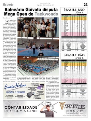 Balneário Gaivota disputa
Mega Open de Taekwondo
Baln.Gaivota
E
ra madrugada
quando o ônibus
saiu de Balneário
Gaivota, transportando 16
pessoas rumo a Itajaí. Os pas-
sageiros, cinco adultos e 11
adolescentes, estavam indo
ao Mega Open Internacional
Taekwondo Championship,
que reuniu durante o final de
semana centenas de atletas
de lugares mais próximos a
Itajaí do que Gaivota, como
Florianópolis, e muito mais
distantes – Argentina, Uru-
guai, Minas Gerais e outros.
A competição no sába-
do foi disputada em várias
categorias pelos gaivotenses
do Centro União de Artes
Marciais, alguns deles vete-
ranos, apesar da pouca idade.
Gustavo Tomás Cardoso, de
18 anos, pratica taekwondo
desde os 13, sempre sob a
orientação do mestre Pierre
Lopes. Apaixonado pela arte
marcial, ele já pensa em se
tornar mestre, e participa
de todas as competições da
academia. Outro aluno do
Centro União que também
compete com frequência,
Lorenzzo Cararo, de 10 anos,
foi ao Mega Open acompa-
nhado da mãe e do padrasto.
Os dois apoiam o menino,
que treina com dedicação en-
quanto coleciona medalhas.
A academia de Pierre
compete em nome de Balneá-
rio Gaivota, e tem orgulhado
o município.
O centro União trouxe
para casa cinco campeões e
Brasileirão
Série A
Brasileirão
Série B
23Esporte Jornal Correio do Sul
Terça-Feira, 19 de Setembro de 2017
nove vices campeões, que
se destacaram entre mais de
700 atletas de seis países e
vários estados brasileiros.
“Passamos por dificuldades
antes, durante e depois para
competir, mas nunca vamos
baixar a cabeça. Com muita
garra fizemos lutas estaduais,
nacionais e internacionais e
não ficamos fora de nenhuma
final’, comemora Pierre.
Os campeões e vices da
competição que tem a chan-
cela da Federação Catarinen-
se e Confederação Brasileira
de Taekwondo foram: Bren-
da Lopes, Stefany Alves,
Gabriel Gonçalves, Lucas
Rolim, Lorenzzo Cararo,
Gustavo Cardoso, Leonardo
Cardoso, Ismael Valentin,
Arilson Felisberto, Marcos
Valentim, Paulo Guilherme
e Leonardo Cardoso.
 