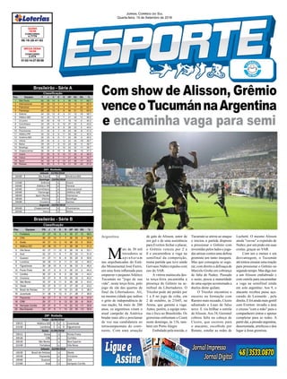 19h15 Atlético-GO 0 x 1 Juventude
21h30 Londrina 2 x 0 Figueirense
19h15 Goias x Ponte Preta
20h30 CRB x Coritiba
20h30 São Bento x Boa Esporte
21h30 Fortaleza x Vila Nova
16h30 Brasil de Pelotas x Oeste
16h30 Paysandu x Criciúma
19h00 Guarani x CSA
21h00 Avaí x Sampaio Corrêa
28ª Rodada
Terça - 18/09/2018
Sexta - 21/09/2018
Sábado - 22/09/2018
Pos. Equipes P J V E D GP GC SG %
1 São Paulo 50 25 14 8 3 36 19 17 66.7
2 Internacional 49 25 14 7 4 32 15 17 65.3
3 Palmeiras 47 25 13 8 4 37 17 20 62.7
4 Flamengo 45 25 13 6 6 36 21 15 60.0
5 Grêmio 44 25 12 8 5 31 12 19 58.7
6 Atlético-MG 42 25 12 6 7 41 29 12 56.0
7 Cruzeiro 34 25 8 10 7 19 19 0 45.3
8 Corinthians 33 25 9 6 10 27 22 5 44.0
9 Santos 32 24 8 8 8 28 23 5 44.4
10 Fluminense 31 25 8 7 10 24 30 -6 41.3
11 Atlético-PR 30 25 8 6 11 30 28 2 40.0
12 América-MG 30 25 8 6 11 24 29 -5 40.0
13 Vitória 29 25 8 5 12 23 42 -19 38.7
14 Bahia 29 25 7 8 10 25 30 -5 38.7
15 Botafogo 29 25 7 8 10 22 33 -11 38.7
16 Chapecoense 28 25 6 10 9 26 36 -10 37.3
17 Ceará 27 25 6 9 10 17 25 -8 36.0
18 Vasco 25 24 6 7 11 27 36 -9 34.7
19 Sport 24 25 6 6 13 21 38 -17 32.0
20 Paraná 16 25 3 7 15 11 33 -22 21.3
Classificação
16h00 São Paulo x América-MG
11h00 Grêmio x Ceará
16h00 Atlético-PR x Paraná
16h00 Corinthians x Internacional
16h00 Flamengo x Atlético-MG
18h00 Sport Recife x Palmeiras
18h00 Vitória x Botafogo
19h00 Cruzeiro x Santos
20h00 Chapecoense x Fluminense
20h00 Vasco x Bahia
26ª Rodada
Sábado - 22/09/2018
Domingo - 23/09/2018
Segunda - 24/09/2018
Com show de Alisson, Grêmio
venceoTucumánnaArgentina
e encaminha vaga para semi
06-16-28-41-62
CONCURSO
4.7779
QUINA
18/09
01-02-14-37-55-58
CONCURSO
2.079
MEGA SENA
18/09
Jornal Correio do Sul
Quarta-feira, 19 de Setembro de 2018
M
ais de 30 mil
torcedores se
a p i n h a r a m
nas arquibancadas do Está-
dio Monumental José Fierro,
em uma festa inflamada para
empurrar o pequeno Atlético
Tucumán no "jogo de sua
vida", nesta terça-feira, pelo
jogo de ida das quartas de
final da Libertadores. Ali,
na mesma cidade que sediou
o grito de independência de
sua nação, há mais de 200
anos, os argentinos viram o
atual campeão da América
bradar mais alto e proclamar
de vez sua candidatura ao
tetracampeonato do conti-
nente. Com uma atuação
Argentina
Brasileirão - Série B
Pos. Equipes PG J V E D GP GC SG %
1 Fortaleza 47 27 14 5 8 39 27 12 58.0
2 CSA 46 27 13 7 7 38 29 9 56.8
3 Goiás 45 27 14 3 10 38 33 5 55.6
4 Atlético-GO 43 28 12 7 9 39 38 1 51.2
5 Vila Nova 43 27 11 10 6 26 18 8 53.1
6 Avaí 42 27 11 9 7 35 24 11 51.9
7 Guarani 41 27 11 8 8 35 29 6 50.6
8 Londrina 39 28 11 6 11 31 32 -1 46.4
9 Figueirense 39 28 10 9 9 36 33 3 46.4
10 Ponte Preta 36 27 9 9 9 28 23 5 44.4
11 Coritiba 36 27 9 9 9 28 29 -1 44.4
12 Criciúma 35 27 9 8 10 29 32 -3 43.2
13 São Bento 35 27 8 11 8 28 28 0 43.2
14 Oeste 35 27 8 11 8 27 30 -3 43.2
15 Brasil de Pelotas 31 27 7 10 10 23 26 -3 38.3
16 Juventude 31 28 6 13 9 21 28 -7 36.9
17 Paysandu 30 27 7 9 11 26 35 -9 37.0
18 CRB 29 27 7 8 12 20 29 -9 35.8
19 Sampaio Corrêa 25 27 6 7 14 22 33 -11 30.9
20 Boa Esporte 25 27 6 7 14 22 35 -13 30.9
Classificação
Brasileirão - Série A
de gala de Alisson, autor de
um gol e de uma assistência
para Everton fechar o placar,
o Grêmio venceu por 2 a
0 e encaminhou a vaga na
semifinal da competição,
numa partida que teve ainda
Gervasio Núñez expulso com
uso do VAR.
A vitória maiúscula des-
ta terça-feira encaminha a
presença do Grêmio na se-
mifinal da Libertadores. O
Tricolor pode até perder por
1 a 0 no jogo da volta, em
2 de outubro, às 21h45, na
Arena, que garante a vaga.
Antes, porém, a equipe reto-
ma o foco no Brasileirão. Os
gremistas enfrentam o Ceará
neste domingo, às 11h, tam-
bém em Porto Alegre
Embalado pela torcida, o
Tucumán se atirou ao ataque
e iniciou a partida disposto
a pressionar o Grêmio com
investidas pelos lados e joga-
das aéreas contra uma defesa
gremista um tanto insegura.
Mas que conseguiu se segu-
rar, com direito a defesaça de
Marcelo Grohe em cobrança
de falta de Nuñez. Passado
o susto, pesou a maturidade
de uma equipe acostumada a
duelos deste quilate.
O Tricolor encontrou o
encaixe na formação com
Ramiro mais recuado, Cícero
adiantado e Luan de falso
nove. E viu brilhar a estrela
deAlisson.Aos 34, Geromel
cobrou falta na cabeça de
Cícero, que escorou para
o atacante, escolhido por
Renato, estufar as redes de
Luchetti. O mesmo Alisson
ainda "cavou" a expulsão de
Nuñez, por um pisão em suas
costas, graças ao VAR.
Com um a menos e em
desvantagem, o Tucumán
até tentou ensaiar uma reação
para pressionar o Grêmio no
segundotempo.Masdigaisso
a um Alisson endiabrado e
com estrela para encaminhar
a vaga na semifinal ainda
em solo argentino. Aos 9, o
atacante recebeu passe açu-
carado de Leonardo , pela
direita. E foi ainda mais gentil
com Everton: invadiu a área
e cruzou "com a mão" para o
companheiro entrar e apenas
completar para as redes. A
partir daí, a pressão argentina,
desorientada, arrefeceu e deu
lugar à festa gremista.
 