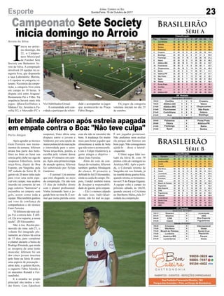 Campeonato Sete Society
inicia domingo no Arroio
Porto Alegre
Arroio do Silva
Após agradar ao técnico
Guto Ferreira nos treina-
mentos da semana, Jéferson
atraiu boa parte dos holo-
fotes no Inter ao fazer sua
estreia pelo clube na vaga do
suspenso Edenílson, nesta
terça-feira, diante do Boa
Esporte, em Varginha, pela
30ª rodada da Série B. O
garoto de 20 anos tinha tudo
para viver uma noite espe-
cial em campo, mas acabou
inserido no contexto de um
jogo coletivo "horroroso" e
sucumbiu no empate sem
gols, assim como toda a
equipe. Mas também ganhou
um voto de confiança de
companheiros e do técnico
Guto Ferreira.
"O Jéferson não tem cul-
pa. Foi a estreia dele. É difí-
cil. Ele teve suporte, a nossa
ajuda". (D'Alessandro)
Não à toa. Recém-pro-
movido do time sub-23, o
volante foi integrado ple-
namente ao elenco há cerca
de 15 dias, para completar
o plantel durante a baixa de
Rodrigo Dourado, que ainda
se recupera de uma lesão
muscular. Jéferson foi um
dos cinco jovens inscritos
pelo Inter na Série B como
uma espécie de precaução –
além dele, o goleiro Kevin,
o zagueiro Fábio Alemão e
os atacantes Ronald e Fer-
nandinho.
E a estadia no grupo
principal não tardou a ren-
der frutos. Com Edenílson
I
nicia no próxi-
mo domingo, dia
22, o Campeo-
nato Municipal
de Futebol Sete
Society em Balneário Ar-
roio do Silva. A competição
envolverá 10 equipes na ca-
tegoria livre, que disputarão
a taça Laboratório Marista,
e 6 equipes na categoria ve-
terano. Na estreia da compe-
tição, a categoria livre entra
em campo às 18 horas. A
disputa será entre Aragana/
Restaurante Pai e Filho. Na
sequência haverá mais três
jogos: Qbara/Golfinhos x
Matusa City; Juventus x Fa-
mília EC; e Mercadão FC x
Brasileirão
Série A
Brasileirão
Série B
23Esporte
suspenso, Guto abriu uma
disputa entre o jovem e
Valdemir, por uma opção de
maior potencial de marcação
e intensidade para o setor.
Nesta terça-feira, porém, a
escolha pelo volante durou
apenas 45 minutos em cam-
po.Após uma primeira etapa
de atuação apática, Jéferson
foi substituído por Felipe
Gutiérrez.
– É normal. Um menino
que está chegando no meio
da competição. Ele não tem
15 dias de trabalho direto
com o plantel profissional.
Vinha treinando bem e jo-
gando bem no time B. É nor-
mal que numa partida como
Inter blinda Jéferson após estreia apagada
em empate contra o Boa: "Não teve culpa"
Jornal Correio do Sul
Quinta-Feira, 19 de Outubro de 2017
essa ele não se encontre tão
bem. A mudança foi muito
mais para botar jogador que
alimentasse a saída de bola
que não estava acontecendo.
Com o Felipe (Gutiérrez), a
gente atingiu o objetivo –
disse Guto Ferreira.
Além do voto de con-
fiança do treinador, Jéferson
também ganhou blindagem
do elenco. O primeiro a
defendê-lo foi D'Alessandro,
ainda na saída de campo. De-
pois, Uendel também tratou
de dissipar a responsabili-
dade do garoto pelo empate.
– Ele é o menos culpado
de tudo isso. Individual-
mente, não foi mal no jogo.
Vist Habilitados/Grenal.
A comunidade está con-
vidada a participar da soleni-
dade e acompanhar os jogos
que acontecerão na Praça
Fábio Borges.
Os jogos da categoria
veterano iniciam no dia 25
de outubro.
É um jogador promissor.
Não podemos nem avaliar
ele porque não fizemos um
bom jogo. Não conseguimos
ajudá-lo – disse o lateral-
-esquerdo.
O Inter segue líder iso-
lado da Série B, com 58
pontos e três de vantagem ao
América-MG. Após a parti-
da, o Colorado retorna de
Varginha em voo fretado, já
na manhã desta quarta-feira,
quando retoma os treinamen-
tos no CTdo Parque Gigante.
A equipe volta a campo no
próximo sábado, às 16h30,
quando encara o Criciúma
no Heriberto Hülse, pela 31ª
rodada da competição.
 