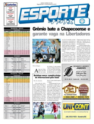 01-10-14-20-22-30
05-06-10-13-14-49
CONCURSO
1.866
DUPLA SENA
17/11
02-06-32-53-78
CONCURSO
4.828
QUINA
17/11
Jornal Correio do Sul
Segunda-feira, 19 de Novembro de 2018
19h15 Figueirense 2 x 3 Paysandu
21h30 Ponte Preta 2 x 0 Coritiba
18h15 Fortaleza 4 x 1 Juventude
20h30 Atlético-GO 1 x 0 São Bento
21h30 Londrina 1 x 2 CRB
17h00 Brasil de Pelotas 1 x 1 Guarani
17h00 CSA 0 x 1 Avaí
17h00 Sampaio Corrêa 1 x 0 Boa Esporte
19h30 Vila Nova 2 x 2 Criciúma
21h00 Oeste 1 x 3 Goias
37ª Rodada
Terça - 13/11/2018
Quinta - 15/11/2018
Sexta - 16/11/2018
Sábado - 17/11/2018
Brasileirão - Série B
Pos. Equipes PG J V E D GP GC SG %
1 Fortaleza 71 37 21 8 8 54 32 22 64
2 Goiás 60 37 18 6 13 54 49 5 54.1
3 Avaí 60 37 16 12 9 50 32 18 54.1
4 Ponte Preta 59 37 16 11 10 42 30 12 53.2
5 CSA 59 37 16 11 10 47 37 10 53.2
6 Atlético-GO 56 37 15 11 11 52 49 3 50.5
7 Vila Nova 56 37 14 14 9 39 34 5 50.5
8 Londrina 55 37 15 10 12 45 41 4 49.5
9 Guarani 51 37 13 12 12 43 39 4 45.9
10 Coritiba 49 37 12 13 12 39 44 -5 44.1
11 Brasil de Pelotas 47 37 12 11 14 35 35 0 42.3
12 São Bento 46 37 11 13 13 39 39 0 41.4
13 Figueirense 46 37 11 13 13 47 49 -2 41.4
14 CRB 45 37 11 12 14 33 38 -5 40.5
15 Oeste 45 37 9 18 10 36 40 -4 40.5
16 Criciúma 44 37 10 14 13 43 49 -6 39.6
17 Paysandu 43 37 10 13 14 40 48 -8 38.7
18 Sampaio Corrêa 38 37 10 8 19 32 45 -13 34.2
19 Juventude 35 37 7 14 16 27 44 -17 31.5
20 Boa Esporte 29 37 7 8 22 26 49 -23 26.1
Classificação
Pos. Equipes P J V E D GP GC SG %
1 Palmeiras 71 35 20 11 4 56 24 32 67.6
2 Flamengo 66 35 19 9 7 54 27 27 62.9
3 Internacional 65 35 18 11 6 47 26 21 61.9
4 Grêmio 62 35 17 11 7 47 25 22 59
5 São Paulo 62 35 16 14 5 46 31 15 59
6 Atlético-MG 53 35 15 8 12 51 39 12 50.5
7 Atlético-PR 50 35 14 8 13 49 34 15 47.6
8 Cruzeiro 49 35 13 10 12 31 32 -1 46.7
9 Botafogo 47 35 12 11 12 35 43 -8 44.8
10 Santos 46 35 12 10 13 41 35 6 43.8
11 Bahia 44 35 11 11 13 37 40 -3 41.9
12 Corinthians 43 35 11 10 14 34 33 1 41
13 Fluminense 41 34 11 8 15 31 42 -11 40.2
14 Vasco 39 35 9 12 14 39 47 -8 37.1
15 Sport 38 35 10 8 17 32 54 -22 36.2
16 Ceará 38 34 9 11 14 29 36 -7 37.3
17 América-MG 37 35 9 10 16 29 42 -13 35.2
18 Chapecoense 37 35 9 10 16 31 49 -18 35.2
19 Vitória 36 35 9 9 17 34 57 -23 34.3
20 Paraná 22 35 4 10 21 16 53 -37 21
Classificação
19h00 Atlético-MG 1 x 0 Bahia
19h00 Corinthians 1 x 0 Vasco
21h00 Vitória 1 x 2 Atlético-PR
17h00 América-MG 2 x 1 Santos
17h00 Botafogo 1 x 0 Internacional
17h00 Paraná 1 x 1 Palmeiras
17h00 Sport Recife 0 x 1 Flamengo
19h00 Grêmio 2 x 0 Chapecoense
19h00 São Paulo 1 x 0 Cruzeiro
20h00 Fluminense x Ceará
35ª Rodada
Sábado - 17/11/2018
Domingo - 18/11/2018
Segunda - 19/11/2018
Brasileirão - Série A
02-08-18-27-38-60
CONCURSO
2.098
MEGA SENA
17/11
Porto Alegre
A
vaga na Liber-
tadores de 2019
está nas mãos
Grêmio bate a Chapecoense e
garante vaga na Libertadores
Botafogo vence complica briga
do Internacional pelo título
Uma tarde de senti-
mentos bem distintos no
Nilton Santos. O Bota-
fogo, com gol de Erik,
venceu o Internacional por
1 a 0, chegou a 47 pontos
e escapou da briga contra
o rebaixamento no Cam-
peonato Brasileiro. A três
rodadas do fim, o Colorado,
agora terceiro, se vê a seis
pontos do líder Palmeiras.
Enquanto um não esconde o
Rio de Janeiro alívio, o outro tentará superar
o tropeço.
O Internacional viu nes-
te domingo a chance de se
aproximar do líder Palmei-
ras, que empatou em 1 a 1
com o já rebaixado Paraná
nesta tarde, mas perdeu, se
manteve com 65 pontos e
ainda foi ultrapassado pelo
Flamengo. Agora, o Colo-
rado é o terceiro colocado
na tabela de classificação do
Campeonato Brasileiro, a
seis pontos do primeiro.
do Grêmio. O time gaúcho
venceu a Chapecoense por 2
a 0 na noite deste domingo,
na Arena, pela 35ª rodada
do Brasileirão, e se mantém
no G-4. O torcedor já pode
comemorar a presença na
competição continental do
ano que vem, mas o objetivo
ainda é garantir a passagem
direta para a fase de grupos.
A Chape continua em seu
martírio contra o rebaixa-
mento.
O Grêmio mantém a
quarta colocação, agora
com 62 pontos. O São Pau-
lo também venceu, o que
coloca os tricolores com
a mesma pontuação atrás
da última vaga no G-4. A
Chapecoense segue estacio-
nada nos 37 pontos, na 18ª
colocação, ameaçadíssima
de rebaixamento.
Aúltima rodada do Bra-
sileirão no meio de semana
coloca o Grêmio diante do
Flamengo, no Maracanã,
em duelo direto dentro do
G-4. A partida está marcada
para quarta-feira, às 21h45.
A Chape também faz um
duelo de vida ou morte, mas
na ponta de baixo da tabela.
Na quinta, às 21h, recebe o
Sport, na Arena Condá.
 