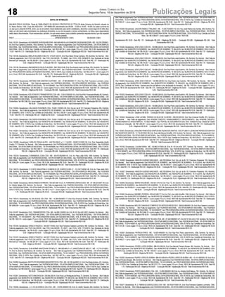 18 Publicações LegaisJornal Correio do Sul
Segunda-Feira, 19 de dezembro de 2016
EDITAL DE INTIMAÇÃO
ARLINDO EDÍLIO DA ROSA, Titular do TABELIONATO DE NOTAS E PROTESTOS DE TÍTULOS desta Comarca de Sombrio, situado na
Av. Nereu Ramos, 1300 - Fone (48) 3533-0318 - CEP 88960-000, atendimento das 08:00h - 12:00h e 14:00h - 18:00h, faz saber na forma da
Lei aos que o presente EDITAL virem, que se encontram nesse tabelionato para serem protestados, decorrido o prazo legal de 03 (três) dias
úteis, por não terem sido encontrados nos endereços fornecidos, ou por se recusarem a tomar conhecimento, os títulos cujos responsáveis
estão abaixo discriminados. Ficam esclarecidos, também, de que nesse mesmo prazo poderão apresentar resposta escrita, que não impedirá
a lavratura do protesto.
PROT. .................................................................................................APRESENTANTE / CNPJ DEVEDOR / CNPJ
Prot: 153191; Devedor(es):ALEXANDRE DAROSAMEZZARI - 842.546.459-53 eALEXANDRE DAROSAMEZZARI - ME - 02.278.278/0001-
50, End: Rua Caetano Lummertz, 1550, Sombrio; Tip: Normal; Mot: Falta de pagamento; Ced: FAZENDANACIONAL- DIVATIVA-SIMPLES
NACIONAL; Sac:FAZENDANACIONAL-DIVATIVA-SIMPLESNACIONAL; Tit:91414009018;Apr:PROCURADORIA-GERALDAFAZENDA
NACIONAL; VEN: À VISTA; Esp: Certidão de Dívida Ativa; Val: R$ 6.387,26 + Juros Legais (1% a.m.); Emol.: R$ 51,86. Apontamento R$
15,00 - Selo R$ 1,70 - Distribuição R$ 0,00 - Diligência R$ 30,00 - Condução R$ 6,86 - Digitalização R$ 0,00- Total Emolumentos R$ 51,86.
Prot:153106;Devedor(es):AMELIAHELINSKICOELHO-419.291.440-91,End:RuaOtavioTomazCardoso,160,Sombrio;Tip:Normal; Mot:
Falta de pagamento; Ced: FOX CALCADOS; Sac: FOX CALCADOS; Tit: 44892 ; Apr: FCDL; VEN: 04/08/2015; Esp: Duplicata de Venda
Mercantil por Indicação; Val: R$ 260,68 + Juros Legais (1% a.m.); Emol.: R$ 61,00. Apontamento R$ 15,00 - Selo R$ 1,70 - Distribuição R$
0,00 - Diligência R$ 46,00 - Condução R$ 0,00 - Digitalização R$ 0,00- Total Emolumentos R$ 61,00.
Prot: 153138; Devedor(es):ANAMARIADASILVACLAUDINO - 692.746.819-68, End: RuaAntonio Inacio da Rosa, S/N, Sombrio; Tip: Normal;
Mot: Falta de pagamento; Ced: FAZENDA NACIONAL - DIV.ATIVA-IRPF; Sac: FAZENDA NACIONAL - DIV.ATIVA-IRPF; Tit: 91116008081 ;
Apr: PROCURADORIA-GERALDAFAZENDANACIONAL; VEN: À VISTA; Esp: Certidão de DívidaAtiva; Val: R$ 6.357,61 + Juros Legais (1%
a.m.); Emol.: R$ 51,86.Apontamento R$ 15,00 - Selo R$ 1,70 - Distribuição R$ 0,00 - Diligência R$ 30,00 - Condução R$ 6,86 - Digitalização
R$ 0,00- Total Emolumentos R$ 51,86.
Prot: 153176; Devedor(es): ANTONIO DOS SANTOS CUSTODIO - ME - 07.853.563/0001-71, End: Rua Pref. Francisco Lummertz Junior,
490, Sombrio; Tip: Normal; Mot: Falta de pagamento; Ced: FAZENDA NACIONAL - DIV ATIVA-SIMPLES NACIONAL; Sac: FAZENDA
NACIONAL- DIVATIVA-SIMPLES NACIONAL; Tit: 91413004851 ;Apr: PROCURADORIA-GERALDAFAZENDANACIONAL; VEN: À VISTA;
Esp: Certidão de DívidaAtiva; Val: R$ 3.829,12 + Juros Legais (1% a.m.); Emol.: R$ 51,86.Apontamento R$ 15,00 - Selo R$ 1,70 - Distribuição
R$ 0,00 - Diligência R$ 30,00 - Condução R$ 6,86 - Digitalização R$ 0,00- Total Emolumentos R$ 51,86.
Prot:153296;Devedor(es):AZILDOBENTOTRANSPORTESLTDA-ME-10.810.535/0001-81,End:RuaPref.FioravanteMinatto,66,Sombrio;
Tip: Normal; Mot: Falta de pagamento; Ced: FAZENDA NACIONAL - DIV ATIVA-SIMPLES NACIONAL; Sac: FAZENDA NACIONAL - DIV
ATIVA-SIMPLES NACIONAL; Tit: 91414009272 ;Apr: PROCURADORIA-GERALDAFAZENDANACIONAL; VEN: À VISTA; Esp: Certidão de
DívidaAtiva; Val:R$5.386,30+JurosLegais(1%a.m.);Emol.:R$51,86.ApontamentoR$15,00-SeloR$1,70-DistribuiçãoR$0,00-Diligência
R$ 30,00 - Condução R$ 6,86 - Digitalização R$ 0,00- Total Emolumentos R$ 51,86.
Prot: 153250; Devedor(es): CALCADOS ROSHNER LTDA- 78.881.174/0001-06, End: Via Lat. da Br 101 Francisco Possamai, S/N, Sombrio;
Tip: Normal; Mot: Falta de pagamento; Ced: MUNICIPIO DE SOMBRIO; Sac: MUNICIPIO DE SOMBRIO; Tit: 381-2016 ;Apr: MUNICIPIO
DE SOMBRIO; VEN: À VISTA; Esp: Certidão de Dívida Ativa; Val: R$ 2.195,08 + Juros Legais (1% a.m.); Emol.: R$ 51,86. Apontamento R$
15,00 - Selo R$ 1,70 - Distribuição R$ 0,00 - Diligência R$ 30,00 - Condução R$ 6,86 - Digitalização R$ 0,00- Total Emolumentos R$ 51,86.
Prot: 153252; Devedor(es): CALCADOS ROSHNER LTDA- 78.881.174/0001-06, End: Via Lat. da Br 101 Francisco Possamai, S/N, Sombrio;
Tip: Normal; Mot: Falta de pagamento; Ced: MUNICIPIO DE SOMBRIO; Sac: MUNICIPIO DE SOMBRIO; Tit: 383-2016 ;Apr: MUNICIPIO
DE SOMBRIO; VEN: À VISTA; Esp: Certidão de Dívida Ativa; Val: R$ 2.930,05 + Juros Legais (1% a.m.); Emol.: R$ 51,86. Apontamento R$
15,00 - Selo R$ 1,70 - Distribuição R$ 0,00 - Diligência R$ 30,00 - Condução R$ 6,86 - Digitalização R$ 0,00- Total Emolumentos R$ 51,86.
Prot: 153251; Devedor(es): CALCADOS ROSHNER LTDA- 78.881.174/0001-06, End: Via Lat. da Br 101 Francisco Possamai, S/N, Sombrio;
Tip: Normal; Mot: Falta de pagamento; Ced: MUNICIPIO DE SOMBRIO; Sac: MUNICIPIO DE SOMBRIO; Tit: 382-2016 ;Apr: MUNICIPIO
DE SOMBRIO; VEN: À VISTA; Esp: Certidão de Dívida Ativa; Val: R$ 2.531,69 + Juros Legais (1% a.m.); Emol.: R$ 51,86. Apontamento R$
15,00 - Selo R$ 1,70 - Distribuição R$ 0,00 - Diligência R$ 30,00 - Condução R$ 6,86 - Digitalização R$ 0,00- Total Emolumentos R$ 51,86.
Prot: 153282; Devedor(es): CARLOS FRAGA ALVES - 449.732.259-91 e C. F. ALVES - 06.947.511/0001-00, End: Rua Telegrafista Adolfo
Coelho,717,Sombrio;Tip:Normal; Mot:Faltadepagamento;Ced:FAZENDANACIONAL-DIVATIVA-SIMPLESNACIONAL; Sac:FAZENDA
NACIONAL- DIVATIVA-SIMPLES NACIONAL; Tit: 91414009098 ;Apr: PROCURADORIA-GERALDAFAZENDANACIONAL; VEN: À VISTA;
Esp: Certidão de DívidaAtiva; Val: R$ 2.368,11 + Juros Legais (1% a.m.); Emol.: R$ 51,86.Apontamento R$ 15,00 - Selo R$ 1,70 - Distribuição
R$ 0,00 - Diligência R$ 30,00 - Condução R$ 6,86 - Digitalização R$ 0,00- Total Emolumentos R$ 51,86.
Prot: 153316; Devedor(es): COMABIDEAL.COM LTDA - ME - 80.473.952/0001-61, End: Av. Papa João XXIII, 1009, Sombrio; Tip: Normal;
Mot: Falta de pagamento; Ced: FAZENDANACIONAL- DIVATIVA-SIMPLES NACIONAL; Sac: FAZENDANACIONAL- DIVATIVA-SIMPLES
NACIONAL; Tit: 91414009416 ;Apr: PROCURADORIA-GERALDAFAZENDANACIONAL; VEN: À VISTA; Esp: Certidão de DívidaAtiva; Val:
R$ 3.365,26 + Juros Legais (1% a.m.); Emol.: R$ 51,86. Apontamento R$ 15,00 - Selo R$ 1,70 - Distribuição R$ 0,00 - Diligência R$ 30,00
- Condução R$ 6,86 - Digitalização R$ 0,00- Total Emolumentos R$ 51,86.
Prot: 153315; Devedor(es): D COSTE INDUSTRIA E COMERCIO DE CONFECCOES LT - 72.139.710/0001-08, End: Av. Papa João XXIII,
298, Sombrio; Tip: Normal; Mot: Falta de pagamento; Ced: FAZENDA NACIONAL - DIV ATIVA-SIMPLES NACIONAL; Sac: FAZENDA
NACIONAL- DIVATIVA-SIMPLES NACIONAL; Tit: 91414009398 ;Apr: PROCURADORIA-GERALDAFAZENDANACIONAL; VEN: À VISTA;
Esp: Certidão de DívidaAtiva; Val: R$ 1.464,67 + Juros Legais (1% a.m.); Emol.: R$ 51,86.Apontamento R$ 15,00 - Selo R$ 1,70 - Distribuição
R$ 0,00 - Diligência R$ 30,00 - Condução R$ 6,86 - Digitalização R$ 0,00- Total Emolumentos R$ 51,86.
Prot:153285;Devedor(es):DIEGORAMOSFERREIRA-044.097.009-10eD.R.FERREIRACONFECCOES-ME-07.186.221/0001-45,End:
Av. Getulio Vargas, 336, Sombrio; Tip: Normal; Mot: Falta de pagamento; Ced: FAZENDA NACIONAL - DIV ATIVA-SIMPLES NACIONAL;
Sac:FAZENDANACIONAL-DIVATIVA-SIMPLESNACIONAL; Tit:91414009107;Apr:PROCURADORIA-GERALDAFAZENDANACIONAL;
VEN: À VISTA; Esp: Certidão de Dívida Ativa; Val: R$ 2.114,31 + Juros Legais (1% a.m.); Emol.: R$ 51,86. Apontamento R$ 15,00 - Selo R$
1,70 - Distribuição R$ 0,00 - Diligência R$ 30,00 - Condução R$ 6,86 - Digitalização R$ 0,00- Total Emolumentos R$ 51,86.
Prot: 153313; Devedor(es): DL DA SILVA & CIA LTDA - ME - 14.364.934/0001-17, End: Rua Emanuel Wurffel, 1040, Sombrio; Tip: Normal;
Mot: Falta de pagamento; Ced: FAZENDANACIONAL- DIVATIVA-SIMPLES NACIONAL; Sac: FAZENDANACIONAL- DIVATIVA-SIMPLES
NACIONAL; Tit: 91414009378 ;Apr: PROCURADORIA-GERALDAFAZENDANACIONAL; VEN: À VISTA; Esp: Certidão de DívidaAtiva; Val:
R$ 6.965,86 + Juros Legais (1% a.m.); Emol.: R$ 51,86. Apontamento R$ 15,00 - Selo R$ 1,70 - Distribuição R$ 0,00 - Diligência R$ 30,00
- Condução R$ 6,86 - Digitalização R$ 0,00- Total Emolumentos R$ 51,86.
Prot: 153167; Devedor(es): F.B.S.TRANSPORTES LTDA- ME - 04.508.133/0001-24, End: Br 101 Km 435, 2627, Sombrio;Tip: Normal; Mot:
Falta de pagamento; Ced: FAZENDA NACIONAL - DIV ATIVA-SIMPLES NACIONAL; Sac: FAZENDA NACIONAL - DIV ATIVA-SIMPLES
NACIONAL; Tit: 91413004791 ; Apr: PROCURADORIA-GERAL DA FAZENDA NACIONAL; VEN: À VISTA; Esp: Certidão de Dívida Ativa;
Val: R$ 1.920,18 + Juros Legais (1% a.m.); Emol.: R$ 51,86.Apontamento R$ 15,00 - Selo R$ 1,70 - Distribuição R$ 0,00 - Diligência R$ 30,00
- Condução R$ 6,86 - Digitalização R$ 0,00- Total Emolumentos R$ 51,86.
Prot: 153104; Devedor(es): GREICE PIAZZOLI - 043.637.719-50, End: Rua Francisco Caetano Lummertz, 465, Sombrio; Tip: Normal; Mot:
Falta de pagamento; Ced: FOX CALCADOS; Sac: FOX CALCADOS; Tit: 30371 ; Apr: FCDL; VEN: 17/12/2013; Esp: Duplicata de Venda
Mercantil por Indicação; Val: R$ 43,00 + Juros Legais (1% a.m.); Emol.: R$ 51,86. Apontamento R$ 15,00 - Selo R$ 1,70 - Distribuição R$
0,00 - Diligência R$ 30,00 - Condução R$ 6,86 - Digitalização R$ 0,00- Total Emolumentos R$ 51,86.
Prot: 153107; Devedor(es): GREICE PIAZZOLI - 043.637.719-50, End: Rua Francisco Caetano Lummertz, 465, Sombrio; Tip: Normal; Mot:
Falta de pagamento; Ced: FOX CALCADOS; Sac: FOX CALCADOS; Tit: 32965 ; Apr: FCDL; VEN: 14/01/2014; Esp: Duplicata de Venda
Mercantil por Indicação; Val: R$ 267,00 + Juros Legais (1% a.m.); Emol.: R$ 51,86. Apontamento R$ 15,00 - Selo R$ 1,70 - Distribuição R$
0,00 - Diligência R$ 30,00 - Condução R$ 6,86 - Digitalização R$ 0,00- Total Emolumentos R$ 51,86.
Prot: 153302; Devedor(es): GUILHERME MANTOVANI DE MELLO - 080.900.969-21 e G. MANTOVANI DE MELLO - ME - 11.715.011/0001-
74, End: Av. Antonio Sant’Helena, 80, Sombrio; Tip: Normal; Mot: Falta de pagamento; Ced: FAZENDA NACIONAL - DIV ATIVA-SIMPLES
NACIONAL; Sac:FAZENDANACIONAL-DIVATIVA-SIMPLESNACIONAL; Tit:91414009317;Apr:PROCURADORIA-GERALDAFAZENDA
NACIONAL; VEN: À VISTA; Esp: Certidão de Dívida Ativa; Val: R$ 1.587,74 + Juros Legais (1% a.m.); Emol.: R$ 51,86. Apontamento R$
15,00 - Selo R$ 1,70 - Distribuição R$ 0,00 - Diligência R$ 30,00 - Condução R$ 6,86 - Digitalização R$ 0,00- Total Emolumentos R$ 51,86.
Prot:153290;Devedor(es):INSTITUTODEENSINOMAGISTERTECHLTDA -ME-08.726.442/0001-21,End:RuaSantoAntonio,421,Sombrio;
Tip: Normal; Mot: Falta de pagamento; Ced: FAZENDA NACIONAL - DIV ATIVA-SIMPLES NACIONAL; Sac: FAZENDA NACIONAL - DIV
ATIVA-SIMPLES NACIONAL; Tit: 91414009170 ;Apr: PROCURADORIA-GERALDAFAZENDANACIONAL; VEN: À VISTA; Esp: Certidão de
DívidaAtiva; Val:R$9.026,82+JurosLegais(1%a.m.);Emol.:R$51,86.ApontamentoR$15,00-SeloR$1,70-DistribuiçãoR$0,00-Diligência
R$ 30,00 - Condução R$ 6,86 - Digitalização R$ 0,00- Total Emolumentos R$ 51,86.
Prot:153261;Devedor(es):IVETEANADASILVA-335.604.200-91,End:RuaLuizRodriguesdaRosa,73,Sombrio;Tip:Normal; Mot:Faltade
pagamento;Ced:MUNICIPIODESOMBRIO; Sac:MUNICIPIODESOMBRIO; Tit:395-2016;Apr:MUNICIPIODESOMBRIO;VEN:ÀVISTA;
Esp: Certidão de DívidaAtiva; Val: R$ 420,46 + Juros Legais (1% a.m.); Emol.: R$ 51,86.Apontamento R$ 15,00 - Selo R$ 1,70 - Distribuição
R$ 0,00 - Diligência R$ 30,00 - Condução R$ 6,86 - Digitalização R$ 0,00- Total Emolumentos R$ 51,86.
Prot: 153294; Devedor(es): J. C. DE OLIVEIRA & CIA LTDA - ME - 10.678.329/0001-60, End: Av. Adolfo Tiscoski, 644, Sombrio; Tip: Normal;
Mot: Falta de pagamento; Ced: FAZENDANACIONAL- DIVATIVA-SIMPLES NACIONAL; Sac: FAZENDANACIONAL- DIVATIVA-SIMPLES
NACIONAL; Tit: 91414009264 ;Apr: PROCURADORIA-GERALDAFAZENDANACIONAL; VEN: À VISTA; Esp: Certidão de DívidaAtiva; Val:
R$ 7.683,37 + Juros Legais (1% a.m.); Emol.: R$ 51,86. Apontamento R$ 15,00 - Selo R$ 1,70 - Distribuição R$ 0,00 - Diligência R$ 30,00
- Condução R$ 6,86 - Digitalização R$ 0,00- Total Emolumentos R$ 51,86.
Prot: 153308; Devedor(es): JAILSON RABELO TRAJANO - ME - 13.202.723/0001-15, End: Rua José Patricio dos Santos, 836, Sombrio; Tip:
Normal; Mot: Falta de pagamento; Ced: FAZENDANACIONAL- DIVATIVA-SIMPLES NACIONAL; Sac: FAZENDANACIONAL- DIVATIVA-
SIMPLES NACIONAL; Tit: 91414009353 ;Apr: PROCURADORIA-GERALDAFAZENDANACIONAL; VEN: À VISTA; Esp: Certidão de Dívida
Ativa; Val: R$ 4.369,67 + Juros Legais (1% a.m.); Emol.: R$ 51,86.
Apontamento R$ 15,00 - Selo R$ 1,70 - Distribuição R$ 0,00 - Diligência R$ 30,00 - Condução R$ 6,86 - Digitalização R$ 0,00- Total
Emolumentos R$ 51,86.
Prot:153226;Devedor(es):JOSEJOAOCOELHO-134.986.229-00,End:RuaPedroJoséGodinho,195,Sombrio;Tip:Normal; Mot:Faltade
pagamento;Ced:MUNICIPIODESOMBRIO; Sac:MUNICIPIODESOMBRIO; Tit:364-2016;Apr:MUNICIPIODESOMBRIO;VEN:ÀVISTA;
Esp: Certidão de DívidaAtiva; Val: R$ 418,32 + Juros Legais (1% a.m.); Emol.: R$ 51,86.Apontamento R$ 15,00 - Selo R$ 1,70 - Distribuição
R$ 0,00 - Diligência R$ 30,00 - Condução R$ 6,86 - Digitalização R$ 0,00- Total Emolumentos R$ 51,86.
Prot:153224;Devedor(es):JOSEJOAOCOELHO-134.986.229-00,End:RuaPedroJoséGodinho,195,Sombrio;Tip:Normal; Mot:Faltade
pagamento;Ced:MUNICIPIODESOMBRIO; Sac:MUNICIPIODESOMBRIO; Tit:362-2016;Apr:MUNICIPIODESOMBRIO;VEN:ÀVISTA;
Esp: Certidão de DívidaAtiva; Val: R$ 418,32 + Juros Legais (1% a.m.); Emol.: R$ 51,86.Apontamento R$ 15,00 - Selo R$ 1,70 - Distribuição
R$ 0,00 - Diligência R$ 30,00 - Condução R$ 6,86 - Digitalização R$ 0,00- Total Emolumentos R$ 51,86.
Prot:153227;Devedor(es):JOSEJOAOCOELHO-134.986.229-00,End:RuaPedroJoséGodinho,195,Sombrio;Tip:Normal; Mot:Faltade
pagamento;Ced:MUNICIPIODESOMBRIO; Sac:MUNICIPIODESOMBRIO; Tit:365-2016;Apr:MUNICIPIODESOMBRIO;VEN:ÀVISTA;
Esp: Certidão de DívidaAtiva; Val: R$ 1.353,45 + Juros Legais (1% a.m.); Emol.: R$ 51,86.Apontamento R$ 15,00 - Selo R$ 1,70 - Distribuição
R$ 0,00 - Diligência R$ 30,00 - Condução R$ 6,86 - Digitalização R$ 0,00- Total Emolumentos R$ 51,86.
Prot: 153223; Devedor(es): JOSE JOAO COELHO - 134.986.229-00, End: Rua Pedro José Godinho, 195, Sombrio; Tip: Normal; Mot: Falta
de pagamento; Ced: MUNICIPIO DE SOMBRIO; Sac: MUNICIPIO DE SOMBRIO; Tit: 359-2016 ; Apr: MUNICIPIO DE SOMBRIO; VEN: À
VISTA; Esp: Confissão de Dívida - Apenas para fins de falência (uma declaração do devedor); Val: R$ 1.787,09 + Juros Legais (1% a.m.);
Emol.: R$ 51,86. Apontamento R$ 15,00 - Selo R$ 1,70 - Distribuição R$ 0,00 - Diligência R$ 30,00 - Condução R$ 6,86 - Digitalização R$
0,00- Total Emolumentos R$ 51,86.
Prot:153225;Devedor(es):JOSEJOAOCOELHO-134.986.229-00,End:RuaPedroJoséGodinho,195,Sombrio;Tip:Normal; Mot:Faltade
pagamento;Ced:MUNICIPIODESOMBRIO; Sac:MUNICIPIODESOMBRIO; Tit:363-2016;Apr:MUNICIPIODESOMBRIO;VEN:ÀVISTA;
Esp: Certidão de DívidaAtiva; Val: R$ 2.585,62 + Juros Legais (1% a.m.); Emol.: R$ 51,86.Apontamento R$ 15,00 - Selo R$ 1,70 - Distribuição
R$ 0,00 - Diligência R$ 30,00 - Condução R$ 6,86 - Digitalização R$ 0,00- Total Emolumentos R$ 51,86.
Prot:153228;Devedor(es):JOSEJOAOCOELHO-134.986.229-00,End:RuaPedroJoséGodinho,195,Sombrio;Tip:Normal; Mot:Faltade
pagamento;Ced:MUNICIPIODESOMBRIO; Sac:MUNICIPIODESOMBRIO; Tit:370-2016;Apr:MUNICIPIODESOMBRIO;VEN:ÀVISTA;
Esp: Certidão de DívidaAtiva; Val: R$ 1.835,92 + Juros Legais (1% a.m.); Emol.: R$ 51,86.Apontamento R$ 15,00 - Selo R$ 1,70 - Distribuição
R$ 0,00 - Diligência R$ 30,00 - Condução R$ 6,86 - Digitalização R$ 0,00- Total Emolumentos R$ 51,86.
Prot: 153322; Devedor(es): JOSE LEONEL TERRAS DA SILVA DE OLIVEIRA - 050.025.359-50, End: Rua Emanuel Wurffel, 876, Sombrio;
Tip: Normal; Mot: Falta de pagamento; Ced: AYMORE CREDITO, FINANCIAMENTO E INVESTIMENTO; Sac: AYMORE CREDITO,
FINANCIAMENTO E INVESTIMENTO; Tit: 00271466251 ;Apr: PORTAL DE DOCUMENTOS S/A; VEN: 10/08/2016; Esp: Cédula de Crédito
Bancária por Indicação; Val: R$ 3.654,06 + Juros Legais (1% a.m.); Emol.: R$ 51,86.Apontamento R$ 15,00 - Selo R$ 1,70 - Distribuição R$
0,00 - Diligência R$ 30,00 - Condução R$ 6,86 - Digitalização R$ 0,00- Total Emolumentos R$ 51,86.
Prot:153303;Devedor(es):JOSILANEPERESDOSSANTOSBALTAZARDOSSANTOS-033.377.289-01eJOSILANEPERESDOSSANTOS
BALTAZARDOSSANTOS-11.716.501/0001-95,End:RuaJoãoManoelScheffer,419,Sombrio;Tip:Normal; Mot:Faltadepagamento;Ced:
FAZENDANACIONAL-DIVATIVA-SIMPLESNACIONAL; Sac:FAZENDANACIONAL-DIVATIVA-SIMPLESNACIONAL; Tit:91414009318;
Apr: PROCURADORIA-GERALDAFAZENDANACIONAL; VEN: À VISTA; Esp: Certidão de DívidaAtiva; Val: R$ 8.253,01 + Juros Legais (1%
a.m.); Emol.: R$ 51,86.Apontamento R$ 15,00 - Selo R$ 1,70 - Distribuição R$ 0,00 - Diligência R$ 30,00 - Condução R$ 6,86 - Digitalização
R$ 0,00- Total Emolumentos R$ 51,86.
Prot: 153182; Devedor(es): JULIANA BIAVA - ME - 08.982.011/0001-26, End: Br 101 Km 436, 2377, Sombrio; Tip: Normal; Mot: Falta de
pagamento; Ced: FAZENDANACIONAL - DIVATIVA-SIMPLES NACIONAL; Sac: FAZENDANACIONAL - DIVATIVA-SIMPLES NACIONAL;
Tit: 91413004875 ;Apr: PROCURADORIA-GERALDAFAZENDANACIONAL; VEN: À VISTA; Esp: Certidão de DívidaAtiva; Val: R$ 3.822,86
+ Juros Legais (1% a.m.); Emol.: R$ 51,86.Apontamento R$ 15,00 - Selo R$ 1,70 - Distribuição R$ 0,00 - Diligência R$ 30,00 - Condução R$
6,86 - Digitalização R$ 0,00- Total Emolumentos R$ 51,86.
Prot: 153266; Devedor(es): MAICON EUZEBIO MACHADO - 482.783.609-44, End: Via Lat. da Br 101 Francisco Possamai, S/N, Sombrio;
Tip: Normal; Mot: Falta de pagamento; Ced: MUNICIPIO DE SOMBRIO; Sac: MUNICIPIO DE SOMBRIO; Tit: 412-2016 ;Apr: MUNICIPIO
DE SOMBRIO; VEN: À VISTA; Esp: Certidão de Dívida Ativa; Val: R$ 483,91 + Juros Legais (1% a.m.); Emol.: R$ 61,03. Apontamento R$
15,00 - Selo R$ 1,70 - Distribuição R$ 0,00 - Diligência R$ 30,00 - Condução R$ 16,03 - Digitalização R$ 0,00- Total Emolumentos R$ 61,03.
Prot: 153267; Devedor(es): MAICON EUZEBIO MACHADO - 482.783.609-44, End: Via Lat. da Br 101 Francisco Possamai, S/N, Sombrio;
Tip: Normal; Mot: Falta de pagamento; Ced: MUNICIPIO DE SOMBRIO; Sac: MUNICIPIO DE SOMBRIO; Tit: 413-2016 ;Apr: MUNICIPIO
DE SOMBRIO; VEN: À VISTA; Esp: Certidão de Dívida Ativa; Val: R$ 345,21 + Juros Legais (1% a.m.); Emol.: R$ 61,03. Apontamento R$
15,00 - Selo R$ 1,70 - Distribuição R$ 0,00 - Diligência R$ 30,00 - Condução R$ 16,03 - Digitalização R$ 0,00- Total Emolumentos R$ 61,03.
Prot: 153259; Devedor(es): MARIAFAGUNDES - 040.521.019-10, End: Rua 112, 55, Sombrio; Tip: Normal; Mot: Falta de pagamento; Ced:
MUNICIPIO DE SOMBRIO; Sac: MUNICIPIO DE SOMBRIO; Tit: 391-2016 ;Apr: MUNICIPIO DE SOMBRIO; VEN: À VISTA; Esp: Certidão de
DívidaAtiva; Val:R$963,01+JurosLegais(1%a.m.);Emol.:R$51,86.ApontamentoR$15,00-SeloR$1,70-DistribuiçãoR$0,00-Diligência
R$ 30,00 - Condução R$ 6,86 - Digitalização R$ 0,00- Total Emolumentos R$ 51,86.
Prot:153260;Devedor(es):MARIBELPEREIRA-009.423.660-77,End:Av.Pref.JoséJoãoScheffer,1388,Sombrio;Tip:Normal; Mot:Faltade
pagamento;Ced:MUNICIPIODESOMBRIO; Sac:MUNICIPIODESOMBRIO; Tit:393-2016;Apr:MUNICIPIODESOMBRIO;VEN:ÀVISTA;
Esp: Certidão de DívidaAtiva; Val: R$ 1.055,61 + Juros Legais (1% a.m.); Emol.: R$ 51,86.Apontamento R$ 15,00 - Selo R$ 1,70 - Distribuição
R$ 0,00 - Diligência R$ 30,00 - Condução R$ 6,86 - Digitalização R$ 0,00- Total Emolumentos R$ 51,86.
Prot: 153289; Devedor(es): MELOS E MAGNUS COMERCIO DEARTIGOS MEDICOS E - 08.625.280/0001-35, End: Rua Caetano Lummertz,
739, Sombrio; Tip: Normal; Mot: Falta de pagamento; Ced: FAZENDA NACIONAL - DIV ATIVA-SIMPLES NACIONAL; Sac: FAZENDA
NACIONAL- DIVATIVA-SIMPLES NACIONAL; Tit: 91414009167 ;Apr: PROCURADORIA-GERALDAFAZENDANACIONAL; VEN: À VISTA;
Esp: Certidão de DívidaAtiva; Val: R$ 2.846,10 + Juros Legais (1% a.m.); Emol.: R$ 51,86.Apontamento R$ 15,00 - Selo R$ 1,70 - Distribuição
R$ 0,00 - Diligência R$ 30,00 - Condução R$ 6,86 - Digitalização R$ 0,00- Total Emolumentos R$ 51,86.
Prot:153286;Devedor(es):MHBCOMERCIODETELHASLTDA-ME-07.445.586/0001-47,End:Br101Km433,2100,Sombrio;Tip:Normal;
Mot: Falta de pagamento; Ced: FAZENDANACIONAL- DIVATIVA-SIMPLES NACIONAL; Sac: FAZENDANACIONAL- DIVATIVA-SIMPLES
NACIONAL; Tit: 91414009118 ;Apr: PROCURADORIA-GERALDAFAZENDANACIONAL; VEN: À VISTA; Esp: Certidão de DívidaAtiva; Val:
R$ 7.337,26 + Juros Legais (1% a.m.); Emol.: R$ 61,03. Apontamento R$ 15,00 - Selo R$ 1,70 - Distribuição R$ 0,00 - Diligência R$ 30,00
- Condução R$ 16,03 - Digitalização R$ 0,00- Total Emolumentos R$ 61,03.
Prot: 153297; Devedor(es): PATRICIA PIRES - ME - 10.820.446/0001-16, End: Rua Pref. Pedro José Amorim, 1058, Sombrio; Tip: Normal;
Mot: Falta de pagamento; Ced: FAZENDANACIONAL- DIVATIVA-SIMPLES NACIONAL; Sac: FAZENDANACIONAL- DIVATIVA-SIMPLES
NACIONAL; Tit: 91414009273 ;Apr: PROCURADORIA-GERALDAFAZENDANACIONAL; VEN: À VISTA; Esp: Certidão de DívidaAtiva; Val:
R$ 4.986,21 + Juros Legais (1% a.m.); Emol.: R$ 51,86. Apontamento R$ 15,00 - Selo R$ 1,70 - Distribuição R$ 0,00 - Diligência R$ 30,00
- Condução R$ 6,86 - Digitalização R$ 0,00- Total Emolumentos R$ 51,86.
Prot: 153262; Devedor(es): PEDRO LOPES BORBA- 986.810.369-04, End: Rua Manoel Floriano Borges, 362, Sombrio; Tip: Normal; Mot:
Falta de pagamento; Ced: MUNICIPIO DE SOMBRIO; Sac: MUNICIPIO DE SOMBRIO; Tit: 405-2016 ;Apr: MUNICIPIO DE SOMBRIO; VEN:
À VISTA; Esp: Certidão de DívidaAtiva; Val: R$ 1.438,94 + Juros Legais (1% a.m.); Emol.: R$ 51,86.Apontamento R$ 15,00 - Selo R$ 1,70 -
Distribuição R$ 0,00 - Diligência R$ 30,00 - Condução R$ 6,86 - Digitalização R$ 0,00- Total Emolumentos R$ 51,86.
Prot:153293;Devedor(es):PEDROLOPESDEBORBA-986.810.369-04ePEDROLOPESDEBORBA-ME-10.141.926/0001-50,End:Rua
ManoelFlorianoBorges,380,Sombrio;Tip:Normal; Mot:Faltadepagamento;Ced:FAZENDANACIONAL-DIVATIVA-SIMPLESNACIONAL;
Sac:FAZENDANACIONAL-DIVATIVA-SIMPLESNACIONAL; Tit:91414009236;Apr:PROCURADORIA-GERALDAFAZENDANACIONAL;
VEN: À VISTA; Esp: Certidão de Dívida Ativa; Val: R$ 2.371,72 + Juros Legais (1% a.m.); Emol.: R$ 51,86. Apontamento R$ 15,00 - Selo R$
1,70 - Distribuição R$ 0,00 - Diligência R$ 30,00 - Condução R$ 6,86 - Digitalização R$ 0,00- Total Emolumentos R$ 51,86.
Prot: 153305; Devedor(es): PONTO MAQUINAS LTDA - ME - 13.000.065/0001-89, End: Av. Antonio Sant’Helena, 150, Sombrio; Tip: Normal;
Mot: Falta de pagamento; Ced: FAZENDANACIONAL- DIVATIVA-SIMPLES NACIONAL; Sac: FAZENDANACIONAL- DIVATIVA-SIMPLES
NACIONAL; Tit: 91414009343 ;Apr: PROCURADORIA-GERALDAFAZENDANACIONAL; VEN: À VISTA; Esp: Certidão de DívidaAtiva; Val:
R$ 1.488,39 + Juros Legais (1% a.m.); Emol.: R$ 51,86. Apontamento R$ 15,00 - Selo R$ 1,70 - Distribuição R$ 0,00 - Diligência R$ 30,00
- Condução R$ 6,86 - Digitalização R$ 0,00- Total Emolumentos R$ 51,86.
Prot: 153277; Devedor(es): R. Z. FIBRAS & CONFECCOES LTDA- ME - 05.760.817/0001-81, End: Rua Francisco Caetano Lummertz, 1090,
Sombrio;Tip:Normal; Mot:Faltadepagamento;Ced:FAZENDANACIONAL-DIVATIVA-SIMPLESNACIONAL; Sac:FAZENDANACIONAL
 