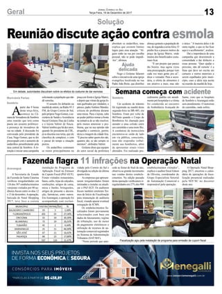 13Geral Jornal Correio do Sul
Terça-Feira, 19 de Dezembro de 2017
Solução
 Fazenda flagra 11 infrações na Operação Natal
Semana começa com acidente
Reunião discute ação contra esmola   
A Secretaria de Estado
da Fazenda de Santa Catarina
verificou irregularidades em
126 dos 587 estabelecimentos
varejistas visitados por 40 au-
ditores fiscais entre os dias 12
e 13 de dezembro.Aoperação,
batizada de Natal Shopping
2017, teve foco a correta
Um acidente de trânsito
foi registrado na manhã desta
segunda-feira na BR-485, em
Sombrio. Eram por volta de
8h55min quando o Corpo de
Bombeiros foi chamado para
atender a uma colisão entre
um caminhão e uma moto Biz.
A condutora da motocicleta
encontrava-se caída de lado
em via pública, consciente,
mas não respondia verbal-
mente aos bombeiros, além
de apresentar sinais vitais
alterados. Foi realizado pro-
A
partir das 9 horas
desta terça-feira,
acontece na Câ-
maradeVereadoresdeSombrio
uma reunião que terá como
pauta um assunto polêmico:
a presença de moradores de
rua na cidade. A discussão foi
convocada pelo presidente da
Casa, Nego Gomes, que se diz
preocupado com o aumento de
andarilhos perambulando pela
área central de Sombrio. A in-
tenção é iniciar uma campanha
instalação do Programa de
Aplicação Fiscal no Emissor
de Cupom Fiscal (PAF-ECF).
Foram visitados restaurantes,
bares, cafés, lojas de calçados,
confecções, artigos de cama,
mesa e banho, brinquedos,
artigos de presente e decora-
ção, farmácias, entre outros.
EmAraranguá, a operação foi
acompanhada com exclusi-
cedimento padrão em atendi-
mentopré-hospitalareavítima
foi conduzida ao encontro
da Ambulância Avançada do
solicitandoapopulaçãoquenão
dê esmolas.
O assunto foi debatido na
manhãdeontem,naRádio93.3
FM, do Grupo Correio do Sul,
pelopróprioNegoGomes,ase-
cretária de Saúde eAssistência
Social Gislaine Dias da Cunha
e o lojista Valmir de Souza.
Valmir lembra que há dez anos,
quando foi presidente da CDL,
já se discutia esse tema, que ele
classifica de complexo, e com
o passar do tempo a situação
piorou.
Os andarilhos costumam
se reunir principalmente na
vidade pelo Correio do Sul e
divulgada na edição da última
quarta-feira.
As empresas que apresen-
taram irregularidades foram
intimadas a instalar ou atuali-
zar o PAF-ECF. Os auditores
fiscais também emitiram Ter-
mos de Início de Fiscalização
para instauração de auditoria
fiscal, visando apurar eventual
sonegação de ICMS.
Os estabelecimentos fis-
calizados foram previamente
selecionados com base em
dados de faturamento, regime
de tributação, uso de meios
de pagamento eletrônicos e
utilização de recursos de au-
tomaçãocomercialregistrados
no Sistema de Administração
Tributário (SAT/SEF).
“Neste período que ante-
Samu, visto que os hospitais
de Sombrio e Araranguá estão
sem atendimento. O motorista
do caminhão, nada sofreu.
praça em frente à Igreja Matriz,
edepoisquevitraisdaigrejafo-
ram quebrados por vândalos, o
pároco,padreAntônioMendes,
criticou do problema durante
uma missa. Para o lojista, cabe
ao poder público tomar a frente
na tentativa de se não resolver,
pelo menos amenizar o pro-
blema, que na sua opinião não
atrapalha o comércio, porém,
deixa a imagem da cidade feia.
“É preciso saber quem eles são,
quantos são, se são sempre os
mesmos”, defendeu Valmir.
Gislaine disse que equipes
do setor social da prefeitura
Araranguá
SombrioMarivânia Farias
Sombrio
*PARCELAS À PARTIR DE R$458,89
CONSÓRCIOS PARA IMÓVEIS
INVISTA NOS SEUS PROJETOS
DE FORMA ECONÔMICAE SEGURA
www.consorciomenegalli.com.br
Fiscalização agiu pela instalação de programa para emissão de cupom fiscal
Em debate, autoridades discutiram sobre os efeitos do costume de dar esmolas
abordam os andarilhos, mas
explica que existem limites
legais para essa atuação. “Al-
guns estão na rua por escolha
pessoal, não se pode impedi-
-los”, afirmou.
Nego e Gislaine falaram
sobre a iniciativa de uma igreja
evangélica localizada na rua
Padre João Reitz, que distribui
almoço gratuito a população de
rua, de segunda a sexta-feira. O
prédio fica a poucos metros da
praça da Igreja Matriz, onde
muitos dos beneficiados costu-
mam ficar.
“É um projeto que parece
tão bonito, mas agora virou
uma preocupação, porque vem
cada vez mais gente pra cá”,
disse o vereador. Para a secre-
tária, a oferta de alimentos é
um atrativo a mais, mas não
o único. “A maioria deles é de
outra região, o que os faz ficar
aqui é o acolhimento”, avaliou.
Daí a importância de uma
campanha que desestimule a
comunidade a dar dinheiro a
essas pessoas. ‘Quer ajudar o
próximo, não dê esmola’ é a
frase que deve ser escrita em
cartazes e outros materiais a
serem espalhados pelo muni-
cípio, caso a ideia seja aceita
na reunião da manhã de hoje.
cede as festas de final de ano,
observa-se grande incremento
nas vendas destes estabele-
cimentos. Na edição passada
desta operação verificamos ir-
regularidadesem27%dos908
estabelecimentos visitados”,
explica o auditor fiscal Edson
de Oliveira, coordenador do
Grupo Especialista Setorial
de Automação Comercial e
responsável pela operação.
A Operação Natal Shop-
ping 2017, encerrou o calen-
dário de operações de fisca-
lização presencial realizadas
pela SEF/SC no decorrer
deste ano.
Ajuda
delicada
 