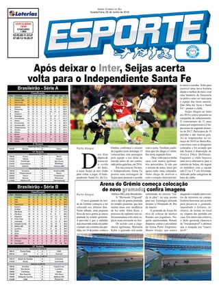 Arena do Grêmio começa colocação
de novo gramado; confira imagens
Após deixar o Inter, Seijas acerta
volta para o Independiente Santa Fe
Porto Alegre
Porto Alegre
02-03-08-11-23-47
07-08-12-16-26-37
CONCURSO
1.802
DUPLA SENA
19/06
Jornal Correio do Sul
Quarta-Feira, 20 de Junho de 2018
D
ois dias
depois de
anunciar
a saída
do Inter,
o meia Seijas já tem clube
para voltar a jogar. O Inde-
pendiente Santa Fe, da Co-
O novo gramado da Are-
na do Grêmio começou a ser
colocado nos últimos dias.
Neste sábado, uma pequena
faixa da nova grama já estava
plantada no estádio gremista.
A previsão é que o trabalho
seja encerrado ainda em junho
e tratado até o retorno das par-
tidas, em 18 de junho, contra o
lômbia, confirmou o retorno
do jogador neste domingo. O
venezuelano tem passagem
pela equipe e era ídolo da
torcida antes de ser contra-
tado pelos gaúchos, em 2016.
Em sua conta no Twitter,
o Independiente Santa Fe
postou uma mensagem de
Seijas para anunciar o acordo
Atlético-MG,peloBrasileirão.
A "Bermuda Tifgrand"
será o tipo de grama plantada
no estádio gremista, que tem
muitas áreas sem incidência
de luz solar. Além disso, o
processo de replantio terá so-
bressemeadura com outra es-
pécie mais resistente ao frio.
De acordo com a enge-
nheira agrônoma, Maristela
Kuhn, o gramado está sendo
Brasileirão - Série A
Brasileirão - Série B
com o meia. Também confir-
mou que ele chega a Colôm-
bia nesta segunda-feira.
- Hoje volto para a minha
casa, com muitos quilôme-
tros percorridos. Já não sou
o mesmo de antes, meus pés
agora estão mais calejados.
Volto chego de motivos e
com o coração cheio por tan-
substituído no sistema "rea-
dy to play", ou seja, pronto
para uso. Estratégia utilizada
durante a Olimpíada do Rio
de Janeiro.
O gramado da Arena foi
alvo de críticas do técnico
Renato aos jogadores. Na-
quela oportunidade, Renato
disparou contra o presidente
da Arena Porto Alegrense,
Mauro Araújo, que estava
alugando o estádio para even-
tos de terceiros no campo.
Embora houvesse um acordo
para preservar o gramado,
impedindo o Grêmio, in-
clusive, de treinar no local
na véspera das partidas em
casa. Em entrevista coletiva,
o ídolo gremista chamou-o
de "irresponsável" e afirmou
que a situação era "inacei-
tável".
to amor e carinho. Volto para
escrever uma nova história
dando o melhor de mim, com
uma bandeira da Venezuela
no peito e uma vez mais para
a equipe dos meus amores.
Que falta me fazia o Santa
Fe! - postou o clube.
Seijas chegou ao Inter
em 2016 e esteve presente na
campanha do rebaixamento.
O venezuelano de 31 anos
atuou por empréstimo à Cha-
pecoense no segundo semes-
tre de 2017. Participou de 19
partidas e não marcou gols.
Ao se reapresentar no co-
meço de 2018 no Beira-Rio,
conversou com os dirigentes
colorados e foi avisado que
não ficaria à disposição do
técnico Odair Hellmann.
Enquanto o clube buscava
uma nova alternativa para a
carreira de Seijas, ele seguia
os trabalhos com a equipe
sub-23 no CT em Alvorada,
utilizado pelas categorias de
base do clube.
 