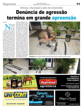 Segurança
Armas, munição e pés de maconha
Denúncia de agressão
termina em grande apreensão
N
a noite de
segunda-
- f e i r a ,
por volta
das 23h,
a Polícia Militar realizou
uma grande de apreensão de
armas, drogas e munições em
Sombrio. O fato aconteceu
no bairro São Pedro, após
a PM atender uma ocorrên-
cia de violência doméstica.
Segundo a informação da
Polícia Militar, uma mulher
procurou a PM relatando ter
sido agredida pelo compa-
nheiro. A guarnição, então,
se deslocou até a residência
do casal. Ao chegar no local,
foi realizada busca do homem
na casa, mas o mesmo tinha
fugido pulando uma janela.
Durante a busca pelo
agressor, dentro da residên-
cia, a PM se deparou com
armas, drogas e munições,
chamando atenção uma sig-
Sombrio nificante plantação de ma-
conha. Na ocorrência, foram
apreendidos duas espingar-
das, uma Calibre 22 e outra
Calibre 20 com cinto de guar-
nição, também sete munições
de calibre 22, 28 munições
de calibre .20, e três muni-
ções de cal.12, uma balança
de precisão, e 11 tabletes
de substância semelhante a
maconha, pesando 143.30g.
Na apreensão, chamou aten-
ção o plantio de droga na
residência, onde foram en-
contrados e apreendidos seis
pés de maconha, sendo que
alguns ultrapassaram os dois
metros de altura. Ainda foi
relatado, pelos policiais, que
foram apreendidas folhas de
papel com anotações.Armas,
drogas e munição foram
levadas para delegacia da
Polícia Civil de Sombrio para
procedimento. O homem não
foi capturado. Participaram
da operação policiais de Som-
brio e Balneário Gaivota.
11
Jornal Correio do Sul
Quarta-Feira, 21 de Fevereiro de 2018
APREENSÃO: Pés de maconha mediam mais de dois metros de altura, e estavam plantados em baldes
 