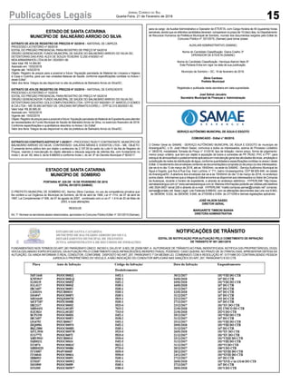 15Publicações Legais Jornal Correio do Sul
Quarta-Feira, 21 de Fevereiro de 2018
ESTADO DE SANTA CATARINA
MUNICÍPIO DE BALNEÁRIO ARROIO DO SILVA
EXTRATO DE ATA DE REGISTRO DE PREÇOS N° 02/2018 – MATERIAL DE LIMPEZA
PROCESSO LICITATÓRIO nº 09/2018
EDITAL DO PREGÃO PRESENCIAL PARA REGISTRO DE PREÇO Nº 04/2018
ÓRGÃO GERENCIADOR: FUNDO MUNICÍPAL DE SAÚDE DO BALNEÁRIO ARROIO DO SILVA /SC.
DETENTORAS DAS ATAS: ALEX DE SOUZA TEIXEIRA 12.250.416/0001-47
MDAARMARINHOS LTDA 06.541.303/0001-06.
Valor total: R$ 14.064,60
Assinado em: 15/02/2018
Vigente até: 14/02/2019
Objeto: Registro de preços para a possível e futura “Aquisição parcelada de Material de Limpeza e Higiene
e Copa e Cozinha, para uso nas unidades Básicas de Saúde, conforme especificações contidas no Anexo I
deste Edital”.
Valor dos Itens: Íntegra da ata disponível no site da prefeitura de Balneário Arroio do Silva/SC.
EXTRATO DE ATA DE REGISTRO DE PREÇOS N° 03/2018 – MATERIAL DE EXPEDIENTE
PROCESSO LICITATÓRIO nº 10/2018
EDITAL DO PREGÃO PRESENCIAL PARA REGISTRO DE PREÇO Nº 05/2018
ÓRGÃO GERENCIADOR: FUNDO MUNICÍPAL DE SAÚDE DO BALNEÁRIO ARROIO DO SILVA /SC.
DETENTORAS DASATAS: GOLD COMPUTADORES LTDA– EPP02.537.692/0001-37. MARCELO GOMES
& CIA LTDA – ME 05.850.947/0001-05. ORLEANS INFORMATICA EIRELI – EPP 02.315.593/0001-00.
Valor total: R$ 26.585,30
Assinado em: 16/02/2018
Vigente até: 15/02/2019
Objeto:Registrodepreçosparaapossívelefutura“AquisiçãoparceladadeMaterialdeExpedienteparaatender
as necessidades do Fundo Municipal de Saúde de Balneário Arroio do Silva, no exercício financeiro de 2018.
Conforme especificações e quantitativos descritos no Anexo I do Edital”.
Valor dos Itens: Íntegra da ata disponível no site da prefeitura de Balneário Arroio do Silva/SC.
ESTADO DE SANTA CATARINA
MUNICÍPIO DE SOMBRIO
PORTARIA Nº. 025 DE 19 DE FEVEREIRO DE 2018
EDITAL 001/2015 (SAMAE)
O PREFEITO MUNICIPAL DE SOMBRIO-SC, Senhor Zênio Cardoso, no uso da competência privativa que
lhe confere a Lei Orgânica do Município de Sombrio, de 06 de abril de 1990, Lei nº 1114, de 07 de abril de
1997, Lei Complementar nº 006, de 07 de agosto de 2007, combinado com a Lei nº. 1.414 de 20 de Maio de
2003, e suas alterações.
RESOLVE:
Art.1º.Nomearosservidoresabaixorelacionados,aprovadosnoConcursoPúblicoEdital nº.001/2015(Samae),
SERVIÇO AUTÔNOMO MUNICIPAL DE ÁGUA E ESGOTO
COMUNICADO - Edital n° 08/2018.
O Diretor Geral do SAMAE - SERVIÇO AUTÔNOMO MUNICIPAL DE ÁGUA E ESGOTO do município de
Araranguá/SC, o Sr. José Hilson Sasso, comunica a todos os interessados, acerca do Processo Licitatório
n° 08/2018, modalidade Tomada de Preço n° 01/2018, tipo de licitação: menor preço, forma de julgamento:
menor preço unitário, que tem por objeto à aquisição de tubos e conexões de PP, PEAD, PVC e FºFº, para
estoque de almoxarifado e posteriormente aplicados em manutenção geral das atividades técnicas, ampliação e
substituição de redes de distribuição de água, conforme quantidades e especificações contidas no anexo I deste
Edital. O recebimento dos envelopes contendo as documentações e proposta (s) de preço (s) dos interessados,
dar-se-á no dia 13 de março de 2018, até as 15h00min, na sede do SAMAE - Serviço Autônomo Municipal de
Água e Esgoto, que fica à Rua Exp. Iraci Luchina, n° 711, bairro Urussanguinha, CEP 88.905-446, na cidade
de Araranguá/SC. A abertura dos envelopes dar-se-á às 15h00min do dia 13 de março de 2018, no endereço
acima citado. Informamos que a íntegra do Edital encontra-se disponível aos interessados no Setor de Compras
da Autarquia, durante o horário de expediente, e através do endereço eletrônico: HYPERLINK “http://www.
samaeararangua.com.br”www.samaeararangua.com.br.Maioresinformaçõespoderãoserobtidaspelotelefone
(48) 3524-0837 ramal 226 e através do e-mail: HYPERLINK “mailto:compras.samae@contato.net” compras.
samae@contato.net. Base Legal: Leis Federais 8.666/93, com as alterações decorrentes das Leis nos 8.883,
de 08/06/94, 9.032, de 28/04/95, 9.648, de 27/05/98 e 9.854, de 27/10/99 e demais legislações aplicáveis.
JOSÉ HILSON SASSO
DIRETOR GERAL
MARGARETE TIMBONI BARAN
DIRETORA ADMINISTRATIVA
EXTRATO DO CONTRATOADITIVO Nº 1-20/2017 – PROCESSO 76/2017 CONTRATANTE: MUNICÍPIO DE
BALNEÁRIO ARROIO DO SILVA. CONTRATADO: GALATAS MÍDIAS E EVENTOS LTDA – ME. OBJETO:
O presente termo aditivo tem por objeto o acréscimo de 2.197,50 do saldo do Lote IV da Ata de Registro de
Preços, visando à manutenção do objeto alterada a cláusula segunda da referida Ata, com fundamento no
inciso I, do art. 65, letra d, da lei 8.666/93 e conforme Inciso I, do art. 6º do Decreto Municipal nº 90/2017.
NOTIFICAÇÕES DE TRÂNSITO
EDITAL DE NOTIFICAÇÃO POR AUTUAÇÃO PELO COMETIMENTO DE INFRAÇÃO
DE TRÂNSITO Nº 001 2601/2018
FUNDAMENTADO NOS TERMOS DO ART. 281 PARÁGRAFO ÚNICO. INCISO ll, DA LEI Nº, 9.503, DE 23/09/1997, A AUTORIDADE DE TRÂNSITO AO FINAL INDENTIFICADA, NOTIFICA O(S) PROPRIETÁRIO(S), DO(S)
VEICULO(S) ABAIXO ESPECIFICADO(S), DAAUTUAÇÃO PELO COMETIMENTO DA(S) INFRACÃO(ÕES) RERSPECTIVA(S), PODENDO. CASO QUEIRA, NO PRAZO DE 30 (TRINTA) DIAS, APRESENTAR DEFESA DA
AUTUAÇÃO, OU AINDA INFORMAR O REAL CONDUTOR, CONFORME DISPOSTO NO ART, 257, PARÁGRAFO 7 DA MESMA LEI, COMBINADO COM A RESOLUÇÃO Nº, 017/1998 DO CONTRAN,SENDO PESSOA
JURIDICA O PROPRIETÁRIO DO VEICULO, A NÃO INDICAÇÃO DO CONDUTOR IMPLICARÁ NAS SANÇÕES DO ART, 257, PARÁGRAFO 8 DO CTB
para os cargo de Auxiliar Administrativo e Operador de ETE/ETA, com Carga Horária de 40 (quarenta) horas
semanais,sendoqueosreferidoscandidatosdeveram comparecernoprazode10(dez)dias,noDepartamento
de Recursos Humanos da Prefeitura Municipal de Sombrio, munido dos documentos exigidos pelo Edital do
Concurso Público nº. 001/2015, (Samae) para tomar posse:
AUXILIAR ADMINISTRATIVO (SAMAE)
Nome do Candidato Classificação Giana Coelho 3º
OPERADOR DE ETE/ETA (SAMAE)
Nome do Candidato Classificação Henrique Alamini Neto 8º
Esta Portaria Entra em vigor na data de sua publicação.
Município de Sombrio – SC, 19 de fevereiro de 2018.
Zênio Cardoso
Prefeito Municipal
Registrada e publicada nesta secretaria em data supracitada
José Sidnei Januário
Secretário Municipal de Finanças e Administração
 
