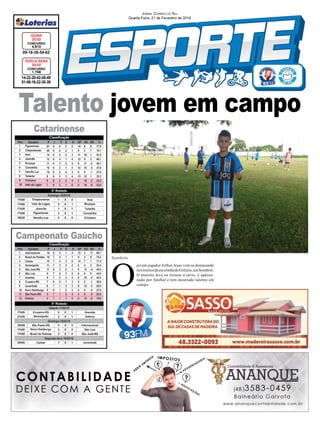 Talento jovem em campo
Sombrio
14-22-28-42-45-49
01-08-16-22-30-39
CONCURSO
1.758
DUPLA SENA
20/02
09-18-36-54-62
CONCURSO
4.610
QUINA
20/02
JORNAL CORREIO DO SUL
Quarta-Feira, 21 de Fevereiro de 2018
Campeonato Gaúcho
Catarinense
O
jovem jogadorArthur Jesus vem se destacando
nostreinosdaescolinhadoGrêmio,emSombrio.
O menino leva os treinos a sério, é apaixo-
nado por futebol e tem mostrado talento em
campo.
 