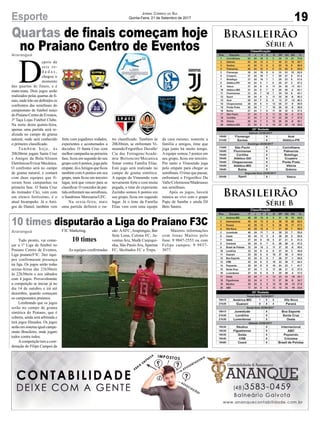 Quartas de finais começam hoje
no Praiano Centro de Eventos
Araranguá
Araranguá
Tudo pronto, vai come-
çar a 1º Liga de futebol no
Praiano Centro de Eventos,
Liga praiano/F3C. Dez equi-
pes confirmaram presença
na liga. Os jogos serão todas
sextas-feiras das 21h30min
às 22h30min e aos sábados
com 4 jogos. Provavelmente
a competição se iniciar já no
dia 14 de outubro e irá até
dezembro, quando começam
os campeonatos praianos.
Lembrando que os jogos
serão no campo de grama
sintética do Praiano, que é
coberta, ainda será arbitrada e
terá jogos filmados. Os jogos
serão em sistema igual campe-
onato Brasileiro, onde jogam
todos contra todos.
Acompetição tem a coor-
denação do Filipe Campos da
D
epois de
seis ro-
d a d a s ,
chegou o
momento
das quartas de finais, e é
mata-mata. Dois jogos serão
realizados pelas quartas de fi-
nais,ondeirãoserdefinidosos
confrontos das semifinais do
campeonato de futebol suíço
do Praiano Centro de Eventos,
3º Taça Lojas Futebol Clube.
Na noite desta quinta-feira,
apenas uma partida será re-
alizada no campo de grama
natural, onde será conhecido
o primeiro classificado.
Ta m b é m h o j e , à s
20h30min jogam Santa Cruz
x Amigos da Bola/Alisson
Eletrônicos/Evicar Mecânica.
O confronto será no campo
de grama natural, e contará
com duas equipes que fi-
zeram boas campanhas na
primeira fase. O Santa Cruz
do treinador Clei, vem com
um elenco fortíssimo, é o
atual bicampeão. Já o Ami-
gos do Daniel, também vem
Brasileirão
Série A
Brasileirão
Série B
19Esporte Jornal Correio do Sul
Quinta-Feira, 21 de Setembro de 2017
F3C Marketing.
10 times
As equipes confirmadas
10 times disputarão a Liga do Praiano F3C
são:AAFC,Arapongas, Bar
Sem Lona, Colona FC, Ju-
ventusAru, Shalk Canjiqui-
nha, São PauloAru, Spartan
FC, Skoltados FC e Treps.
Maiores informações
com Jonas Mattos pelo
fone: 9 9847-2553 ou com
Felipe campos: 9 9937-
3077.
forte com jogadores rodados,
experientes e acostumados a
decisões. O Santa Cruz com
melhor campanha na primeira
fase, ficou em segundo do seu
grupo com 6 pontos, joga pelo
empate. JáoAmigos queficou
também com 6 pontos em seu
grupo, mais ficou em terceiro
lugar, terá que vencer para se
classificar. O vencedor da par-
tida enfrentará nas semifinais,
o Sandrinos Mercearia/UFC.
Na sexta-feira, mais
uma partida definirá o ou-
tro classificado. Também às
20h30min, se enfrentam Vi-
moendo/Frigorífico Duvalle/
Cia das Ferragens/Acade-
mia Bertoncini/Mecanica
Simar contra Família Elias.
Este jogo será realizado no
campo de grama sintética.
A equipe do Vimoendo vem
novamente forte e com muita
pegada, o time do experiente
Zezinho somou 6 pontos em
seu grupo, ficou em segundo
lugar. Já o time da Família
Elias vem com uma equipe
da casa mesmo, somente a
família e amigos, time que
joga junto há muito tempo.
A equipe somou 3 pontos em
seu grupo, ficou em terceiro.
Por tanto o Vimoendo joga
pelo empate para chegar as
semifinais. O time que passar,
enfrentará o Frigorífico Du
Valle/Coloniense/Madesasso
nas semifinais.
Após os jogos, haverá
música ao vivo com o grupo
Papo de Samba e ainda DJ
Beto Santos.
 