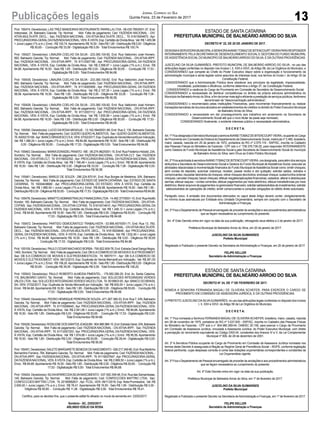 Prot: 155474; Devedor(es): LAS TREZ BANDEIRAS RESTAURANTE PARRILLALTDA- 08.435.785/0001-37, End:
Interpraias, 24, Balneario Gaivota; Tip: Normal; Mot: Falta de pagamento; Ced: FAZENDA NACIONAL - DIV.
ATIVA-MULTAATR. DECL.; Sac: FAZENDA NACIONAL - DIV.ATIVA-MULTAATR. DECL.; Tit: 91615004672 ; Apr:
PROCURADORIA-GERALDAFAZENDANACIONAL;VEN:ÀVISTA;Esp:CertidãodeDívidaAtiva; Val:R$1.455,96
+ Juros Legais (1% a.m.); Emol.: R$ 100,74.Apontamento R$ 16,50 - Selo R$ 1,85 - Distribuição R$ 0,00 - Diligência
R$ 50,65 - Condução R$ 33,59 - Digitalização R$ 0,00- Total Emolumentos R$ 100,74.
Prot: 155427; Devedor(es): LINAURA COELHO DA SILVA - 233.365.100-82, End: Rua Valdomiro José Homem,
893, Balneario Gaivota; Tip: Normal; Mot: Falta de pagamento; Ced: FAZENDA NACIONAL - DIV.ATIVA-IRPF;
Sac: FAZENDA NACIONAL - DIV.ATIVA-IRPF; Tit: 91112007196 ; Apr: PROCURADORIA-GERAL DA FAZENDA
NACIONAL; VEN: À VISTA; Esp: Certidão de Dívida Ativa; Val: R$ 2.568,97 + Juros Legais (1% a.m.); Emol.: R$
84,68. Apontamento R$ 16,50 - Selo R$ 1,85 - Distribuição R$ 0,00 - Diligência R$ 50,65 - Condução R$ 17,53 -
Digitalização R$ 0,00- Total Emolumentos R$ 84,68.
Prot: 155435; Devedor(es): LINAURA COELHO DA SILVA - 233.365.100-82, End: Rua Valdomiro José Homem,
893, Balneario Gaivota; Tip: Normal; Mot: Falta de pagamento; Ced: FAZENDA NACIONAL - DIV.ATIVA-IRPF;
Sac: FAZENDA NACIONAL - DIV.ATIVA-IRPF; Tit: 91114005959 ; Apr: PROCURADORIA-GERAL DA FAZENDA
NACIONAL; VEN: À VISTA; Esp: Certidão de Dívida Ativa; Val: R$ 2.157,35 + Juros Legais (1% a.m.); Emol.: R$
56,58. Apontamento R$ 16,50 - Selo R$ 1,85 - Distribuição R$ 0,00 - Diligência R$ 33,00 - Condução R$ 7,08 -
Digitalização R$ 0,00- Total Emolumentos R$ 56,58.
Prot: 155426; Devedor(es): LINAURA COELHO DA SILVA - 233.365.100-82, End: Rua Valdomiro José Homem,
893, Balneario Gaivota; Tip: Normal; Mot: Falta de pagamento; Ced: FAZENDA NACIONAL - DIV.ATIVA-IRPF;
Sac: FAZENDA NACIONAL - DIV.ATIVA-IRPF; Tit: 91112001112 ; Apr: PROCURADORIA-GERAL DA FAZENDA
NACIONAL; VEN: À VISTA; Esp: Certidão de Dívida Ativa; Val: R$ 1.835,58 + Juros Legais (1% a.m.); Emol.: R$
84,68. Apontamento R$ 16,50 - Selo R$ 1,85 - Distribuição R$ 0,00 - Diligência R$ 50,65 - Condução R$ 17,53 -
Digitalização R$ 0,00- Total Emolumentos R$ 84,68.
Prot: 155550; Devedor(es): LUCIO DAROSAMENGUE - 13.162.594/0001-89, End: Rua 2, 135, Balneario Gaivota;
Tip: Normal; Mot: Falta de pagamento; Ced: QUERO QUEROALIMENTOS; Sac: QUERO QUEROALIMENTOS;
Tit:A000215199 ;Apr: BANCO BRADESCO SA; VEN: 07/02/2017; Esp: Duplicata de Venda Mercantil por Indicação;
Val: R$ 1.086,24 + Juros Legais (1% a.m.); Emol.: R$ 84,68.Apontamento R$ 16,50 - Selo R$ 1,85 - Distribuição R$
0,00 - Diligência R$ 50,65 - Condução R$ 17,53 - Digitalização R$ 0,00- Total Emolumentos R$ 84,68.
Prot:155463;Devedor(es):MARIADONADELPANATO-ME-06.274.962/0001-15,End:RuaFredericoHobold,234,
Sombrio; Tip: Normal; Mot: Falta de pagamento; Ced: FAZENDA NACIONAL - DIV.ATIVA-CLT; Sac: FAZENDA
NACIONAL - DIV.ATIVA-CLT; Tit: 91516002352 ; Apr: PROCURADORIA-GERAL DA FAZENDA NACIONAL; VEN:
À VISTA; Esp: Certidão de Dívida Ativa; Val: R$ 1.166,49 + Juros Legais (1% a.m.); Emol.: R$ 56,58. Apontamento
R$ 16,50 - Selo R$ 1,85 - Distribuição R$ 0,00 - Diligência R$ 33,00 - Condução R$ 7,08 - Digitalização R$ 0,00-
Total Emolumentos R$ 56,58.
Prot: 155481; Devedor(es): MARLEI DE SOUZA - 290.224.870-91, End: Rua Borges de Medeiros, S/N, Balneario
Gaivota; Tip: Normal; Mot: Falta de pagamento; Ced: ESTADO DE SANTACATARINA; Sac: ESTADO DE SANTA
CATARINA; Tit: 16004438660 ; Apr: PROCURADORIA-GERAL DO ESTADO; VEN: À VISTA; Esp: Certidão de
Dívida Ativa; Val: R$ 1.880,54 + Juros Legais (1% a.m.); Emol.: R$ 84,68. Apontamento R$ 16,50 - Selo R$ 1,85 -
DistribuiçãoR$0,00-DiligênciaR$50,65- ConduçãoR$17,53-DigitalizaçãoR$0,00- TotalEmolumentosR$84,68.
Prot:155478;Devedor(es):MINATTOADMINISTRACAOFINANCEIRALTDA-14.492.377/0001-10,End:RuaAdolfo
Konder, 165, Balneario Gaivota; Tip: Normal; Mot: Falta de pagamento; Ced: FAZENDA NACIONAL - DIV.ATIVA-
COFINS; Sac: FAZENDANACIONAL- DIV.ATIVA-COFINS; Tit: 91615014610 ;Apr: PROCURADORIA-GERALDA
FAZENDA NACIONAL; VEN: À VISTA; Esp: Certidão de Dívida Ativa; Val: R$ 1.348,12 + Juros Legais (1% a.m.);
Emol.: R$ 84,68.Apontamento R$ 16,50 - Selo R$ 1,85 - Distribuição R$ 0,00 - Diligência R$ 50,65 - Condução R$
17,53 - Digitalização R$ 0,00- Total Emolumentos R$ 84,68.
Prot: 155472; Devedor(es): PARTIDO DEMOCRATICO TRABALHISTA - 03.995.457/0001-71, End: Rua 13, 783,
Balneario Gaivota; Tip: Normal; Mot: Falta de pagamento; Ced: FAZENDA NACIONAL - DIV.ATIVA-MULTAATR.
DECL.; Sac: FAZENDA NACIONAL - DIV.ATIVA-MULTAATR. DECL.; Tit: 91615004646 ; Apr: PROCURADORIA-
GERAL DA FAZENDA NACIONAL; VEN: À VISTA; Esp: Certidão de Dívida Ativa; Val: R$ 1.632,40 + Juros Legais
(1% a.m.); Emol.: R$ 84,68. Apontamento R$ 16,50 - Selo R$ 1,85 - Distribuição R$ 0,00 - Diligência R$ 50,65
- Condução R$ 17,53 - Digitalização R$ 0,00- Total Emolumentos R$ 84,68.
Prot:155109;Devedor(es):PAULOCESARMACHADOBORBA-795.822.909-78,End:EstradaGeralSangaNegra,
1400,Sombrio;Tip:Normal; Mot:Faltadepagamento;Ced:DBS.ACOMERCIODEMOVEISEELETRODOMEST;
Sac: DB S.A COMERCIO DE MOVEIS E ELETRODOMESTICOS; Tit: 58575111 ; Apr: DB S.A COMERCIO DE
MOVEIS E ELETRODOMEST; VEN: 09/12/2015; Esp: Duplicata de Venda Mercantil por Indicação; Val: R$ 261,50
+ Juros Legais (1% a.m.); Emol.: R$ 106,20.Apontamento R$ 16,50 - Selo R$ 1,85 - Distribuição R$ 0,00 - Diligência
R$ 50,65 - Condução R$ 39,05 - Digitalização R$ 0,00- Total Emolumentos R$ 106,20.
Prot: 155543; Devedor(es): PAULO ROBERTO ALMEIDA PIMENTEL - 179.050.280-20, End: Av. Santa Catarina,
115, BALNEARIO GAIVO; Tip: Normal; Mot: Falta de pagamento; Ced: SOLUCOES INTEGRADAS VERDES
VALES LTDA; Sac: SOLUCOES INTEGRADAS VERDES VALES LTDA; Tit: 0016803-05 ;Apr: BANCO DO BRASIL
SA; VEN: 07/02/2017; Esp: Duplicata de Venda Mercantil por Indicação; Val: R$ 600,00 + Juros Legais (1% a.m.);
Emol.: R$ 84,68.Apontamento R$ 16,50 - Selo R$ 1,85 - Distribuição R$ 0,00 - Diligência R$ 50,65 - Condução R$
17,53 - Digitalização R$ 0,00- Total Emolumentos R$ 84,68.
Prot:155440;Devedor(es):PEDROHENRIQUEPEREIRADESOUZA-471.267.360-53,End:Rua7,S/N,Balneario
Gaivota; Tip: Normal; Mot: Falta de pagamento; Ced: FAZENDA NACIONAL - DIV.ATIVA-IRPF; Sac: FAZENDA
NACIONAL- DIV.ATIVA-IRPF; Tit: 91115006645 ;Apr: PROCURADORIA-GERALDAFAZENDANACIONAL; VEN:
À VISTA; Esp: Certidão de Dívida Ativa; Val: R$ 2.041,06 + Juros Legais (1% a.m.); Emol.: R$ 84,68. Apontamento
R$ 16,50 - Selo R$ 1,85 - Distribuição R$ 0,00 - Diligência R$ 50,65 - Condução R$ 17,53 - Digitalização R$ 0,00-
Total Emolumentos R$ 84,68.
Prot:155428;Devedor(es):ROSILENEDOSSANTOSJOAQUIM-904.966.989-15,End:EstradaGeral,S/N,Balneario
Gaivota; Tip: Normal; Mot: Falta de pagamento; Ced: FAZENDA NACIONAL - DIV.ATIVA-IRPF; Sac: FAZENDA
NACIONAL- DIV.ATIVA-IRPF; Tit: 91112007203 ;Apr: PROCURADORIA-GERALDAFAZENDANACIONAL; VEN:
À VISTA; Esp: Certidão de Dívida Ativa; Val: R$ 1.674,68 + Juros Legais (1% a.m.); Emol.: R$ 95,59. Apontamento
R$ 16,50 - Selo R$ 1,85 - Distribuição R$ 0,00 - Diligência R$ 50,65 - Condução R$ 28,44 - Digitalização R$ 0,00-
Total Emolumentos R$ 95,59.
Prot:155451;Devedor(es):SALETEMARGARETEBENEDIXDONASCIMENTO-028.217.349-80,End:RuaMartinho
Bernardino Ferreira, 784, Balneario Gaivota; Tip: Normal; Mot: Falta de pagamento; Ced: FAZENDANACIONAL -
DIV.ATIVA-IRPF; Sac: FAZENDANACIONAL- DIV.ATIVA-IRPF; Tit: 91116007947 ;Apr: PROCURADORIA-GERAL
DAFAZENDANACIONAL; VEN: À VISTA; Esp: Certidão de DívidaAtiva; Val: R$ 2.969,50 + Juros Legais (1% a.m.);
Emol.: R$ 84,68.Apontamento R$ 16,50 - Selo R$ 1,85 - Distribuição R$ 0,00 - Diligência R$ 50,65 - Condução R$
17,53 - Digitalização R$ 0,00- Total Emolumentos R$ 84,68.
Prot:155424;Devedor(es):SILVIAAPARECIDASILVANASCIMENTO-037.592.359-48,End:RuadasSamambaias,
145, Balneario Gaivota; Tip: Normal; Mot: Falta de pagamento; Ced: CONFECCOES MATTRIC LTDA; Sac:
CONFECCOES MATTRIC LTDA; Tit: 20160982831 ;Apr: FCDL; VEN: 09/11/2016; Esp: Nota Promissória; Val: R$
2.600,00 + Juros Legais (1% a.m.); Emol.: R$ 78,41. Apontamento R$ 16,50 - Selo R$ 1,85 - Distribuição R$ 0,00 -
Diligência R$ 50,65 - Condução R$ 11,26 - Digitalização R$ 0,00- Total Emolumentos R$ 78,41.
Certifico, para os devidos fins, que o presente edital foi afixado no mural da serventia em: 23/02/2017.
Sombrio - SC, 23/02/2017
ARLINDO EDÍLIO DA ROSA
ESTADO DE SANTA CATARINA
PREFEITURA MUNICIPAL DE BALNEÁRIO ARROIO DO SILVA
DECRETO N° 22, DE 20 DE JANEIRO DE 2017.
DESIGNAASERVIDORAMUNICIPALASENHORAAVANEITOMAZDEBITENCOURTVIEIRAPARARESPONDER
INTERINAMENTE PELA SECRETARIA DE DESENVOLVIMENTO SOCIAL E GESTORA DO FUNDO MUNICIPAL
DEASSISTÊNCIASOCIALDO MUNICÍPIO DE BALNEÁRIOARROIO DO SILVA, E DÁ OUTRAS PROVIDÊNCIAS.
JUSCELINO DA SILVA GUIMARÃES, PREFEITO MUNICIPAL DE BALNEÁRIO ARROIO DO SILVA , no uso das
atribuições legais conferidas no disposto nos Incisos I, II, XXII e XXVI, do Artigo 58, da Lei Orgânica do Município, e
CONSIDERANDO que compete ao Chefe do Poder Executivo dispor sobre a organização e funcionamento da
administração municipal e ainda legislar sobre assuntos de interesse local, nos termos do Inciso I, do Artigo 30 da
Constituição Federal;
CONSIDERANDO que a Administração Pública deve obedecer aos princípios da legalidade, impessoalidade,
moralidade, publicidade e eficiência, conforme determina o Artigo 37, da Constituição Federal;
CONSIDERANDO a vacância do Cargo de Provimento em Comissão de Secretário de Desenvolvimento Social;
CONSIDERANDO a necessidade de distribuir competências no âmbito da própria estrutura administrativa do
MunicípiodeBalneárioArroiodoSilva,afimdetornarmaiságileeficienteaprestaçãodeserviçospúblicos,fenômeno
denominado de “desconcentração administrativa”;
CONSIDERANDO o recomendado pelas Instituições Financeiras, para movimentar financeiramente ou realizar
transaçõesbancáriasderecursosalocadosemestabelecimentosdecréditosnoâmbitodoPoderExecutivoMunicipal
de Balneário Arroio do Silva;
CONSIDERANDO a necessidade em dar prosseguimento aos trabalhos em andamento na Secretaria de
Desenvolvimento Social até que o novo titular da pasta seja nomeado;
CONSIDERANDO finalmente, o evidente interesse público e necessidade administrativa,
D E C R E T A:
Art.1ºFicadesignadaàServidoraMunicipalasenhoraAVANEITOMAZDEBITENCOURTVIEIRA,ocupantedoCargo
de Provimento em Comissão de Diretora do Departamento de Desenvolvimento Social, matricula nº 3.480, brasileira,
maior, casada, nascida em 25 de janeiro de 1972, portadora do RG nº 2.575.119 - SSP/SC, inscrita no Cadastro
das Pessoas Físicas do Ministério da Fazenda - CPF sob o n° 739.376.739-20, para responder INTERINAMENTE
como Gestora do Fundo Municipal de Assistência Social e pela Secretaria de Desenvolvimento Social do município
de Balneário Arroio do Silva, sem Ônus ao Erário Público Municipal.
Art.2ºFicaautorizadaàservidoraAVANEITOMAZDEBITENCOURTVIEIRA,oradesignada,paraalémdosserviços
atribuídos a Secretaria de Desenvolvimento Social e Gestora do Fundo Municipal deAssistência Social, executar as
atividades relacionadas à movimentação financeira do Fundo Municipal deAssistência Social como: emitir cheques;
abrir contas de depósito; autorizar cobrança; receber, passar recibo e dar quitação; solicitar saldos, extratos e
comprovantes; requisitar talonários de cheques; retirar cheques devolvidos; endossar cheque; sustar/contra-ordenar
cheques;cancelarcheques;baixarcheques;efetuarresgates/aplicaçõesfinanceiras;cadastrar,alteraredesbloquear
senhas; efetuar saques – contas correntes; efetuar pagamentos por meio eletrônico; efetuar transferências por meio
eletrônico;liberararquivosdepagamentosnogerenciadorfinanceiro;solicitarsaldos/extratosdeinvestimentos;solicitar
saldos/extratos de operações de crédito; emitir comprovantes e consultar obrigações do débito direto autorizado.
Parágrafo único. A emissão dos documentos elencados no caput deste Artigo deverá conter, obrigatoriamente,
no mínimo duas assinaturas por Entidade e/ou Unidade Orçamentária, sempre em conjunto com o Secretário de
Administração e Finanças.
Art. 3º Fica o Departamento de Pessoal encarregado de proceder às anotações e aos procedimentos administrativos
que se façam necessários ao cumprimento do presente.
Art. 4º Este Decreto entra em vigor na data da sua publicação, retroagindo seus efeitos a 2 de janeiro de 2017.
Prefeitura Municipal de Balneário Arroio do Silva, em 20 de janeiro de 2017.
JUSCELINO DA SILVA GUIMARÃES
Prefeito Municipal
Registrado e Publicado o presente Decreto na Secretaria de Administração e Finanças, em 20 de janeiro de 2017.
FELIPE KELLER
Secretário de Administração e Finanças
ESTADO DE SANTA CATARINA
PREFEITURA MUNICIPAL DE BALNEÁRIO ARROIO DO SILVA
DECRETO N° 24, DE 1º DE FEVEREIRO DE 2017.
NOMEIA A SENHORA FERNANDA MAGALI DE OLIVEIRA SCHEFER, PARA EXERCER O CARGO DE
PROVIMENTO EM COMISSÃO DE ASSESSORA JURÍDICA, E DÁ OUTRAS PROVIDÊNCIAS.
O PREFEITO JUSCELINO DASILVAGUIMARÃES, no uso das atribuições legais conferidas no disposto dos Incisos
I, II, XXII e XXVI, do Artigo 58 da Lei Orgânica do Município,
D E C R E T A:
Art. 1º Fica nomeada a Senhora FERNANDAMAGALI DE OLIVEIRASCHEFER, brasileira, maior, casada, nascida
em 28 de novembro de 1975, portadora do RG nº 3.037.830 - SSP/SC, inscrita no Cadastro das Pessoas Físicas
do Ministério da Fazenda - CPF sob o n° 904.980.389-04, OAB/SC 20.158, para exercer o Cargo de Provimento
em Comissão de Assessora Jurídica, vinculada a Assessoria Jurídica, do Poder Executivo Municipal, com direito
a percepção do vencimento equivalente ao Código DAS-04, constantes dos Anexos IV e V, da Lei Complementar
Municipal nº 006, de 28 de dezembro de 2001.
Art. 2º A Servidora Pública ocupante do Cargo de Provimento em Comissão de Assessora Jurídica nomeada nos
termos deste Decreto é assegurada à filiação ao Regime Geral de Previdência Social – RGPS, conforme legislação
federal pertinente, cujas despesas correrão à conta das dotações orçamentárias correspondentes e constantes da
Lei Orçamentária vigente.
Art. 3º Fica o Departamento de Pessoal encarregado de proceder às anotações e aos procedimentos administrativos
que se façam necessários ao cumprimento do presente.
Art. 4º Este Decreto entra em vigor na data da sua publicação.
Prefeitura Municipal de Balneário Arroio do Silva, em 1º de fevereiro de 2017.
JUSCELINO DA SILVA GUIMARÃES
Prefeito Municipal
Registrado e Publicado o presente Decreto na Secretaria deAdministração e Finanças, em 1º de fevereiro de 2017.
FELIPE KELLER
Secretário de Administração e Finanças
13Publicações legais Jornal Correio do Sul
Quinta-Feira, 23 de Fevereiro de 2017
 