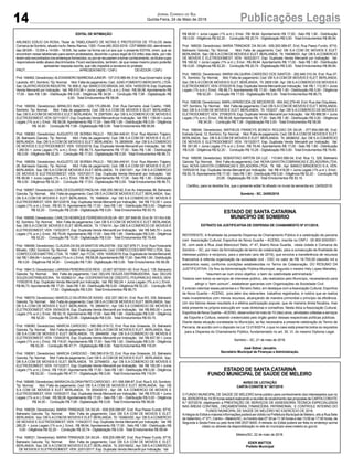 14 Publicações LegaisJornal Correio do Sul
Quinta-Feira, 24 de Maio de 2018
EDITAL DE INTIMAÇÃO
ARLINDO EDÍLIO DA ROSA, Titular do TABELIONATO DE NOTAS E PROTESTOS DE TÍTULOS desta
ComarcadeSombrio,situadonaAv.NereuRamos,1300-Fone(48)3533-0318-CEP88960-000,atendimento
das 08:00h - 12:00h e 14:00h - 18:00h, faz saber na forma da Lei aos que o presente EDITAL virem, que se
encontram nesse tabelionato para serem protestados, decorrido o prazo legal de 03 (três) dias úteis, por não
terem sido encontrados nos endereços fornecidos, ou por se recusarem a tomar conhecimento, os títulos cujos
responsáveis estão abaixo discriminados. Ficam esclarecidos, também, de que nesse mesmo prazo poderão
apresentar resposta escrita, que não impedirá a lavratura do protesto.
PROT.............................................................. APRESENTANTE / CNPJ DEVEDOR / CNPJ
Prot: 168462; Devedor(es):ALEXSANDRO BARBOSAJUNIOR - 107.018.989-84, End: Rua Governador Jorge
Lacerda, 451, Sombrio; Tip: Normal; Mot: Falta de pagamento; Ced: JUNG FOMENTO MERCANTIL LTDA;
Sac: QUATRO RODOS INDUSTRI; Tit: 806-2 ;Apr: BANCO DO BRASILSA; VEN: 14/05/2018; Esp: Duplicata
Venda Mercantil por Indicação; Val: R$ 610,98 + Juros Legais (1% a.m.); Emol.: R$ 58,08. Apontamento R$
17,00 - Selo R$ 1,90 - Distribuição R$ 0,00 - Diligência R$ 34,00 - Condução R$ 7,08 - Digitalização R$
0,00- Total Emolumentos R$ 58,08.
Prot: 168058; Devedor(es): ARNILDO INACIO - 029.175.289-66, End: Rua Demetrio José Coelho, 1588,
Sombrio; Tip: Normal; Mot: Falta de pagamento; Ced: DB S.A COM DE MOVEIS E ELET. BERLANDA;
Sac: DB S.ACOM DE MOVEIS E ELET. BERLANDA; Tit: 25975/06 ;Apr: DB S.ACOMERCIO DE MOVEIS E
ELETRODOMEST; VEN: 02/11/2017; Esp: Duplicata Venda Mercantil por Indicação; Val: R$ 1.139,40 + Juros
Legais (1% a.m.); Emol.: R$ 58,08. Apontamento R$ 17,00 - Selo R$ 1,90 - Distribuição R$ 0,00 - Diligência
R$ 34,00 - Condução R$ 7,08 - Digitalização R$ 0,00- Total Emolumentos R$ 58,08.
Prot: 168060; Devedor(es): AUGUSTO DE BORBA PAULO - 765.064.449-91, End: Rua Altamiro Trajano,
26, Balneario Gaivota; Tip: Normal; Mot: Falta de pagamento; Ced: DB S.A COM DE MOVEIS E ELET.
BERLANDA; Sac: DB S.A COM DE MOVEIS E ELET. BERLANDA; Tit: 28095/08 ; Apr: DB S.A COMERCIO
DE MOVEIS E ELETRODOMEST; VEN: 10/02/2018; Esp: Duplicata Venda Mercantil por Indicação; Val: R$
1.280,00 + Juros Legais (1% a.m.); Emol.: R$ 86,73. Apontamento R$ 17,00 - Selo R$ 1,90 - Distribuição
R$ 0,00 - Diligência R$ 52,20 - Condução R$ 17,53 - Digitalização R$ 0,00- Total Emolumentos R$ 86,73.
Prot: 168059; Devedor(es): AUGUSTO DE BORBA PAULO - 765.064.449-91, End: Rua Altamiro Trajano,
26, Balneario Gaivota; Tip: Normal; Mot: Falta de pagamento; Ced: DB S.A COM DE MOVEIS E ELET.
BERLANDA; Sac: DB S.A COM DE MOVEIS E ELET. BERLANDA; Tit: 23013/01 ; Apr: DB S.A COMERCIO
DE MOVEIS E ELETRODOMEST; VEN: 10/07/2017; Esp: Duplicata Venda Mercantil por Indicação; Val:
R$ 99,90 + Juros Legais (1% a.m.); Emol.: R$ 86,73. Apontamento R$ 17,00 - Selo R$ 1,90 - Distribuição
R$ 0,00 - Diligência R$ 52,20 - Condução R$ 17,53 - Digitalização R$ 0,00- Total Emolumentos R$ 86,73.
Prot:168067;Devedor(es):CARLOSEDUARDOPADILHA-006.205.390-62,End:Av.Interpraias,86,Balneario
Gaivota; Tip: Normal; Mot: Falta de pagamento; Ced: DB S.ACOM DE MOVEIS E ELET. BERLANDA; Sac:
DB S.A COM DE MOVEIS E ELET. BERLANDA; Tit: 16986/04 ; Apr: DB S.A COMERCIO DE MOVEIS E
ELETRODOMEST; VEN: 06/12/2016; Esp: Duplicata Venda Mercantil por Indicação; Val: R$ 712,00 + Juros
Legais (1% a.m.); Emol.: R$ 93,15. Apontamento R$ 17,00 - Selo R$ 1,90 - Distribuição R$ 0,00 - Diligência
R$ 52,20 - Condução R$ 23,95 - Digitalização R$ 0,00- Total Emolumentos R$ 93,15.
Prot:168066;Devedor(es):CARLOSHENRIQUEFERREIRADASILVA-081.397.649-90,End:Br101Km436,
82, Sombrio; Tip: Normal; Mot: Falta de pagamento; Ced: DB S.A COM DE MOVEIS E ELET. BERLANDA;
Sac: DB S.A COM DE MOVEIS E ELET. BERLANDA; Tit: 1740/10 ; Apr: DB S.A COMERCIO DE MOVEIS E
ELETRODOMEST; VEN: 13/02/2017; Esp: Duplicata Venda Mercantil por Indicação; Val: R$ 548,70 + Juros
Legais (1% a.m.); Emol.: R$ 79,49. Apontamento R$ 17,00 - Selo R$ 1,90 - Distribuição R$ 0,00 - Diligência
R$ 52,20 - Condução R$ 10,29 - Digitalização R$ 0,00- Total Emolumentos R$ 79,49.
Prot: 168496; Devedor(es): CLAUDIADASILVASANTOS VALENTIM - 032.927.879-71, End: Rua Fioravante
Minatto, 1262, Sombrio; Tip: Normal; Mot: Falta de pagamento; Ced: CONFECCOES MATTRIC LTDA; Sac:
CONFECCOES MATTRIC LTDA; Tit: 10897 ;Apr: FCDL; VEN: 10/05/2018; Esp: Duplicata de Venda Mercantil;
Val:R$ 1.064,84 +JurosLegais(1% a.m.);Emol.:R$ 58,08.Apontamento R$ 17,00 -Selo R$ 1,90 -Distribuição
R$ 0,00 - Diligência R$ 34,00 - Condução R$ 7,08 - Digitalização R$ 0,00- Total Emolumentos R$ 58,08.
Prot: 168413; Devedor(es): LARISSAPEREIRADOS REIS - 23.957.007/0001-00, End: Rua 2, 135, Balneario
Gaivota; Tip: Normal; Mot: Falta de pagamento; Ced: DELVIS SOUZA DISTRIBUIDORA; Sac: DELVIS
SOUZADISTRIBUIDORA; Tit: 002982-01 ;Apr: COOPERATIVADE CREDITO, POUPANCAE INVES; VEN:
11/05/2018; Esp: Duplicata Venda Mercantil por Indicação; Val: R$ 392,04 + Juros Legais (1% a.m.); Emol.:
R$ 86,73. Apontamento R$ 17,00 - Selo R$ 1,90 - Distribuição R$ 0,00 - Diligência R$ 52,20 - Condução R$
17,53 - Digitalização R$ 0,00- Total Emolumentos R$ 86,73.
Prot: 168079; Devedor(es): MARCELO SILVEIRA DE ASSIS - 832.207.390-91, End: Rua W3, 339, Balneario
Gaivota; Tip: Normal; Mot: Falta de pagamento; Ced: DB S.ACOM DE MOVEIS E ELET. BERLANDA; Sac:
DB S.A COM DE MOVEIS E ELET. BERLANDA; Tit: 28646/10 ; Apr: DB S.A COMERCIO DE MOVEIS E
ELETRODOMEST; VEN: 05/04/2018; Esp: Duplicata Venda Mercantil por Indicação; Val: R$ 895,00 + Juros
Legais (1% a.m.); Emol.: R$ 93,15. Apontamento R$ 17,00 - Selo R$ 1,90 - Distribuição R$ 0,00 - Diligência
R$ 52,20 - Condução R$ 23,95 - Digitalização R$ 0,00- Total Emolumentos R$ 93,15.
Prot: 168080; Devedor(es): MARCIA CARDOSO - 580.566.619-72, End: Rua dos Girassois, 33, Balneario
Gaivota; Tip: Normal; Mot: Falta de pagamento; Ced: DB S.ACOM DE MOVEIS E ELET. BERLANDA; Sac:
DB S.A COM DE MOVEIS E ELET. BERLANDA; Tit: 29449/09 ; Apr: DB S.A COMERCIO DE MOVEIS E
ELETRODOMEST; VEN: 13/04/2018; Esp: Duplicata Venda Mercantil por Indicação; Val: R$ 607,50 + Juros
Legais (1% a.m.); Emol.: R$ 116,91. Apontamento R$ 17,00 - Selo R$ 1,90 - Distribuição R$ 0,00 - Diligência
R$ 52,20 - Condução R$ 47,71 - Digitalização R$ 0,00- Total Emolumentos R$ 116,91.
Prot: 168081; Devedor(es): MARCIA CARDOSO - 580.566.619-72, End: Rua dos Girassois, 33, Balneario
Gaivota; Tip: Normal; Mot: Falta de pagamento; Ced: DB S.ACOM DE MOVEIS E ELET. BERLANDA; Sac:
DB S.A COM DE MOVEIS E ELET. BERLANDA; Tit: 227648/03 ; Apr: DB S.A COMERCIO DE MOVEIS E
ELETRODOMEST; VEN: 10/12/2017; Esp: Duplicata Venda Mercantil por Indicação; Val: R$ 100,50 + Juros
Legais (1% a.m.); Emol.: R$ 116,91. Apontamento R$ 17,00 - Selo R$ 1,90 - Distribuição R$ 0,00 - Diligência
R$ 52,20 - Condução R$ 47,71 - Digitalização R$ 0,00- Total Emolumentos R$ 116,91.
Prot: 168085; Devedor(es): MARIADAGLORIAPINTO CARDOSO - 811.558.599-87, End: Rua S, 93, Sombrio;
Tip: Normal; Mot: Falta de pagamento; Ced: DB S.A COM DE MOVEIS E ELET. BERLANDA; Sac: DB
S.A COM DE MOVEIS E ELET. BERLANDA; Tit: 200430/10 ; Apr: DB S.A COMERCIO DE MOVEIS E
ELETRODOMEST; VEN: 10/05/2017; Esp: Duplicata Venda Mercantil por Indicação; Val: R$ 575,00 + Juros
Legais (1% a.m.); Emol.: R$ 58,08. Apontamento R$ 17,00 - Selo R$ 1,90 - Distribuição R$ 0,00 - Diligência
R$ 34,00 - Condução R$ 7,08 - Digitalização R$ 0,00- Total Emolumentos R$ 58,08.
Prot: 168029; Devedor(es): MARIA TRINDADE DA SILVA - 939.200.089-87, End: Rua Passo Fundo, 6716,
Balneario Gaivota; Tip: Normal; Mot: Falta de pagamento; Ced: DB S.A COM DE MOVEIS E ELET.
BERLANDA; Sac: DB S.ACOM DE MOVEIS E ELET. BERLANDA; Tit: 193683/05 ;Apr: DB S.ACOMERCIO
DE MOVEIS E ELETRODOMEST; VEN: 11/04/2017; Esp: Duplicata Venda Mercantil por Indicação; Val: R$
266,25 + Juros Legais (1% a.m.); Emol.: R$ 89,94. Apontamento R$ 17,00 - Selo R$ 1,90 - Distribuição R$
0,00 - Diligência R$ 52,20 - Condução R$ 20,74 - Digitalização R$ 0,00- Total Emolumentos R$ 89,94.
Prot: 168031; Devedor(es): MARIA TRINDADE DA SILVA - 939.200.089-87, End: Rua Passo Fundo, 6716,
Balneario Gaivota; Tip: Normal; Mot: Falta de pagamento; Ced: DB S.A COM DE MOVEIS E ELET.
BERLANDA; Sac: DB S.ACOM DE MOVEIS E ELET. BERLANDA; Tit: 205189/02 ;Apr: DB S.ACOMERCIO
DE MOVEIS E ELETRODOMEST; VEN: 22/01/2017; Esp: Duplicata Venda Mercantil por Indicação; Val:
ESTADO DE SANTA CATARINA
MUNICÍPIO DE SOMBRIO
EXTRATO DA JUSTIFICATIVA DE DISPENSA DE CHAMAMENTO Nº 011/2018.
REFERENTE: A finalidade da presente Dispensa de Chamamento Público é a celebração de parceria
com Associação Cultural, Esportiva de Nova Guarita – ACENG, inscrita no CNPJ : 00.900.930/0001-
00, com sede à Rua José Bitencourt Neto, nº 47, Bairro Nova Guarita, nesta cidade e Comarca de
Sombrio – SC, por meio da formalização de termo de colaboração, para a consecução de finalidade de
interesse público e recíproco, para o período (ano de 2018), que envolve a transferência de recursos
financeiros à referida organização da sociedade civil - OSC no valor de R$ 18.700,00 (dezoito mil e
setecentos reais), conforme condições estabelecidas no Termo de Colaboração. DO RESUMO DA
JUSTIFICATIVA: Os fins da Administração Pública Municipal, segundo o mestre Hely Lopes Meirelles,
“resumem-se num único objetivo: o bem da coletividade administrada.”
Todavia nem todos os serviços de interesse público, são realizados pelo Município, necessitando para
atingir o “bem comum”, estabelecer parcerias com Organizações da Sociedade Civil.
É preciso valorizar essas parcerias e o Terceiro Setor, em destaque com aAssociação Cultural, Esportiva
de Nova Guarita – ACENG, pois além dos relevantes trabalhos registrados, é notório que se realiza
mais investimentos com menos recursos, alcançando de maneira primordial o princípio da eficiência.
Um dos fatores desse resultado é a efetiva participação popular, que de maneira direta fiscaliza, mas
está presente na própria execução em suas diretorias e conselhos. Nesta ótica a Associação Cultural,
Esportiva de Nova Guarita –ACENG, desenvolve há mais de 10 (dez) anos, atividades voltadas a serviços
de Esporte e Cultura, estando credenciada pelo órgão gestor dessas respectivas políticas públicas.
Diante desta situação constatada no Município, se faz necessária a presente celebração do Termo de
Parceria, de acordo com o disposto na Lei 13.019/2014, o que no caso está presente todos os requisitos
para a Dispensa do Chamamento Público, fundamentado no art. 30, VI, do mesmo Diploma Legal.
Sombrio – SC, 21 de maio de 2018.
José Sidnei Januário
Secretário Municipal de Finanças e Administração.
ESTADO DE SANTA CATARINA
FUNDO MUNICIPAL DE SAÚDE DE MELEIRO
AVISO DE LICITAÇÃO
CARTA CONVITE N.º 007/2018
O FUNDO MUNICIPAL DE SAÚDE DE MELEIRO torna público para conhecimento dos interessados que no
dia 30/05/2018 às 14:00 horas estará realizando a reunião de recebimento das propostas de CARTACONVITE
N.º 007/2018, objetivando a PRESTAÇÃO DE SERVIÇOS DE ASSESSORIA TÉCNICA ESPECIALIZADA
NAS ÁREAS CONTÁBIL, ORÇAMENTÁRIA, FINANCEIRA, PATRIMONIAL E CONTROLE INTERNO DO
FUNDO MUNICIPAL DE SAÚDE DE MELEIRO NO EXERCÍCIO DE 2018.
Aintegra do Edital e maiores informações poderá ser obtido na Prefeitura Municipal de Meleiro, sito a Rua Sete
de Setembro, nº 371, Centro – Meleiro/SC, no horário das 07:30 as 11:30 horas e das 13:00 as 17:00 horas, de
Segunda a Sexta-Feira ou pelo fone 048-3537-8400. A retirada do Edital poderá ser feita no endereço acima
citado ou através da disponibilização no site do município www.meleiro.sc.gov.br.
Meleiro/SC, 22 de maio de 2018.
EDER MATTOS
Prefeito Municipal
R$ 69,00 + Juros Legais (1% a.m.); Emol.: R$ 89,94. Apontamento R$ 17,00 - Selo R$ 1,90 - Distribuição
R$ 0,00 - Diligência R$ 52,20 - Condução R$ 20,74 - Digitalização R$ 0,00- Total Emolumentos R$ 89,94.
Prot: 168030; Devedor(es): MARIA TRINDADE DA SILVA - 939.200.089-87, End: Rua Passo Fundo, 6716,
Balneario Gaivota; Tip: Normal; Mot: Falta de pagamento; Ced: DB S.A COM DE MOVEIS E ELET.
BERLANDA; Sac: DB S.ACOM DE MOVEIS E ELET. BERLANDA; Tit: 194086/03 ;Apr: DB S.ACOMERCIO
DE MOVEIS E ELETRODOMEST; VEN: 16/02/2017; Esp: Duplicata Venda Mercantil por Indicação; Val:
R$ 169,52 + Juros Legais (1% a.m.); Emol.: R$ 89,94. Apontamento R$ 17,00 - Selo R$ 1,90 - Distribuição
R$ 0,00 - Diligência R$ 52,20 - Condução R$ 20,74 - Digitalização R$ 0,00- Total Emolumentos R$ 89,94.
Prot: 168032; Devedor(es): MARIA VALQUIRIA CARDOSO DOS SANTOS - 282.948.310-34, End: Rua 07,
75, Sombrio; Tip: Normal; Mot: Falta de pagamento; Ced: DB S.A COM DE MOVEIS E ELET. BERLANDA;
Sac: DB S.ACOM DE MOVEIS E ELET. BERLANDA; Tit: 28051/08 ;Apr: DB S.ACOMERCIO DE MOVEIS E
ELETRODOMEST; VEN: 07/02/2018; Esp: Duplicata Venda Mercantil por Indicação; Val: R$ 1.112,00 + Juros
Legais (1% a.m.); Emol.: R$ 86,73. Apontamento R$ 17,00 - Selo R$ 1,90 - Distribuição R$ 0,00 - Diligência
R$ 52,20 - Condução R$ 17,53 - Digitalização R$ 0,00- Total Emolumentos R$ 86,73.
Prot: 168038; Devedor(es): MARLIAPARECIDADE MEDEIROS - 904.542.279-49, End: Rua das Orquideas,
197, Sombrio; Tip: Normal; Mot: Falta de pagamento; Ced: DB S.ACOM DE MOVEIS E ELET. BERLANDA;
Sac: DB S.A COM DE MOVEIS E ELET. BERLANDA; Tit: 1532/07 ; Apr: DB S.A COMERCIO DE MOVEIS E
ELETRODOMEST; VEN: 27/08/2016; Esp: Duplicata Venda Mercantil por Indicação; Val: R$ 888,58 + Juros
Legais (1% a.m.); Emol.: R$ 58,08. Apontamento R$ 17,00 - Selo R$ 1,90 - Distribuição R$ 0,00 - Diligência
R$ 34,00 - Condução R$ 7,08 - Digitalização R$ 0,00- Total Emolumentos R$ 58,08.
Prot: 168044; Devedor(es): MATHEUS FRANCYS BOINCH ROLDAO DA SILVA - 077.854.069-36, End:
Estrada Geral, 12, Sombrio; Tip: Normal; Mot: Falta de pagamento; Ced: DB S.ACOM DE MOVEIS E ELET.
BERLANDA; Sac: DB S.A COM DE MOVEIS E ELET. BERLANDA; Tit: 26086/02 ; Apr: DB S.A COMERCIO
DE MOVEIS E ELETRODOMEST; VEN: 15/10/2017; Esp: Duplicata Venda Mercantil por Indicação; Val:
R$ 391,90 + Juros Legais (1% a.m.); Emol.: R$ 79,49. Apontamento R$ 17,00 - Selo R$ 1,90 - Distribuição
R$ 0,00 - Diligência R$ 52,20 - Condução R$ 10,29 - Digitalização R$ 0,00- Total Emolumentos R$ 79,49.
Prot: 168006; Devedor(es): SEBASTIAO AIRTON DA LUZ - 110.643.580-04, End: Rua 13, 328, Balneario
Gaivota; Tip: Normal; Mot: Falta de pagamento; Ced: NOVAGAIVOTACOBRANCAS E ZELADORIALTDA;
Sac: NOVA GAIVOTA COBRANCAS E ZELADORIA LTDA; Tit: 168 ; Apr: BANCO BRADESCO S A; VEN:
10/05/2018; Esp: Duplicata Venda Mercantil por Indicação; Val: R$ 418,00 + Juros Legais (1% a.m.); Emol.:
R$ 93,15. Apontamento R$ 17,00 - Selo R$ 1,90 - Distribuição R$ 0,00 - Diligência R$ 52,20 - Condução R$
23,95 - Digitalização R$ 0,00- Total Emolumentos R$ 93,15.
Certifico, para os devidos fins, que o presente edital foi afixado no mural da serventia em: 24/05/2018.
Sombrio - SC, 24/05/2018
 