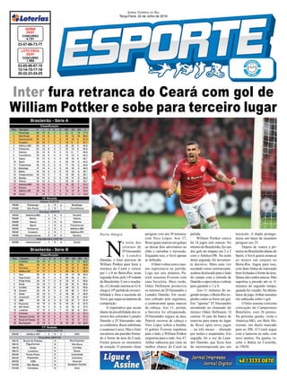 Inter fura retranca do Ceará com gol de
William Pottker e sobe para terceiro lugar
03-05-06-07-10
12-14-15-17-18
20-22-23-24-25
CONCURSO
1.692
LOTO FÁCIL
23/07
23-57-66-73-77
CONCURSO
4.731
QUINA
23/07
Jornal Correio do Sul
Terça-Feira, 24 de Julho de 2018
Brasileirão - Série A
Brasileirão - Série B
Porto Alegre
N
a noite dos
retornos de
D'Alessandro
e Leandro
Damião, o Inter precisou de
William Pottker para furar a
retranca do Ceará e vencer
por 1 a 0 no Beira-Rio, nesta
segunda-feira, pela 14ª rodada
do Brasileirão. Com o resulta-
do, o Colorado retorna ao G-4,
chega à 10ª partida de invenci-
bilidade e freia a ascensão do
Vovô,queseguenalanternada
competição.
A expectativa que recaía
diante da possibilidade dos re-
tornos dos colorados Leandro
Damião e D’Alessandro não
se confirmou. Rossi substituiu
o suspenso Lucca. Mas o Inter
encontrou um paredão forma-
do à frente da área do Ceará.
Foram poucos os momentos
de emoção. O primeiro chute
perigoso veio aos 30 minutos,
com Nico López. Aos 37,
Rossiquasemarcouumgolaço
ao deixar dois adversários no
chão e carimbar o travessão.
Enquanto isso, o Vovô apenas
se defendia.
O Inter voltou com a mes-
ma supremacia na partida.
Logo aos seis minutos, Pa-
trick assustou Éverson com
uma bicicleta. Mais tarde,
Odair Hellmann promoveu
os retornos de D'Alessandro e
Leandro Damião. Em escan-
teio cobrado pelo argentino,
o centroavante quase marcou
de cabeça. Aos 31, porém,
a barreira foi ultrapassada.
D'Alessandro ergueu na área,
Patrick escorou de cabeça e
Nico López soltou a bomba.
O goleiro Éverson espalmou
para o lado, e William Pottker
empurrou para a rede.Aos 47,
Arthur cabeceou por cima na
melhor chance do Ceará na
partida.
William Pottker estava
há 14 jogos sem marcar. No
retorno do Brasileirão, fez um
dos gols do empate em 2 a 2
com o Atlético-PR. Na noite
desta segunda, foi novamen-
te decisivo. Mais uma vez
escalado como centroavante,
acabou deslocado para o lado
do campo com a entrada de
Damião e aproveitou o rebote
para garantir o 1 a 0.
Aos 11 minutos do se-
gundo tempo, o Beira-Rio ex-
plodiu como se fosse um gol.
Era "apenas" D’Alessandro
atendendo ao chamado do
técnico Odair Hellmann. O
camisa 10 saiu do banco de
reservas para entrar no lugar
de Rossi após nove jogos
– ou três meses – afastado
por lesões e suspensões. Em
seguida, foi a vez de Lean-
dro Damião, que ficou fora
da intertemporada por um
torcicolo. A dupla protago-
nizou um lance de escanteio
perigoso aos 25.
Depois de vencer a pri-
meira no Brasileirão diante do
Sport, o Vovô queria arrancar
ao menos um empate no
Beira-Rio. Jogou para isso,
com duas linhas de marcação
bem fechadas à frente da área.
Quasenãocontra-atacou.Mas
suportou a pressão até os 31
minutos do segundo tempo,
quando foi vazado. No último
lance de jogo,Arthur assustou
em cabeçada sobre o gol.
O Inter assume a terceira
colocação do Campeonato
Brasileiro, com 26 pontos.
Na próxima quinta, visita o
América-MG, em Belo Ho-
rizonte, em duelo marcado
para as 20h. O Ceará segue
com a lanterna na mão, com
nove pontos. Na quarta, re-
cebe o Bahia no Castelão,
às 19h30.
 