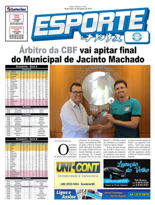 Árbitro da CBF vai apitar final
do Municipal de Jacinto Machado
05-08-20-27-49-50
16-33-36-38-44-48
CONCURSO
1.830
DUPLA SENA
23/08
40-45-49-50-59
CONCURSO
4.758
QUINA
23/08
Jornal Correio do Sul
Sexta-Feira, 24 de Agosto de 2018
O
jovemara-
ranguaen-
se Ramon
A b a t t i
Abel que,
de goleiro dos campeonatos
amadores de Araranguá e
região, virou árbitro da CBF,
irá apitar a final do Campe-
onato Municipal de Futebol
de Campo- Edição 2018, em
Jacinto Machado, no próxi-
mo domingo, 26. A disputa
da grande final vai ser entre
Brasileirão - Série A
Brasileirão - Série B Barra F.C. e Off Beer, a partir
das 14h30min, no Complexo
Esportivo Albino Zanatta.
Ramon faz parte do qua-
dro da CBF e iniciou no es-
porte atuando nos campeona-
tos amadores, como goleiro.
Depois de atuar nessa função,
Jacinto Machado começou a montar equipes no
Futsal e na sequência virou
árbitro. "Será uma grande
disputa e com a arbitragem do
Ramon, temos a certeza que
será belo espetáculo", afirma
o diretor de Esportes Zenildo
Paganini.
 