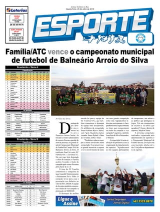 Família/ATC vence o campeonato municipal
de futebol de Balneário Arroio do Silva
03-18-33-34-37-38
05-09-10-24-30-33
CONCURSO
1.817
DUPLA SENA
24/07
26-30-36-49-76
CONCURSO
4.732
QUINA
24/07
Jornal Correio do Sul
Quarta-Feira, 25 de Julho de 2018
Brasileirão - Série A
Brasileirão - Série B
Arroio do Silva
D
omingode
sol e mui-
to movi-
mento no
C e n t r o
Esportivo Severo Scaini. As
torcidas e muitos admiradores
do esporte fizeram questão de
marcar presença na grande fi-
nal do Campeonato Municipal
de Futebol de Campo 2018 de
Balneário Arroio do Silva. O
confronto final foi entre EC
Família/ATC x Juventus EC.
Em um jogo bem disputado
e cheio de emoção, o Família
acabou levando o título de
campeãoapósvencerJuventus
pelo placar de 2 x 0.
O time do EC Família
comemorou a conquista da
taça Guardiã Monitoramento
e Restaurante Pai e Filho. O
campeão levou para casa a
premiação em dinheiro no
valor de R$1.200,00.Aequipe
doJuventustambémcomemo-
rou o título de vice campeã e a
premiação de R$800,00.
O destaque de melhor
torcida foi para a equipe do
EC Família/ATC, que tam-
bém conquistou o destaque
de equipe mais disciplinada.
Os artilheiros da competição
foram Adriano Réus e Adriel,
com 7 gols. Os goleiros menos
vazados foram Rafael e Beto
do Juventus, Giba e Jones.
"Parabéns a todas as equi-
pes e atletas envolvidos nesta
competição. É um prazer mui-
to grande incentivar o esporte
e ver o envolvimento de todos
em uma grande competição
como esta. Agradecemos to-
dos que participaram e, claro,
parabenizamos especialmente
os times que conquistaram
os títulos de campeão e vice
campeão", registrou o prefeito
Juscelino da Silva Guimarães,
o Mineiro.
Acompetição foi uma re-
alização da prefeitura e teve a
organização do departamento
de esportes. "Agradecemos
as oito equipes participantes
do campeonato, aos atletas e
ao público que prestigiou os
jogos. Foi um campeonato
de sucesso e só temos que
agradecer", frisou o diretor de
esportes, Maykon Viana.
A próxima competição
realizada e organizada pelo
departamento de esportes é
o Campeonato Municipal de
Futebol Society 2018 que está
com inscrições abertas até o
dia31dejulhonodepartamen-
to de esportes.
 
