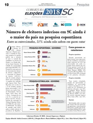10 PesquisaJornal Correio do Sul
Terça-feira, 25 de Setembro de 2018
O
projeto Cobertu-
ra Eleições SC
2018 – Jornais
Impressos e Digitais apre-
senta o resultado de mais
uma pesquisa de opinião
pública com a intenção
de votos e a rejeição dos
candidatos ao governo do
Estado e ao Senado fede-
ral em Santa Catarina. O
trabalho foi encomendado
pelo Grupo RIC/RIC TV/
Fecomércio e tem a parceria
da Associação dos Jornais
do Interior (Adjori/SC)
e Associação de Diários
do Interior (ADI-SC),
além de veículos indepen-
dentes, para a divulgação.
A pesquisa foi realizada
pela empresa Real Time
Big Data entre os dias 21
e 22 de setembro, quando
foram entrevistados 1.110
eleitores nas regiões Gran-
de Florianópolis, Vale do
Itajaí, Norte, Oeste, Sul
e Serra. A margem de erro
é de 3% e o nível de con-
fiança é de 95%. O levan-
tamento foi registrado no
Tribunal Regional Eleito-
ral (TRE-SC) sob o núme-
ro 09920/2018. Na edição
de amanhã serão divul-
gados os dados referente à
presidência da República.
Cobertura Eleições SC 2018 - Jornais Impressos e Digitais
Equipe editorial: Andréa Leonora (ADI-SC) | Douglas Rossi e Murici Balbinot (Adjori-SC) | Arte: Allan Salvatti (Adjori-SC)
Número de eleitores indecisos em SC ainda é
o maior do país na pesquisa espontânea
Entre os entrevistados, 51% ainda não sabem em quem votar
PANTONE
CMYK
RGB
Pesquisa
Mauro Mariani (MDB) 13%
Gelson Merísio (PSD) 12%
Décio Lima (PT) 7%
Comandante Moisés (PSL) 4%
Nulo/Brancos 13%
Indecisos 51%
PESQUISA ESPONTÂNEA - GOVERNO
Mauro Mariani (MDB)
24%
Gelson Merísio (PSD)
22%
Décio Lima (PT)
14%
Comandante Moisés
(PSL) 6%
Outros*
3%
Nulo/Brancos
14%
Indecisos
17%
PESQUISA ESTIMULADA - GOVERNO
*Os candidatos, Angelo Castro (PCO),
Camasão (PSOL), Jesse Pereira (PATRI) e
Portanova (REDE) somaram juntos 3%
Pesquisa espontânea
Quando questionado em
quem votaria, sem a apresenta-
ção dos candidatos, um número
ainda expressivo de 51% dos
entrevistados não soube res-
ponder. Entre aqueles que sou-
beram apontar o nome de um
candidato, 13% dizem votar em
Mauro Mariani (MDB); 12%
em Gelson Merisio (PSD); e 7%
em Décio Lima (PT), fechando
as três primeiras colocações.
Pesquisa estimulada
Num cenário estimulado,
quando são apresentados os
candidatos ao entrevistado,
o número de indecisos cai , fi-
cando em 17%. Permanece na
primeira colocação, com 24%,
o candidato Mauro Mariani
(MDB). Em seguida está Gel-
son Merisio (PSD), com 22%.
Na terceira colocação aparece
Décio Lima (PT), com 14%.
Rejeição
Questionados sobre em quem
não votaria, 44% dos entrevista-
dos apontaram o -nome do petista
Décio Lima, seguido pelo emede-
bista Mauro Mariani (16%) e pelo
pessedista Gelson Merisio (15%).
Como pensam os
catarinenses
 