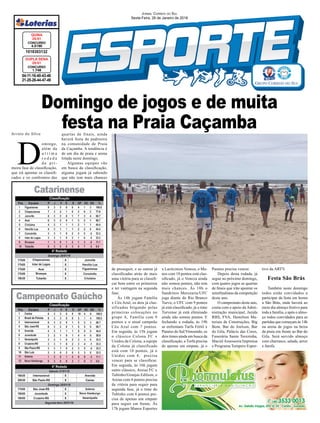Domingo de jogos e de muita
festa na Praia CaçambaArroio do Silva
04-11-16-40-43-46
21-25-26-44-47-49
CONCURSO
1.748
DUPLA SENA
25/01
1018303132
CONCURSO
4.5190
QUINA
25/01
JORNAL CORREIO DO SUL
Sexta-Feira, 26 de Janeiro de 2018
D
omingo,
além da
u l t i m a
r o d a d a
d a p r i-
meira fase de classiﬁcação,
que irá apontar os classiﬁ-
cados e os confrontos das
quartas de finais, ainda
haverá festa da padroeira
na comunidade de Praia
da Caçamba. A tendência é
de um dia de praia e arena
lotada neste domingo.
Algumas equipes vão
em busca da classiﬁcação,
alguma jogam já sabendo
que não tem mais chances
Campeonato Gaúcho
Catarinense
de proseguir, e as outras já
classiﬁcadas atrás de mais
uma vitória para se classiﬁ-
car bem entre os primeiros
e ter vantagem na segunda
fase.
Às 14h jogam Família
x Céu Azul, os dois já clas-
sificados brigando pelas
primeiras colocações no
grupo A, Família com 9
pontos e o atual campeão
Céu Azul com 7 pontos.
Em seguida, às 15h jogam
o clássico Colona FC x
Unidos da Colona, a equipe
da Colona já classificado
está com 10 pontos, já o
Unidos com 4, precisa
vencer para se classiﬁcar.
Em seguida, às 16h jogam
outro clássico, Areias FC x
Tubinho/Granjas Edilson, o
Areias com 4 pontos precisa
da vitória para seguir para
segunda fase, já o time do
Tubinho com 6 pontos pre-
cisa de apenas um empate
para seguir em frente. Às
17h jogam Manos Esportes
x Lacticínios Veneza, o Ma-
nos com 10 pontos está clas-
siﬁcado, já o Veneza ainda
não somou pontos, não tem
mais chances. Às 18h o
Sandrinos Mercearia/UFC
joga diante do Rio Branco
Turvo, o UFC com 9 pontos
já está classiﬁcado, já o time
Turvense já está eliminado
ainda não somou pontos. E
fechando a rodada, às 19h
se enfrentam Turfa Fértil x
Paraíso do Sul/Vimoendo, os
dois times ainda em busca da
classiﬁcação, a Turfa precisa
de apenas um empate, já o
Paraíso precisa vencer.
Depois desta rodada, já
segue no próximo domingo,
com quatro jogos as quartas
de ﬁnais que irão apontar os
semiﬁnalistas da competição
deste ano.
O campeonato deste ano,
conta com o apoio da Admi-
nistração municipal, Jazida
RBS, FVA, Hamilton Ma-
teriais de Construções, Big
Bom, Bar do Joelson, Bar
do Gila, Palácio das Cores,
Funerária Santa Terezinha,
Maciel Assessoria Imprensa
e Programa Tempero Espor-
tivo da ARTV.
Festa São Brás
Também neste domingo
todos estão convidados a
participar da festa em honra
a São Brás, onde haverá ao
meio dia almoço festivo para
toda a família, e após o almo-
ço todos convidados para as
partidas que começam às 14h
na arena de jogos na beira
da praia em frente ao Bar do
Gila. Será servido almoço
com churrasco, salada, arroz
e farofa.
 