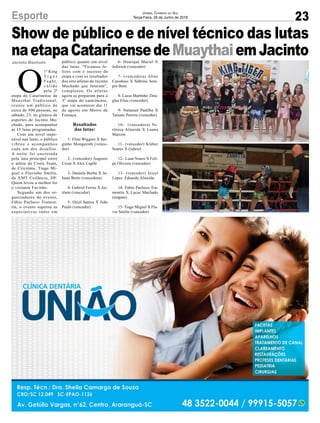 23
Jornal Correio do Sul
Terça-Feira, 26 de Junho de 2018Esporte
Show de público e de nível técnico das lutas
naetapaCatarinensedeMuaythaiemJacinto
Jacinto Machado
O
1º King
T i g e r
Faght,
válido
pela 2ª
etapa do Catarinense de
Muaythai Tradicional,
reuniu um público de
cerca de 500 pessoas, no
sábado, 23, no ginásio de
esportes de Jacinto Ma-
chado, para acompanhar
as 15 lutas programadas.
Com um nível impe-
cável nas lutas, o público
vibrou e acompanhou
cada um dos desafios.
A noite foi encerrada
pela luta principal entre
o atleta da Costa Team,
de Criciúma, Tiago Mi-
guel e Flavinho Smilie,
da XMT Ceilância, DF.
Quem levou a melhor foi
o visitante Favinho.
Segundo um dos or-
ganizadores do evento,
Fábio Pacheco Tramon-
tin, o evento superou as
expectativas tanto em
público quanto em nível
das lutas. "Ficamos fe-
lizes com o sucesso da
etapa e com os resultados
dos oito atletas de Jacinto
Machado que lutaram",
completou. Os atletas
agora se preparam para a
3º etapa do catarinense,
que vai acontecer dia 11
de agosto em Morro da
Fumaça.
Resultados
das lutas:
1- Elias Wiggers X Ser-
ginho Mongeroth (vence-
dor)
2- (vencedor) Augusto
Cezar X Alex Capilé
3- Daniela Borba X Ju-
liane Berto (vencedora)
4- Gabriel Ferraz X An-
tônio (vencedor)
5- Oziel Santos X João
Paulo (vencedor)
6- Henrique Maciel X
Jeferson (vencedor)
7- (vencedora) Aline
Carodoso X Sabrina Sem-
pre Bom
8- Lucas Martinho Dou-
glas Elias (vencedor)
9- Natanael Padilha X
Taiuam Pereira (vencedor)
10- (vencedora) Ve-
rônica Almeida X Luana
Marcon
11- (vencedor) Kleber
Soares X Gabriel
12- Luan Nunes X Feli-
pe Oliveira (vencedor)
13- (vencedor) Jesiel
Lopes Eduardo Almeida
14- Fabio Pacheco Tra-
montin X Lucas Machado
(empate)
15- Tiago Miguel X Fla-
vio Smilie (vencedor)
 