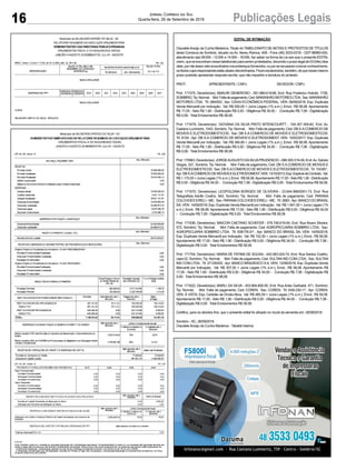16 Publicações LegaisJornal Correio do Sul
Quarta-feira, 26 de Setembro de 2018
EDITAL DE INTIMAÇÃO
ClaudeteAraújo da Cunha Medeiros, Titular do TABELIONATO DE NOTAS E PROTESTOS DE TÍTULOS
desta Comarca de Sombrio, situado na Av. Nereu Ramos, 458 - Fone (48) 3533-0318 - CEP 88960-000,
atendimento das 08:00h - 12:00h e 14:00h - 18:00h, faz saber na forma da Lei aos que o presente EDITAL
virem,queseencontramnessetabelionatoparaseremprotestados,decorridooprazolegalde03(três)dias
úteis,pornãoteremsidoencontradosnosendereçosfornecidos,ouporserecusarematomarconhecimento,
ostítuloscujosresponsáveisestãoabaixodiscriminados.Ficamesclarecidos,também,dequenessemesmo
prazo poderão apresentar resposta escrita, que não impedirá a lavratura do protesto.
PROT. APRESENTANTE / CNPJ DEVEDOR / CNPJ
Prot: 171575; Devedor(es): AMAURI GENEROSO - 591.966.619-68, End: Rua Frederico Hobold, 1726,
SOMBRIO;Tip:Normal; Mot:Faltadepagamento;Ced:MARANHÃOMOTORESLTDA; Sac:MARANHÃO
MOTORES LTDA; Tit: 084/002 ; Apr: CAIXA ECONÔMICA FEDERAL; VEN: 06/09/2018; Esp: Duplicata
Venda Mercantil por Indicação; Val: R$ 500,00 + Juros Legais (1% a.m.); Emol.: R$ 58,08. Apontamento
R$ 17,00 - Selo R$ 1,90 - Distribuição R$ 0,00 - Diligência R$ 34,00 - Condução R$ 7,08 - Digitalização
R$ 0,00- Total Emolumentos R$ 58,08.
Prot: 171679; Devedor(es): GIOVANA DA SILVA PINTO BITENCOURTT - 104.357.349-62, End: Av.
Caetano Lummertz, 1043, Sombrio;Tip: Normal; Mot: Falta de pagamento; Ced: DB S.ACOMERCIO DE
MOVEIS E ELETRODOMESTICOS; Sac: DB S.A COMERCIO DE MOVEIS E ELETRODOMESTICOS;
Tit: 8154 ; Apr: DB S.A COMERCIO DE MOVEIS E ELETRODOMEST; VEN: 10/02/2017; Esp: Duplicata
Venda Mercantil por Indicação; Val: R$ 394,80 + Juros Legais (1% a.m.); Emol.: R$ 58,08. Apontamento
R$ 17,00 - Selo R$ 1,90 - Distribuição R$ 0,00 - Diligência R$ 34,00 - Condução R$ 7,08 - Digitalização
R$ 0,00- Total Emolumentos R$ 58,08.
Prot: 170963; Devedor(es): JORGEAUGUSTO DASILVAPRUDENCIO - 088.505.519-59, End:Av. Getulio
Vargas, 327, Sombrio; Tip: Normal; Mot: Falta de pagamento; Ced: DB S.A COMERCIO DE MOVEIS E
ELETRODOMESTICOS; Sac: DB S.ACOMERCIO DE MOVEIS E ELETRODOMESTICOS; Tit: 104387 ;
Apr:DBS.ACOMERCIODEMOVEISEELETRODOMEST;VEN:13/10/2013;Esp:EspéciedeContrato; Val:
R$1.175,00+JurosLegais(1%a.m.);Emol.:R$58,08.ApontamentoR$17,00-SeloR$1,90-Distribuição
R$ 0,00 - Diligência R$ 34,00 - Condução R$ 7,08 - Digitalização R$ 0,00- Total Emolumentos R$ 58,08.
Prot: 171670; Devedor(es): LEOPOLDINA BORGES DE OLIVEIRA - 23.644.996/0001-73, End: Rua
Telegrafista Adolfo Coelho, 942, Sombrio; Tip: Normal; Mot: Falta de pagamento; Ced: PARANA
COLCHOES EIRELI - ME; Sac: PARANACOLCHOES EIRELI - ME; Tit: 2883 ;Apr: BANCO DO BRASIL
SA; VEN: 14/09/2018; Esp: Duplicata Venda Mercantil por Indicação; Val: R$ 1.841,00 + Juros Legais (1%
a.m.); Emol.: R$ 58,08. Apontamento R$ 17,00 - Selo R$ 1,90 - Distribuição R$ 0,00 - Diligência R$ 34,00
- Condução R$ 7,08 - Digitalização R$ 0,00- Total Emolumentos R$ 58,08.
Prot: 171636; Devedor(es): MAICON CAETANO SCHEFER - 076.746.619-54, End: Rua Alvaro Silveira,
572, Sombrio; Tip: Normal; Mot: Falta de pagamento; Ced: AGROPECUARIA SOMBRIO LTDA; Sac:
AGROPECUARIA SOMBRIO LTDA; Tit: 008178-3/1 ; Apr: BANCO DO BRASIL SA; VEN: 14/09/2018;
Esp: Duplicata Venda Mercantil por Indicação; Val: R$ 152,00 + Juros Legais (1% a.m.); Emol.: R$ 58,08.
Apontamento R$ 17,00 - Selo R$ 1,90 - Distribuição R$ 0,00 - Diligência R$ 34,00 - Condução R$ 7,08 -
Digitalização R$ 0,00- Total Emolumentos R$ 58,08.
Prot: 171704; Devedor(es): MARIA DE FATIMA DE SOUSA - 043.063.024-74, End: Rua Santos Coelho,
casa 02, Sombrio; Tip: Normal; Mot: Falta de pagamento; Ced: SULTAN IND COM LTDA; Sac: SULTAN
IND COM LTDA; Tit: 271250/02 ; Apr: BANCO BRADESCO S A; VEN: 12/09/2018; Esp: Duplicata Venda
Mercantil por Indicação; Val: R$ 307,50 + Juros Legais (1% a.m.); Emol.: R$ 58,08. Apontamento R$
17,00 - Selo R$ 1,90 - Distribuição R$ 0,00 - Diligência R$ 34,00 - Condução R$ 7,08 - Digitalização R$
0,00- Total Emolumentos R$ 58,08.
Prot: 171622; Devedor(es): MARLI DA SILVA - 453.964.850-00, End: Rua Anita Garibaldi, 471, Sombrio;
Tip: Normal; Mot: Falta de pagamento; Ced: COREN; Sac: COREN; Tit: AX8-230-17 ; Apr: COREN;
VEN: À VISTA; Esp: Certidão de Dívida Ativa; Val: R$ 485,59 + Juros Legais (1% a.m.); Emol.: R$ 58,08.
Apontamento R$ 17,00 - Selo R$ 1,90 - Distribuição R$ 0,00 - Diligência R$ 34,00 - Condução R$ 7,08 -
Digitalização R$ 0,00- Total Emolumentos R$ 58,08.
Certifico, para os devidos fins, que o presente edital foi afixado no mural da serventia em: 26/09/2018.
Sombrio - SC, 26/09/2018
Claudete Araújo da Cunha Medeiros - Tabeliã Interina
 