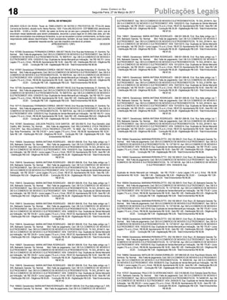 18 Publicações LegaisJornal Correio do Sul
Segunda-Feira, 27 de Março de 2017
EDITAL DE INTIMAÇÃO
ARLINDO EDÍLIO DA ROSA, Titular do TABELIONATO DE NOTAS E PROTESTOS DE TÍTULOS desta
Comarca de Sombrio, situado naAv. Nereu Ramos, 1300 - Fone (48) 3533-0318 - CEP 88960-000, atendimento
das 08:00h - 12:00h e 14:00h - 18:00h, faz saber na forma da Lei aos que o presente EDITAL virem, que se
encontram nesse tabelionato para serem protestados, decorrido o prazo legal de 03 (três) dias úteis, por não
terem sido encontrados nos endereços fornecidos, ou por se recusarem a tomar conhecimento, os títulos cujos
responsáveis estão abaixo discriminados. Ficam esclarecidos, também, de que nesse mesmo prazo poderão
apresentar resposta escrita, que não impedirá a lavratura do protesto.
PROT. APRESENTANTE / CNPJ DEVEDOR
/ CNPJ
Prot: 157090; Devedor(es): FERNANDACORREA- 099.557.749-83, End: Rua das Hortencias, 01, Sombrio;Tip:
Normal; Mot: Falta de pagamento; Ced: DB S.ACOMERCIO DE MOVEIS E ELETRODOMEST; Sac: DB S.A
COMERCIO DE MOVEIS E ELETRODOMESTICOS; Tit: 59075101 ; Apr: DB S.A COMERCIO DE MOVEIS E
ELETRODOMEST; VEN: 12/02/2015; Esp: Duplicata de Venda Mercantil por Indicação; Val: R$ 149,75 + Juros
Legais (1% a.m.); Emol.: R$ 56,58. Apontamento R$ 16,50 - Selo R$ 1,85 - Distribuição R$ 0,00 - Diligência R$
33,00 - Condução R$ 7,08 - Digitalização R$ 0,00- Total Emolumentos R$ 56,58.
Prot: 157097; Devedor(es): FERNANDACORREA- 099.557.749-83, End: Rua das Hortencias, 01, Sombrio;Tip:
Normal; Mot: Falta de pagamento; Ced: DB S.ACOMERCIO DE MOVEIS E ELETRODOMEST; Sac: DB S.A
COMERCIO DE MOVEIS E ELETRODOMESTICOS; Tit: 59075102 ; Apr: DB S.A COMERCIO DE MOVEIS E
ELETRODOMEST; VEN: 12/03/2015; Esp: Duplicata de Venda Mercantil por Indicação; Val: R$ 149,75 + Juros
Legais (1% a.m.); Emol.: R$ 56,58. Apontamento R$ 16,50 - Selo R$ 1,85 - Distribuição R$ 0,00 - Diligência R$
33,00 - Condução R$ 7,08 - Digitalização R$ 0,00- Total Emolumentos R$ 56,58.
Prot: 157106; Devedor(es): FERNANDACORREA- 099.557.749-83, End: Rua das Hortencias, 01, Sombrio;Tip:
Normal; Mot: Falta de pagamento; Ced: DB S.ACOMERCIO DE MOVEIS E ELETRODOMEST; Sac: DB S.A
COMERCIO DE MOVEIS E ELETRODOMESTICOS; Tit: 59075103 ; Apr: DB S.A COMERCIO DE MOVEIS E
ELETRODOMEST; VEN: 12/04/2015; Esp: Duplicata de Venda Mercantil por Indicação; Val: R$ 149,75 + Juros
Legais (1% a.m.); Emol.: R$ 56,58. Apontamento R$ 16,50 - Selo R$ 1,85 - Distribuição R$ 0,00 - Diligência R$
33,00 - Condução R$ 7,08 - Digitalização R$ 0,00- Total Emolumentos R$ 56,58.
Prot: 157115; Devedor(es): FERNANDACORREA- 099.557.749-83, End: Rua das Hortencias, 01, Sombrio;Tip:
Normal; Mot: Falta de pagamento; Ced: DB S.ACOMERCIO DE MOVEIS E ELETRODOMEST; Sac: DB S.A
COMERCIO DE MOVEIS E ELETRODOMESTICOS; Tit: 59075104 ; Apr: DB S.A COMERCIO DE MOVEIS E
ELETRODOMEST; VEN: 12/05/2015; Esp: Duplicata de Venda Mercantil por Indicação; Val: R$ 149,75 + Juros
Legais (1% a.m.); Emol.: R$ 56,58. Apontamento R$ 16,50 - Selo R$ 1,85 - Distribuição R$ 0,00 - Diligência R$
33,00 - Condução R$ 7,08 - Digitalização R$ 0,00- Total Emolumentos R$ 56,58.
Prot: 157487; Devedor(es): JOELSON PIAZZOLI DOS SANTOS - 087.300.559-70, End: Rua Demetrio José
Coelho, 900, Sombrio; Tip: Normal; Mot: Falta de pagamento; Ced: RELOJOARIA E OTICA TRESPACH
LTDA EPP; Sac: RELOJOARIA E OTICA TRESPACH LTDA EPP; Tit: 6848 ; Apr: FCDL; VEN: 24/08/2016;
Esp: Nota Promissória; Val: R$ 316,00 + Juros Legais (1% a.m.); Emol.: R$ 56,58. Apontamento R$ 16,50 -
Selo R$ 1,85 - Distribuição R$ 0,00 - Diligência R$ 33,00 - Condução R$ 7,08 - Digitalização R$ 0,00- Total
Emolumentos R$ 56,58.
Prot: 156924; Devedor(es): MARIA ANTONIA RODRIGUES - 066.501.569-06, End: Rua Italia antiga rua 7,
S/N, Balneario Gaivota; Tip: Normal; Mot: Falta de pagamento; Ced: DB S.A COMERCIO DE MOVEIS E
ELETRODOMEST; Sac: DB S.ACOMERCIO DE MOVEIS E ELETRODOMESTICOS; Tit: SGI_2518414 ;Apr:
DB S.A COMERCIO DE MOVEIS E ELETRODOMEST; VEN: 10/03/2015; Esp: Duplicata de Venda Mercantil
por Indicação; Val: R$ 129,00 + Juros Legais (1% a.m.); Emol.: R$ 97,53.Apontamento R$ 16,50 - Selo R$ 1,85
- Distribuição R$ 0,00 - Diligência R$ 50,65 - Condução R$ 30,38 - Digitalização R$ 0,00- Total Emolumentos
R$ 97,53.
Prot: 156919; Devedor(es): MARIA ANTONIA RODRIGUES - 066.501.569-06, End: Rua Italia antiga rua 7,
S/N, Balneario Gaivota; Tip: Normal; Mot: Falta de pagamento; Ced: DB S.A COMERCIO DE MOVEIS E
ELETRODOMEST; Sac: DB S.ACOMERCIO DE MOVEIS E ELETRODOMESTICOS; Tit: SGI_2518414 ;Apr:
DB S.ACOMERCIO DE MOVEIS E ELETRODOMEST; VEN: 10/11/2014; Esp: Duplicata de Venda Mercantil por
Indicação; Val: R$ 129,00 + Juros Legais (1% a.m.); Emol.: R$ 97,53. Apontamento R$ 16,50 - Selo R$ 1,85 -
Distribuição R$ 0,00 - Diligência R$ 50,65 - Condução R$ 30,38 - Digitalização R$ 0,00- Total Emolumentos
R$ 97,53.
Prot: 156912; Devedor(es): MARIA ANTONIA RODRIGUES - 066.501.569-06, End: Rua Italia antiga rua 7,
S/N, Balneario Gaivota; Tip: Normal; Mot: Falta de pagamento; Ced: DB S.A COMERCIO DE MOVEIS E
ELETRODOMEST; Sac: DB S.ACOMERCIO DE MOVEIS E ELETRODOMESTICOS; Tit: SGI_2518413 ;Apr:
DB S.A COMERCIO DE MOVEIS E ELETRODOMEST; VEN: 10/06/2014; Esp: Duplicata de Venda Mercantil
por Indicação; Val: R$ 129,00 + Juros Legais (1% a.m.); Emol.: R$ 97,53.Apontamento R$ 16,50 - Selo R$ 1,85
- Distribuição R$ 0,00 - Diligência R$ 50,65 - Condução R$ 30,38 - Digitalização R$ 0,00- Total Emolumentos
R$ 97,53.
Prot: 156913; Devedor(es): MARIA ANTONIA RODRIGUES - 066.501.569-06, End: Rua Italia antiga rua 7,
S/n, Balneario Gaivota; Tip: Normal; Mot: Falta de pagamento; Ced: DB S.A COMERCIO DE MOVEIS E
ELETRODOMEST; Sac: DB S.ACOMERCIO DE MOVEIS E ELETRODOMESTICOS; Tit: SGI_2135795 ;Apr:
DB S.A COMERCIO DE MOVEIS E ELETRODOMEST; VEN: 14/06/2014; Esp: Duplicata de Venda Mercantil
por Indicação; Val: R$ 104,90 + Juros Legais (1% a.m.); Emol.: R$ 97,53.Apontamento R$ 16,50 - Selo R$ 1,85
- Distribuição R$ 0,00 - Diligência R$ 50,65 - Condução R$ 30,38 - Digitalização R$ 0,00- Total Emolumentos
R$ 97,53.
Prot: 156914; Devedor(es): MARIA ANTONIA RODRIGUES - 066.501.569-06, End: Rua Italia antiga rua 7,
S/N, Balneario Gaivota; Tip: Normal; Mot: Falta de pagamento; Ced: DB S.A COMERCIO DE MOVEIS E
ELETRODOMEST; Sac: DB S.ACOMERCIO DE MOVEIS E ELETRODOMESTICOS; Tit: SGI_2518413 ;Apr:
DB S.A COMERCIO DE MOVEIS E ELETRODOMEST; VEN: 10/07/2014; Esp: Duplicata de Venda Mercantil
por Indicação; Val: R$ 129,00 + Juros Legais (1% a.m.); Emol.: R$ 97,53.Apontamento R$ 16,50 - Selo R$ 1,85
- Distribuição R$ 0,00 - Diligência R$ 50,65 - Condução R$ 30,38 - Digitalização R$ 0,00- Total Emolumentos
R$ 97,53.
Prot: 156927; Devedor(es): MARIA ANTONIA RODRIGUES - 066.501.569-06, End: Rua Italia antiga rua 7,
S/N, Balneario Gaivota; Tip: Normal; Mot: Falta de pagamento; Ced: DB S.A COMERCIO DE MOVEIS E
ELETRODOMEST; Sac: DB S.ACOMERCIO DE MOVEIS E ELETRODOMESTICOS; Tit: SGI_2518414 ;Apr:
DB S.A COMERCIO DE MOVEIS E ELETRODOMEST; VEN: 10/04/2015; Esp: Duplicata de Venda Mercantil
por Indicação; Val: R$ 129,00 + Juros Legais (1% a.m.); Emol.: R$ 97,53.Apontamento R$ 16,50 - Selo R$ 1,85
- Distribuição R$ 0,00 - Diligência R$ 50,65 - Condução R$ 30,38 - Digitalização R$ 0,00- Total Emolumentos
R$ 97,53.
Prot: 156916; Devedor(es): MARIA ANTONIA RODRIGUES - 066.501.569-06, End: Rua Italia antiga rua 7,
S/N, Balneario Gaivota; Tip: Normal; Mot: Falta de pagamento; Ced: DB S.A COMERCIO DE MOVEIS E
ELETRODOMEST; Sac: DB S.ACOMERCIO DE MOVEIS E ELETRODOMESTICOS; Tit: SGI_2518413 ;Apr:
DB S.A COMERCIO DE MOVEIS E ELETRODOMEST; VEN: 10/08/2014; Esp: Duplicata de Venda Mercantil
por Indicação; Val: R$ 129,00 + Juros Legais (1% a.m.); Emol.: R$ 97,53.Apontamento R$ 16,50 - Selo R$ 1,85
- Distribuição R$ 0,00 - Diligência R$ 50,65 - Condução R$ 30,38 - Digitalização R$ 0,00- Total Emolumentos
R$ 97,53.
Prot: 156922; Devedor(es): MARIAANTONIARODRIGUES - 066.501.569-06, End: Rua Italia antiga rua 7, S/N,
Balneario Gaivota; Tip: Normal; Mot: Falta de pagamento; Ced: DB S.A COMERCIO DE MOVEIS E
ELETRODOMEST; Sac: DB S.ACOMERCIO DE MOVEIS E ELETRODOMESTICOS; Tit: SGI_2518414 ;Apr:
DB S.A COMERCIO DE MOVEIS E ELETRODOMEST; VEN: 10/02/2015; Esp: Duplicata de Venda Mercantil
por Indicação; Val: R$ 129,00 + Juros Legais (1% a.m.); Emol.: R$ 97,53.Apontamento R$ 16,50 - Selo R$ 1,85
- Distribuição R$ 0,00 - Diligência R$ 50,65 - Condução R$ 30,38 - Digitalização R$ 0,00- Total Emolumentos
R$ 97,53.
Prot: 156921; Devedor(es): MARIA ANTONIA RODRIGUES - 066.501.569-06, End: Rua Italia antiga rua 7,
S/N, Balneario Gaivota; Tip: Normal; Mot: Falta de pagamento; Ced: DB S.A COMERCIO DE MOVEIS E
ELETRODOMEST; Sac: DB S.ACOMERCIO DE MOVEIS E ELETRODOMESTICOS; Tit: SGI_2518414 ;Apr:
DB S.A COMERCIO DE MOVEIS E ELETRODOMEST; VEN: 10/01/2015; Esp: Duplicata de Venda Mercantil
por Indicação; Val: R$ 129,00 + Juros Legais (1% a.m.); Emol.: R$ 97,53.Apontamento R$ 16,50 - Selo R$ 1,85
- Distribuição R$ 0,00 - Diligência R$ 50,65 - Condução R$ 30,38 - Digitalização R$ 0,00- Total Emolumentos
R$ 97,53.
Prot: 156920; Devedor(es): MARIA ANTONIA RODRIGUES - 066.501.569-06, End: Rua Italia antiga rua 7,
S/N, Balneario Gaivota; Tip: Normal; Mot: Falta de pagamento; Ced: DB S.A COMERCIO DE MOVEIS E
ELETRODOMEST; Sac: DB S.ACOMERCIO DE MOVEIS E ELETRODOMESTICOS; Tit: SGI_2518414 ;Apr:
DB S.A COMERCIO DE MOVEIS E ELETRODOMEST; VEN: 10/12/2014; Esp: Duplicata de Venda Mercantil
por Indicação; Val: R$ 129,00 + Juros Legais (1% a.m.); Emol.: R$ 97,53.Apontamento R$ 16,50 - Selo R$ 1,85
- Distribuição R$ 0,00 - Diligência R$ 50,65 - Condução R$ 30,38 - Digitalização R$ 0,00- Total Emolumentos
R$ 97,53.
Prot: 156915; Devedor(es): MARIA ANTONIA RODRIGUES - 066.501.569-06, End: Rua Italia antiga rua 7,
S/N, Balneario Gaivota; Tip: Normal; Mot: Falta de pagamento; Ced: DB S.A COMERCIO DE MOVEIS E
ELETRODOMEST; Sac: DB S.ACOMERCIO DE MOVEIS E ELETRODOMESTICOS; Tit: SGI_2135795 ;Apr:
DB S.A COMERCIO DE MOVEIS E ELETRODOMEST; VEN: 15/07/2014; Esp: Duplicata de Venda Mercantil
por Indicação; Val: R$ 104,90 + Juros Legais (1% a.m.); Emol.: R$ 97,53.Apontamento R$ 16,50 - Selo R$ 1,85
- Distribuição R$ 0,00 - Diligência R$ 50,65 - Condução R$ 30,38 - Digitalização R$ 0,00- Total Emolumentos
R$ 97,53.
Prot: 156918; Devedor(es): MARIA ANTONIA RODRIGUES - 066.501.569-06, End: Rua Italia antiga rua 7,
S/N, Balneario Gaivota; Tip: Normal; Mot: Falta de pagamento; Ced: DB S.A COMERCIO DE MOVEIS E
ELETRODOMEST; Sac: DB S.ACOMERCIO DE MOVEIS E ELETRODOMESTICOS; Tit: SGI_2518414 ;Apr:
DB S.A COMERCIO DE MOVEIS E ELETRODOMEST; VEN: 10/10/2014; Esp: Duplicata de Venda Mercantil
por Indicação; Val: R$ 129,00 + Juros Legais (1% a.m.); Emol.: R$ 97,53.Apontamento R$ 16,50 - Selo R$ 1,85
- Distribuição R$ 0,00 - Diligência R$ 50,65 - Condução R$ 30,38 - Digitalização R$ 0,00- Total Emolumentos
R$ 97,53.
Prot: 156917; Devedor(es): MARIA ANTONIA RODRIGUES - 066.501.569-06, End: Rua Italia antiga rua 7,
S/N, Balneario Gaivota; Tip: Normal; Mot: Falta de pagamento; Ced: DB S.A COMERCIO DE MOVEIS E
ELETRODOMEST; Sac: DB S.ACOMERCIO DE MOVEIS E ELETRODOMESTICOS; Tit: SGI_2518413 ;Apr:
DB S.A COMERCIO DE MOVEIS E ELETRODOMEST; VEN: 10/09/2014; Esp: Duplicata de Venda Mercantil
por Indicação; Val: R$ 129,00 + Juros Legais (1% a.m.); Emol.: R$ 97,53.Apontamento R$ 16,50 - Selo R$ 1,85
- Distribuição R$ 0,00 - Diligência R$ 50,65 - Condução R$ 30,38 - Digitalização R$ 0,00- Total Emolumentos
R$ 97,53.
Prot: 156944; Devedor(es): MARIANAPEREIRAZITTO - 052.182.569-51, End: Rua I, 20, Balneario Gaivota;Tip:
Normal; Mot: Falta de pagamento; Ced: DB S.ACOMERCIO DE MOVEIS E ELETRODOMEST; Sac: DB S.A
COMERCIO DE MOVEIS E ELETRODOMESTICOS; Tit: 137190110 ;Apr: DB S.ACOMERCIO DE MOVEIS E
ELETRODOMEST; VEN: 15/05/2016; Esp: Duplicata de Venda Mercantil por Indicação; Val: R$ 175,00 + Juros
Legais (1% a.m.); Emol.: R$ 56,58. Apontamento R$ 16,50 - Selo R$ 1,85 - Distribuição R$ 0,00 - Diligência R$
33,00 - Condução R$ 7,08 - Digitalização R$ 0,00- Total Emolumentos R$ 56,58.
Prot: 156942; Devedor(es): MARIANAPEREIRAZITTO - 052.182.569-51, End: Rua I, 20, Balneario Gaivota;Tip:
Normal; Mot: Falta de pagamento; Ced: DB S.ACOMERCIO DE MOVEIS E ELETRODOMEST; Sac: DB S.A
COMERCIO DE MOVEIS E ELETRODOMESTICOS; Tit: 137190109 ; Apr: DB S.A COMERCIO DE MOVEIS
E ELETRODOMEST; VEN: 15/04/2016; Esp:
Duplicata de Venda Mercantil por Indicação; Val: R$ 175,00 + Juros Legais (1% a.m.); Emol.: R$ 56,58.
Apontamento R$ 16,50 - Selo R$ 1,85 - Distribuição R$ 0,00 - Diligência R$ 33,00 - Condução R$ 7,08 -
Digitalização R$ 0,00- Total Emolumentos R$ 56,58.
Prot: 156934; Devedor(es): MARIANAPEREIRAZITTO - 052.182.569-51, End: Rua I, 20, Balneario Gaivota;Tip:
Normal; Mot: Falta de pagamento; Ced: DB S.ACOMERCIO DE MOVEIS E ELETRODOMEST; Sac: DB S.A
COMERCIO DE MOVEIS E ELETRODOMESTICOS; Tit: 137190105 ;Apr: DB S.ACOMERCIO DE MOVEIS E
ELETRODOMEST; VEN: 15/12/2015; Esp: Duplicata de Venda Mercantil por Indicação; Val: R$ 175,00 + Juros
Legais (1% a.m.); Emol.: R$ 56,58. Apontamento R$ 16,50 - Selo R$ 1,85 - Distribuição R$ 0,00 - Diligência R$
33,00 - Condução R$ 7,08 - Digitalização R$ 0,00- Total Emolumentos R$ 56,58.
Prot: 156936; Devedor(es): MARIANAPEREIRAZITTO - 052.182.569-51, End: Rua I, 20, Balneario Gaivota;Tip:
Normal; Mot: Falta de pagamento; Ced: DB S.ACOMERCIO DE MOVEIS E ELETRODOMEST; Sac: DB S.A
COMERCIO DE MOVEIS E ELETRODOMESTICOS; Tit: 137190106 ;Apr: DB S.ACOMERCIO DE MOVEIS E
ELETRODOMEST; VEN: 15/01/2016; Esp: Duplicata de Venda Mercantil por Indicação; Val: R$ 175,00 + Juros
Legais (1% a.m.); Emol.: R$ 56,58. Apontamento R$ 16,50 - Selo R$ 1,85 - Distribuição R$ 0,00 - Diligência R$
33,00 - Condução R$ 7,08 - Digitalização R$ 0,00- Total Emolumentos R$ 56,58.
Prot: 156938; Devedor(es): MARIANAPEREIRAZITTO - 052.182.569-51, End: Rua I, 20, Balneario Gaivota;Tip:
Normal; Mot: Falta de pagamento; Ced: DB S.ACOMERCIO DE MOVEIS E ELETRODOMEST; Sac: DB S.A
COMERCIO DE MOVEIS E ELETRODOMESTICOS; Tit: 137190107 ;Apr: DB S.ACOMERCIO DE MOVEIS E
ELETRODOMEST; VEN: 15/02/2016; Esp: Duplicata de Venda Mercantil por Indicação; Val: R$ 175,00 + Juros
Legais (1% a.m.); Emol.: R$ 56,58. Apontamento R$ 16,50 - Selo R$ 1,85 - Distribuição R$ 0,00 - Diligência R$
33,00 - Condução R$ 7,08 - Digitalização R$ 0,00- Total Emolumentos R$ 56,58.
Prot: 156940; Devedor(es): MARIANAPEREIRAZITTO - 052.182.569-51, End: Rua I, 20, Balneario Gaivota;Tip:
Normal; Mot: Falta de pagamento; Ced: DB S.ACOMERCIO DE MOVEIS E ELETRODOMEST; Sac: DB S.A
COMERCIO DE MOVEIS E ELETRODOMESTICOS; Tit: 137190108 ;Apr: DB S.ACOMERCIO DE MOVEIS E
ELETRODOMEST; VEN: 15/03/2016; Esp: Duplicata de Venda Mercantil por Indicação; Val: R$ 175,00 + Juros
Legais (1% a.m.); Emol.: R$ 56,58. Apontamento R$ 16,50 - Selo R$ 1,85 - Distribuição R$ 0,00 - Diligência R$
33,00 - Condução R$ 7,08 - Digitalização R$ 0,00- Total Emolumentos R$ 56,58.
Prot: 156842; Devedor(es): MATILDE DE CASSIADORNELES - 007.968.930-20, End: RuaAlvaro Silveira, 425,
Sombrio; Tip: Normal; Mot: Falta de pagamento; Ced: DB S.ACOMERCIO DE MOVEIS E ELETRODOMEST;
Sac: DB S.A COMERCIO DE MOVEIS E ELETRODOMESTICOS; Tit: 55535106 ; Apr: DB S.A COMERCIO
DE MOVEIS E ELETRODOMEST; VEN: 05/06/2015; Esp: Duplicata de Venda Mercantil por Indicação; Val: R$
118,90 + Juros Legais (1% a.m.); Emol.: R$ 56,58. Apontamento R$ 16,50 - Selo R$ 1,85 - Distribuição R$ 0,00
- Diligência R$ 33,00 - Condução R$ 7,08 - Digitalização R$ 0,00- Total Emolumentos R$ 56,58.
Prot: 157037; Devedor(es): PAULO DE OLIVEIRA MACHADO - 022.318.569-80, End: Estrada Geral Rio Novo,
4161, Balneario Gaivota; Tip: Normal; Mot: Falta de pagamento; Ced: DB S.A COMERCIO DE MOVEIS E
ELETRODOMEST; Sac: DB S.ACOMERCIO DE MOVEIS E ELETRODOMESTICOS; Tit: 54595105 ;Apr: DB
S.A COMERCIO DE MOVEIS E ELETRODOMEST; VEN: 24/04/2015; Esp: Duplicata de Venda Mercantil por
Indicação; Val: R$ 200,00 + Juros Legais (1% a.m.); Emol.: R$ 95,59. Apontamento R$ 16,50 - Selo R$ 1,85 -
Distribuição R$ 0,00 - Diligência R$ 50,65 - Condução R$ 28,44 - Digitalização R$ 0,00- Total Emolumentos
R$ 95,59.
 