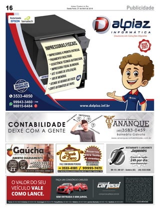 16 PublicidadeJornal Correio do Sul
Sexta-Feira, 27 de Abril de 2018
 