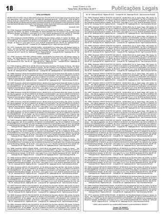 18 Publicações LegaisJornal Correio do Sul
Terça-Feira, 28 de Março de 2017
EDITAL DE INTIMAÇÃO
ARLINDO EDÍLIO DAROSA,Titular doTABELIONATO DE NOTAS E PROTESTOS DETÍTULOS desta Comarca de Sombrio, situado
naAv. Nereu Ramos, 1300 - Fone (48) 3533-0318 - CEP 88960-000, atendimento das 08:00h - 12:00h e 14:00h - 18:00h, faz saber na
forma da Lei aos que o presente EDITAL virem, que se encontram nesse tabelionato para serem protestados, decorrido o prazo legal
de 03 (três) dias úteis, por não terem sido encontrados nos endereços fornecidos, ou por se recusarem a tomar conhecimento, os títulos
cujos responsáveis estão abaixo discriminados. Ficam esclarecidos, também, de que nesse mesmo prazo poderão apresentar resposta
escrita, que não impedirá a lavratura do protesto.
PROT. APRESENTANTE / CNPJ DEVEDOR / CNPJ
Prot: 157460; Devedor(es): ANDERSON BORGES - 030.881.319-74, End: Estrada Geral, S/N, Sombrio; Tip: Normal; Mot: Falta de
pagamento; Ced:APROC; Sac:APROC; Tit: 0000000000 ;Apr: BANCO BRADESCO SA; VEN: 07/03/2017; Esp: Duplicata de Venda
Mercantil por Indicação; Val: R$ 699,30 + Juros Legais (1% a.m.); Emol.: R$ 86,92.Apontamento R$ 16,50 - Selo R$ 1,85 - Distribuição
R$ 0,00 - Diligência R$ 50,65 - Condução R$ 19,77 - Digitalização R$ 0,00- Total Emolumentos R$ 86,92.
Prot: 157514; Devedor(es): DJALMA FERREIRA - 416.314.639-34, End: Rua Caetano Lummertz, 01, Sombrio; Tip: Normal; Mot:
Falta de pagamento; Ced: DB S.A COM DE MOVEIS E ELET. BERLANDA; Sac: DB S.A COM DE MOVEIS E ELET. BERLANDA;
Tit: 101910/9 ; Apr: DB S.A COMERCIO DE MOVEIS E ELETRODOMEST; VEN: 12/04/2015; Esp: Duplicata de Venda Mercantil por
Indicação; Val: R$ 917,10 + Juros Legais (1% a.m.); Emol.: R$ 56,58. Apontamento R$ 16,50 - Selo R$ 1,85 - Distribuição R$ 0,00 -
Diligência R$ 33,00 - Condução R$ 7,08 - Digitalização R$ 0,00- Total Emolumentos R$ 56,58.
Prot: 157477; Devedor(es): GIAN FABIO CARDOSO NUNES - 043.832.669-59, End: Estrada Geral, S/N, Balneario Gaivota; Tip:
Normal; Mot: Falta de pagamento; Ced: RELOJOARIAE OTICATRESPACH LTDAEPP; Sac: RELOJOARIAE OTICATRESPACH
LTDAEPP; Tit: 7274 ;Apr: FCDL; VEN: 25/08/2016; Esp: Nota Promissória; Val: R$ 97,00 + Juros Legais (1% a.m.); Emol.: R$ 95,59.
Apontamento R$ 16,50 - Selo R$ 1,85 - Distribuição R$ 0,00 - Diligência R$ 50,65 - Condução R$ 28,44 - Digitalização R$ 0,00- Total
Emolumentos R$ 95,59.
Prot: 157480; Devedor(es): GIAN FABIO CARDOSO NUNES - 043.832.669-59, End: Estrada Geral, S/N, Balneario Gaivota; Tip:
Normal; Mot: Falta de pagamento; Ced: RELOJOARIAE OTICATRESPACH LTDAEPP; Sac: RELOJOARIAE OTICATRESPACH
LTDA EPP; Tit: 19988 ; Apr: FCDL; VEN: 29/01/2017; Esp: Nota Promissória; Val: R$ 876,00 + Juros Legais (1% a.m.); Emol.: R$
95,59. Apontamento R$ 16,50 - Selo R$ 1,85 - Distribuição R$ 0,00 - Diligência R$ 50,65 - Condução R$ 28,44 - Digitalização R$
0,00- Total Emolumentos R$ 95,59.
Prot:157484;Devedor(es):JAIRDASILVA-649.786.729-53,End:RuaJosinoJoséPereira,1615,Sombrio;Tip:Normal; Mot:Faltade
pagamento; Ced: RELOJOARIAE OTICATRESPACH LTDAEPP; Sac: RELOJOARIAE OTICATRESPACH LTDAEPP; Tit: 19336 ;
Apr:FCDL;VEN:07/12/2016;Esp:NotaPromissória; Val:R$550,00+JurosLegais(1%a.m.);Emol.:R$56,58.ApontamentoR$16,50
- Selo R$ 1,85 - Distribuição R$ 0,00 - Diligência R$ 33,00 - Condução R$ 7,08 - Digitalização R$ 0,00- Total Emolumentos R$ 56,58.
Prot: 156698; Devedor(es): JAQUELINE DE MORAIS DASILVA- 099.093.019-03, End: RuaAlvaro Silveira, 982, Sombrio;Tip: Normal;
Mot: Falta de pagamento; Ced: DB S.A COMERCIO DE MOVEIS E ELETRODOMEST; Sac: DB S.A COMERCIO DE MOVEIS E
ELETRODOMESTICOS; Tit: SGI_2346082 ; Apr: DB S.A COMERCIO DE MOVEIS E ELETRODOMEST; VEN: 21/08/2014; Esp:
Duplicata de Venda Mercantil por Indicação; Val: R$ 103,00 + Juros Legais (1% a.m.); Emol.: R$ 56,58.Apontamento R$ 16,50 - Selo
R$ 1,85 - Distribuição R$ 0,00 - Diligência R$ 33,00 - Condução R$ 7,08 - Digitalização R$ 0,00- Total Emolumentos R$ 56,58.
Prot: 156697; Devedor(es): JAQUELINE DE MORAIS DASILVA- 099.093.019-03, End: RuaAlvaro Silveira, 982, Sombrio;Tip: Normal;
Mot: Falta de pagamento; Ced: DB S.A COMERCIO DE MOVEIS E ELETRODOMEST; Sac: DB S.A COMERCIO DE MOVEIS E
ELETRODOMESTICOS; Tit: SGI_2346082 ; Apr: DB S.A COMERCIO DE MOVEIS E ELETRODOMEST; VEN: 21/07/2014; Esp:
Duplicata de Venda Mercantil por Indicação; Val: R$ 103,00 + Juros Legais (1% a.m.); Emol.: R$ 56,58.Apontamento R$ 16,50 - Selo
R$ 1,85 - Distribuição R$ 0,00 - Diligência R$ 33,00 - Condução R$ 7,08 - Digitalização R$ 0,00- Total Emolumentos R$ 56,58.
Prot: 156696; Devedor(es): JAQUELINE DE MORAIS DASILVA- 099.093.019-03, End: RuaAlvaro Silveira, 982, Sombrio;Tip: Normal;
Mot: Falta de pagamento; Ced: DB S.A COMERCIO DE MOVEIS E ELETRODOMEST; Sac: DB S.A COMERCIO DE MOVEIS E
ELETRODOMESTICOS; Tit: SGI_2346082 ; Apr: DB S.A COMERCIO DE MOVEIS E ELETRODOMEST; VEN: 20/06/2014; Esp:
Duplicata de Venda Mercantil por Indicação; Val: R$ 103,00 + Juros Legais (1% a.m.); Emol.: R$ 56,58.Apontamento R$ 16,50 - Selo
R$ 1,85 - Distribuição R$ 0,00 - Diligência R$ 33,00 - Condução R$ 7,08 - Digitalização R$ 0,00- Total Emolumentos R$ 56,58.
Prot: 156694; Devedor(es): JAQUELINE DE MORAIS DASILVA- 099.093.019-03, End: RuaAlvaro Silveira, 982, Sombrio;Tip: Normal;
Mot: Falta de pagamento; Ced: DB S.A COMERCIO DE MOVEIS E ELETRODOMEST; Sac: DB S.A COMERCIO DE MOVEIS E
ELETRODOMESTICOS; Tit: SGI_2346082 ; Apr: DB S.A COMERCIO DE MOVEIS E ELETRODOMEST; VEN: 20/04/2014; Esp:
Duplicata de Venda Mercantil por Indicação; Val: R$ 103,00 + Juros Legais (1% a.m.); Emol.: R$ 56,58.Apontamento R$ 16,50 - Selo
R$ 1,85 - Distribuição R$ 0,00 - Diligência R$ 33,00 - Condução R$ 7,08 - Digitalização R$ 0,00- Total Emolumentos R$ 56,58.
Prot: 156695; Devedor(es): JAQUELINE DE MORAIS DASILVA- 099.093.019-03, End: RuaAlvaro Silveira, 982, Sombrio;Tip: Normal;
Mot: Falta de pagamento; Ced: DB S.A COMERCIO DE MOVEIS E ELETRODOMEST; Sac: DB S.A COMERCIO DE MOVEIS E
ELETRODOMESTICOS; Tit: SGI_2346082 ; Apr: DB S.A COMERCIO DE MOVEIS E ELETRODOMEST; VEN: 21/05/2014; Esp:
Duplicata de Venda Mercantil por Indicação; Val: R$ 103,00 + Juros Legais (1% a.m.); Emol.: R$ 56,58.Apontamento R$ 16,50 - Selo
R$ 1,85 - Distribuição R$ 0,00 - Diligência R$ 33,00 - Condução R$ 7,08 - Digitalização R$ 0,00- Total Emolumentos R$ 56,58.
Prot: 156879; Devedor(es): MARCIA JOSIANE PRIEBE - 078.816.769-30, End: Estrada Geral, 01, Sombrio; Tip: Normal; Mot:
Falta de pagamento; Ced: DB S.A COMERCIO DE MOVEIS E ELETRODOMEST; Sac: DB S.A COMERCIO DE MOVEIS E
ELETRODOMESTICOS; Tit:32742927;Apr:DBS.ACOMERCIODEMOVEISEELETRODOMEST;VEN:13/11/2015;Esp:Duplicata
de Venda Mercantil por Indicação; Val: R$ 152,99 + Juros Legais (1% a.m.); Emol.: R$ 56,58. Apontamento R$ 16,50 - Selo R$ 1,85 -
Distribuição R$ 0,00 - Diligência R$ 33,00 - Condução R$ 7,08 - Digitalização R$ 0,00- Total Emolumentos R$ 56,58.
Prot: 156867; Devedor(es): MARCIA JOSIANE PRIEBE - 078.816.769-30, End: Estrada Geral, 01, Sombrio; Tip: Normal; Mot:
Falta de pagamento; Ced: DB S.A COMERCIO DE MOVEIS E ELETRODOMEST; Sac: DB S.A COMERCIO DE MOVEIS E
ELETRODOMESTICOS; Tit:32742925;Apr:DBS.ACOMERCIODEMOVEISEELETRODOMEST;VEN:13/09/2015;Esp:Duplicata
de Venda Mercantil por Indicação; Val: R$ 152,99 + Juros Legais (1% a.m.); Emol.: R$ 56,58. Apontamento R$ 16,50 - Selo R$ 1,85 -
Distribuição R$ 0,00 - Diligência R$ 33,00 - Condução R$ 7,08 - Digitalização R$ 0,00- Total Emolumentos R$ 56,58.
Prot: 156873; Devedor(es): MARCIA JOSIANE PRIEBE - 078.816.769-30, End: Estrada Geral, 01, Sombrio; Tip: Normal; Mot:
Falta de pagamento; Ced: DB S.A COMERCIO DE MOVEIS E ELETRODOMEST; Sac: DB S.A COMERCIO DE MOVEIS E
ELETRODOMESTICOS; Tit:32742926;Apr:DBS.ACOMERCIODEMOVEISEELETRODOMEST;VEN:13/10/2015;Esp:Duplicata
de Venda Mercantil por Indicação; Val: R$ 152,99 + Juros Legais (1% a.m.); Emol.: R$ 56,58. Apontamento R$ 16,50 - Selo R$ 1,85 -
Distribuição R$ 0,00 - Diligência R$ 33,00 - Condução R$ 7,08 - Digitalização R$ 0,00- Total Emolumentos R$ 56,58.
Prot: 156886; Devedor(es): MARCIA JOSIANE PRIEBE - 078.816.769-30, End: Estrada Geral, 01, Sombrio; Tip: Normal; Mot:
Falta de pagamento; Ced: DB S.A COMERCIO DE MOVEIS E ELETRODOMEST; Sac: DB S.A COMERCIO DE MOVEIS E
ELETRODOMESTICOS; Tit:32742928;Apr:DBS.ACOMERCIODEMOVEISEELETRODOMEST;VEN:13/12/2015;Esp:Duplicata
de Venda Mercantil por Indicação; Val: R$ 152,99 + Juros Legais (1% a.m.); Emol.: R$ 56,58. Apontamento R$ 16,50 - Selo R$ 1,85 -
Distribuição R$ 0,00 - Diligência R$ 33,00 - Condução R$ 7,08 - Digitalização R$ 0,00- Total Emolumentos R$ 56,58.
Prot: 156828; Devedor(es): MARCIO JOSE DOS SANTOS - 061.363.269-90, End: Rua Padre João Reitz, 1600, Sombrio; Tip: Normal;
Mot: Falta de pagamento; Ced: DB S.A COMERCIO DE MOVEIS E ELETRODOMEST; Sac: DB S.A COMERCIO DE MOVEIS E
ELETRODOMESTICOS; Tit: SGI_2696661 ; Apr: DB S.A COMERCIO DE MOVEIS E ELETRODOMEST; VEN: 21/02/2015; Esp:
Duplicata de Venda Mercantil por Indicação; Val: R$ 152,00 + Juros Legais (1% a.m.); Emol.: R$ 56,58.Apontamento R$ 16,50 - Selo
R$ 1,85 - Distribuição R$ 0,00 - Diligência R$ 33,00 - Condução R$ 7,08 - Digitalização R$ 0,00- Total Emolumentos R$ 56,58.
Prot: 156822; Devedor(es): MARCIO JOSE DOS SANTOS - 061.363.269-90, End: Rua Padre João Reitz, 1600, Sombrio; Tip: Normal;
Mot: Falta de pagamento; Ced: DB S.A COMERCIO DE MOVEIS E ELETRODOMEST; Sac: DB S.A COMERCIO DE MOVEIS E
ELETRODOMESTICOS; Tit: SGI_2696661 ; Apr: DB S.A COMERCIO DE MOVEIS E ELETRODOMEST; VEN: 21/11/2014; Esp:
Duplicata de Venda Mercantil por Indicação; Val: R$ 152,00 + Juros Legais (1% a.m.); Emol.: R$ 56,58.Apontamento R$ 16,50 - Selo
R$ 1,85 - Distribuição R$ 0,00 - Diligência R$ 33,00 - Condução R$ 7,08 - Digitalização R$ 0,00- Total Emolumentos R$ 56,58.
Prot: 156823; Devedor(es): MARCIO JOSE DOS SANTOS - 061.363.269-90, End: Rua Padre João Reitz, 1600, Sombrio; Tip: Normal;
Mot: Falta de pagamento; Ced: DB S.A COMERCIO DE MOVEIS E ELETRODOMEST; Sac: DB S.A COMERCIO DE MOVEIS E
ELETRODOMESTICOS; Tit: SGI_2696661 ; Apr: DB S.A COMERCIO DE MOVEIS E ELETRODOMEST; VEN: 21/12/2014; Esp:
Duplicata de Venda Mercantil por Indicação; Val: R$ 152,00 + Juros Legais (1% a.m.); Emol.: R$ 56,58.Apontamento R$ 16,50 - Selo
R$ 1,85 - Distribuição R$ 0,00 - Diligência R$ 33,00 - Condução R$ 7,08 - Digitalização R$ 0,00- Total Emolumentos R$ 56,58.
Prot: 156825; Devedor(es): MARCIO JOSE DOS SANTOS - 061.363.269-90, End: Rua Padre João Reitz, 1600, Sombrio; Tip: Normal;
Mot: Falta de pagamento; Ced: DB S.A COMERCIO DE MOVEIS E ELETRODOMEST; Sac: DB S.A COMERCIO DE MOVEIS E
ELETRODOMESTICOS; Tit: SGI_2696661 ; Apr: DB S.A COMERCIO DE MOVEIS E ELETRODOMEST; VEN: 21/01/2015; Esp:
Duplicata de Venda Mercantil por Indicação; Val: R$ 152,00 + Juros Legais (1% a.m.); Emol.: R$ 56,58.Apontamento R$ 16,50 - Selo
R$ 1,85 - Distribuição R$ 0,00 - Diligência R$ 33,00 - Condução R$ 7,08 - Digitalização R$ 0,00- Total Emolumentos R$ 56,58.
Prot: 156836; Devedor(es): MARCIO JOSE DOS SANTOS - 061.363.269-90, End: Rua Padre João Reitz, 1600, Sombrio; Tip: Normal;
Mot: Falta de pagamento; Ced: DB S.A COMERCIO DE MOVEIS E ELETRODOMEST; Sac: DB S.A COMERCIO DE MOVEIS E
ELETRODOMESTICOS; Tit: SGI_2696661 ; Apr: DB S.A COMERCIO DE MOVEIS E ELETRODOMEST; VEN: 21/04/2015; Esp:
Duplicata de Venda Mercantil por Indicação; Val: R$ 152,00 + Juros Legais (1% a.m.); Emol.: R$ 56,58.Apontamento R$ 16,50 - Selo
R$ 1,85 - Distribuição R$ 0,00 - Diligência R$ 33,00 - Condução R$ 7,08 - Digitalização R$ 0,00- Total Emolumentos R$ 56,58.
Prot: 156831; Devedor(es): MARCIO JOSE DOS SANTOS - 061.363.269-90, End: Rua Padre João Reitz, 1600, Sombrio; Tip: Normal;
Mot: Falta de pagamento; Ced: DB S.A COMERCIO DE MOVEIS E ELETRODOMEST; Sac: DB S.A COMERCIO DE MOVEIS E
ELETRODOMESTICOS; Tit: SGI_2696661 ; Apr: DB S.A COMERCIO DE MOVEIS E ELETRODOMEST; VEN: 21/03/2015; Esp:
Duplicata de Venda Mercantil por Indicação; Val: R$ 152,00 + Juros Legais (1% a.m.); Emol.: R$ 56,58.Apontamento R$ 16,50 - Selo
R$ 1,85 - Distribuição R$ 0,00 - Diligência R$ 33,00 - Condução R$ 7,08 - Digitalização R$ 0,00- Total Emolumentos R$ 56,58.
Prot: 156902; Devedor(es): MARCIO SCHEFFER DOS SANTOS - 025.684.349-02, End: Av. Getulio Vargas, 1309, Sombrio; Tip:
Normal; Mot: Falta de pagamento; Ced: DB S.A COMERCIO DE MOVEIS E ELETRODOMEST; Sac: DB S.A COMERCIO DE
MOVEIS E ELETRODOMESTICOS; Tit: 31590454 ; Apr: DB S.A COMERCIO DE MOVEIS E ELETRODOMEST; VEN: 20/03/2016;
Esp: Duplicata de Venda Mercantil por Indicação; Val: R$ 162,98 + Juros Legais (1% a.m.); Emol.: R$ 56,58.Apontamento R$ 16,50 -
Selo R$ 1,85 - Distribuição R$ 0,00 - Diligência R$ 33,00 - Condução R$ 7,08 - Digitalização R$ 0,00- Total Emolumentos R$ 56,58.
Prot: 156905; Devedor(es): MARCIO SCHEFFER DOS SANTOS - 025.684.349-02, End: Av. Getulio Vargas, 1309, Sombrio; Tip:
Normal; Mot: Falta de pagamento; Ced: DB S.A COMERCIO DE MOVEIS E ELETRODOMEST; Sac: DB S.A COMERCIO DE
MOVEIS E ELETRODOMESTICOS; Tit: 31590455 ; Apr: DB S.A COMERCIO DE MOVEIS E ELETRODOMEST; VEN: 20/04/2016;
Esp: Duplicata de Venda Mercantil por Indicação; Val: R$ 162,98 + Juros Legais (1% a.m.); Emol.: R$ 56,58.Apontamento R$ 16,50 -
Selo R$ 1,85 - Distribuição R$ 0,00 - Diligência R$ 33,00 - Condução R$ 7,08 - Digitalização R$ 0,00- Total Emolumentos R$ 56,58.
Prot: 156898; Devedor(es): MARCIO SCHEFFER DOS SANTOS - 025.684.349-02, End: Av. Getulio Vargas, 1309, Sombrio; Tip:
Normal; Mot: Falta de pagamento; Ced: DB S.A COMERCIO DE MOVEIS E ELETRODOMEST; Sac: DB S.A COMERCIO DE
MOVEIS E ELETRODOMESTICOS; Tit: 31590453 ; Apr: DB S.A COMERCIO DE MOVEIS E ELETRODOMEST; VEN: 20/02/2016;
Esp: Duplicata de Venda Mercantil por Indicação; Val: R$ 162,98 + Juros Legais (1% a.m.); Emol.: R$ 56,58.Apontamento R$ 16,50 -
Selo R$ 1,85 - Distribuição R$ 0,00 - Diligência R$ 33,00 - Condução R$ 7,08 - Digitalização R$ 0,00- Total Emolumentos R$ 56,58.
Prot: 156908; Devedor(es): MARCIO SCHEFFER DOS SANTOS - 025.684.349-02, End: Av. Getulio Vargas, 1309, Sombrio; Tip:
Normal; Mot: Falta de pagamento; Ced: DB S.A COMERCIO DE MOVEIS E ELETRODOMEST; Sac: DB S.A COMERCIO DE
MOVEIS E ELETRODOMESTICOS; Tit: 31590456 ; Apr: DB S.A COMERCIO DE MOVEIS E ELETRODOMEST; VEN: 20/05/2016;
Esp: Duplicata de Venda Mercantil por Indicação; Val: R$ 162,98 + Juros Legais (1% a.m.); Emol.: R$ 56,58.Apontamento R$ 16,50 -
Selo R$ 1,85 - Distribuição R$ 0,00 - Diligência R$ 33,00 - Condução R$ 7,08 - Digitalização R$ 0,00- Total Emolumentos R$ 56,58.
Prot: 156894; Devedor(es): MARCIO SCHEFFER DOS SANTOS - 025.684.349-02, End: Av. Getulio Vargas, 1309, Sombrio; Tip:
Normal; Mot: Falta de pagamento; Ced: DB S.A COMERCIO DE MOVEIS E ELETRODOMEST; Sac: DB S.A COMERCIO DE
MOVEIS E ELETRODOMESTICOS; Tit: 31590452 ; Apr: DB S.A COMERCIO DE MOVEIS E ELETRODOMEST; VEN: 20/01/2016;
Esp: Duplicata de Venda Mercantil por Indicação; Val: R$ 162,98 + Juros Legais (1% a.m.); Emol.: R$ 56,58.Apontamento R$ 16,50 -
Selo R$ 1,85 - Distribuição R$ 0,00 - Diligência R$ 33,00 - Condução R$ 7,08 - Digitalização R$ 0,00- Total Emolumentos R$ 56,58.
Prot: 156890; Devedor(es): MARCIO SCHEFFER DOS SANTOS - 025.684.349-02, End: Av. Getulio Vargas, 1309, Sombrio; Tip:
Normal; Mot: Falta de pagamento; Ced: DB S.A COMERCIO DE MOVEIS E ELETRODOMEST; Sac: DB S.A COMERCIO DE
MOVEIS E ELETRODOMESTICOS; Tit: 31590451 ; Apr: DB S.A COMERCIO DE MOVEIS E ELETRODOMEST; VEN: 20/12/2015;
Esp: Duplicata de Venda Mercantil por Indicação; Val: R$ 162,98 + Juros Legais (1% a.m.); Emol.: R$ 56,58.Apontamento R$ 16,50 -
Selo R$ 1,85 - Distribuição R$ 0,00 - Diligência R$ 33,00 - Condução R$ 7,08 - Digitalização R$ 0,00- Total Emolumentos R$ 56,58.
Prot: 156863; Devedor(es): MARCIO SCHEFFER DOS SANTOS - 025.684.349-02, End: Av. Getulio Vargas, 1309, Sombrio; Tip:
Normal; Mot: Falta de pagamento; Ced: DB S.A COMERCIO DE MOVEIS E ELETRODOMEST; Sac: DB S.A COMERCIO DE
MOVEIS E ELETRODOMESTICOS; Tit: 31590447 ; Apr: DB S.A COMERCIO DE MOVEIS E ELETRODOMEST; VEN: 20/08/2015;
Esp: Duplicata de Venda Mercantil por Indicação; Val: R$ 162,98 + Juros Legais (1% a.m.); Emol.: R$ 56,58.Apontamento R$ 16,50 -
Selo R$ 1,85 - Distribuição R$ 0,00 - Diligência R$ 33,00 - Condução R$ 7,08 - Digitalização R$ 0,00- Total Emolumentos R$ 56,58.
Prot: 156877; Devedor(es): MARCIO SCHEFFER DOS SANTOS - 025.684.349-02, End: Av. Getulio Vargas, 1309, Sombrio; Tip:
Normal; Mot: Falta de pagamento; Ced: DB S.A COMERCIO DE MOVEIS E ELETRODOMEST; Sac: DB S.A COMERCIO DE
MOVEIS E ELETRODOMESTICOS; Tit: 31590449 ; Apr: DB S.A COMERCIO DE MOVEIS E ELETRODOMEST; VEN: 20/10/2015;
Esp: Duplicata de Venda Mercantil por Indicação; Val: R$ 162,98 + Juros Legais (1% a.m.); Emol.: R$ 56,58.Apontamento R$ 16,50 -
Selo R$ 1,85 - Distribuição R$ 0,00 - Diligência R$ 33,00 - Condução R$ 7,08 - Digitalização R$ 0,00- Total Emolumentos R$ 56,58.
Prot: 156871; Devedor(es): MARCIO SCHEFFER DOS SANTOS - 025.684.349-02, End: Av. Getulio Vargas, 1309, Sombrio; Tip:
Normal; Mot: Falta de pagamento; Ced: DB S.A COMERCIO DE MOVEIS E ELETRODOMEST; Sac: DB S.A COMERCIO DE
MOVEIS E ELETRODOMESTICOS; Tit: 31590448 ; Apr: DB S.A COMERCIO DE MOVEIS E ELETRODOMEST; VEN: 20/09/2015;
Esp: Duplicata de Venda Mercantil por Indicação; Val: R$ 162,98 + Juros Legais (1% a.m.); Emol.: R$ 56,58.Apontamento R$ 16,50 -
Selo R$ 1,85 - Distribuição R$ 0,00 - Diligência R$ 33,00 - Condução R$ 7,08 - Digitalização R$ 0,00- Total Emolumentos R$ 56,58.
Prot: 156855; Devedor(es): MARCIO SCHEFFER DOS SANTOS - 025.684.349-02, End: Av. Getulio Vargas, 1309, Sombrio; Tip:
Normal; Mot: Falta de pagamento; Ced: DB S.A COMERCIO DE MOVEIS E ELETRODOMEST; Sac: DB S.A COMERCIO DE
MOVEIS E ELETRODOMESTICOS; Tit: 31590446 ; Apr: DB S.A COMERCIO DE MOVEIS E ELETRODOMEST; VEN: 20/07/2015;
Esp: Duplicata de Venda Mercantil por Indicação; Val: R$ 162,98 + Juros Legais (1% a.m.); Emol.: R$ 56,58.Apontamento R$ 16,50 -
Selo R$ 1,85 - Distribuição R$ 0,00 - Diligência R$ 33,00 - Condução R$ 7,08 - Digitalização R$ 0,00- Total Emolumentos R$ 56,58.
Prot: 156883; Devedor(es): MARCIO SCHEFFER DOS SANTOS - 025.684.349-02, End: Av. Getulio Vargas, 1309, Sombrio; Tip:
Normal; Mot: Falta de pagamento; Ced: DB S.A COMERCIO DE MOVEIS E ELETRODOMEST; Sac: DB S.A COMERCIO DE
MOVEIS E ELETRODOMESTICOS; Tit: 31590450 ; Apr: DB S.A COMERCIO DE MOVEIS E ELETRODOMEST; VEN: 20/11/2015;
Esp: Duplicata de Venda Mercantil por Indicação; Val: R$ 162,98 + Juros Legais (1% a.m.); Emol.: R$ 56,58.Apontamento R$ 16,50 -
Selo R$ 1,85 - Distribuição R$ 0,00 - Diligência R$ 33,00 - Condução R$ 7,08 - Digitalização R$ 0,00- Total Emolumentos R$ 56,58.
Prot: 156847; Devedor(es): MARCIO SCHEFFER DOS SANTOS - 025.684.349-02, End: Av. Getulio Vargas, 1309, Sombrio; Tip:
Normal; Mot: Falta de pagamento; Ced: DB S.A COMERCIO DE MOVEIS E ELETRODOMEST; Sac: DB S.A COMERCIO DE
MOVEIS E ELETRODOMESTICOS; Tit: 31590445 ; Apr: DB S.A COMERCIO DE MOVEIS E ELETRODOMEST; VEN: 20/06/2015;
Esp: Duplicata de Venda Mercantil por Indicação; Val: R$ 162,98 + Juros Legais (1% a.m.); Emol.: R$ 56,58.Apontamento R$ 16,50 -
Selo R$ 1,85 - Distribuição R$ 0,00 - Diligência R$ 33,00 - Condução R$ 7,08 - Digitalização R$ 0,00- Total Emolumentos R$ 56,58.
Prot: 156837; Devedor(es): MATILDE DE CASSIADORNELES - 007.968.930-20, End: RuaAlvaro Silveira, 425, Sombrio; Tip: Normal;
Mot: Falta de pagamento; Ced: DB S.A COMERCIO DE MOVEIS E ELETRODOMEST; Sac: DB S.A COMERCIO DE MOVEIS E
ELETRODOMESTICOS; Tit:55535105;Apr:DBS.ACOMERCIODEMOVEISEELETRODOMEST;VEN:05/05/2015;Esp:Duplicata
de Venda Mercantil por Indicação; Val: R$ 118,90 + Juros Legais (1% a.m.); Emol.: R$ 56,58. Apontamento R$ 16,50 - Selo R$ 1,85 -
Distribuição R$ 0,00 - Diligência R$ 33,00 - Condução R$ 7,08 - Digitalização R$ 0,00- Total Emolumentos R$ 56,58.
Prot: 156829; Devedor(es): MATILDE DE CASSIADORNELES - 007.968.930-20, End: RuaAlvaro Silveira, 425, Sombrio; Tip: Normal;
Mot: Falta de pagamento; Ced: DB S.A COMERCIO DE MOVEIS E ELETRODOMEST; Sac: DB S.A COMERCIO DE MOVEIS E
ELETRODOMESTICOS; Tit:55535103;Apr:DBS.ACOMERCIODEMOVEISEELETRODOMEST;VEN:05/03/2015;Esp:Duplicata
de Venda Mercantil por Indicação; Val: R$ 118,90 + Juros Legais (1% a.m.); Emol.: R$ 56,58. Apontamento R$ 16,50 - Selo R$ 1,85 -
Distribuição R$ 0,00 - Diligência R$ 33,00 - Condução R$ 7,08 - Digitalização R$ 0,00- Total Emolumentos R$ 56,58.
Prot: 156832; Devedor(es): MATILDE DE CASSIADORNELES - 007.968.930-20, End: RuaAlvaro Silveira, 425, Sombrio; Tip: Normal;
Mot: Falta de pagamento; Ced: DB S.A COMERCIO DE MOVEIS E ELETRODOMEST; Sac: DB S.A COMERCIO DE MOVEIS E
ELETRODOMESTICOS; Tit:55535104;Apr:DBS.ACOMERCIODEMOVEISEELETRODOMEST;VEN:05/04/2015;Esp:Duplicata
de Venda Mercantil por Indicação; Val: R$ 118,90 + Juros Legais (1% a.m.); Emol.: R$ 56,58. Apontamento R$ 16,50 - Selo R$ 1,85 -
Distribuição R$ 0,00 - Diligência R$ 33,00 - Condução R$ 7,08 - Digitalização R$ 0,00- Total Emolumentos R$ 56,58.
Prot: 156826; Devedor(es): MATILDE DE CASSIADORNELES - 007.968.930-20, End: RuaAlvaro Silveira, 425, Sombrio; Tip: Normal;
Mot: Falta de pagamento; Ced: DB S.A COMERCIO DE MOVEIS E ELETRODOMEST; Sac: DB S.A COMERCIO DE MOVEIS E
ELETRODOMESTICOS; Tit:55535102;Apr:DBS.ACOMERCIODEMOVEISEELETRODOMEST;VEN:05/02/2015;Esp:Duplicata
de Venda Mercantil por Indicação; Val: R$ 118,90 + Juros Legais (1% a.m.); Emol.: R$ 56,58. Apontamento R$ 16,50 - Selo R$ 1,85 -
Distribuição R$ 0,00 - Diligência R$ 33,00 - Condução R$ 7,08 - Digitalização R$ 0,00- Total Emolumentos R$ 56,58.
Prot: 156849; Devedor(es): MATILDE DE CASSIADORNELES - 007.968.930-20, End: RuaAlvaro Silveira, 425, Sombrio; Tip: Normal;
Mot: Falta de pagamento; Ced: DB S.A COMERCIO DE MOVEIS E ELETRODOMEST; Sac: DB S.A COMERCIO DE MOVEIS E
ELETRODOMESTICOS; Tit:55535107;Apr:DBS.ACOMERCIODEMOVEISEELETRODOMEST;VEN:05/07/2015;Esp:Duplicata
de Venda Mercantil por Indicação; Val: R$ 118,90 + Juros Legais (1% a.m.); Emol.: R$ 56,58. Apontamento R$ 16,50 - Selo R$ 1,85 -
Distribuição R$ 0,00 - Diligência R$ 33,00 - Condução R$ 7,08 - Digitalização R$ 0,00- Total Emolumentos R$ 56,58.
Prot: 156857; Devedor(es): MATILDE DE CASSIADORNELES - 007.968.930-20, End: RuaAlvaro Silveira, 425, Sombrio; Tip: Normal;
Mot: Falta de pagamento; Ced: DB S.A COMERCIO DE MOVEIS E ELETRODOMEST; Sac: DB S.A COMERCIO DE MOVEIS E
ELETRODOMESTICOS; Tit:55535108;Apr:DBS.ACOMERCIODEMOVEISEELETRODOMEST;VEN:05/08/2015;Esp:Duplicata
de Venda Mercantil por Indicação; Val: R$ 118,90 + Juros Legais (1% a.m.); Emol.: R$ 56,58. Apontamento R$ 16,50 - Selo R$ 1,85 -
Distribuição R$ 0,00 - Diligência R$ 33,00 - Condução R$ 7,08 - Digitalização R$ 0,00- Total Emolumentos R$ 56,58.
Prot: 156966; Devedor(es): NOEMI BORGES PAGANI - 018.230.559-74, End: Rua Marcilio Elias da Cunha, 69, Sombrio; Tip: Normal;
Mot: Falta de pagamento; Ced: DB S.A COMERCIO DE MOVEIS E ELETRODOMEST; Sac: DB S.A COMERCIO DE MOVEIS E
ELETRODOMESTICOS; Tit:27944660;Apr:DBS.ACOMERCIODEMOVEISEELETRODOMEST;VEN:05/03/2015;Esp:Duplicata
de Venda Mercantil por Indicação; Val: R$ 130,49 + Juros Legais (1% a.m.); Emol.: R$ 56,58. Apontamento R$ 16,50 - Selo R$ 1,85 -
Distribuição R$ 0,00 - Diligência R$ 33,00 - Condução R$ 7,08 - Digitalização R$ 0,00- Total Emolumentos R$ 56,58.
Prot: 157515; Devedor(es): VAUNIR MATIAS ANTONIO - 221.884.950-04, End: Rua Manoel Amandio de Souza, 21, Sombrio; Tip:
Normal; Mot: Falta de pagamento; Ced: DB S.A COM DE MOVEIS E ELET. BERLANDA; Sac: DB S.A COM DE MOVEIS E ELET.
BERLANDA; Tit: 112465/4 ; Apr: DB S.A COMERCIO DE MOVEIS E ELETRODOMEST; VEN: 05/06/2015; Esp: Duplicata de Venda
Mercantil por Indicação; Val: R$ 560,00 + Juros Legais (1% a.m.); Emol.: R$ 56,58.Apontamento R$ 16,50 - Selo R$ 1,85 - Distribuição
R$ 0,00 - Diligência R$ 33,00 - Condução R$ 7,08 - Digitalização R$ 0,00- Total Emolumentos R$ 56,58.
Certifico, para os devidos fins, que o presente edital foi afixado no mural da serventia em: 28/03/2017.
Sombrio - SC, 24/03/2017
ARLINDO EDÍLIO DA ROSA
 