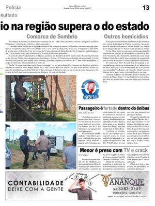 dionaregiãosuperaodoestado
esultado
dionaregiãosuperaodoestado
esultado
Menor é preso com TV e crack
Passageiroéfurtadodentrodoônibus
Comarca de Sombrio Outros homicídios
Nanoitedesegunda-feira,
por volta das 18h30min, uma
guarniçãodaPolíciaMilitarde
Araranguá em rondas recebeu
informações a respeito de
Um ônibus que parou no
Restaurante Bela América,
em São João do Sul,acabou
sendo palco de um crime.
Um homem teve R$ 5 mil
furtados de sua bagagem por
outro passageiro.
APolícia Militar foi cha-
mada e a vítima relatou que o
furto tinha sido feito por um
rapaz de cabelo vermelho e
jaqueta verde. Este rapaz des-
Na comarca de Sombrio, os assassinatos cometidos em 2017 estão 100% elucidados, informa o delegado Luís Otávio
Pohlmann, e a maioria dos criminosos foram capturados.
O primeiro homicídio do ano na região aconteceu no dia primeiro de janeiro, em Sombrio, em uma construção aban-
donada no bairro Januária. Ali foi encontrado morto a tiros Diem Machado Vidal de 22 anos. O responsável pela morte,
de acordo com a Polícia Civil, foi um menor, de 17 anos, morador de Santa Rosa do Sul. O inquérito foi finalizado no
dia 15 de fevereiro com o caso solucionado e o menor se encontra apreendido.
Amorte de Carlos Vieira Valentin, de 45 anos, aconteceu em dezembro de 2016, porém, todo o desenrolar da história
se deu este ano. Carlos estava desaparecido, e em março a Polícia Civil concluiu que ele tinha sido assassinado. O crime
envolveu três pessoas, uma mulher e dois menores. A mulher foi presa e os menores de 17 anos estão apreendidos. O
corpo de Carlos não foi encontrado até o momento.
No dia 3 de maio, mais duas mortes foram registradas. Em um bar no bairro São Francisco, em Sombrio, uma briga
terminou na morte de Pedro Borges Ramos, de 31 anos e Osmar Nunes de Jesus,41. Os dois foram mortos a facadas e o
autor foi identificado como Elias Hobs de 36 anos, morador de Balneário Gaivota que no dia do crime fugiu para o Rio
Grande do Sul e mais tarde se apresentou na delegacia. Ele está em liberdade.
Uma ação da Polícia Militar, em Timbé do Sul, terminou
com a morte de um rapaz de 19 anos, em janeiro. Uma sequ-
ência de fatos levou a morte de Joelton Boeira Luiz, depois
de ser atingido por um tiro disparado por um policial militar.
No dia 23 de fevereiro, um corpo em decomposição foi
encontrado às margens de uma estrada no interior de Me-
leiro. No mesmo dia o homem foi identificado como sendo
Adrian Urbano Peres, de 20 anos, que tinha sido assassinado
com cerca de 40 facadas. O crime ainda não foi esclarecido.
Na comarca de Santa Rosa do Sul, prosseguem as in-
vestigações para esclarecer o assassinato de um borracheiro,
em Passo de Torres. O caso aconteceu no dia 28 de janeiro,
na comunidade Vila Ribeiro, e a vítima foi Altair Francisco
Martins, de 46 anos, morto a tiros em frente a sua casa.
Também no Passo, em março foi morto o taxista Jairo
Antônio de Matos Bauer, 53. A culpada seria uma mulher,
que disse ter matado Jairo com uma adaga que levava na
bolsa.
um jovem suspeito de tráfico
de drogas, residente da Vila
Esperança (Favela do Ucca).
Diante das informações,
os policiais se deslocaram até
as proximidades da residência
dosuspeitoeoencontraramna
ceu do ônibus, foi até o posto
de combustível próximo ao
restaurante e pediu um táxi.
Vendo a possibilidade de ser
capturado, ele não esperou o
táxi e saiu a pé em direção a
Santa Rosa do Sul, indo para
a rodoviária de Santa Rosa.
A polícia foi informa-
da por um vigilante que o
suspeito estava no local,
onde ele foi abordado e re-
vistado. O rapaz estava com
R$3.970,00 além de uma
Araranguá
São João do Sul
rua, carregando uma televisão
e também com de 51 pedras de
crack prontas para a comer-
cialização.
Diante dos fatos, o ado-
lescente foi apreendido e en-
caminhado à delegacia.
mochila que pertencia ao
passageiro furtado.
O rapaz foi identificado
como Gilson Oliveira de 25
anos, que recebeu voz de
prisão e foi conduzido para a
delegacia da Polícia Civil de
Santa Rosa do Sul. Segundo
informações, sua primeira
versão foi de que o dinheiro
que carregava era de um lote
que sua mãe tinha vendido,
mas depois acabou confes-
sando o furto.
13Polícia Jornal Correio do Sul
Quarta-Feira, 28 de Junho de 2017
 