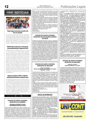 12 Publicações LegaisJornal Correio do Sul
Sexta-feira, 28 de Setembro de 2018
Assessoria de Imprensa FIESC: (48) 3231 4670 www.fiescnet.com.brwf
ProjetoAmigosdafarmaSesiarrecada19mil
itensemcampanha
A campanha do projeto Amigos da farmaSesi, realizada pelo
SESI nos meses de julho e agosto, arrecadou mais de 19 mil
itens de higiene pessoal e leite em pó. Para cada item doado
pelo consumidor, a farmácia doou mais um semelhante. Os
produtos foram entregues em 45 instituições assistenciais
de todas as regiões do estado e beneficiarão mais de 4,7 mil
crianças. A campanha ocorreu nas 80 unidades da rede.
EmpresasassociadasaoCIESCeasindicatos
industriaistêmdescontosnacompradecarros
As empresas associadas ao Centro das Indústrias (CIESC) e
aos sindicatos filiados à FIESC têm descontos de 9,5% a 25%
na compra de carros da Chevrolet, por meio da revendedora
Ponto 1. A promoção vale para automóveis novos e varia de
acordo com o modelo escolhido. A entrega do carro pode
ser realizada em qualquer município de SC ou em outro es-
tado. A tabela de descontos tem atualização mensal. Para
ter acesso ao benefício, os interessados devem acessar o
endereço: www.ofertas.pontoumveiculos.com.br/fiesc e
preencher o cadastro. Em seguida, a equipe da Ponto 1 fará
contato para encaminhar a venda.
SENAI/SCabreinscriçõespara17milvagasem
cursosprofissionaisparaaindústriaem2019
O SENAI/SC está com inscrições abertas para 17 mil vagas
em cursos profissionais em 2019, em todas as regiões do
estado. São cursos técnicos, superiores de tecnologia, pós-
graduação e aprendizagem industrial. “Os cursos do SENAI
nos dão o conhecimento e a capacidade técnica na área
que nós vamos trabalhar. Mais do que isso, eles trazem a
competência de trabalho em equipe, comunicação, orga-
nização e comprometimento”, afirma a estudante Joana
Keller, que faz o curso superior em Análise e Desenvolvi-
mento de Sistemas da Faculdade de Tecnologia em Flo-
rianópolis. “Também trabalhamos com projetos reais para
a indústria, nos quais colocamos em prática todos os co-
nhecimentos que foram aprendidos em aula”, acrescenta.
Essa prática educacional contribui para elevar a emprega-
bilidade dos profissionais formados pelo SENAI. Para mais
informações e inscrições acesse sc.senai.br/cursos ou ligue
para 0800 48 1212.
EDITAL DE INTIMAÇÃO
Claudete Araújo da Cunha Medeiros, Titular do TABELIONATO DE
NOTAS E PROTESTOS DE TÍTULOS desta Comarca de Sombrio,
situadonaAv.NereuRamos,458-Fone(48)3533-0318-CEP88960-
000, atendimento das 08:00h - 12:00h e 14:00h - 18:00h, faz saber
na forma da Lei aos que o presente EDITALvirem, que se encontram
nesse tabelionato para serem protestados, decorrido o prazo legal de
03 (três) dias úteis, por não terem sido encontrados nos endereços
fornecidos, ou por se recusarem a tomar conhecimento, os títulos
cujos responsáveis estão abaixo discriminados. Ficam esclarecidos,
também, de que nesse mesmo prazo poderão apresentar resposta
escrita, que não impedirá a lavratura do protesto.
PROT. APRESENTANTE / CNPJ DEVEDOR / CNPJ
Prot: 171784; Devedor(es): LUIZ ALIATAN RODRIGUES BATISTA
DASILVA- 111.440.439-05, End: Rua W4, sn, Balneario Gaivota; Tip:
Normal; Mot: Falta de pagamento; Ced: GAIVOTA COMERCIO
MATERIAL DE CONSTRUCAO LTDA; Sac: GAIVOTACOMERCIO
MATERIAL DE CONSTRUCAO LTDA;
Tit:515961;Apr:FCDL;VEN:26/07/2018;Esp:NotaPromissória; Val:
R$ 190,50 + Juros Legais (1% a.m.); Emol.: R$ 93,15. Apontamento
R$ 17,00 - Selo R$ 1,90 - Distribuição R$ 0,00 - Diligência R$ 52,20
ESTADO DE SANTA CATARINA
MUNICÍPIO DE BALNEÁRIO ARROIO
DO SILVA
EXTRATO DO CONTRATOADITIVO Nº 1-60/2018 – PROCESSO
43/2018 CONTRATANTE: MUNICÍPIO DE BALNEÁRIOARROIO
DO SILVA. CONTRATADO: ENGENHARIA MULTIPLA LTDA.
OBJETO: O presente termo aditivo tem como objeto o acréscimo
do valor de R$ 4.350,00 (quatro mil e trezentos e cinquenta reais)
do valor do contrato firmado entre as partes em 25/05/2018,
referente à prestação de Serviços de Assessoria Técnica para
Elaboração de Projeto Preventivo Contra Incêndio e Pânico na
Escola Municipal de Educação Básica Prof. Jaira Vieira Borges
e na Escola Municipal de Educação Básica Luiza Tomasi Scaini
de acordo com as Instruções Normativas do Corpo de Bombeiros
Militar do Estado de Santa Catarina. O presente Termo Aditivo
tem fundamento no artigo 65, I, b, parágrafo 1º, da Lei 8.666/93,
e parecer jurídico exarado pela assessória deste Município,
bem como justificativa elaborada e assinada pelo Secretário do
Departamento de Planejamento e pela Secretária da Secretaria
de Educação, Cultura e Esporte, além de autorização do Prefeito
Municipal. Fazem parte deste aditivo a Comunicação Interna nº
042/2018 e orçamento da elaboração do projeto.
ESTADO DE SANTA CATARINA
MUNICÍPIO DE MELEIRO
AVISO DE LICITAÇÃO
PREGÃO PRESENCIAL PARA REGISTRO DE PREÇOS
PREGÃO N.º 077/2018
A PREFEITURA MUNICIPAL DE MELEIRO torna público para
conhecimento dos interessados que no dia 11/10/2018, às
09:00 horas estará realizando a reunião de recebimento das
propostas do PREGÃO PRESENCIAL N.º 077/2018, que
tem por objetivo o REGISTRO DE PREÇOS para a possível
e futura contratação de serviços de mecânica para tratores e
máquinas pesadas, através de empresa do ramo pertinente,
para atender as necessidades da frota de veículos da Prefeitura
Municipal, conforme Termo de Referencia do Anexo I deste
edital.
Aintegra do Edital e maiores informações poderão ser obtidas na
Prefeitura Municipal de Meleiro, sito a Rua Sete de Setembro, nº
371 – Meleiro/SC, no horário das 07:00 horas as 13:00 horas, de
Segunda a Sexta-Feira ou pelo fone 048-3537-8400. A retirada
do Edital poderá ser feita no endereço acima citado ou através
do site www.meleiro.sc.gov.br .
Meleiro/SC, 27 de setembro de 2018.
EDER MATTOS
Prefeito Municipal
ESTADO DE SANTA CATARINA
MUNICÍPIO DE MELEIRO
AVISO DE LICITAÇÃO
PREGÃO PRESENCIAL N.º 078/2018
A PREFEITURA MUNICIPAL DE MELEIRO torna público para
conhecimento dos interessados que no dia 15/10/2018 às 09:30
horas estará realizando a reunião de recebimento das propostas do
PREGÃO PRESENCIALN.º 078/2018, objetivando aAQUISIÇÃO
DEMERENDAESCOLARPARAAREDEMUNICIPALDEENSINO
INFANTIL E FUNDAMENTAL, COM ENTREGAS FUTURAS E
DE FORMA PARCELADA PARA O 2º SEMESTRE DE 2018.
A integra do Edital e maiores informações poderá ser obtido na
Prefeitura Municipal de Meleiro, sito a Rua Sete de Setembro, nº
371, Centro – Meleiro/SC, no horário das 07:00 às 13:00 horas,
de Segunda a Sexta-Feira ou pelo fone 048-3537-8400.Aretirada
do Edital poderá ser feita no endereço acima citado ou através
da disponibilização no site do município www.meleiro.sc.gov.br.
Meleiro/SC, 27 de setembro de 2018.
EDER MATTOS Prefeito Municipal
ESTADO DE SANTA CATARINA
MUNICÍPIO DE SOMBRIO
PROCESSO LICITATÓRIO Nº. 67/2018
CONCORRÊNCIA PÚBLICA Nº. 67/2018
Objeto: A presente licitação tem por objeto a alienação de um
terreno urbano, situado no Parque Industrial, em Guarita, Distrito
Nova Guarita, Município de Sombrio, com área de 953,90m²
(novecentos e cinquenta e três metros e noventa centímetros
quadrados), localizado na quadra “A”, reservado para “Área
Pública 02”, no quarteirão formado pela Avenida Central,
Avenida “P”, Rua Projetada 3-H e Marginal da BR-101, com as
seguintes medidas e confrontações: Frente ao Sul na extensão
de 15,00metros, com a Avenida Central, Fundos ao Norte na
extensão de 32,70metros, com terras de Miguel Benises German
Albino; ao Leste na extensão de 40,00metros, com o Lote
número três (03), da mesma quadra, e ao Oeste na extensão
de 43,40metros, com a Avenida “P”, distando 00,00metros da
Avenida “P”, ao Oeste, de propriedade da Prefeitura Municipal
de Sombrio/SC, matriculado no Cartório de Registro de Imóveis
desta cidade sob o nº 65.459.
Base Legal: Lei Federal 8.666, de 21 julho de 1993; Lei Municipal
1.456, de 23 de dezembro de 2003 e respectivas alterações
posteriores e Lei Municipal nº 2381 de 12 de setembro de 2018.
Entrega dos Envelopes e Abertura: Os envelopes deverão ser
entregues até as 09h00min do dia 30 de outubro de 2018, com
início do credenciamento e abertura marcada para as 09h00min
do dia 31 de outubro de 2018.
O Edital e maiores informações na Prefeitura Municipal de
Sombrio, sito à Av. Nereu Ramos, 861, Centro de Sombrio-SC.
No Horário das 08h00 às 11h30min e das 13h30min às 17h30min
de segunda a sexta ou pelo tel. (48) 3533-5225.
Sombrio-SC, 27 de setembro de 2018.
Zênio Cardoso
Prefeito Municipal
- Condução R$ 23,95 - Digitalização R$ 0,00- Total Emolumentos
R$ 93,15.
Prot: 171737; Devedor(es): ROBERTO CARLOS ROLOFF (PIZZA
MANU) - 19.313.434/0001-70, End: Av. Beira Mar, sn, Balneario
Gaivota; Tip: Normal; Mot: Falta de pagamento; Ced: BEBIDAS
NUERNBERG LTDA; Sac: BEBIDAS NUERNBERG LTDA; Tit:
812048 ; Apr: BEBIDAS NUERNBERG LTDA; VEN: 03/09/2018;
Esp: Duplicata Venda Mercantil por Indicação; Val: R$ 362,32 + Juros
Legais (1% a.m.); Emol.: R$ 86,73.Apontamento R$ 17,00 - Selo R$
1,90-DistribuiçãoR$0,00-DiligênciaR$52,20- ConduçãoR$17,53
- Digitalização R$ 0,00- Total Emolumentos R$ 86,73.
Prot:171592;Devedor(es):ROSANACORREADAVID05190632954
- (SI - 26.981.735/0001-37, End: Estrada Geral, sn, BALNEARIO
GAIVO; Tip: Normal; Mot: Falta de pagamento; Ced: COLOR
BRASILIMPORTACAOEEXPORTACAOS.A.; Sac:COLORBRASIL
IMPORTACAO E EXPORTACAO S.A.; Tit: 105693/01 ;Apr: BANCO
DO BRASIL SA; VEN: 13/09/2018; Esp: Duplicata Venda Mercantil
por Indicação; Val: R$ 41,30 + Juros Legais (1% a.m.); Emol.: R$
80,46. Apontamento R$ 17,00 - Selo R$ 1,90 - Distribuição R$ 0,00
- Diligência R$ 52,20 - Condução R$ 11,26 - Digitalização R$ 0,00-
Total Emolumentos R$ 80,46.
Prot:171637;Devedor(es):ROSANACORREADAVID05190632954
- (SI - 26.981.735/0001-37, End: Estrada Geral, sn, BALNEARIO
GAIVO; Tip: Normal; Mot: Falta de pagamento; Ced: COLOR
BRASILIMPORTACAOEEXPORTACAOS.A.; Sac:COLORBRASIL
IMPORTACAO E EXPORTACAO S.A.; Tit: 105714/01 ;Apr: BANCO
DO BRASIL SA; VEN: 14/09/2018; Esp: Duplicata Venda Mercantil
por Indicação; Val: R$ 234,70 + Juros Legais (1% a.m.); Emol.: R$
80,46. Apontamento R$ 17,00 - Selo R$ 1,90 - Distribuição R$ 0,00
- Diligência R$ 52,20 - Condução R$ 11,26 - Digitalização R$ 0,00-
Total Emolumentos R$ 80,46.
Prot: 171710; Devedor(es): ROSELI MARIANO DAMASIO ROCHA
- 006.451.059-02, End: Rua M, 958, Balneario Gaivota; Tip: Normal;
Mot: Falta de pagamento; Ced: NOVA GAIVOTA COBRANCAS
E ZELADORIA LTDA; Sac: NOVA GAIVOTA COBRANCAS E
ZELADORIA LTDA; Tit: 219 ; Apr: BANCO BRADESCO S A; VEN:
24/08/2018; Esp: Duplicata Venda Mercantil por Indicação; Val: R$
250,00 + Juros Legais (1% a.m.); Emol.: R$ 86,73. Apontamento
R$ 17,00 - Selo R$ 1,90 - Distribuição R$ 0,00 - Diligência R$ 52,20
- Condução R$ 17,53 - Digitalização R$ 0,00- Total Emolumentos
R$ 86,73.
Certifico,paraosdevidosfins,queopresenteeditalfoiafixadonomural
da serventia em: 28/09/2018. Sombrio - SC, 28/09/2018
Claudete Araújo da Cunha Medeiros - Tabeliã Interina
 