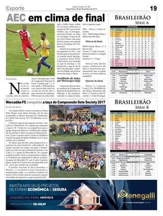 Brasileirão
Série A
Brasileirão
Série B
19Esporte Jornal Correio do Sul
Terça-Feira, 28 de Novembro de 2017
AEC em clima de final
Mercadão FC conquista a taça do Campeonato Sete Society 2017
Araranguá
Arroio do Silva
N
ão se fala-
va em ou-
tro assunto
ontem na
cidade das
avenidas, além da classifica-
Um grande público marcou presença na Praça
Fábio Borges neste último domingo, dia 26, para
acompanhar os últimos dois jogos do Campeonato
de Futebol Sete Society 2017 de Balneário Arroio
do Silva.
O primeiro jogo foi da categoria veterano. Com
6 gols a 3, Maracujá EC foi a equipe que conquistou
a taça E.J.W. O título de vice-campeã ficou para a
equipeAmigos do Marcelo. O artilheiro da competi-
ção foiAdriano G. Réus, da equipe do Maracujá EC,
com 22 gols. O goleiro menos vazado foi Humberto
Amaral, da equipe do Qbara/Golfinhos, com 13 gols
sofridos até a semifinal.
No último jogo da noite, pela categoria livre, o
confronto foi entre Família EC x Mercadão FC. As
equipes entraram em campo com garra e determi-
nação em busca da taça Laboratório Marista. Com
5 gols a 3, a equipe do Mercadão FC foi a grande
campeã, levando o título e comemorando a conquis-
ta. O artilheiro da competição foi Moacir Anacleto,
da equipe do Mercadão FC, com 10 gols. O goleiro
menos vazado foi Cristiano José, da equipe MarAzul
FC, com 8 gols sofridos até a semifinal.
O prefeito Juscelino da Silva Guimarães, o
Mineiro, o vice-prefeito Carlos Scarsanella, a
segunda-dama Agda, os vereadores Vanderlei de
Souza e Elvio Zocche, além de secretários e demais
autoridades prestigiaram os jogos da grande final.
ção do Araranguá para a final
do Campeonato Regional da
Larm. O grande jogo e a vi-
tória diante o Metropolitano,
com clima de final, onde teve
invasão da torcida após o
jogo,'assustou'atéaimprensa.
Profissionais das rádios Eldo-
rado e Hulha Negra, ambas
de Criciúma enalteceram a
atuação doAEC e já cravaram
também, que o Caravaggio,
adversário da final, vai sofrer
em Araranguá. O jogo de ida
em Nova Veneza, será nesse
final de semana, com a grande
final em Araranguá, dia 10 de
dezembro.
Durante essa semana será
de preparação do AEC. Uma
dúvida surge no time do técni-
co Geraldo Aurélio Spricigo:
o experiente lateral direito
Giliard (foto), saiu lesionado
no jogo de domingo e vira
dúvida para o jogo de ida da
final.Casonãojogue,osubsti-
tuto será Nathan, que já entrou
muito bem diante o Metro.
Semifinais do Suiço
em Maracajá é hoje
Nessa terça-feira acontece
as semifinais do Campeonato
Regional de Futebol Suíço em
Maracajá. A taça Agroterra,
realizado no campo do Kika,
terá os seguintes jogos:
20hs – Nativos x Santa Te-
rezinha
21hs – BMM Edinho Motos x
Marmoraria São Brás.
Oitavas de finais
BMM Edinho Motos 3 x 0
Bar do João
Arceno 2 x 0 São Cristovão
SantaTerezinha 6 x 1 Espigão
Grande
Zanivam 9 x 1 Utopia.
Nativos, Centro, São Do-
mingos e Marmoraria São
Brás se classificaram auto-
maticamente para as quartas
de finais, por terem melhores
campanhas.
Quartas de finais
Nativos 2 x 1 Zanivam,
Centro (7)2 x 2(8) BMM Edi-
nho Motos, Marmoraria São
Brás 5 x 2Arceno e Santa Te-
rezinha 1 x 0 São Domingos.
A competição é uma rea-
lização da prefeitura através
do departamento de esportes,
que é coordenado pelo diretor
Cleberson Vieira, e teve a
organização de JB Esportes.
*PARCELAS À PARTIR DE R$458,89
CONSÓRCIOS PARA IMÓVEIS
INVISTA NOS SEUS PROJETOS
DE FORMA ECONÔMICAE SEGURA
www.consorciomenegalli.com.br
 