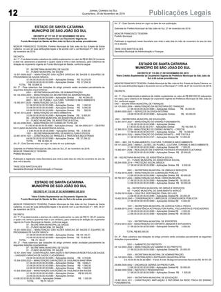 12 Publicações LegaisJornal Correio do Sul
Quarta-feira, 28 de Novembro de 2018
ESTADO DE SANTA CATARINA
MUNICÍPIO DE SÃO JOÃO DO SUL
DECRETO Nº 117 DE 27 DE NOVEMBRO DE 2018
“Abre Crédito Suplementar ao Orçamento Vigente do
Fundo Municipal de Saúde de São João do Sul e dá outras providências.
MOACIR FRANCISCO TEIXEIRA, Prefeito Municipal de São João do Sul, Estado de Santa
Catarina, no uso de suas atribuições legais e de acordo com a Lei Municipal nº 1.844, de 27
de novembro de 2018;
DECRETA:
Art. 1º - Fica determinada a abertura de crédito suplementar no valor de R$ 92.664,32 (noventa
e dois mil, seiscentos e sessenta e quatro reais e trinta e dois centavos), para cobertura de
dotação do orçamento vigente do Fundo Municipal de Saúde, conforme segue:
07 - SECRETARIA MUNICIPAL DE SAÚDE
01 – FUNDO MUNICIPAL DE SAÚDE
10.301.0009.2022 – MANUTENÇÃO DAS AÇÕES BÁSICAS DE SAÚDE E EQUIPES DE
PROGRAMAS DE SAÚDE BÁSICA
3.1.90.00.00.00.00.00.0085 – Aplicações Diretas R$ 55.370,00
3.3.90.00.00.00.00.00.0085 – Aplicações Diretas R$ 37.294,32
TOTAL R$ 92.664,32
Art. 2º - Para cobertura das dotações do artigo primeiro serão anuladas parcialmente as
seguintes dotações orçamentárias:
0301 – SECRETARIA MUNICIPAL DE ADMINISTRAÇÃO
04.122.0003.2003 – MANUTENÇÃO DA SECRETARIA DE ADMINISTRAÇÃO
3.1.90.00.00.00.00.00.0080 – Aplicações Diretas R$ 40.000,00
0601 – SEC. DE PLANEJ., CULTURA, TURISMO E MEIO AMBIENTE
13.392.0011.2035 – MANUTENÇÃO DA CULTURA
3.1.90.00.00.00.00.00.0080 – Aplicações Diretas R$ 1.000,00
3.3.90.00.00.00.00.00.0080 – Aplicações Diretas R$ 5.000,00
4.4.90.00.00.00.00.00.0080 – Aplicações Diretas R$ 500,00
18.541.0013.2038 – MANUTENÇÃO DO MEIO AMBIENTE
3.3.90.00.00.00.00.00.0080 – Aplicações Diretas R$ 5.000,00
08 – SECRETARIA MUNICIPAL DE ASSISTÊNCIA SOCIAL
01 – FUNDO MUNICIPAL DE ASSISTÊNCIA SOCIAL
08.243.0008.2020 – MANUTENÇÃO DO CONSELHO TUTELAR
4.4.90.00.00.00.00.00.0080 – Aplicações Diretas 08.244.0005.2011 – GESTÃO
DO FUNDO MUNICIPAL DE ASSISTÊNCIA SOCIAL
3.3.90.00.00.00.00.00.0080 – Aplicações Diretas R$ 2.000,00
1001 – SECRETARIA MUNICIPAL DE AGRICULTURA E PESCA
22.661.0016.1021 – CONSTRUÇÃO DE PARQUES E PAVILHÕES INDUSTRIAIS
4.4.90.00.00.00.00.00.0080 – Aplicações Diretas R$ 37.294,32
TOTAL R$ 92.664,32
Art. 3º - Este Decreto entra em vigor na data de sua publicação.
Gabinete do Prefeito Municipal de São João do Sul, 27 de novembro de 2018.
MOACIR FRANCISCO TEIXEIRA
Prefeito Municipal
Publicado e registrado nesta Secretaria aos vinte e sete dias do mês de novembro do ano de
dois mil e dezoito.
TAISE DOS SANTOS ALVES
Secretária Municipal de Administração e Finanças
ESTADO DE SANTA CATARINA
MUNICÍPIO DE SÃO JOÃO DO SUL
DECRETO Nº 118 DE 27 DE NOVEMBRO DE 2018
“Abre Crédito Suplementar ao Orçamento Vigente do
Fundo Municipal de Saúde de São João do Sul e dá outras providências.
MOACIR FRANCISCO TEIXEIRA, Prefeito Municipal de São João do Sul, Estado de Santa
Catarina, no uso de suas atribuições legais e de acordo com a Lei Municipal nº 1.845, de 27
de novembro de 2018;
DECRETA:
Art. 1º - Fica determinada a abertura de crédito suplementar no valor de R$ 74.140,01 (setenta
e quatro mil, cento e quarenta reais e um centavo), para cobertura de dotação do orçamento
vigente do Fundo Municipal de Saúde, conforme segue:
07 - SECRETARIA MUNICIPAL DE SAÚDE
01 – FUNDO MUNICIPAL DE SAÚDE
10.301.0009.2022 – MANUTENÇÃO DAS AÇÕES BÁSICAS DE SAÚDE E EQUIPES DE
PROGRAMAS DE SAÚDE BÁSICA
3.1.90.00.00.00.00.00.0085 – Aplicações Diretas R$ 64.140,01
3.3.90.00.00.00.00.00.0085 – Aplicações Diretas R$ 10.000,00
TOTAL R$ 74.140,01
Art. 2º - Para cobertura das dotações do artigo primeiro serão anuladas parcialmente as
seguintes dotações orçamentárias:
07 - SECRETARIA MUNICIPAL DE SAÚDE
01 – FUNDO MUNICIPAL DE SAÚDE
10.301.0009.1009 – CONSTRUÇÃO,AMPLIAÇÃO E REFORMADAREDE FÍSICADE SAÚDE
– UNIDADES BÁSICAS DE SAÚDE E ACADEMIAS
4.4.90.00.00.00.00.00.0085 – Aplicações Diretas R$ 4.703,80
10.304.0009.2023 – MANUTENÇÃO DAS AÇÕES DE VIGILÂNCIA SANITÁRIA
3.1.90.00.00.00.00.00.0085 – Aplicações Diretas R$ 3.936,21
3.3.90.00.00.00.00.00.0085 – Aplicações Diretas R$ 1.000,00
4.4.90.00.00.00.00.00.0085 – Aplicações Diretas R$ 1.000,00
10.305.0009.2024 – MANUTENÇÃO DAS AÇÕES DE VIGILÂNCIA EM SAÚDE
3.1.90.00.00.00.00.00.0085 – Aplicações Diretas. R$ 60.000,00
3.3.90.00.00.00.00.00.0085 – Aplicações Diretas
4.4.90.00.00.00.00.00.0085 – Aplicações Diretas R$ 1.000,00
TOTAL R$ 74.140,01
ESTADO DE SANTA CATARINA
MUNICÍPIO DE SÃO JOÃO DO SUL
DECRETO Nº 119 DE 27 DE NOVEMBRO DE 2018
“Abre Crédito Suplementar ao Orçamento Vigente da Prefeitura Municipal de São João do
Sul e dá outras providências.
MOACIR FRANCISCO TEIXEIRA, Prefeito Municipal de São João do Sul, Estado de Santa Catarina, no
uso de suas atribuições legais e de acordo com a Lei Municipal nº 1.846, de 27 de novembro de 2018;
DECRETA:
Art. 1º - Fica determinada a abertura de crédito suplementar no valor de R$ 800.000,00 (oitocentos
mil reais), para cobertura de dotação do orçamento vigente da Prefeitura Municipal de São João do
Sul, conforme segue:
0401 – SECRETARIA MUNICIPAL DE FINANÇAS
04.123.0003.2004 – MANUTENÇÃO DA SECRETARIA DE FINANÇAS
3.1.90.00.00.00.00.00.0080 – Aplicações Diretas R$ 35.000,00
28.843.0000.0001 – SERVIÇOS DA DÍVIDA INTERNA
4.6.90.00.00.00.00.00.0080 – Aplicações Diretas R$ 40.000,00
0501 – SECRETARIA MUNICIPAL DE EDUCAÇÃO
12.361.0010.2027 – MANUTENÇÃO DO ENSINO FUNDAMENTAL
3.1.90.00.00.00.00.00.0096 – Aplicações Diretas.
3.1.90.00.00.00.00.00.0101 – Aplicações Diretas R$ 160.406,12
12.365.0010.2029 - MANUTENÇÃO DO ENSINO INFANTIL – CRECHE
3.1.90.00.00.00.00.00.0101 – Aplicações Diretas. R$ 18.000,00
12.365.0010.2030 – MANUTENÇÃO DO ENSINO INFANTIL – PRÉ ESCOLA
3.1.90.00.00.00.00.00.0101 – Aplicações Diretas R$ 12.000,00
0601 – SEC. DE PLANEJAMENTO, CULTURA, TURISMO E MEIO AMBIENTE
04.121.0003.2005 – MANUT. DA SEC. DE PLANEJ., CULTURA, TURISMO E MEIO AMBIENTE
3.1.90.00.00.00.00.00.0080 – Aplicações Diretas R$ 7.500,00
13.392.0011.2036 – REALIZAÇÃO DE EVENTOS, FESTAS E ATIVIDADES CULTURAIS
3.3.90.00.00.00.00.00.0080 – Aplicações Diretas R$ 20.000,00
08 – SECRETARIA MUNICIPAL DE ASSISTÊNCIA SOCIAL
01 – FUNDO MUNICIPAL DE ASSISTÊNCIA SOCIAL
08.244.0006.2014 – PROTEÇÃO SOCIAL BÁSICA
3.1.90.00.00.00.00.00.0080 – Aplicações Diretas. R$ 5.000,00
0901 – SECRETARIA MUNICIPAL DE OBRAS E SERVIÇOS
15.452.0018.2008 – MANUTENÇÃO DA ILUMINAÇÃO PÚBLICA
3.3.90.00.00.00.00.00.0080 – Aplicações Diretas. R$ 60.000,00
26.782.0017.2042 – MANUTENÇÃO DA REDE VIÁRIA MUNICIPAL
3.1.90.00.00.00.00.00.0080 – Aplicações Diretas R$ 55.000,00
3.3.90.00.00.00.00.00.0080 – Aplicações Diretas R$ 50.000,00
09 – SECRETARIA MUNICIPAL DE OBRAS E SERVIÇOS
02 – FUNDO MUNICIPAL DE SANEAMENTO BÁSICO
15.452.0018.2044 – COLETA E DESTINAÇÃO FINAL DO LIXO
3.3.90.00.00.00.00.00.0080 – Aplicações Diretas R$ 20.000,00
15.452.0018.2045 – CONSERVAÇÃO E LIMPEZA DE LOGRADOUROS PÚBLICOS
3.1.90.00.00.00.00.00.0080 – Aplicações Diretas R$ 6.500,00
1001 – SECRETARIA MUNICIPAL DE AGRICULTURA E PESCA
20.606.0015.2040 – ASSISTÊNCIA AO PRODUTOR RURAL, PECUARISTAS E PESCADORES
3.1.90.00.00.00.00.00.0080 – Aplicações Diretas R$ 2.500,00
3.3.90.00.00.00.00.00.0080 – Aplicações Diretas R$ 40.000,00
1101 – SECRETARIA MUNICIPAL DE ESPORTES
27.812.0012.2037 - MANUTENÇÃO DO ESPORTE AMADOR E ESTUDANTIL
3.1.90.00.00.00.00.00.0080 – Aplicações Diretas R$ 3.500,00
TOTAL R$ 800.000,00
Art. 2º - Para cobertura das dotações do artigo primeiro serão anuladas parcialmente as seguintes
dotações orçamentárias:
0201 – GABINETE DO PREFEITO
04.122.0002.2002 – MANUTENÇÃO DO GABINETE DO PREFEITO
3.1.90.00.00.00.00.00.0080 – Aplicações Diretas R$ 25.000,00
0301 – SECRETARIA MUNICIPAL DE ADMINISTRAÇÃO
04.122.0003.2006 – CONTRIBUIÇÃO A ENTIDADES MUNICIPALISTAS
3.3.70.00.00.00.00.00.0080 – Transf.AInstit. Multigovernamentais Nacionais R$ 26.441,00
28.846.0000.0002 – ENCARGOS GERAIS DA PREFEITURA
3.3.90.00.00.00.00.00.0080 – Aplicações Diretas R$ 30.000,00
28.846.0000.0004 – INATIVOS E PENSIONISTAS
3.1.90.00.00.00.00.00.0080 – Aplicações Diretas R$ 1.500,00
0501 – SECRETARIA MUNICIPAL DE EDUCAÇÃO
12.361.0010.1011 - CONSTRUÇÃO, AMPLIAÇÃO E REFORMA DA REDE FÍSICA DO ENSINO
FUNDAMENTAL
Art. 3º - Este Decreto entra em vigor na data de sua publicação.
Gabinete do Prefeito Municipal de São João do Sul, 27 de novembro de 2018.
MOACIR FRANCISCO TEIXEIRA
Prefeito Municipal
Publicado e registrado nesta Secretaria aos vinte e sete dias do mês de novembro do ano de dois
mil e dezoito.
TAISE DOS SANTOS ALVES
Secretária Municipal de Administração e Finanças
 