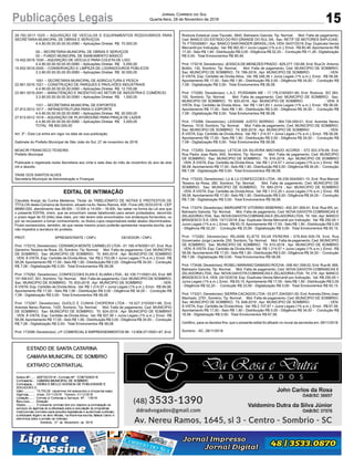15Publicações Legais Jornal Correio do Sul
Quarta-feira, 28 de Novembro de 2018
26.782.0017.1025 – AQUISIÇÃO DE VEÍCULOS E EQUIPAMENTOS RODOVIÁRIOS PARA
SECRETARIA MUNICIPAL DE OBRAS E SERVIÇOS
4.4.90.00.00.00.00.00.0080 – Aplicações Diretas R$ 70.000,00
09 – SECRETARIA MUNICIPAL DE OBRAS E SERVIÇOS
02 – FUNDO MUNICIPAL DE SANEAMENTO BÁSICO
15.452.0018.1030 – AQUISIÇÃO DE VEÍCULO PARA COLETA DE LIXO
4.4.90.00.00.00.00.00.0080 – Aplicações Diretas R$ 5.000,00
15.452.0018.2045 – CONSERVAÇÃO E LIMPEZA DE LOGRADOUROS PÚBLICOS
3.3.90.00.00.00.00.00.0080 – Aplicações Diretas R$ 30.000,00
1001 – SECRETARIA MUNICIPAL DE AGRICULTURA E PESCA
22.661.0016.1021 – CONSTRUÇÃO DE PARQUES E PAVILHÕES INDUSTRIAIS
4.4.90.00.00.00.00.00.0080 – Aplicações Diretas R$ 12.705,68
22.661.0016.2041 – MANUTENÇÃO E INCENTIVO AO SETOR DE INDÚSTRIA E COMÉRCIO
3.3.90.00.00.00.00.00.0080 – Aplicações Diretas R$ 1.000,00
1101 – SECRETARIA MUNICIPAL DE ESPORTES
27.812.0012.1017 – INFRAESTRUTURA PARA O ESPORTE
4.4.90.00.00.00.00.00.0080 – Aplicações Diretas R$ 20.000,00
27.813.0012.1018 – AQUISIÇÃO DE PLAYGROUND PARA PRAÇA DE LAZER
4.4.90.00.00.00.00.00.0080 – Aplicações Diretas R$ 3.000,00
TOTAL R$ 800.000,00
Art. 3º - Esta Lei entra em vigor na data de sua publicação.
Gabinete do Prefeito Municipal de São João do Sul, 27 de novembro de 2018.
MOACIR FRANCISCO TEIXEIRA
Prefeito Municipal
Publicada e registrada nesta Secretaria aos vinte e sete dias do mês de novembro do ano de dois
mil e dezoito.
TAISE DOS SANTOS ALVES
Secretária Municipal de Administração e Finanças
EDITAL DE INTIMAÇÃO
Claudete Araújo da Cunha Medeiros, Titular do TABELIONATO DE NOTAS E PROTESTOS DE
TÍTULOS desta Comarca de Sombrio, situado naAv. Nereu Ramos, 458 - Fone (48) 3533-0318 - CEP
88960-000, atendimento das 08:00h - 12:00h e 14:00h - 18:00h, faz saber na forma da Lei aos que
o presente EDITAL virem, que se encontram nesse tabelionato para serem protestados, decorrido
o prazo legal de 03 (três) dias úteis, por não terem sido encontrados nos endereços fornecidos, ou
por se recusarem a tomar conhecimento, os títulos cujos responsáveis estão abaixo discriminados.
Ficam esclarecidos, também, de que nesse mesmo prazo poderão apresentar resposta escrita, que
não impedirá a lavratura do protesto.
PROT. APRESENTANTE / CNPJ DEVEDOR / CNPJ
Prot: 173315; Devedor(es): CERAMICA MONTE CARMELIO LTDA - 01.185.476/0001-07, End: Rua
Generino Teixeira da Rosa, 55, Sombrio; Tip: Normal; Mot: Falta de pagamento; Ced: MUNICIPIO
DE SOMBRIO; Sac: MUNICIPIO DE SOMBRIO; Tit: 840-2018 ; Apr: MUNICIPIO DE SOMBRIO
; VEN: À VISTA; Esp: Certidão de Dívida Ativa; Val: R$ 2.703,06 + Juros Legais (1% a.m.); Emol.: R$
58,08.Apontamento R$ 17,00 - Selo R$ 1,90 - Distribuição R$ 0,00 - Diligência R$ 34,00 - Condução
R$ 7,08 - Digitalização R$ 0,00- Total Emolumentos R$ 58,08.
Prot: 173292; Devedor(es): CONFECCOES ELEN E ELIARA LTDA - 82.109.711/0001-63, End: BR
101 KM 437, 501, Sombrio; Tip: Normal; Mot: Falta de pagamento; Ced: MUNICIPIO DE SOMBRIO;
Sac: MUNICIPIO DE SOMBRIO; Tit: 833-2018 ; Apr: MUNICIPIO DE SOMBRIO ; VEN:
À VISTA; Esp: Certidão de Dívida Ativa; Val: R$ 1.214,57 + Juros Legais (1% a.m.); Emol.: R$ 58,08.
Apontamento R$ 17,00 - Selo R$ 1,90 - Distribuição R$ 0,00 - Diligência R$ 34,00 - Condução R$
7,08 - Digitalização R$ 0,00- Total Emolumentos R$ 58,08.
Prot: 173287; Devedor(es): GUOLO E CUNHA CHOPERIA LTDA - 18.027.315/0001-98, End:
Avenida Nereu Ramos, 1320, Sombrio; Tip: Normal; Mot: Falta de pagamento; Ced: MUNICIPIO
DE SOMBRIO; Sac: MUNICIPIO DE SOMBRIO; Tit: 824-2018 ; Apr: MUNICIPIO DE SOMBRIO
; VEN: À VISTA; Esp: Certidão de Dívida Ativa; Val: R$ 507,90 + Juros Legais (1% a.m.); Emol.: R$
58,08.Apontamento R$ 17,00 - Selo R$ 1,90 - Distribuição R$ 0,00 - Diligência R$ 34,00 - Condução
R$ 7,08 - Digitalização R$ 0,00- Total Emolumentos R$ 58,08.
Prot: 173298; Devedor(es): J.P. COMERCIAL E EMPREENDIMENTOS IM - 13.808.071/0001-67, End:
Rodovia Estadual Jose Tiscoski, 3840, Balneario Gaivota; Tip: Normal; Mot: Falta de pagamento;
Ced: BANCO DO ESTADO DO RIO GRANDE DO SUL SA; Sac: RETIF DE MOTORES SAPUCAIE;
Tit: FT00306801 ; Apr: BANCO SANTANDER (BRASIL) S/A; VEN: 04/07/2018; Esp: Duplicata Venda
Mercantil por Indicação; Val: R$ 362,50 + Juros Legais (1% a.m.); Emol.: R$ 80,46. Apontamento R$
17,00 - Selo R$ 1,90 - Distribuição R$ 0,00 - Diligência R$ 52,20 - Condução R$ 11,26 - Digitalização
R$ 0,00- Total Emolumentos R$ 80,46.
Prot: 173218; Devedor(es): JESSICA DE MENEZES PRADO - 829.277.150-68, End: Rua Dr. Antonio
Bottini, 130, Sombrio; Tip: Normal; Mot: Falta de pagamento; Ced: MUNICIPIO DE SOMBRIO;
Sac: MUNICIPIO DE SOMBRIO; Tit: 786-2018 ; Apr: MUNICIPIO DE SOMBRIO ; VEN:
À VISTA; Esp: Certidão de Dívida Ativa; Val: R$ 246,38 + Juros Legais (1% a.m.); Emol.: R$ 58,08.
Apontamento R$ 17,00 - Selo R$ 1,90 - Distribuição R$ 0,00 - Diligência R$ 34,00 - Condução R$
7,08 - Digitalização R$ 0,00- Total Emolumentos R$ 58,08.
Prot: 173285; Devedor(es): L.A.C. POSSAMAI ME - 17.178.018/0001-80, End: Rodovia SO 383,
155, Sombrio; Tip: Normal; Mot: Falta de pagamento; Ced: MUNICIPIO DE SOMBRIO; Sac:
MUNICIPIO DE SOMBRIO; Tit: 820-2018 ; Apr: MUNICIPIO DE SOMBRIO ; VEN: À
VISTA; Esp: Certidão de Dívida Ativa; Val: R$ 1.041,83 + Juros Legais (1% a.m.); Emol.: R$ 58,08.
Apontamento R$ 17,00 - Selo R$ 1,90 - Distribuição R$ 0,00 - Diligência R$ 34,00 - Condução R$
7,08 - Digitalização R$ 0,00- Total Emolumentos R$ 58,08.
Prot: 173288; Devedor(es): LEIDIANE JUSTO SERRAO - 064.739.059-01, End: Avenida Nereu
Ramos, 1518, Sombrio; Tip: Normal; Mot: Falta de pagamento; Ced: MUNICIPIO DE SOMBRIO;
Sac: MUNICIPIO DE SOMBRIO; Tit: 826-2018 ; Apr: MUNICIPIO DE SOMBRIO ; VEN:
À VISTA; Esp: Certidão de Dívida Ativa; Val: R$ 1.214,57 + Juros Legais (1% a.m.); Emol.: R$ 58,08.
Apontamento R$ 17,00 - Selo R$ 1,90 - Distribuição R$ 0,00 - Diligência R$ 34,00 - Condução R$
7,08 - Digitalização R$ 0,00- Total Emolumentos R$ 58,08.
Prot: 173283; Devedor(es): LETICIA DA SILVEIRA MACHADO ACORDI - 072.303.379-09, End:
Rua Padre Joao Reitz, 655, Sombrio; Tip: Normal; Mot: Falta de pagamento; Ced: MUNICIPIO
DE SOMBRIO; Sac: MUNICIPIO DE SOMBRIO; Tit: 816-2018 ; Apr: MUNICIPIO DE SOMBRIO
; VEN: À VISTA; Esp: Certidão de Dívida Ativa; Val: R$ 1.214,57 + Juros Legais (1% a.m.); Emol.: R$
58,08.Apontamento R$ 17,00 - Selo R$ 1,90 - Distribuição R$ 0,00 - Diligência R$ 34,00 - Condução
R$ 7,08 - Digitalização R$ 0,00- Total Emolumentos R$ 58,08.
Prot: 173333; Devedor(es): LU & LU CONFECCOES LTDA - 09.239.554/0001-10, End: Rua Manoel
Teixeira da Rosa, 260, Sombrio; Tip: Normal; Mot: Falta de pagamento; Ced: MUNICIPIO DE
SOMBRIO; Sac: MUNICIPIO DE SOMBRIO; Tit: 880-2018 ; Apr: MUNICIPIO DE SOMBRIO
; VEN: À VISTA; Esp: Certidão de Dívida Ativa; Val: R$ 1.512,26 + Juros Legais (1% a.m.); Emol.: R$
58,08.Apontamento R$ 17,00 - Selo R$ 1,90 - Distribuição R$ 0,00 - Diligência R$ 34,00 - Condução
R$ 7,08 - Digitalização R$ 0,00- Total Emolumentos R$ 58,08.
Prot: 173374; Devedor(es): MARGARETE VITORINO SEBERINO - 455.341.959-91, End: Rua W5, sn,
Balneario Gaivota; Tip: Normal; Mot: Falta de pagamento; Ced: NOVA GAIVOTA COBRANCAS E
ZELADORIALTDA; Sac: NOVAGAIVOTACOBRANCAS E ZELADORIALTDA; Tit: 164 ;Apr: BANCO
BRADESCO S A; VEN: 15/11/2018; Esp: Duplicata Venda Mercantil por Indicação; Val: R$ 250,00 +
Juros Legais (1% a.m.); Emol.: R$ 93,15.Apontamento R$ 17,00 - Selo R$ 1,90 - Distribuição R$ 0,00
- Diligência R$ 52,20 - Condução R$ 23,95 - Digitalização R$ 0,00- Total Emolumentos R$ 93,15.
Prot: 173282; Devedor(es): REJANE ELIETE SILVA PEREIRA - 579.844.509-78, End: Rua
Governador Jorge Lacerda, 250, Sombrio; Tip: Normal; Mot: Falta de pagamento; Ced: MUNICIPIO
DE SOMBRIO; Sac: MUNICIPIO DE SOMBRIO; Tit: 815-2018 ; Apr: MUNICIPIO DE SOMBRIO
; VEN: À VISTA; Esp: Certidão de Dívida Ativa; Val: R$ 1.214,57 + Juros Legais (1% a.m.); Emol.: R$
58,08.Apontamento R$ 17,00 - Selo R$ 1,90 - Distribuição R$ 0,00 - Diligência R$ 34,00 - Condução
R$ 7,08 - Digitalização R$ 0,00- Total Emolumentos R$ 58,08.
Prot: 173436; Devedor(es): ROSELI MARIANO DAMASIO ROCHA- 006.451.059-02, End: Rua M, 958,
Balneario Gaivota; Tip: Normal; Mot: Falta de pagamento; Ced: NOVA GAIVOTA COBRANCAS E
ZELADORIALTDA; Sac: NOVAGAIVOTACOBRANCAS E ZELADORIALTDA; Tit: 219 ;Apr: BANCO
BRADESCO S A; VEN: 24/10/2018; Esp: Duplicata Venda Mercantil por Indicação; Val: R$ 250,00 +
Juros Legais (1% a.m.); Emol.: R$ 93,15.Apontamento R$ 17,00 - Selo R$ 1,90 - Distribuição R$ 0,00
- Diligência R$ 52,20 - Condução R$ 23,95 - Digitalização R$ 0,00- Total Emolumentos R$ 93,15.
Prot: 173321; Devedor(es): SIERRACACADOS LTDA- 03.677.204/0001-50, End:Avenida Dilmo Joao
Machado, 2791, Sombrio; Tip: Normal; Mot: Falta de pagamento; Ced: MUNICIPIO DE SOMBRIO;
Sac: MUNICIPIO DE SOMBRIO; Tit: 848-2018 ; Apr: MUNICIPIO DE SOMBRIO ; VEN:
À VISTA; Esp: Certidão de Dívida Ativa; Val: R$ 2.107,67 + Juros Legais (1% a.m.); Emol.: R$ 67,56.
Apontamento R$ 17,00 - Selo R$ 1,90 - Distribuição R$ 0,00 - Diligência R$ 34,00 - Condução R$
16,56 - Digitalização R$ 0,00- Total Emolumentos R$ 67,56.
Certifico, para os devidos fins, que o presente edital foi afixado no mural da serventia em: 28/11/2018.
Sombrio - SC, 28/11/2018
 