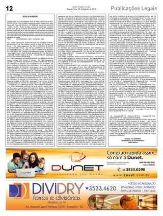 12 Publicações LegaisJornal Correio do Sul
Quarta-Feira, 29 de Agosto de 2018
EDITAL DE INTIMAÇÃO
.................................................................................................................................
Claudete Araújo da Cunha Medeiros, Titular do TABELIONATO DE NOTAS E
PROTESTOS DE TÍTULOS desta Comarca de Sombrio, situado na Av. Nereu
Ramos, 458 - Fone (48) 3533-0318 - CEP 88960-000, atendimento das 08:00h
- 12:00h e 14:00h - 18:00h, faz saber na forma da Lei aos que o presente
EDITAL virem, que se encontram nesse tabelionato para serem protestados,
decorrido o prazo legal de 03 (três) dias úteis, por não terem sido encontrados
nosendereçosfornecidos,ouporserecusarematomarconhecimento,ostítulos
cujosresponsáveisestãoabaixodiscriminados.Ficamesclarecidos,também,de
que nesse mesmo prazo poderão apresentar resposta escrita, que não impedirá
a lavratura do protesto.
PROT. APRESENTANTE / CNPJ DEVEDOR / CNPJ
Prot: 170932; Devedor(es): ALBENI RODRIGUES FERREIRA JUNIOR -
092.340.439-28, End: Rua Generino Teixeira da Rosa, 503, Sombrio; Tip:
Normal; Mot: Falta de pagamento; Ced: DB S.A COMERCIO DE MOVEIS
E ELETRODOMESTICOS; Sac: DB S.A COMERCIO DE MOVEIS E
ELETRODOMESTICOS; Tit: 77064 ; Apr: DB S.A COMERCIO DE MOVEIS E
ELETRODOMEST; VEN: 10/06/2014; Esp: Espécie de Contrato; Val: R$ 299,50
+JurosLegais(1%a.m.);Emol.:R$58,08.ApontamentoR$17,00-SeloR$1,90
- Distribuição R$ 0,00 - Diligência R$ 34,00 - Condução R$ 7,08 - Digitalização
R$ 0,00- Total Emolumentos R$ 58,08.
Prot:170921;Devedor(es):ALESSANDRADASILVA-010.688.549-95,End:Rua
Caetano Lummertz, 2000, Sombrio; Tip: Normal; Mot: Falta de pagamento;
Ced: DB S.A COMERCIO DE MOVEIS E ELETRODOMESTICOS; Sac: DB
S.A COMERCIO DE MOVEIS E ELETRODOMESTICOS; Tit: 155481 ; Apr:
DB S.ACOMERCIO DE MOVEIS E ELETRODOMEST; VEN: 15/07/2014; Esp:
Espécie de Contrato; Val: R$ 402,00 + Juros Legais (1% a.m.); Emol.: R$ 58,08.
ApontamentoR$17,00-SeloR$1,90-DistribuiçãoR$0,00-DiligênciaR$34,00
- Condução R$ 7,08 - Digitalização R$ 0,00- Total Emolumentos R$ 58,08.
Prot:171023;Devedor(es):ALEXANDREDASILVABORGES-095.946.519-70,
End: Rua das Azaleias, 79, Sombrio; Tip: Normal; Mot: Falta de pagamento;
Ced: DB S.A COMERCIO DE MOVEIS E ELETRODOMESTICOS; Sac: DB
S.A COMERCIO DE MOVEIS E ELETRODOMESTICOS; Tit: 56115 ; Apr: DB
S.A COMERCIO DE MOVEIS E ELETRODOMEST; VEN: 15/02/2014; Esp:
Espécie de Contrato; Val: R$ 312,00 + Juros Legais (1% a.m.); Emol.: R$ 58,08.
ApontamentoR$17,00-SeloR$1,90-DistribuiçãoR$0,00-DiligênciaR$34,00
- Condução R$ 7,08 - Digitalização R$ 0,00- Total Emolumentos R$ 58,08.
Prot: 171061; Devedor(es): ALZERINO DA SILVA BRITO - 946.583.159-04,
End: Rua Valerim Inacio da Rosa, 336, Sombrio; Tip: Normal; Mot: Falta de
pagamento; Ced: DB S.ACOMERCIO DE MOVEIS E ELETRODOMESTICOS;
Sac: DB S.ACOMERCIO DE MOVEIS E ELETRODOMESTICOS; Tit: 144141 ;
Apr: DB S.A COMERCIO DE MOVEIS E ELETRODOMEST; VEN: 10/06/2014;
Esp: Espécie de Contrato; Val: R$ 1.111,20 + Juros Legais (1% a.m.); Emol.: R$
58,08.ApontamentoR$17,00-SeloR$1,90-DistribuiçãoR$0,00-DiligênciaR$
34,00- ConduçãoR$7,08-DigitalizaçãoR$0,00- TotalEmolumentosR$58,08.
Prot:171032;Devedor(es):ANAHELENAFAUSTINODASILVA-866.899.329-15,
End:RuaAndréAlvesdaSilvaSobrinho,1319,Sombrio;Tip:Normal; Mot:Falta
depagamento;Ced:DBS.ACOMERCIODEMOVEISEELETRODOMESTICOS;
Sac: DB S.ACOMERCIO DE MOVEIS E ELETRODOMESTICOS; Tit: 139454 ;
Apr: DB S.A COMERCIO DE MOVEIS E ELETRODOMEST; VEN: 10/05/2014;
Esp: Espécie de Contrato; Val: R$ 232,00 + Juros Legais (1% a.m.); Emol.: R$
58,08.ApontamentoR$17,00-SeloR$1,90-DistribuiçãoR$0,00-DiligênciaR$
34,00- ConduçãoR$7,08-DigitalizaçãoR$0,00- TotalEmolumentosR$58,08.
Prot:170964;Devedor(es):ANAHELENAFAUSTINODASILVA-866.899.329-15,
End:RuaAndréAlvesdaSilvaSobrinho,1319,Sombrio;Tip:Normal; Mot:Falta
depagamento;Ced:DBS.ACOMERCIODEMOVEISEELETRODOMESTICOS;
Sac: DB S.ACOMERCIO DE MOVEIS E ELETRODOMESTICOS; Tit: 139447 ;
Apr: DB S.A COMERCIO DE MOVEIS E ELETRODOMEST; VEN: 11/05/2014;
Esp: Espécie de Contrato; Val: R$ 648,00 + Juros Legais (1% a.m.); Emol.: R$
58,08.ApontamentoR$17,00-SeloR$1,90-DistribuiçãoR$0,00-DiligênciaR$
34,00- ConduçãoR$7,08-DigitalizaçãoR$0,00- TotalEmolumentosR$58,08.
Prot:170996;Devedor(es):ARIANEDEOLIVEIRAGONCALVES-034.897.620-
88, End: Rua João Quartieiro, 370, Sombrio; Tip: Normal; Mot: Falta de
pagamento; Ced: DB S.ACOMERCIO DE MOVEIS E ELETRODOMESTICOS;
Sac: DB S.ACOMERCIO DE MOVEIS E ELETRODOMESTICOS; Tit: 146113 ;
Apr: DB S.A COMERCIO DE MOVEIS E ELETRODOMEST; VEN: 10/08/2014;
Esp: Espécie de Contrato; Val: R$ 480,70 + Juros Legais (1% a.m.); Emol.: R$
58,08.ApontamentoR$17,00-SeloR$1,90-DistribuiçãoR$0,00-DiligênciaR$
34,00- ConduçãoR$7,08-DigitalizaçãoR$0,00- TotalEmolumentosR$58,08.
Prot:170972;Devedor(es):CARENMARQUESDEQUADROS-016.183.390-01,
End: Rua Telegrafista Adolfo Coelho, 01, Sombrio; Tip: Normal; Mot: Falta de
pagamento; Ced: DB S.ACOMERCIO DE MOVEIS E ELETRODOMESTICOS;
Sac: DB S.A COMERCIO DE MOVEIS E ELETRODOMESTICOS; Tit: 157520
;Apr: DB S.ACOMERCIO DE MOVEIS E ELETRODOMEST; VEN: 11/04/2014;
Esp: Espécie de Contrato; Val: R$ 266,00 + Juros Legais (1% a.m.); Emol.: R$
58,08.ApontamentoR$17,00-SeloR$1,90-DistribuiçãoR$0,00-DiligênciaR$
34,00- ConduçãoR$7,08-DigitalizaçãoR$0,00- TotalEmolumentosR$58,08.
Prot:170998;Devedor(es):CARENMARQUESDEQUADROS-016.183.390-01,
End: Rua Telegrafista Adolfo Coelho, 01, Sombrio; Tip: Normal; Mot: Falta de
pagamento; Ced: DB S.ACOMERCIO DE MOVEIS E ELETRODOMESTICOS;
Sac: DB S.A COMERCIO DE MOVEIS E ELETRODOMESTICOS; Tit: 82124 ;
Apr: DB S.A COMERCIO DE MOVEIS E ELETRODOMEST; VEN: 11/06/2014;
Esp: Espécie de Contrato; Val: R$ 333,00 + Juros Legais (1% a.m.); Emol.: R$
58,08.ApontamentoR$17,00-SeloR$1,90-DistribuiçãoR$0,00-DiligênciaR$
34,00- ConduçãoR$7,08-DigitalizaçãoR$0,00- TotalEmolumentosR$58,08.
Prot:171104;Devedor(es):CLAUDIOMIRRAUPPDEQUADROS-657.388.459-
00, End: Pref. José João Scheffer, S/N, Sombrio; Tip: Normal; Mot: Falta de
pagamento; Ced: NIQUELE MATERIAIS DE CONSTRUÇÃO; Sac: NIQUELE
MATERIAIS DE CONSTRUÇÃO;
Tit: 190-A/005 ; Apr: CAIXA ECONÔMICA FEDERAL; VEN: 15/08/2018; Esp:
Duplicata Venda Mercantil por Indicação; Val: R$ 115,00 + Juros Legais (1%
a.m.); Emol.: R$ 58,08. Apontamento R$ 17,00 - Selo R$ 1,90 - Distribuição R$
0,00 - Diligência R$ 34,00 - Condução R$ 7,08 - Digitalização R$ 0,00- Total
Emolumentos R$ 58,08.
Prot: 170897; Devedor(es): DANIELA DA SILVA PIAZZOLLI - 079.256.559-25,
End:RuadasOrquideas,161,Sombrio;Tip:Normal; Mot:Faltadepagamento;
Ced: DB S.A COMERCIO DE MOVEIS E ELETRODOMESTICOS; Sac: DB
S.A COMERCIO DE MOVEIS E ELETRODOMESTICOS; Tit: 140740 ; Apr:
DB S.A COMERCIO DE
MOVEIS E ELETRODOMEST; VEN: 15/07/2014; Esp: Espécie de Contrato;
Val: R$ 408,00 + Juros Legais (1% a.m.); Emol.: R$ 58,08. Apontamento R$
17,00 - Selo R$ 1,90 - Distribuição R$ 0,00 - Diligência R$ 34,00 - Condução
R$ 7,08 - Digitalização R$ 0,00- Total Emolumentos R$ 58,08.
Prot:171048;Devedor(es):DIENIFERDEOLIVEIRAPEREIRA-079.313.739-01,
End: RuaAndréAlves da Silva Sobrinho, 767, Sombrio;Tip: Normal; Mot: Falta
depagamento;Ced:DBS.ACOMERCIODEMOVEISEELETRODOMESTICOS;
Sac: DB S.ACOMERCIO DE MOVEIS E ELETRODOMESTICOS; Tit: 65 ;Apr:
DB S.ACOMERCIO DE MOVEIS E ELETRODOMEST; VEN: 15/06/2014; Esp:
Espécie de Contrato; Val: R$ 198,00 + Juros Legais (1% a.m.); Emol.: R$ 58,08.
ApontamentoR$17,00-SeloR$1,90-DistribuiçãoR$0,00-DiligênciaR$34,00
- Condução R$ 7,08 - Digitalização R$ 0,00- Total Emolumentos R$ 58,08.
Prot:170901;Devedor(es):DIENIFERDEOLIVEIRAPEREIRA-079.313.739-01,
End: RuaAndréAlves da Silva Sobrinho, 767, Sombrio;Tip: Normal; Mot: Falta
depagamento;Ced:DBS.ACOMERCIODEMOVEISEELETRODOMESTICOS;
Sac: DB S.ACOMERCIO DE MOVEIS E ELETRODOMESTICOS; Tit: 134524 ;
Apr: DB S.A COMERCIO DE MOVEIS E ELETRODOMEST; VEN: 17/04/2014;
Esp: Espécie de Contrato; Val: R$ 1.439,10 + Juros Legais (1% a.m.); Emol.: R$
58,08.ApontamentoR$17,00-SeloR$1,90-DistribuiçãoR$0,00-DiligênciaR$
34,00- ConduçãoR$7,08-DigitalizaçãoR$0,00- TotalEmolumentosR$58,08.
Prot: 171038; Devedor(es): EMANUEL CHUQUEL ALVES - 079.088.859-93,
End: Rua Ulisses Luiz da Rosa, 606, Sombrio; Tip: Normal; Mot: Falta de
pagamento; Ced: DB S.ACOMERCIO DE MOVEIS E ELETRODOMESTICOS;
Sac: DB S.A COMERCIO DE MOVEIS E ELETRODOMESTICOS; Tit: 55615 ;
Apr: DB S.A COMERCIO DE MOVEIS E ELETRODOMEST; VEN: 16/02/2014;
Esp: Espécie de Contrato; Val: R$ 273,00 + Juros Legais (1% a.m.); Emol.: R$
58,08.ApontamentoR$17,00-SeloR$1,90-DistribuiçãoR$0,00-DiligênciaR$
34,00- ConduçãoR$7,08-DigitalizaçãoR$0,00- TotalEmolumentosR$58,08.
Prot:171020;Devedor(es):FABRICIARODRIGUESDIAS-089.980.689-90,End:
Rua Aniceto Silveira, 60/11, Sombrio; Tip: Normal; Mot: Falta de pagamento;
Ced: DB S.A COMERCIO DE MOVEIS E ELETRODOMESTICOS; Sac: DB
S.A COMERCIO DE MOVEIS E ELETRODOMESTICOS; Tit: 133715 ; Apr:
DB S.ACOMERCIO DE MOVEIS E ELETRODOMEST; VEN: 01/06/2014; Esp:
Espécie de Contrato; Val: R$ 269,50 + Juros Legais (1% a.m.); Emol.: R$ 58,08.
ApontamentoR$17,00-SeloR$1,90-DistribuiçãoR$0,00-DiligênciaR$34,00
- Condução R$ 7,08 - Digitalização R$ 0,00- Total Emolumentos R$ 58,08.
Prot: 170905; Devedor(es): GABRIEL DA ROSA DE SOUZA - 084.331.149-
56, End: Rua Dr. Antonio Bottini, 1315, Sombrio; Tip: Normal; Mot: Falta de
pagamento; Ced: DB S.ACOMERCIO DE MOVEIS E ELETRODOMESTICOS;
Sac: DB S.A COMERCIO DE MOVEIS E ELETRODOMESTICOS; Tit: 48456 ;
Apr: DB S.A COMERCIO DE MOVEIS E ELETRODOMEST; VEN: 12/12/2013;
Esp: Espécie de Contrato; Val: R$ 576,00 + Juros Legais (1% a.m.); Emol.: R$
58,08.ApontamentoR$17,00-SeloR$1,90-DistribuiçãoR$0,00-DiligênciaR$
34,00- ConduçãoR$7,08-DigitalizaçãoR$0,00- TotalEmolumentosR$58,08.
Prot: 171015; Devedor(es): GISELE MATIAS MACIEL - 063.984.779-01, End:
Rua Dr.Antonio Bottini, 1570, Sombrio; Tip: Normal; Mot: Falta de pagamento;
Ced: DB S.A COMERCIO DE MOVEIS E ELETRODOMESTICOS; Sac: DB
S.A COMERCIO DE MOVEIS E ELETRODOMESTICOS; Tit: 67703 ; Apr: DB
S.A COMERCIO DE MOVEIS E ELETRODOMEST; VEN: 24/06/2014; Esp:
Espécie de Contrato; Val: R$ 169,00 + Juros Legais (1% a.m.); Emol.: R$ 58,08.
ApontamentoR$17,00-SeloR$1,90-DistribuiçãoR$0,00-DiligênciaR$34,00
- Condução R$ 7,08 - Digitalização R$ 0,00- Total Emolumentos R$ 58,08.
Prot: 170935; Devedor(es): GISELE MATIAS MACIEL - 063.984.779-01, End:
Rua Dr.Antonio Bottini, 1570, Sombrio; Tip: Normal; Mot: Falta de pagamento;
Ced: DB S.A COMERCIO DE MOVEIS E ELETRODOMESTICOS; Sac: DB
S.A COMERCIO DE MOVEIS E ELETRODOMESTICOS; Tit: 139679 ; Apr:
DB S.ACOMERCIO DE MOVEIS E ELETRODOMEST; VEN: 09/07/2014; Esp:
Espécie de Contrato; Val: R$ 170,00 + Juros Legais (1% a.m.); Emol.: R$ 58,08.
ApontamentoR$17,00-SeloR$1,90-DistribuiçãoR$0,00-DiligênciaR$34,00
- Condução R$ 7,08 - Digitalização R$ 0,00- Total Emolumentos R$ 58,08.
Prot: 171073; Devedor(es): GLORIANOVASKI - 093.211.079-75, End: Rod. BR
101Km433,4690,Sombrio;Tip:Normal; Mot:Faltadepagamento;Ced:DBS.A
COMERCIODEMOVEISEELETRODOMESTICOS; Sac:DBS.ACOMERCIO
DE MOVEIS E ELETRODOMESTICOS; Tit: 122936 ;Apr: DB S.ACOMERCIO
DE MOVEIS E ELETRODOMEST; VEN: 07/03/2014; Esp: Espécie de Contrato;
Val: R$ 119,60 + Juros Legais (1% a.m.); Emol.: R$ 67,56. Apontamento R$
17,00 - Selo R$ 1,90 - Distribuição R$ 0,00 - Diligência R$ 34,00 - Condução
R$ 16,56 - Digitalização R$ 0,00- Total Emolumentos R$ 67,56.
Prot: 170916; Devedor(es): IVONETE PEREIRA DE JESUS - 690.800.389-20,
End: Rua Valerim Inacio da Rosa, 1585, Sombrio; Tip: Normal; Mot: Falta de
pagamento; Ced: DB S.ACOMERCIO DE MOVEIS E ELETRODOMESTICOS;
Sac: DB S.ACOMERCIO DE MOVEIS E ELETRODOMESTICOS; Tit: 107148 ;
Apr: DB S.A COMERCIO DE MOVEIS E ELETRODOMEST; VEN: 15/10/2013;
Esp: Espécie de Contrato; Val: R$ 528,00 + Juros Legais (1% a.m.); Emol.: R$
58,08.ApontamentoR$17,00-SeloR$1,90-DistribuiçãoR$0,00-DiligênciaR$
34,00- ConduçãoR$7,08-DigitalizaçãoR$0,00- TotalEmolumentosR$58,08.
Prot: 171118; Devedor(es): J.P COMERCIAL E EMPREEN IMOB LTDA -
13.808.071/0001-67,End:Rod.EstadualJoséTiscoski,3840,BalnearioGaivota;
Tip: Normal; Mot: Falta de pagamento; Ced: EDUARDO DE MEDEIROS
ANTONIO ME; Sac: EDUARDO
DE MEDEIROS ANTONIO ME; Tit: 040-01 ; Apr: MD SEGURANCA
ELETRONICA; VEN: 11/06/2018; Esp: Duplicata Venda Mercantil por Indicação;
Val: R$ 4.814,50 + Juros Legais (1% a.m.); Emol.: R$ 80,46. Apontamento R$
17,00 - Selo R$ 1,90 - Distribuição R$ 0,00 - Diligência R$ 52,20 - Condução
R$ 11,26 - Digitalização R$ 0,00- Total Emolumentos R$ 80,46.
Prot: 171119; Devedor(es): J.P COMERCIAL E EMPREEN IMOB LTDA -
13.808.071/0001-67,End:Rod.EstadualJoséTiscoski,3840,BalnearioGaivota;
Tip: Normal; Mot: Falta de pagamento; Ced: EDUARDO DE MEDEIROS
ANTONIO ME; Sac: EDUARDO DE MEDEIROS ANTONIO ME; Tit: 040-02 ;
Apr: MD SEGURANCAELETRONICA; VEN: 11/07/2018; Esp: Duplicata Venda
Mercantil por Indicação; Val: R$ 4.814,50 + Juros Legais (1% a.m.); Emol.: R$
80,46. Apontamento R$ 17,00 - Selo R$ 1,90 - Distribuição R$ 0,00 - Diligência
R$ 52,20 - Condução R$ 11,26 - Digitalização R$ 0,00- Total Emolumentos
R$ 80,46.
Prot: 171107; Devedor(es): J.P. COMERCIAL E EMPREENDIMENTOS IM -
13.808.071/0001-67, End: Rod. Estadual José Tiscoski, 3840, BALNEARIO
GAIVO; Tip: Normal; Mot: Falta de pagamento; Ced: OST RENOVADORADE
PNEUS LTDA; Sac: OSTRENOVADORADE PNEUS LTDA; Tit: 4913/3-0 ;Apr:
BANCO SANTANDER (BRASIL) S/A; VEN: 20/08/2018; Esp: Duplicata Venda
Mercantil por Indicação; Val: R$ 1.201,00 + Juros Legais (1% a.m.); Emol.: R$
80,46. Apontamento R$ 17,00 - Selo R$
1,90 - Distribuição R$ 0,00 - Diligência R$ 52,20 - Condução R$ 11,26 -
Digitalização R$ 0,00- Total Emolumentos R$ 80,46.
Prot: 171101; Devedor(es): MARIAEDVANY BATISTAFEITOSA- 069.591.864-
80, End: Rua Antonio Bottini, 533, Sombrio; Tip: Normal; Mot: Falta de
pagamento; Ced: MMB COMERCIO DE UTILIDADES DOMESTIC; Sac:
MMB COMERCIO DE UTILIDADES DOMESTIC; Tit: P23073-2 ; Apr: CAIXA
ECONÔMICA FEDERAL; VEN: 16/08/2018; Esp: Duplicata Venda Mercantil
por Indicação; Val: R$ 390,10 + Juros Legais (1% a.m.); Emol.: R$ 58,08.
ApontamentoR$17,00-SeloR$1,90-DistribuiçãoR$0,00-DiligênciaR$34,00
- Condução R$ 7,08 - Digitalização R$ 0,00- Total Emolumentos R$ 58,08.
Certifico, para os devidos fins, que o presente edital foi afixado no mural da
serventia em: 29/08/2018.
Sombrio - SC, 29/08/2018
Claudete Araújo da Cunha Medeiros
Tabeliã Interina
 